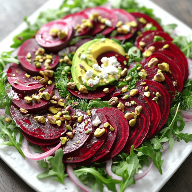 Für den Roasted Beet Goat Cheese Pistachio Salad benötigst du: - 4 mittelgroße Rote Beten, geröstet und in Scheiben geschnitten - 100 g Ziegenkäse, zerbröselt - 1 Tasse rohe Pistazien, geschält und grob gehackt - 5 Tassen gemischte Blattsalate (Rucola, Spinat und Baby-Grünkohl) - 1 kleine rote Zwiebel, dünn geschnitten - 1 Avocado, in Scheiben geschnitten - 3 Esslöffel Olivenöl - 2 Esslöffel Balsamico-Essig - Salz und Pfeffer nach Geschmack - Frische Kräuter (z.B. Dill oder Petersilie) zur Garnierung Die Rote Bete ist reich an Ballaststoffen, Vitaminen und Antioxidantien. Sie hilft, den Blutdruck zu senken und die Ausdauer zu steigern. Der Ziegenkäse liefert Calcium und Proteine. Er hat weniger Fett als viele andere Käsesorten. Pistazien sind tolle Snacks. Sie enthalten gesunde Fette, Eiweiß und viele Nährstoffe. Die Blattsalate bieten Vitamine und Mineralien, die wichtig für die Gesundheit sind. Avocados sind cremig und voller gesunder Fette. Sie sind gut für das Herz und die Haut. Wähle Rote Beten, die fest und glatt sind, ohne weiche Stellen. Frische Blattsalate sollten knackig und grün sein. Achte darauf, dass die Avocado leicht druckbar ist, aber nicht zu weich. Die Zwiebel sollte glänzend und ohne braune Flecken sein. Bei den Pistazien ist es gut, ungesalzen und frisch geknackt zu wählen. Frische Kräuter sollten einen starken, frischen Duft haben und grün aussehen. Heize deinen Ofen auf 200 °C vor. Wickele jede Rote Bete in Alufolie. Leg sie dann auf ein Backblech. Röste die Rote Beten für 45 bis 60 Minuten. Sie sind fertig, wenn du sie leicht mit einer Gabel durchstechen kannst. Lass sie abkühlen, bevor du sie schälst. Schneide die Rote Beten in dünne Scheiben. Diese süßen, erdigen Scheiben bringen Farbe und Geschmack in den Salat. Nimm eine kleine Schüssel und gib das Olivenöl hinein. Füge den Balsamico-Essig dazu. Streue etwas Salz und Pfeffer hinein. Schlage die Mischung mit einem Schneebesen gut durch, bis sie glatt ist. Du kannst das Dressing nach deinem Geschmack anpassen. Probiere es aus, um die perfekte Balance zu finden. Nimm eine große Schüssel. Gib die gemischten Blattsalate hinein. Füge die geschnittenen Rote Beten und die Avocado-Scheiben hinzu. Schneide die rote Zwiebel dünn und mische sie ebenfalls unter. Träufle das Dressing gleichmäßig über den Salat. Mische alles vorsichtig, damit jede Zutat gut bedeckt ist. Streue den zerbröselten Ziegenkäse gleichmäßig über den Salat. Füge die gehackten Pistazien hinzu. Diese Nüsse geben dem Salat einen knusprigen Biss und tollen Geschmack. Der Ziegenkäse sorgt für eine cremige Textur und einen würzigen Kick. Füge frische Kräuter wie Dill oder Petersilie hinzu. Diese geben dem Salat Farbe und frischen Geschmack. Richte den Salat auf einem großen weißen Teller an, um die Farben hervorzuheben. Du kannst die Rote Beten in Spiralen oder Fächerform anrichten. Serviere den Salat sofort und genieße jeden Bissen! Ein häufiger Fehler ist, die Rote Beten nicht genug zu rösten. Sie müssen weich sein. Wenn du sie zu kurz röstest, werden sie hart und schmecken nicht gut. Wickele sie gut in Alufolie, damit sie gleichmäßig garen. Ein weiterer Fehler ist das Dressing. Zu viel oder zu wenig kann den Salat ruinieren. Beginne mit weniger und füge nach Geschmack mehr hinzu. Das sorgt für ein ausgewogenes Aroma. Die Präsentation ist wichtig. Verwende einen großen weißen Teller. Das hebt die Farben der Rote Beten und der Blattsalate hervor. Arrangiere die Rote Bete in Spiralen oder Fächerform. Streue den Ziegenkäse und die Pistazien gleichmäßig darüber. Frische Kräuter geben dem Gericht einen frischen Look. Verwende eine schöne Schüssel für den Salat. Das macht den Salat einladender. Ein schöner Anblick macht das Essen noch besser. Du kannst den Salat leicht anpassen. Füge zum Beispiel geröstete Walnüsse hinzu. Sie geben einen tollen Crunch. Auch Feta-Käse kann eine gute Alternative zum Ziegenkäse sein. Für mehr Farbe kannst du Kirschtomaten oder Radieschen hinzufügen. Beides passt gut zu den Rote Beten. Wenn du es etwas süßer magst, probiere Honig oder Ahornsirup im Dressing. Das bringt eine interessante Note. {{image_4}} Dieser Salat ist von Natur aus glutenfrei. Die Zutaten wie Rote Bete, Ziegenkäse und Pistazien enthalten kein Gluten. Du kannst sicher sein, dass du einen leckeren, glutenfreien Genuss hast. Achte darauf, dass alle anderen Zutaten, wie der Balsamico-Essig, ebenfalls glutenfrei sind. So bleibst du fit und gesund! Um eine vegane Version zu machen, ersetze den Ziegenkäse. Nutze stattdessen einen veganen Käse oder eine Mischung aus Cashew-Creme. Die Rote Bete bleibt gleich. Pistazien und Blattsalate passen auch hier perfekt. Das Dressing kannst du wie gewohnt verwenden. Diese Variante bleibt gesund und voller Geschmack! Du kannst den Salat nach Saison anpassen. Im Frühling sind frische Erbsen eine tolle Ergänzung. Im Sommer füge Kirschtomaten hinzu, um den Geschmack aufzupeppen. Im Herbst sind geröstete Kürbiswürfel eine gute Wahl. Winterliche Zutaten wie Äpfel oder Orangen bringen eine frische Note. So bleibt der Salat das ganze Jahr spannend! Bewahre die Reste deines Salats in einem luftdichten Behälter auf. Du kannst ihn bis zu drei Tage im Kühlschrank lagern. Schichte die Zutaten getrennt, wenn möglich. So bleibt der Salat frisch. Verwende ein Stück Küchenpapier, um Feuchtigkeit zu absorbieren. Bereite die Rote Beten und das Dressing separat vor. So bleiben die Blattsalate knackig. Lagere die geschnittene Avocado in Zitronensaft, um die Farbe zu erhalten. Halte die Pistazien in einem trockenen, kühlen Ort. Das schützt ihren Geschmack und ihre Knusprigkeit. Der gesamte Salat hält sich bis zu drei Tage im Kühlschrank. Achte darauf, die Zutaten zusammenzufügen, kurz bevor du ihn servierst. So schmeckt er frisch und lecker. Wenn du feststellst, dass der Salat welk aussieht, ist es Zeit, ihn zu entsorgen. Das Rösten der Roten Beten dauert etwa 45 bis 60 Minuten. Zuerst heizt du den Ofen auf 200 °C vor. Wickele jede Rote Bete in Alufolie. Lege sie auf ein Backblech und röste sie, bis sie weich sind. Du kannst die Garstufe leicht mit einer Gabel testen. Wenn sie sich leicht durchstechen lassen, sind sie fertig. Ja, du kannst den Salat im Voraus zubereiten. Die Rote Bete kannst du einen Tag vorher rösten. Lass sie abkühlen und bewahre sie im Kühlschrank auf. Mische die anderen Zutaten kurz vor dem Servieren, damit der Salat frisch bleibt. Das Dressing kannst du auch im Voraus zubereiten. Bewahre es in einem separaten Behälter auf. Wenn du keinen Ziegenkäse magst, gibt es tolle Alternativen. Feta ist eine gute Wahl und hat einen ähnlichen Geschmack. Du kannst auch Hüttenkäse für eine leichtere Option verwenden. Veganer Käse aus Nüssen funktioniert auch gut. Probiere verschiedene Sorten aus, um deinen Lieblingsgeschmack zu finden. Ja, dieser Salat ist sehr gesund. Rote Beten sind reich an Vitaminen und Mineralien. Sie enthalten Antioxidantien, die gut für das Herz sind. Der Ziegenkäse liefert Protein und Kalzium. Die Pistazien sind eine tolle Quelle für gesunde Fette und Ballaststoffe. Zusammen ergeben sie eine nahrhafte und leckere Mahlzeit. Zusammenfassend haben wir alle Zutaten und deren Nährwerte betrachtet. Ich habe dir gezeigt, wie man den Salat Schritt für Schritt zubereitet. Beachte die Tipps, um häufige Fehler zu vermeiden und den Salat schön zu präsentieren. Du kannst auch Variationen ausprobieren, um ihn anzupassen. Lagere Reste richtig, um die Frische zu erhalten. Dieser Salat ist nicht nur lecker, sondern auch gesund. Viel Spaß beim Zubereiten und Genießen!