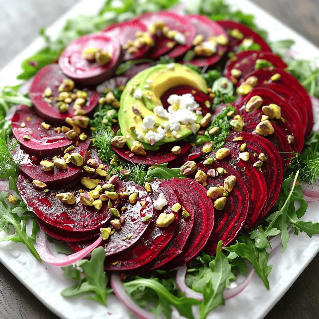 Für den Roasted Beet Goat Cheese Pistachio Salad benötigst du: - 4 mittelgroße Rote Beten, geröstet und in Scheiben geschnitten - 100 g Ziegenkäse, zerbröselt - 1 Tasse rohe Pistazien, geschält und grob gehackt - 5 Tassen gemischte Blattsalate (Rucola, Spinat und Baby-Grünkohl) - 1 kleine rote Zwiebel, dünn geschnitten - 1 Avocado, in Scheiben geschnitten - 3 Esslöffel Olivenöl - 2 Esslöffel Balsamico-Essig - Salz und Pfeffer nach Geschmack - Frische Kräuter (z.B. Dill oder Petersilie) zur Garnierung Die Rote Bete ist reich an Ballaststoffen, Vitaminen und Antioxidantien. Sie hilft, den Blutdruck zu senken und die Ausdauer zu steigern. Der Ziegenkäse liefert Calcium und Proteine. Er hat weniger Fett als viele andere Käsesorten. Pistazien sind tolle Snacks. Sie enthalten gesunde Fette, Eiweiß und viele Nährstoffe. Die Blattsalate bieten Vitamine und Mineralien, die wichtig für die Gesundheit sind. Avocados sind cremig und voller gesunder Fette. Sie sind gut für das Herz und die Haut. Wähle Rote Beten, die fest und glatt sind, ohne weiche Stellen. Frische Blattsalate sollten knackig und grün sein. Achte darauf, dass die Avocado leicht druckbar ist, aber nicht zu weich. Die Zwiebel sollte glänzend und ohne braune Flecken sein. Bei den Pistazien ist es gut, ungesalzen und frisch geknackt zu wählen. Frische Kräuter sollten einen starken, frischen Duft haben und grün aussehen. Heize deinen Ofen auf 200 °C vor. Wickele jede Rote Bete in Alufolie. Leg sie dann auf ein Backblech. Röste die Rote Beten für 45 bis 60 Minuten. Sie sind fertig, wenn du sie leicht mit einer Gabel durchstechen kannst. Lass sie abkühlen, bevor du sie schälst. Schneide die Rote Beten in dünne Scheiben. Diese süßen, erdigen Scheiben bringen Farbe und Geschmack in den Salat. Nimm eine kleine Schüssel und gib das Olivenöl hinein. Füge den Balsamico-Essig dazu. Streue etwas Salz und Pfeffer hinein. Schlage die Mischung mit einem Schneebesen gut durch, bis sie glatt ist. Du kannst das Dressing nach deinem Geschmack anpassen. Probiere es aus, um die perfekte Balance zu finden. Nimm eine große Schüssel. Gib die gemischten Blattsalate hinein. Füge die geschnittenen Rote Beten und die Avocado-Scheiben hinzu. Schneide die rote Zwiebel dünn und mische sie ebenfalls unter. Träufle das Dressing gleichmäßig über den Salat. Mische alles vorsichtig, damit jede Zutat gut bedeckt ist. Streue den zerbröselten Ziegenkäse gleichmäßig über den Salat. Füge die gehackten Pistazien hinzu. Diese Nüsse geben dem Salat einen knusprigen Biss und tollen Geschmack. Der Ziegenkäse sorgt für eine cremige Textur und einen würzigen Kick. Füge frische Kräuter wie Dill oder Petersilie hinzu. Diese geben dem Salat Farbe und frischen Geschmack. Richte den Salat auf einem großen weißen Teller an, um die Farben hervorzuheben. Du kannst die Rote Beten in Spiralen oder Fächerform anrichten. Serviere den Salat sofort und genieße jeden Bissen! Ein häufiger Fehler ist, die Rote Beten nicht genug zu rösten. Sie müssen weich sein. Wenn du sie zu kurz röstest, werden sie hart und schmecken nicht gut. Wickele sie gut in Alufolie, damit sie gleichmäßig garen. Ein weiterer Fehler ist das Dressing. Zu viel oder zu wenig kann den Salat ruinieren. Beginne mit weniger und füge nach Geschmack mehr hinzu. Das sorgt für ein ausgewogenes Aroma. Die Präsentation ist wichtig. Verwende einen großen weißen Teller. Das hebt die Farben der Rote Beten und der Blattsalate hervor. Arrangiere die Rote Bete in Spiralen oder Fächerform. Streue den Ziegenkäse und die Pistazien gleichmäßig darüber. Frische Kräuter geben dem Gericht einen frischen Look. Verwende eine schöne Schüssel für den Salat. Das macht den Salat einladender. Ein schöner Anblick macht das Essen noch besser. Du kannst den Salat leicht anpassen. Füge zum Beispiel geröstete Walnüsse hinzu. Sie geben einen tollen Crunch. Auch Feta-Käse kann eine gute Alternative zum Ziegenkäse sein. Für mehr Farbe kannst du Kirschtomaten oder Radieschen hinzufügen. Beides passt gut zu den Rote Beten. Wenn du es etwas süßer magst, probiere Honig oder Ahornsirup im Dressing. Das bringt eine interessante Note. {{image_4}} Dieser Salat ist von Natur aus glutenfrei. Die Zutaten wie Rote Bete, Ziegenkäse und Pistazien enthalten kein Gluten. Du kannst sicher sein, dass du einen leckeren, glutenfreien Genuss hast. Achte darauf, dass alle anderen Zutaten, wie der Balsamico-Essig, ebenfalls glutenfrei sind. So bleibst du fit und gesund! Um eine vegane Version zu machen, ersetze den Ziegenkäse. Nutze stattdessen einen veganen Käse oder eine Mischung aus Cashew-Creme. Die Rote Bete bleibt gleich. Pistazien und Blattsalate passen auch hier perfekt. Das Dressing kannst du wie gewohnt verwenden. Diese Variante bleibt gesund und voller Geschmack! Du kannst den Salat nach Saison anpassen. Im Frühling sind frische Erbsen eine tolle Ergänzung. Im Sommer füge Kirschtomaten hinzu, um den Geschmack aufzupeppen. Im Herbst sind geröstete Kürbiswürfel eine gute Wahl. Winterliche Zutaten wie Äpfel oder Orangen bringen eine frische Note. So bleibt der Salat das ganze Jahr spannend! Bewahre die Reste deines Salats in einem luftdichten Behälter auf. Du kannst ihn bis zu drei Tage im Kühlschrank lagern. Schichte die Zutaten getrennt, wenn möglich. So bleibt der Salat frisch. Verwende ein Stück Küchenpapier, um Feuchtigkeit zu absorbieren. Bereite die Rote Beten und das Dressing separat vor. So bleiben die Blattsalate knackig. Lagere die geschnittene Avocado in Zitronensaft, um die Farbe zu erhalten. Halte die Pistazien in einem trockenen, kühlen Ort. Das schützt ihren Geschmack und ihre Knusprigkeit. Der gesamte Salat hält sich bis zu drei Tage im Kühlschrank. Achte darauf, die Zutaten zusammenzufügen, kurz bevor du ihn servierst. So schmeckt er frisch und lecker. Wenn du feststellst, dass der Salat welk aussieht, ist es Zeit, ihn zu entsorgen. Das Rösten der Roten Beten dauert etwa 45 bis 60 Minuten. Zuerst heizt du den Ofen auf 200 °C vor. Wickele jede Rote Bete in Alufolie. Lege sie auf ein Backblech und röste sie, bis sie weich sind. Du kannst die Garstufe leicht mit einer Gabel testen. Wenn sie sich leicht durchstechen lassen, sind sie fertig. Ja, du kannst den Salat im Voraus zubereiten. Die Rote Bete kannst du einen Tag vorher rösten. Lass sie abkühlen und bewahre sie im Kühlschrank auf. Mische die anderen Zutaten kurz vor dem Servieren, damit der Salat frisch bleibt. Das Dressing kannst du auch im Voraus zubereiten. Bewahre es in einem separaten Behälter auf. Wenn du keinen Ziegenkäse magst, gibt es tolle Alternativen. Feta ist eine gute Wahl und hat einen ähnlichen Geschmack. Du kannst auch Hüttenkäse für eine leichtere Option verwenden. Veganer Käse aus Nüssen funktioniert auch gut. Probiere verschiedene Sorten aus, um deinen Lieblingsgeschmack zu finden. Ja, dieser Salat ist sehr gesund. Rote Beten sind reich an Vitaminen und Mineralien. Sie enthalten Antioxidantien, die gut für das Herz sind. Der Ziegenkäse liefert Protein und Kalzium. Die Pistazien sind eine tolle Quelle für gesunde Fette und Ballaststoffe. Zusammen ergeben sie eine nahrhafte und leckere Mahlzeit. Zusammenfassend haben wir alle Zutaten und deren Nährwerte betrachtet. Ich habe dir gezeigt, wie man den Salat Schritt für Schritt zubereitet. Beachte die Tipps, um häufige Fehler zu vermeiden und den Salat schön zu präsentieren. Du kannst auch Variationen ausprobieren, um ihn anzupassen. Lagere Reste richtig, um die Frische zu erhalten. Dieser Salat ist nicht nur lecker, sondern auch gesund. Viel Spaß beim Zubereiten und Genießen!
