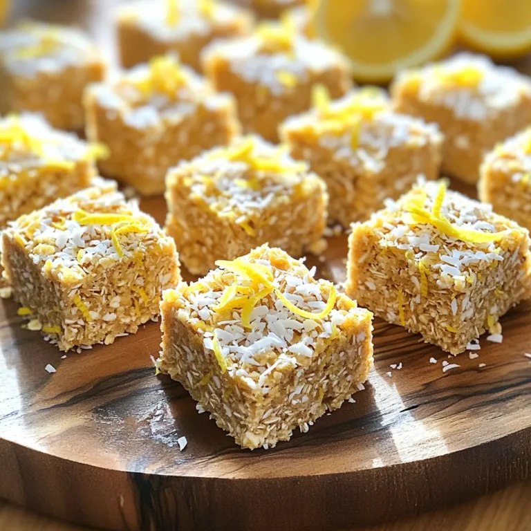Für die No-Bake Lemon Coconut Energy Squares benötigst du: - 1 Tasse Haferflocken (gerollt) - 1 Tasse ungesüßte, geraspelte Kokosnuss - 1/2 Tasse Mandelbutter (oder eine andere Nuss-/Samenbutter) - 1/4 Tasse Ahornsirup oder Honig - Schale von 2 Zitronen - 1/4 Tasse frisch gepresster Zitronensaft - 1 Teelöffel Vanilleextrakt - Eine Prise Salz - Optional: 1/4 Tasse gehackte Nüsse oder Samen für zusätzlichen Crunch Diese Zutaten sind einfach zu finden. Sie bieten eine gute Mischung aus Geschmack und Nährstoffen. Jede Zutat bringt ihre eigenen Nährstoffe mit: - Haferflocken: Sie sind reich an Ballaststoffen und geben dir Energie. - Kokosnuss: Sie hat gesunde Fette und sorgt für einen leckeren Geschmack. - Mandelbutter: Sie ist eine gute Quelle für Eiweiß und gesunde Fette. - Ahornsirup oder Honig: Diese Süßstoffe liefern natürliche Süße und Antioxidantien. - Zitronen: Sie fügen Vitamin C hinzu und bringen Frische. - Vanilleextrakt: Er gibt einen warmen Geschmack und macht die Mischung lecker. - Salz: Es verstärkt die Aromen und balanciert die Süße. Die Nährstoffe machen diese Energy Squares zu einem gesunden Snack. Wenn du mehr Biss magst, füge gehackte Nüsse oder Samen hinzu. - Mandeln: Sie sind knackig und fügen gesunde Fette hinzu. - Walnüsse: Sie haben einen reichen Geschmack und viele Nährstoffe. - Sonnenblumenkerne: Sie sind knusprig und reich an Vitaminen. Mit diesen Zutaten kannst du die Squares nach deinem Geschmack anpassen. Experimentiere ruhig! Um die Mischung für die No-Bake Lemon Coconut Energy Squares zu erstellen, beginne ich mit einer großen Rührschüssel. Ich gebe eine Tasse Haferflocken und eine Tasse ungesüßte Kokosnuss hinein. Diese beiden Zutaten bilden die Basis. Es ist wichtig, dass sie gut vermengt werden, damit der Geschmack gleichmäßig verteilt ist. Dann erwärme ich in einem kleinen Topf bei schwacher Hitze eine halbe Tasse Mandelbutter und ein Viertel Tasse Ahornsirup. Nach ein bis zwei Minuten nehme ich den Topf vom Herd. Ich füge die Schale von zwei Zitronen, frisch gepressten Zitronensaft, einen Teelöffel Vanilleextrakt und eine Prise Salz hinzu. Jetzt rühre ich alles gut um, bis die Mischung homogen ist. Nun gieße ich die flüssige Mischung über die trockenen Zutaten in der Rührschüssel. Es ist wichtig, alles gut zu vermengen. So werden die Haferflocken und die Kokosnuss gleichmäßig beschichtet. Wenn ich möchte, kann ich auch eine Viertel Tasse gehackte Nüsse oder Samen für mehr Biss unterheben. Diese Option macht die Energie Squares noch spannender. Jetzt bereite ich eine 8x8 Zoll große Backform vor. Ich lege sie mit Backpapier aus und lasse die Ränder überstehen. Das erleichtert später das Herausnehmen. Ich gebe die Mischung in die Form und drücke sie mit der Rückseite eines Spatels oder meinen Händen fest. Es sollte eine gleichmäßige Schicht entstehen. Dann stelle ich die Form für mindestens 30 Minuten in den Kühlschrank. So werden die Energy Squares fest. Nach dem Festwerden nehme ich sie mithilfe des überstehenden Backpapiers aus der Form. Ich schneide sie in Quadrate oder Riegel. Jetzt sind sie bereit zum Genießen! Um die No-Bake Lemon Coconut Energy Squares beim ersten Mal perfekt hinzubekommen, ist es wichtig, die Zutaten genau abzuwiegen. Verwenden Sie frische Zitronen für den besten Geschmack. Das richtige Verhältnis von nassen und trockenen Zutaten sorgt für eine gute Konsistenz. Drücken Sie die Mischung in die Form fest, damit sie besser zusammenhält. Wenn Sie alles gut vermengen, sollten die Haferflocken und die Kokosnuss gleichmäßig bedeckt sein. Die Energy Squares sind einfach zu lagern. Bewahren Sie die Quadrate in einem luftdichten Behälter auf. Im Kühlschrank halten sie sich etwa eine Woche. Wenn Sie die Squares länger aufbewahren möchten, können Sie sie einfrieren. Legen Sie sie dazu in einen gefriergeeigneten Behälter oder wickeln Sie sie in Frischhaltefolie. So bleiben sie bis zu drei Monate frisch. Die Konsistenz ist entscheidend für das Gelingen. Die Mischung sollte feucht, aber nicht matschig sein. Wenn es zu trocken ist, fügen Sie einen Esslöffel mehr Mandelbutter oder Honig hinzu. Ist die Mischung zu feucht, geben Sie etwas mehr Haferflocken hinzu. Testen Sie die Mischung, indem Sie eine kleine Menge drücken. Sie sollte zusammenhalten, wenn Sie sie in der Hand halten. {{image_4}} Eine schokoladige Variante ist einfach. Füge 2-3 Esslöffel Kakaopulver hinzu. Misch das Kakaopulver mit den Haferflocken und der Kokosnuss. So bekommst du einen schokoladigen Geschmack. Diese Option ist perfekt für Schokoladenliebhaber. Du kannst auch andere Zitrusfrüchte verwenden. Probier Limetten oder Orangen. Verwende die Schale und den Saft der Zitrusfrüchte. Das gibt den Squares einen neuen, frischen Geschmack. Diese Variationen sind ideal, wenn du etwas Neues willst. Für eine vegane Option nimm einfach Ahornsirup. Achte darauf, dass deine Nussbutter vegan ist. Um glutenfrei zu bleiben, wähle glutenfreie Haferflocken. So können alle dieses leckere Rezept genießen. Diese Optionen machen die Squares für viele Menschen zugänglich. Um die No-Bake Lemon Coconut Energy Squares frisch zu halten, lege sie in einen luftdichten Behälter. Verwende am besten einen Behälter mit einem Deckel, der gut schließt. So bleibt die Feuchtigkeit draußen. Wenn du die Squares schichtweise stapelst, lege zwischen jede Schicht ein Stück Backpapier. Das verhindert, dass sie zusammenkleben. Im Kühlschrank bleiben die Energy Squares etwa eine Woche frisch. Wenn du sie länger aufbewahren möchtest, friere sie ein. Im Gefrierfach halten sie bis zu drei Monate. Denke daran, sie gut zu verpacken, um Gefrierbrand zu vermeiden. Ein luftdichter Behälter oder ein Gefrierbeutel eignet sich gut dafür. Wenn du die Energy Squares aus dem Gefrierfach nimmst, lasse sie bei Raumtemperatur auftauen. Das dauert etwa 15 bis 30 Minuten. Du kannst sie auch über Nacht im Kühlschrank auftauen lassen. So bleiben sie frisch und lecker. Genieße die Squares als Snack oder nach dem Sport. Sie sind perfekt, um dir neue Energie zu geben! Ja, du kannst die Zutaten leicht anpassen. Verwende Erdnussbutter statt Mandelbutter. Oder probiere andere Nüsse. Du kannst auch die Kokosnuss weglassen, wenn du magst. Füge Trockenfrüchte wie Cranberries oder Datteln hinzu. Das gibt den Energy Squares einen süßen Kick. Sei kreativ und passe das Rezept nach deinem Geschmack an. Ein Quadrat hat etwa 150 Kalorien. Die genaue Anzahl hängt von den Zutaten ab, die du verwendest. Wenn du mehr Nüsse oder Honig hinzufügst, steigt die Kalorienzahl. Achte darauf, die Portionen zu kontrollieren. So bleibst du im Rahmen deiner Kalorienziele. Die Energy Squares halten sich im Kühlschrank etwa eine Woche. Du kannst sie auch einfrieren. Im Gefrierfach bleiben sie bis zu drei Monate frisch. Stelle sicher, dass du sie in einem luftdichten Behälter aufbewahrst. So bleiben sie lecker und gesund. Die No-Bake Lemon Coconut Energy Squares sind einfach zuzubereiten. Ich habe dir die Hauptzutaten und deren Nährwerte gezeigt. Du kannst auch zusätzliche Zutaten für mehr Crunch hinzufügen. Die Schritt-für-Schritt-Anleitung hilft dir, die Mischung perfekt hinzubekommen. Denke an die Tipps, um die Squares lange frisch zu halten. Mit Variationen wie Schokolade oder anderen Früchten kannst du kreativ werden. Schlussendlich sind diese Energy Squares lecker und gesund. Versuch es und viel Spaß beim Genießen!