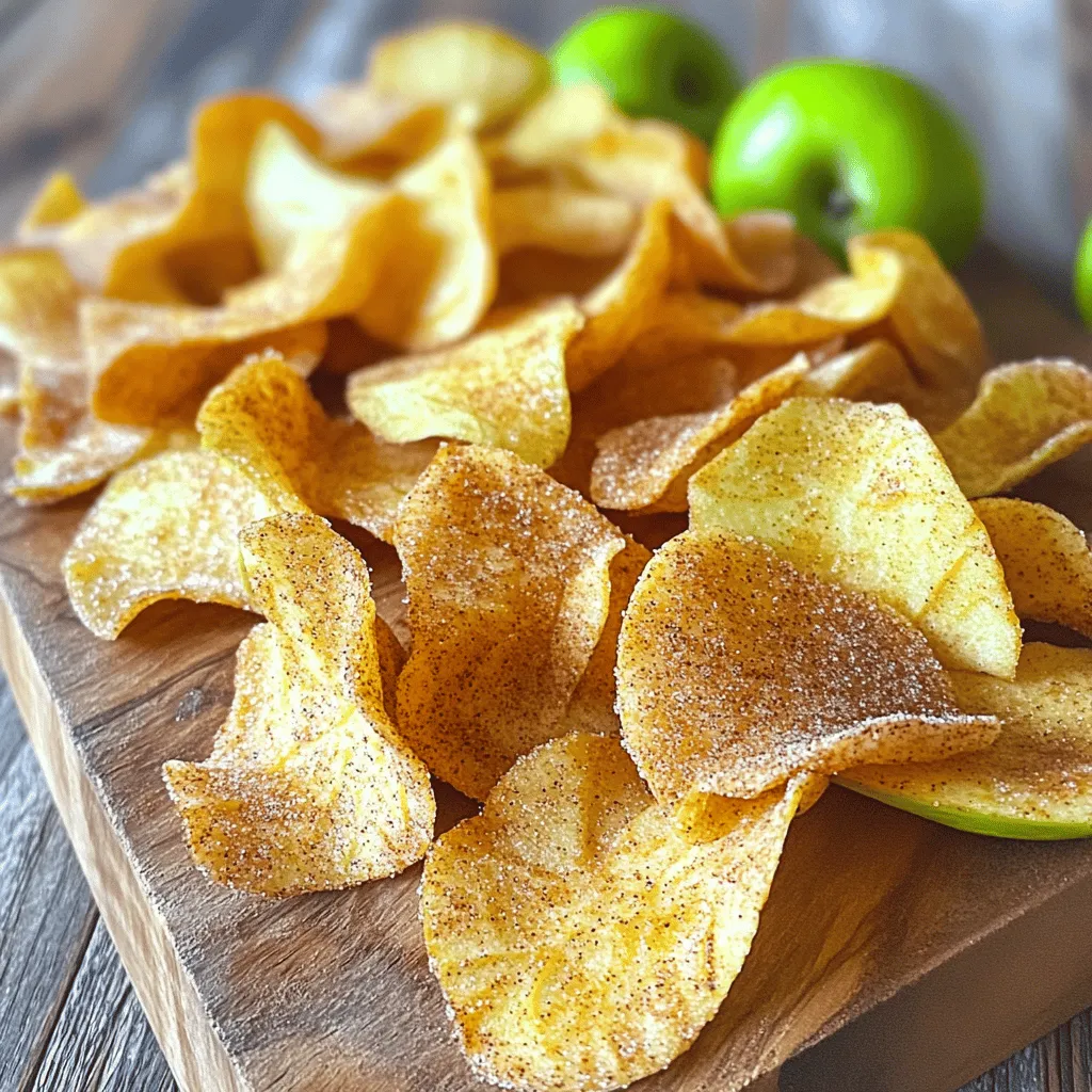 - 2 große Äpfel (z. B. Honeycrisp oder Fuji) - 2 Esslöffel Kristallzucker - 1 Teelöffel gemahlener Zimt Ich wähle immer frische Äpfel für mein Rezept. Honeycrisp und Fuji sind perfekt. Sie sind süß und knackig, was die Chips besonders lecker macht. Die Apfelchips sind einfach und machen Spaß zu essen. Ich verwende Kristallzucker, um die Süße zu verstärken. Er hilft, die Zimt-Aromen gut zu verbinden. Der gemahlene Zimt bringt den warmen Geschmack, den jeder liebt. - 1 Esslöffel Zitronensaft - Eine Prise Salz Der Zitronensaft ist wichtig. Er verhindert, dass die Äpfel braun werden. Außerdem bringt er einen frischen Geschmack. Eine kleine Prise Salz verstärkt die Süße der Chips. Mit diesen Zutaten kannst du deine Apfelchips leicht und schnell zubereiten. Sie sind ein gesunder Snack, der einfach zu machen ist. Heize deinen Backofen auf 200°F (95°C) vor. Lege ein Backblech mit Backpapier aus, um die Chips nicht anzuhaften. Wasche die Äpfel gründlich und entferne das Kerngehäuse. So bleiben die Chips gesund und schmackhaft. Nutze eine Mandoline oder ein scharfes Messer. Achte darauf, die Äpfel in gleichmäßige Scheiben zu schneiden. Die Dicke sollte etwa 1/8 Zoll betragen. Dünne Scheiben werden knuspriger und leckerer. In einer kleinen Schüssel vermischst du Kristallzucker, gemahlenen Zimt und eine Prise Salz. Diese Mischung gibt den Chips den perfekten Geschmack. Behandle die Apfelscheiben mit Zitronensaft. Das verhindert, dass sie braun werden, und sorgt für einen frischen Geschmack. Lege die Apfelscheiben in einer einzigen Schicht auf das Backblech. Achte darauf, dass sich die Scheiben nicht überlappen. Backe die Apfelchips für etwa 1,5 bis 2 Stunden. Wende die Chips nach der Hälfte der Zeit um. So werden sie gleichmäßig knusprig und goldbraun. Nach dem Backen lasse die Chips vollständig auf dem Blech auskühlen. Sie werden beim Abkühlen noch knuspriger. Die Wahl der Äpfel ist wichtig für knusprige Chips. Ich empfehle Honeycrisp oder Fuji für ihren süßen Geschmack. Diese Sorten sind fest und behalten ihre Form gut. Achte auf frische Äpfel. Frische Äpfel haben eine feste Haut und einen knackigen Klang, wenn du sie leicht drückst. Überreife Äpfel sind weich und eignen sich nicht gut für Chips. Um die perfekte Knusprigkeit zu erreichen, wende die Chips während des Backens. Halbiere die Backzeit und drehe die Chips vorsichtig um. So werden beide Seiten gleichmäßig knusprig. Lass die Chips nach dem Backen vollständig auf dem Blech abkühlen. Während des Abkühlens werden sie noch knuspriger. Wenn du Allergien oder Unverträglichkeiten hast, passe das Rezept an. Verwende Zuckeralternativen wie Stevia oder Honig. Diese Optionen sind oft süß und gesund. Achte auf die Zutaten, um sicherzugehen, dass sie deinen Bedürfnissen entsprechen. So kannst du die Chips genießen, ohne dir Sorgen zu machen. {{image_4}} Du kannst deinen Apfelchips neuen Schwung verleihen! Füge etwas Muskatnuss hinzu. Ein Hauch Vanille bringt eine süße Note. Diese Gewürze passen gut zu Zimt und machen die Chips noch leckerer. Hast du schon einmal andere Früchte verwendet? Birnen oder Mangos sind tolle Alternativen. Sie haben einen eigenen Geschmack und eine andere Textur. Probiere es aus und entdecke neue Lieblingskombinationen! Wenn du auf Zucker verzichten möchtest, gibt es gute Alternativen. Verwende Zuckeralternativen wie Stevia oder Erythrit. Diese Süßstoffe haben weniger Kalorien und sind gut für die Gesundheit. Kokoszucker ist eine weitere großartige Wahl. Er hat einen milden, karamellartigen Geschmack. Honig ist auch eine Option, wenn du es süß magst. Achte darauf, die Menge anzupassen, da Honig süßer ist. Präsentation macht alles aus! Serviere deine Apfelchips in einer schönen Schale. Du kannst sie mit Zimtstangen dekorieren. Das sieht nicht nur gut aus, sondern gibt auch mehr Aroma. Denke auch an die Farben. Lege die Chips auf eine helle Platte. So kommen die goldbraunen Chips gut zur Geltung. Ein paar frische Minzblätter als Garnitur machen den Look perfekt. Um deine Apfelchips frisch zu halten, nutze einen luftdichten Behälter. Ein Glas oder eine Kunststoffbox ist ideal. Diese Behälter schützen die Chips vor Feuchtigkeit und sorgen für Knusprigkeit. - Luftdichter Behälter: Schützt vor Feuchtigkeit. - Aufbewahrung bei Zimmertemperatur: Ideal für frische Chips. - Vermeidung von direkter Sonneneinstrahlung: Halte die Chips kühl und dunkel. Für die beste Frische lagere die Chips nicht im Kühlschrank. Die Kälte kann sie weich machen. Wenn du die Chips vor dem Servieren wieder aufknuspern möchtest, lege sie kurz in den Ofen. So werden sie wieder knusprig. Die Haltbarkeit von Apfelchips beträgt etwa zwei Wochen, wenn sie richtig gelagert werden. Nach zwei Wochen können sie jedoch an Knusprigkeit verlieren. - Zwei Wochen Haltbarkeit: Bei guter Lagerung. - Hinweise zur Wiederverwendung: Alte Chips können in einem Müsli oder Joghurt gut verwendet werden. So kannst du ihnen neues Leben geben. Achte darauf, dass die Chips nicht schimmeln oder weich werden. Wenn sie nicht knusprig sind, ist es besser, sie nicht mehr zu essen. Die Zubereitung der Apfelchips dauert etwa 10 Minuten. Das Backen nimmt 1,5 bis 2 Stunden in Anspruch. Du solltest die Chips nach einer Stunde wenden, um eine gleichmäßige Bräunung zu erreichen. Am besten überprüfst du die Chips nach 1,5 Stunden. Sie sind fertig, wenn sie knusprig und leicht goldbraun sind. Lass sie nach dem Backen auf dem Blech auskühlen, damit sie noch knuspriger werden. Ja, du kannst viele andere Früchte verwenden. Birnen sind eine tolle Option. Sie haben eine ähnliche Textur und einen süßen Geschmack. Auch Mangos oder Ananas eignen sich gut. Achte darauf, die Früchte dünn zu schneiden, damit sie gleichmäßig backen. Du kannst auch verschiedene Gewürze ausprobieren, um neue Geschmäcker zu kreieren. Ja, die Apfelchips sind glutenfrei. Alle verwendeten Zutaten sind von Natur aus glutenfrei. Du brauchst nur frische Äpfel, Zucker, Zimt und Salz. Achte darauf, dass der Zucker keine versteckten Glutenquellen hat. Wenn du andere Früchte hinzufügst, bleibt das Rezept ebenfalls glutenfrei. So kannst du die Chips ohne Bedenken genießen. Apfelchips sind einfach zu machen und lecker. Sie bestehen aus frischen Äpfeln, Zucker, Zimt und vielleicht etwas Salz. Der Prozess ist leicht: Äpfel schneiden, würzen und backen. Denke daran, die Chips während des Backens zu wenden, damit sie knusprig werden. Experimentiere mit anderen Früchten oder Gewürzen, um Variationen zu schaffen. Lagere die Chips in einem luftdichten Behälter für die beste Frische. Jetzt weißt du, wie du gesunde Snacks selbst herstellen kannst. Viel Spaß beim Ausprobieren!