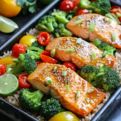 - 4 Lachsfilets (je 170 g) - 1 Tasse Brokkoliröschen - 1 Tasse Paprika, in Streifen geschnitten - 1 Tasse Kirschtomaten, halbiert Die Hauptzutaten sind einfach und nahrhaft. Die Lachsfilets geben viel Geschmack. Brokkoli bringt eine schöne grüne Farbe. Paprika sorgt für Süße und Knusprigkeit. Kirschtomaten fügen Frische hinzu. Diese Kombination macht die Schalen bunt und lecker. - 2 Esslöffel Sesamöl - 3 Esslöffel Sojasoße (oder Tamari für glutenfrei) - 1 Esslöffel frischer Ingwer, gerieben - 2 Knoblauchzehen, fein gehackt - 1 Esslöffel Honig oder Ahornsirup - 1 Teelöffel Reisessig Die Marinade ist der Schlüssel zu diesem Gericht. Das Sesamöl bringt einen nussigen Geschmack. Sojasoße fügt Tiefe hinzu. Ingwer und Knoblauch geben einen scharfen Kick. Honig oder Ahornsirup balancieren die Aromen. Reisessig bringt Säure und Frische. Diese Mischung macht den Lachs saftig und aromatisch. Heize deinen Ofen auf 220°C vor. Lege ein großes Backblech mit Backpapier oder Alufolie aus. Das macht die Reinigung leichter. Diese kleinen Schritte helfen, die Zubereitung einfach zu halten. In einer mittleren Schüssel vermenge die folgenden Zutaten: - 2 Esslöffel Sesamöl - 3 Esslöffel Sojasoße - 1 Esslöffel geriebenen Ingwer - 2 fein gehackte Knoblauchzehen - 1 Esslöffel Honig oder Ahornsirup - 1 Teelöffel Reisessig Rühre alles gut um. Lege dann die Lachsfilets mit der Hautseite nach unten auf eine Seite des Backblechs. Gieße die Hälfte der Marinade über die Filets. Achte darauf, dass sie gleichmäßig bedeckt sind. Verteile das Gemüse auf der anderen Seite des Blechs. Verwende diese Zutaten: - 1 Tasse Brokkoliröschen - 1 Tasse Paprika, in Streifen geschnitten - 1 Tasse Kirschtomaten, halbiert Träufle die restliche Marinade über das Gemüse. Mische alles gut. Backe das Ganze für 15-20 Minuten. Der Lachs sollte gar sein und sich leicht zerteilen lassen. Das Gemüse bleibt zart, aber knackig. Währenddessen koche den Naturreis oder die Quinoa. Zum Servieren fülle eine Schüssel mit Reis oder Quinoa. Lege ein Lachsfilet darauf und füge das geröstete Gemüse hinzu. Das sieht nicht nur gut aus, es schmeckt auch wunderbar! Um den perfekten Lachs zu erreichen, ist die Garzeit wichtig. Backen Sie den Lachs bei 220°C. Die ideale Zeit ist 15 bis 20 Minuten. Der Lachs sollte gar, aber saftig sein. Er ist perfekt, wenn er sich leicht mit einer Gabel zerteilen lässt. Achten Sie darauf, den Lachs nicht zu lange zu backen. Zu viel Hitze macht ihn trocken. Die Marinade ist der Schlüssel zu vollem Geschmack. Wenn Sie Abwechslung möchten, probieren Sie andere Zutaten. Für eine scharfe Note fügen Sie etwas Chili hinzu. Für mehr Süße können Sie mehr Honig oder Ahornsirup verwenden. Auch eine Mischung aus verschiedenen Sojasoßen kann interessant sein. Experimentieren Sie mit dem Geschmack, bis Sie Ihre perfekte Marinade finden. Präsentation macht jedes Gericht besonders. Richten Sie Ihre Lachs-Bowls mit buntem Gemüse an. Nutzen Sie helle Farben, um die Schalen lebendig zu machen. Eine Limettenscheibe daneben bringt Frische. Garnieren Sie mit geschnittenen Frühlingszwiebeln und Sesamsamen. So wird Ihr Gericht nicht nur lecker, sondern sieht auch toll aus! {{image_4}} Wenn du eine vegetarische Option möchtest, kannst du Lachs durch Quinoa und Gemüse ersetzen. Quinoa ist nahrhaft und lecker. Koche die Quinoa nach den Anweisungen auf der Verpackung. Verwende dann dein Lieblingsgemüse, wie Zucchini oder Karotten. Mische alles mit der Marinade aus Sesamöl und Sojasoße für den vollen Geschmack. Du bekommst eine gesunde und sättigende Bowl. Wenn du Gluten meiden möchtest, benutze Tamari anstelle von Sojasoße. Tamari hat einen ähnlichen Geschmack, ist aber glutenfrei. Es passt gut zu den anderen Zutaten und verändert den Geschmack nicht. Diese kleine Änderung macht deine Bowl für jeden geeignet. Um mehr Geschmack zu bekommen, kannst du zusätzliche Toppings hinzufügen. Probiere Avocado, Nüsse oder frische Kräuter wie Koriander. Diese Toppings machen deine Bowl noch bunter und schmackhafter. Eine Limettenscheibe oder ein Spritzer Limettensaft gibt einen frischen Kick. Experimentiere mit verschiedenen Kombinationen, um deine perfekte Bowl zu finden! Um die Reste Ihrer Sheet-Pan Sesame Ginger Salmon Bowls richtig aufzubewahren, nutzen Sie luftdichte Behälter. Lassen Sie die Bowls zuerst auf Raumtemperatur abkühlen. Danach können Sie die Schalen in den Kühlschrank stellen. Sie halten sich dort bis zu drei Tage frisch. Achten Sie darauf, die Lachsfilets und das Gemüse getrennt vom Reis oder Quinoa aufzubewahren, um die beste Textur zu erhalten. Um die Bowls aufzuwärmen, verwenden Sie die Mikrowelle oder den Ofen. In der Mikrowelle können Sie die Reste in 1-2 Minuten erhitzen. Decken Sie die Schalen ab, damit sie nicht austrocknen. Im Ofen heizen Sie ihn auf 180 °C vor. Legen Sie die Bowls in eine Auflaufform und erwärmen Sie sie etwa 10 Minuten lang. So bleibt der Lachs saftig und das Gemüse bleibt knackig. Die Frische der Zutaten ist wichtig für den Geschmack. Überprüfen Sie den Lachs vor der Verwendung. Er sollte frisch riechen und eine leuchtende Farbe haben. Das Gemüse muss fest und knackig sein. Wenn Sie Kirschtomaten verwenden, achten Sie darauf, dass sie keine Druckstellen haben. Lagern Sie alle Zutaten im Kühlschrank und verwenden Sie sie innerhalb von zwei bis drei Tagen für beste Ergebnisse. Die Zubereitung dauert insgesamt 35 Minuten. - Vorbereitungszeit: 15 Minuten - Garzeit: 20 Minuten Diese Zeit umfasst das Schneiden des Gemüses und das Marinieren des Lachses. So schnell können Sie eine gesunde und schmackhafte Mahlzeit genießen! Ja, Sie können verschiedene Gemüsesorten nutzen. - Zucchini - Karotten - Spargel Diese Alternativen sind lecker und passen gut zur Marinade. Wählen Sie saisonales Gemüse für den besten Geschmack. So bleibt Ihr Gericht frisch und farbenfroh! Es gibt viele Möglichkeiten, die Marinade zu ändern. - Fügen Sie Limettensaft für einen spritzigen Geschmack hinzu. - Verwenden Sie Chili für eine scharfe Note. - Probieren Sie Süß-soja-Soße für mehr Süße. Diese Variationen können neue Geschmäcker in Ihre Lachs-Bowls bringen. Experimentieren Sie und finden Sie Ihre Lieblingskombination! Die Lachs-Bowls sind einfach und lecker. Sie bestehen aus frischen Zutaten wie Lachs, Gemüse und einer köstlichen Marinade. In diesem Blogpost habe ich die Schritte zur Zubereitung, Tipps zur perfekten Garzeit und Variationen für jeden Geschmack erklärt. Außerdem lernen Sie, wie Sie Reste richtig lagern können. Nutzen Sie diese Informationen, um Ihre eigene Bowl zu kreieren. So genießen Sie nicht nur gesunde Speisen, sondern auch spannende Geschmackserlebnisse. Probieren Sie es aus!