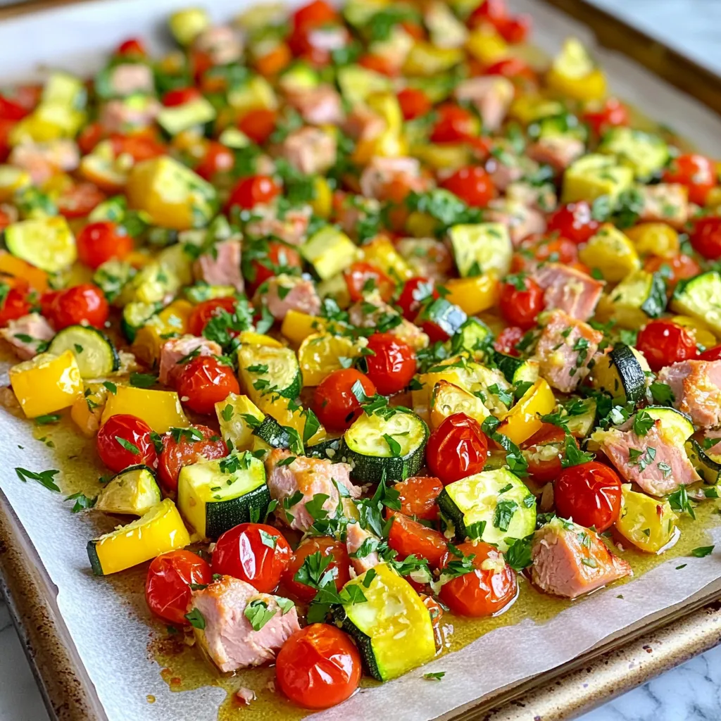 Für unser leckeres Sheet Pan Lemon Garlic Tuna und Veggies brauchen wir: - 2 Dosen Thunfisch (in Wasser), abgetropft - 1 rote Paprika, in Streifen geschnitten - 1 Zucchini, in Scheiben geschnitten - 1 Tasse Kirschtomaten, halbiert - 1 rote Zwiebel, in Ringe geschnitten - 4 Knoblauchzehen, fein gehackt - 1 Zitrone (Schale und Saft) - 3 Esslöffel Olivenöl - 1 Teelöffel getrockneter Oregano - 1 Teelöffel geräuchertes Paprika-Pulver - Salz und Pfeffer nach Geschmack - Frische Petersilie, gehackt, zur Garnitur Frisches Gemüse macht dieses Gericht besonders lecker. Achte beim Kauf auf: - Farbe: Wähle Gemüse mit leuchtenden Farben. Es zeigt Frische. - Festigkeit: Das Gemüse sollte fest sein, nicht matschig. - Geruch: Frisches Gemüse hat einen angenehmen Duft. - Saison: Kaufe saisonales Gemüse. Es schmeckt besser und ist oft günstiger. Wenn du keinen Dosen-Thunfisch magst, gibt es tolle Alternativen: - Frischer Thunfisch: Verwende frischen Thunfisch. Er hat einen tollen Geschmack. - Lachs: Geräucherter oder frischer Lachs passt ebenfalls gut. - Kichererbsen: Für eine vegetarische Option sind Kichererbsen ideal. Sie bringen Protein und einen nussigen Geschmack. Mit diesen Zutaten und Tipps wird dein Gericht ein Hit! Heize zuerst den Ofen auf 200°C vor. Lege dann ein Backblech mit Backpapier aus. Das macht die Reinigung später einfacher. Achte darauf, dass das Papier gut haftet. So bleibt alles an seinem Platz, wenn du die Mischung darauf legst. In einer großen Schüssel vermischst du den abgetropften Thunfisch mit dem geschnittenen Gemüse. Nimm die rote Paprika, die Zucchini, die Kirschtomaten und die rote Zwiebel. Schneide das Gemüse in gleich große Stücke. So garen sie gleichmäßig. Mische alles gut durch, damit der Thunfisch und das Gemüse sich gut verteilen. In einer kleinen Schüssel vermischst du den fein gehackten Knoblauch mit der Zitronenschale und dem Zitronensaft. Füge das Olivenöl, den Oregano, das geräucherte Paprika-Pulver, Salz und Pfeffer hinzu. Verquirle alles gut mit einer Gabel. Diese Mischung gibt dem Gericht seinen tollen Geschmack. Verteile nun die Thunfisch- und Gemüsemischung gleichmäßig auf dem Backblech. Gieße die Zitronen-Knoblauch-Mischung darüber. Rühre vorsichtig um, sodass alle Zutaten gut bedeckt sind. Backe das Gericht 15 bis 20 Minuten lang. Achte darauf, dass das Gemüse zart wird und der Thunfisch leicht knusprig an den Rändern ist. Nach dem Backen, lass es kurz abkühlen und garniere es mit frischer Petersilie. Um den vollen Geschmack zu erreichen, beginne mit frischen Zutaten. Ich empfehle, die Zitrone frisch zu reiben und den Saft direkt auszupressen. Das gibt dem Gericht eine lebendige Note. Nutze auch hochwertiges Olivenöl, es macht einen großen Unterschied. Das geräucherte Paprika-Pulver sorgt für eine angenehme Tiefe. Experimentiere mit Salz und Pfeffer, um den perfekten Geschmack zu finden. Serviere den Auflauf direkt auf den Tellern. Das sieht schön aus und macht das Essen einladend. Dekoriere mit frischen Kräutern wie Petersilie oder Dill. Diese frischen Farben bringen Leben auf den Teller. Du kannst auch zusätzliche Zitronenscheiben hinzufügen. Sie sind nicht nur hübsch, sondern geben auch einen frischen Kick. Für mehr Geschmack kannst du einige Gewürze hinzufügen. Ein Hauch von Kreuzkümmel passt gut zu diesem Gericht. Auch frische Kräuter wie Basilikum oder Oregano können die Aromen vertiefen. Wenn du es schärfer magst, füge etwas rote Paprikaflocken hinzu. Diese kleinen Änderungen machen dein Gericht besonders und einzigartig. {{image_4}} Du kannst in diesem Rezept verschiedene Gemüsearten verwenden. Es ist wichtig, saisonales Gemüse zu wählen. Im Frühling sind Spargel oder Erbsen toll. Im Sommer passen Zucchini und Paprika gut. Im Herbst kannst du Kürbis oder Rosenkohl nutzen. Diese Variationen geben deinem Gericht neue Farben und Aromen. Experimentiere mit deinen Lieblingsgemüsesorten und finde die perfekte Mischung. Wenn du keinen Thunfisch magst oder verträgst, gibt es viele Alternativen. Hähnchenbrust ist eine beliebte Wahl. Sie hat einen milden Geschmack und nimmt Gewürze gut auf. Du kannst auch Lachs verwenden, der einen tollen Geschmack hat. Für eine pflanzliche Option probiere Kichererbsen oder Tofu. Beide geben dir eine schöne Textur und sind gesund. Diese Optionen machen das Gericht vielseitig und lecker. Um das Gericht vegan zu machen, ersetze den Thunfisch durch Kichererbsen oder gebratenen Tofu. Du kannst auch eine Mischung aus verschiedenen Gemüsesorten verwenden. Achte darauf, dass du vegane Brühe anstelle von Fischbrühe verwendest, um den Geschmack zu verbessern. Verwende die gleichen Gewürze und Zitronensaft für einen frischen Kick. So erhältst du ein schmackhaftes, pflanzliches Gericht, das allen schmeckt. Um Reste von deinem Schmackhaften Sheet Pan Lemon Garlic Tuna und Veggies gut aufzubewahren, solltest du sie in einen luftdichten Behälter geben. Du kannst die Mischung auch in einzelne Portionen teilen. So kannst du sie einfacher wieder aufwärmen. Stelle sicher, dass die Reste vollständig abgekühlt sind, bevor du sie in den Kühlschrank stellst. So bleibt der frische Geschmack erhalten. Im Kühlschrank bleibt dein Gericht etwa 3 bis 4 Tage frisch. Achte darauf, dass der Behälter gut verschlossen ist. Wenn du die Reste länger aufbewahren möchtest, ist das Einfrieren eine gute Option. Überprüfe vor dem Essen immer den Geruch und das Aussehen. Wenn etwas nicht gut aussieht, wirf es lieber weg. Für das Einfrieren solltest du die Reste in einem gefrierfesten Behälter lagern. Du kannst auch Gefrierbeutel verwenden. Vergiss nicht, das Datum aufzuschreiben. So weißt du, wie lange es schon eingefroren ist. Dein Gericht kann bis zu 3 Monate im Gefrierfach bleiben. Zum Auftauen lege den Behälter einfach in den Kühlschrank, bis es weich ist. Danach kannst du es aufwärmen und genießen! Die Zubereitung dauert nur 10 Minuten. Das Backen braucht etwa 15 bis 20 Minuten. Insgesamt sind das 30 Minuten für ein leckeres Gericht. Sehr schnell, oder? Ja, frischer Thunfisch ist eine tolle Option. Er hat einen besseren Geschmack und Textur. Verwende etwa 400 Gramm frischen Thunfisch. Schneide ihn in Stücke und folge dem Rezept. Achte darauf, die Garzeit anzupassen. Um das Gericht gesünder zu machen, kannst du das Öl reduzieren. Verwende auch mehr Gemüse, wie Brokkoli oder Karotten. Diese Optionen erhöhen den Nährwert. Du kannst auch Vollkornreis als Beilage wählen. Zu diesem Gericht passen viele Beilagen gut. Probiere Vollkornbrot oder einen frischen Salat. Auch Quinoa oder brauner Reis sind tolle Begleiter. Sie ergänzen die Aromen und machen die Mahlzeit sättigender. Die Zutaten sind der Schlüssel zum Erfolg. Wir haben frisches Gemüse und Dosen-Thunfisch besprochen. Dann folgten einfache Schritte zur Zubereitung. Perfekte Würze und Variationen machen jedes Gericht besonders. Lagern Sie Reste richtig, um Verschwendung zu vermeiden. Zusätzliche Informationen helfen Ihnen, das Beste aus Ihrem Gericht herauszuholen. Experimentieren Sie gerne mit Aromen und Zutaten. So gelingt jedes Mal ein tolles Ergebnis. Viel Spaß beim Kochen!