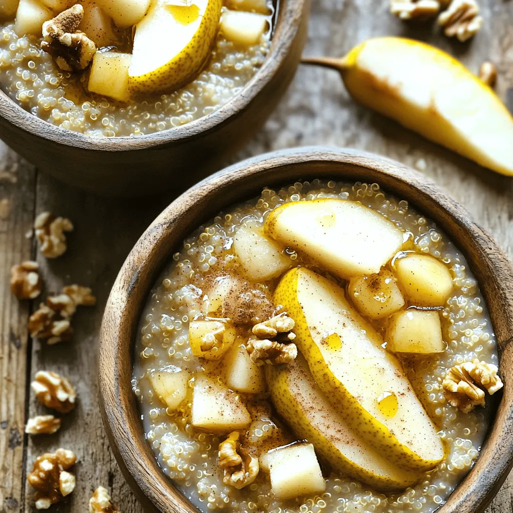 - 1 Tasse Quinoa, gut abgespült - 2 reife Birnen, geschält und gewürfelt - 4 Tassen Mandelmilch (oder Milch nach Wahl) Die Hauptzutaten sind einfach zu finden und sehr gesund. Quinoa ist ein tolles Getreide. Es hat viel Protein und Ballaststoffe. Die reifen Birnen bringen Süße und Geschmack. Mandelmilch macht das Porridge cremig und lecker. - 1 Teelöffel Zimt - 1/2 Teelöffel Muskatnuss - 1 Esslöffel Ahornsirup Zimt und Muskatnuss geben dem Porridge einen warmen, herzlichen Geschmack. Ahornsirup fügt eine süße Note hinzu. Du kannst die Menge nach deinem Geschmack anpassen. Diese Gewürze machen das Frühstück besonders. - 1/4 Tasse gehackte Walnüsse - 1/4 Tasse getrocknete Cranberries oder Rosinen - Frische Birnenscheiben zur Garnierung Walnüsse geben einen tollen Crunch. Getrocknete Cranberries oder Rosinen bringen zusätzliche Süße und Frische. Die frischen Birnenscheiben sind ein schöner Blickfang. Diese Zutaten sind optional, aber sie machen das Gericht noch besser. Um leckeren Porridge zu machen, spülst du zuerst die Quinoa gut ab. Das entfernt Bitterstoffe und macht die Quinoa nussiger. Danach schälst du die Birnen und würfelst sie. Achte darauf, gleich große Stücke zu schneiden, damit sie gleichmäßig kochen. Jetzt ist es Zeit, alle Zutaten in den Slow Cooker zu geben. Füge die abgespülte Quinoa, die gewürfelten Birnen, die Mandelmilch, den Zimt, die Muskatnuss, den Ahornsirup und eine Prise Salz hinzu. Rühre alles gut um, damit sich die Aromen verbinden. Du kannst den Porridge auf niedriger oder hoher Hitze kochen. Wenn du die niedrige Hitze wählst, lass ihn 6-8 Stunden kochen. So wird die Quinoa luftig und die Mischung cremig. Wenn es schneller gehen soll, stelle den Slow Cooker auf hohe Hitze und koche für 3-4 Stunden. Um die perfekte Konsistenz für deinen Porridge zu erreichen, achte auf die Kochzeit. Wenn du ihn zu lange kochst, wird er zu matschig. Bei niedriger Hitze solltest du 6-8 Stunden einplanen. Bei hoher Hitze reicht eine Kochzeit von 3-4 Stunden. Die Flüssigkeitsmenge ist ebenfalls wichtig. Verwende immer die angegebene Menge an Mandelmilch. Wenn du einen cremigeren Brei möchtest, füge etwas mehr Flüssigkeit hinzu. Die Süße kannst du ganz nach deinem Geschmack anpassen. Möchtest du einen süßeren Porridge? Dann füge einfach mehr Ahornsirup hinzu. Beginne mit einem Esslöffel und taste dich langsam vor. Zusätzlich kannst du andere Gewürze verwenden. Probiere Vanille oder Ingwer für eine neue Geschmacksnote. Die Garnierung macht viel aus! Serviere deinen Porridge in rustikalen Schalen. Garniere ihn mit frischen Birnenscheiben und zusätzlichen Walnüssen. Ein Spritzer Ahornsirup und eine Prise Zimt verleihen deinem Gericht den letzten Schliff. {{image_4}} Du kannst diesen Porridge leicht vegan und glutenfrei machen. Ersetze die Mandelmilch durch eine pflanzliche Milch wie Soja- oder Hafermilch. Diese Optionen sind nahrhaft und lecker. Auch der Ahornsirup ist eine gute Wahl als Süßungsmittel. Du kannst ihn mit Agavendicksaft oder Kokosblütenzucker ersetzen. Diese Alternativen bieten einen ähnlichen Geschmack und sind gesund. Eine tolle Idee ist es, verschiedene Früchte zu verwenden. Anstelle von Birnen kannst du Äpfel, Pfirsiche oder sogar Beeren nehmen. Diese Früchte bringen ihre eigenen Aromen in den Porridge. Für die Nüsse kannst du Mandeln oder Pekannüsse nutzen. Sie sind ebenfalls lecker und bieten einen knusprigen Biss. Du kannst auch die Cranberries durch getrocknete Aprikosen oder Datteln ersetzen. Diese Optionen verleihen dem Porridge eine süße Note. Wenn du mehr Protein möchtest, füge einfach Joghurt oder Nussbutter hinzu. Ein Klecks griechischer Joghurt obendrauf macht den Porridge cremiger. Nussbutter, wie Erdnuss- oder Mandelbutter, gibt ihm einen tollen Geschmack. Diese Ergänzungen machen den Porridge nahrhafter und sättigender. Probiere es aus und finde deine Lieblingskombination! Bewahre den Porridge in einem luftdichten Behälter auf. So bleibt er frisch. Im Kühlschrank hält er sich bis zu fünf Tage. Achte darauf, dass der Behälter gut verschlossen ist. Das schützt vor Gerüchen und Austrocknung. Du kannst Porridge auch einfrieren. Teile ihn in Portionen auf und lege sie in Gefrierbeutel. Drücke die Luft heraus, bevor du sie schließt. So bleibt der Porridge bis zu drei Monate haltbar. Zum Auftauen, lege den Beutel einfach in den Kühlschrank über Nacht oder erwärme ihn in der Mikrowelle. Hast du Reste? Mach etwas Neues daraus! Du kannst den Porridge als Füllung für Pfannkuchen nutzen. Auch in Muffins macht er sich gut. Füge frische Früchte oder Nüsse hinzu, um den Geschmack zu variieren. Das gibt dir ein schnelles Frühstück oder einen Snack. Die Kochzeit für den Porridge hängt von der Hitze ab. Auf niedriger Hitze dauert es 6-8 Stunden. Auf hoher Hitze reicht eine Zeit von 3-4 Stunden. Die Quinoa sollte fluffig sein und die Mischung cremig. Längeres Kochen macht den Porridge noch weicher. Überprüfen Sie die Konsistenz vor dem Servieren. Ja, Sie können andere Süßstoffe nutzen. Honig ist eine gute Option. Agavendicksaft oder Kokosblütenzucker funktioniert auch. Achten Sie darauf, die Menge anzupassen. Jeder Süßstoff hat einen anderen Geschmack. Probieren Sie aus, was Ihnen am besten gefällt. Ja, dieser Porridge ist von Natur aus glutenfrei. Achten Sie darauf, dass die Quinoa nicht mit glutenhaltigen Lebensmitteln in Berührung kommt. Verwenden Sie auch glutenfreie Zusatzstoffe wie Nüsse oder Trockenfrüchte. So bleibt das Gericht sicher für glutenfreie Ernährung. In diesem Artikel haben wir die besten Zutaten und Zubereitungsmöglichkeiten für Quinoa-Porridge erkundet. Wir haben geklärt, welchen Einfluss Gewürze und Süßungsmittel haben und wichtige Tipps sowie Variationen vorgestellt. Mit der richtigen Technik kannst du leckeren Porridge kreieren, der gesund und vielseitig ist. Denk daran, kreativ zu sein und das Rezept nach deinem Geschmack anzupassen. Ob für Frühstück oder Snacks, dieser Porridge ist immer eine gute Wahl.
