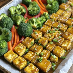 Hier sind die Zutaten für unser leckeres Blechpfannen-Honigknoblauch-Tofu: - 1 Block (400 g) fester Tofu, gut abgetropft und gepresst - 2 Esslöffel Olivenöl - 60 ml Honig (oder Agavensirup für eine vegane Option) - 1 Esslöffel Sojasauce (oder Tamari für glutenfrei) - 3 Knoblauchzehen, fein gehackt - 1 Esslöffel frischer Ingwer, gerieben - 1 Teelöffel Sesamöl - 1 Tasse Brokkoliröschen - 1 rote Paprika, in Streifen geschnitten - 1 Möhre, dünn geschnitten - 1 Esslöffel Sesamsamen (zum Garnieren) - Gehackte Frühlingszwiebeln (zum Garnieren) - Salz und Pfeffer nach Geschmack Wenn du eine vegane Version machen möchtest, ersetze den Honig durch Agavensirup. Sojasauce lässt sich durch Tamari ersetzen, um glutenfrei zu bleiben. Diese einfachen Änderungen machen das Rezept für alle zugänglich. Frische Zutaten bieten den besten Geschmack und die beste Textur. Sie sind knackig und behalten ihre Nährstoffe. Gefrorenes Gemüse kann aber auch gut sein. Es ist oft schon geerntet und schnell eingefroren. Wenn du frisches Gemüse nicht findest, greife auf die gefrorene Option zurück. So sparst du Zeit und hast immer gesunde Zutaten zur Hand. Zuerst musst du den Tofu vorbereiten. Nimm einen Block festen Tofu, etwa 400 Gramm. Presse ihn gut, um überschüssige Flüssigkeit zu entfernen. Schneide den Tofu dann in gleichmäßige Würfel. Diese Größe hilft, dass der Tofu gleichmäßig gart. Gib die Tofu-Würfel in eine große Schüssel. Jetzt machen wir die Marinade. In einer separaten Schüssel vermische 60 ml Honig oder Agavensirup, 1 Esslöffel Sojasauce, 3 fein gehackte Knoblauchzehen, 1 Esslöffel geriebenen Ingwer und 1 Teelöffel Sesamöl. Rühre alles gut um, bis es gut vermischt ist. Gieße die Marinade über den Tofu und mische alles gut. Lass den Tofu mindestens 15 Minuten marinieren. Rühre zwischendurch um, damit der Geschmack gut einzieht. Während der Tofu mariniert, kannst du das Gemüse vorbereiten. Schneide 1 Tasse Brokkoliröschen, 1 rote Paprika in Streifen und 1 Möhre dünn. Lege das Gemüse gleichmäßig auf ein mit Backpapier ausgelegtes Backblech. Nach der Marinierzeit fügst du die Tofu-Würfel dazu. Beträufle alles mit 2 Esslöffeln Olivenöl. Würze mit Salz und Pfeffer. Backe das Ganze bei 200°C für 25-30 Minuten. Wende das Gemüse und den Tofu nach der Hälfte der Zeit. So wird alles goldbraun und zart. Nach dem Backen kannst du das Gericht mit Sesamsamen und gehackten Frühlingszwiebeln garnieren. Um die beste Tofu-Textur zu bekommen, drücke den Tofu gut aus. Entferne überschüssige Flüssigkeit. Schneide den Tofu in gleichmäßige Würfel. So garen sie gleichmäßig. Marinieren ist wichtig. Lass den Tofu mindestens 15 Minuten in der Marinade. Das hilft, den Geschmack zu verbessern. Wenn du mehr Zeit hast, mariniere ihn länger. So wird der Tofu noch schmackhafter. Du kannst das Rezept leicht anpassen. Verwende verschiedene Gemüsesorten wie Zucchini oder grüne Bohnen. Probiere auch andere Soßen. Ersetze Honig durch Agavensirup für eine vegane Option. Füge mehr Knoblauch oder Ingwer hinzu, um den Geschmack zu verstärken. Du kannst auch Erdnussbutter in die Marinade geben. Das sorgt für einen neuen, reichhaltigen Geschmack. Serviere den Tofu über Reis oder Quinoa. Das macht das Gericht herzhaft. Du kannst auch einen frischen Salat dazu reichen. Das bringt Farbe und Crunch. Ein Spritzer Limettensaft macht alles frisch. Garniere das Gericht mit frischen Kräutern. Das gibt extra Geschmack. {{image_4}} Wenn du dein Gericht anpassen möchtest, kannst du das Gemüse leicht austauschen. Brokkoli, Paprika und Möhren sind toll, aber du kannst auch Zucchini, Blumenkohl oder grüne Bohnen verwenden. Diese Gemüse geben deinem Gericht neue Farben und Geschmäcker. Schneide sie in gleich große Stücke, damit sie gleichmäßig garen. Du kannst auch saisonales Gemüse verwenden, um frische Aromen zu genießen. Wenn du es schärfer magst, füge Chili hinzu. Hacke frische rote oder grüne Chilis und mische sie in die Marinade. Du kannst auch Chiliflocken verwenden. Diese geben deinem Gericht einen schönen Kick. Sei vorsichtig mit der Menge, damit es nicht zu scharf wird. Probiere es zuerst und passe die Schärfe dann an. Für eine Low-Carb-Option kannst du den Tofu mit mehr Gemüse ersetzen. Verwende mehr Brokkoli oder Zucchini statt Tofu. Das macht dein Gericht leichter und passt gut in eine Low-Carb-Diät. Du kannst die Marinade gleich lassen, um den Geschmack zu bewahren. Achte darauf, das Gemüse nicht zu lange zu backen, damit es knackig bleibt. Wenn du Reste von deinem Blechpfannen-Honigknoblauch-Tofu hast, bewahre sie in einem luftdichten Behälter auf. Stelle sicher, dass der Behälter gut verschlossen ist. So bleibt der Tofu frisch. Du kannst die Reste im Kühlschrank für bis zu drei Tage aufbewahren. Zum Wiederaufwärmen lege die Portionen auf ein Backblech. Erhitze sie bei 180°C für 10-15 Minuten, bis sie warm sind. Du kannst auch die Mikrowelle nutzen. Erwärme die Reste für 1-2 Minuten, aber achte darauf, dass der Tofu nicht zu weich wird. Wenn du den Tofu länger aufbewahren möchtest, kannst du ihn einfrieren. Schneide den marinierten Tofu in Würfel und lege ihn in einen Gefrierbeutel. Drücke die Luft heraus und schließe den Beutel gut. So bleibt der Tofu bis zu drei Monate haltbar. Wenn du bereit bist zu essen, tau den Tofu einfach über Nacht im Kühlschrank auf. Danach kannst du ihn wie frisch zubereitet backen. Die Reste von diesem Gericht sind sehr vielseitig. Du kannst sie in Salate geben oder in Wraps einrollen. Sie passen auch gut zu Reis oder Quinoa. Mische sie mit frischem Gemüse für ein schnelles Mittagessen. Wenn du eine Suppe machen möchtest, füge die Reste einfach zu einer Brühe hinzu. So erhältst du ein herzhaftes Gericht. Die Zubereitung dauert etwa 55 Minuten. Davon sind 15 Minuten für die Vorbereitung und 25-30 Minuten zum Backen. Das Marinieren des Tofus nimmt auch Zeit in Anspruch, aber das lohnt sich. Du wirst einen tollen Geschmack bekommen. Ja, du kannst den Tofu auch in einer Pfanne zubereiten. Erhitze etwas Öl in einer großen Pfanne. Brate die Tofu-Würfel bei mittlerer Hitze an, bis sie goldbraun sind. Füge dann das Gemüse hinzu und koche alles zusammen. Achte darauf, die Marinade gut zu mischen, damit alles lecker wird. Zu Blechpfannen-Honigknoblauch-Tofu passen viele Beilagen. Du kannst Reis oder Quinoa servieren. Auch ein frischer Salat passt gut. Für etwas mehr Geschmack kannst du auch Nüsse oder Samen darüber streuen. Die Kombination macht das Gericht noch besser und bunter. In diesem Blogbeitrag haben wir die besten Zutaten für Blechpfannen-Honigknoblauch-Tofu besprochen. Ich habe vegane Alternativen, frische und gefrorene Zutaten sowie praktische Tipps geteilt. Wir haben auch die Zubereitungsschritte sowie verschiedene Variationen behandelt. Zum Schluss habe ich wichtige Lagerungshinweise gegeben. Denke daran, dass du kreativ sein kannst. Probiere neue Zutaten aus und genieße verschiedene Aromen. Kochen soll Spaß machen!