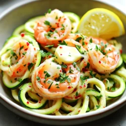 - 450 g große Garnelen, geschält und entdarmt - 2 mittelgroße Zucchinis, spiralisiert zu Nudeln (Zoodles) - 60 g ungesalzene Butter - 4 Knoblauchzehen, fein gehackt Die Hauptzutaten sind einfach und frisch. Die Garnelen bringen viel Geschmack. Zucchini macht das Gericht leicht und gesund. Butter und Knoblauch geben den Zoodles ein tolles Aroma. - 1 Teelöffel rote Pfefferflocken (nach Geschmack anpassen) - Salz und Pfeffer nach Geschmack - 2 Esslöffel frische Petersilie, fein gehackt Die Gewürze bringen das Gericht zum Leben. Rote Pfefferflocken fügen eine feine Schärfe hinzu. Petersilie sorgt für Frische und Farbe. Salz und Pfeffer sind wichtig, um die Aromen zu verstärken. - Saft von 1 Zitrone - Parmesan, zum Garnieren Die optionalen Zutaten sind eine schöne Ergänzung. Zitronensaft gibt einen spritzigen Geschmack. Parmesan bringt eine cremige Note. Es lohnt sich, diese Zutaten hinzuzufügen, um den Genuss zu steigern. Zucchini zu Zoodles machen, ist einfach. Nimm zwei Zucchinis und einen Spiralschneider. Schneide die Zucchini in lange, dünne Streifen. Diese Zoodles sind wie Nudeln, aber gesünder. Lege sie beiseite, während du den Rest zubereitest. Erhitze eine große Pfanne auf mittlerer bis hoher Hitze. Füge 30 g ungesalzene Butter hinzu und lasse sie schmelzen. Wenn die Butter schäumt, füge den fein gehackten Knoblauch hinzu. Sautiere den Knoblauch für etwa 30 Sekunden, bis er duftet. Achte darauf, dass er nicht verbrennt, sonst wird er bitter. Jetzt kommen die Garnelen. Lege sie in einer einzigen Schicht in die Pfanne. Streue rote Pfefferflocken, Salz und Pfeffer darüber. Brate die Garnelen für 2-3 Minuten auf jeder Seite. Sie sollten rosa und undurchsichtig sein. Nimm die Garnelen aus der Pfanne und stelle sie beiseite. In derselben Pfanne schmelze die restlichen 30 g Butter. Füge die Zoodles hinzu und brate sie 2-3 Minuten lang an. Rühre oft um, damit sie gleichmäßig garen. Würze die Zoodles mit einer Prise Salz und Pfeffer. Sie sollten weich, aber noch bissfest sein. Gib die gekochten Garnelen zurück in die Pfanne zu den Zoodles. Presse den Saft einer Zitrone darüber. Mische alles gut, damit die Aromen sich verbinden. Achte darauf, dass die Garnelen gleichmäßig verteilt sind. Nimm die Pfanne vom Herd. Serviere die Zoodles in einer flachen Schüssel. Bestreue sie mit frischer, gehackter Petersilie. Wenn du magst, füge geriebenen Parmesan hinzu. Eine Zitronenscheibe an der Seite macht das Gericht einladend. - Garzeit der Garnelen: Garnelen sollten nur 2-3 Minuten pro Seite braten. Sie werden rosa und undurchsichtig, wenn sie gar sind. - Garzeit der Zoodles: Zoodles brauchen etwa 2-3 Minuten in der Pfanne. Sie sollen weich, aber nicht matschig sein. - Andere Gemüsesorten für Zoodles verwenden: Sie können auch Karotten oder Süßkartoffeln spiralieren. Diese bringen eigene Aromen und Farben in das Gericht. - Auberginen oder Kürbis: Diese Gemüsesorten sind ebenfalls tolle Alternativen. Sie können die Zoodles aufpeppen und neue Geschmäcker hinzufügen. - Häufige Fehler und deren Lösungen: - Überkochen der Garnelen: Wenn Sie sie zu lange braten, werden sie gummiartig. Achten Sie darauf, sie rechtzeitig aus der Pfanne zu nehmen. - Zoodles zu lange garen: Achten Sie darauf, die Zoodles nur kurz zu sautieren. So bleiben sie knackig und frisch. - Zu viel Salz verwenden: Beginnen Sie mit einer kleinen Menge und fügen Sie mehr hinzu, wenn nötig. So vermeiden Sie, dass das Gericht zu salzig wird. {{image_4}} Du kannst die Garnelen ganz einfach durch Hähnchen oder Tofu ersetzen. Hähnchen gibt dir einen herzhaften Biss. Tofu ist eine tolle Option für Veganer. Beide sind einfach zuzubereiten. Achte darauf, die Garzeit anzupassen. Hähnchen benötigt etwas länger. Tofu kann schnell angebraten werden. So hast du verschiedene Wege, dieses Gericht zu genießen. Um den Geschmack zu verändern, füge neue Gewürze oder Saucen hinzu. Probiere zum Beispiel Paprika oder Currypulver. Diese Gewürze geben deinem Gericht eine neue Note. Du kannst auch Sojasauce oder Teriyaki-Sauce hinzufügen. Diese Saucen bringen einen süßeren Geschmack. Experimentiere, um deinen perfekten Mix zu finden! Serviere die Zoodles auch als Salat. Füge frische Zutaten wie Cherrytomaten oder Gurken hinzu. Diese machen den Salat bunter und knackiger. Ein Spritzer Balsamico-Essig sorgt für einen frischen Kick. Du kannst auch Avocado für mehr Cremigkeit einfügen. Diese Variationen machen das Gericht noch spannender und gesünder! Lagern Sie die Reste in einem luftdichten Behälter. Der Kühlschrank ist der beste Ort. So bleiben die Aromen frisch. Ideal ist es, die Reste innerhalb von zwei Tagen zu essen. So schmecken die Garnelen und Zoodles am besten. Um die Reste aufzuwärmen, nutzen Sie eine Pfanne. Erhitzen Sie die Pfanne bei mittlerer Hitze. Fügen Sie ein wenig Butter oder Öl hinzu. Geben Sie die Reste hinein und rühren Sie oft um. So bleiben die Garnelen zart und die Zoodles weich, aber nicht matschig. Sie können auch die Mikrowelle verwenden. Stellen Sie die Leistung auf niedrig und erwärmen Sie die Reste in kurzen Abständen. Die Garnelen-Zoodles bleiben im Kühlschrank bis zu zwei Tage frisch. Überprüfen Sie immer das Aussehen und den Geruch. Wenn etwas seltsam aussieht, werfen Sie es weg. Achten Sie darauf, die Reste gut zu lagern. So bleibt die Qualität hoch und das Essen sicher. Die gesamte Zubereitungszeit beträgt nur 15 Minuten. Davon sind 10 Minuten für die Vorbereitung. Die Kochzeit liegt bei 5 Minuten. In dieser kurzen Zeit haben Sie ein leckeres Gericht fertig. Ja, Sie können die Garnelen kalt servieren. Lassen Sie die Garnelen einfach abkühlen. Mischen Sie sie dann mit den Zoodles und etwas Zitronensaft. Diese kalte Variante ist erfrischend an heißen Tagen. Sie können auch frische Kräuter hinzufügen, um den Geschmack zu verstärken. Ja, dieses Rezept ist glutenfrei. Die Hauptzutaten enthalten kein Gluten. Zucchini ist eine großartige glutenfreie Alternative zu Pasta. Wenn Sie zusätzliches Protein hinzufügen möchten, stellen Sie sicher, dass es auch glutenfrei ist. Garnelen-Zoodles sind einfach zuzubereiten und lecker. Wir haben die Hauptzutaten wie Garnelen, Zucchini und Kräuter besprochen. Die Schritt-für-Schritt-Anleitung hilft dir, schnell ein schmackhaftes Gericht zu kochen. Tipps zur perfekten Zubereitung zeigen dir, wie du Fehler vermeidest. Variationen bieten dir zahlreiche Möglichkeiten, das Rezept anzupassen. Diese Zoodles sind vielseitig und gesund. Außerdem lassen sie sich gut aufbewahren. Probiere es aus und genieße!