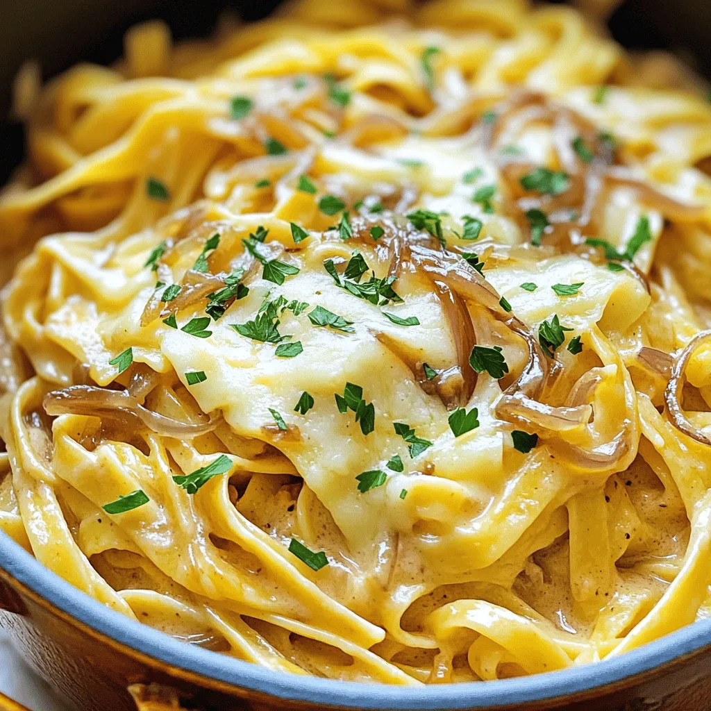 - 340 g Pasta (Fettuccine oder Linguine) - 2 große Zwiebeln - 3 Knoblauchzehen Die Hauptzutaten bilden die Basis für den tollen Geschmack. Pasta sorgt für die Füllung, während Zwiebeln und Knoblauch den köstlichen, herzhaften Geschmack bringen. Ich liebe es, die Zwiebeln langsam zu karamellisieren. Das macht sie süß und goldbraun. Knoblauch fügt eine wunderbare Tiefe hinzu. - 1 Liter Gemüsebrühe - 240 ml Schlagsahne Die Brühe gibt dem Gericht Geschmack und macht es saftig. Schlagsahne sorgt für die cremige Konsistenz. Sie verbindet die Aromen und macht alles reichhaltig. Diese Zutaten sind wichtig für den Charakter der Sauce. Ich empfehle, eine hochwertige Brühe zu nutzen, um den vollen Geschmack zu genießen. - 1 Esslöffel Olivenöl - 1 Esslöffel Butter - 100 g geriebener Gruyère-Käse - Salz, Pfeffer, frische Thymianblätter und optional Petersilie Olivenöl und Butter bringen eine tolle Basis für das Anbraten. Der Käse gibt dem Gericht den letzten Schliff und macht es besonders lecker. Thymian bringt frische Aromen. Ich mag es, mit frischen Kräutern zu arbeiten. Sie machen das Gericht lebendig. Salz und Pfeffer sind unerlässlich, um die Aromen zu betonen. - Zuerst schneidest du die Zwiebeln in dünne Ringe. - Hacke dann die Knoblauchzehen fein. - Stelle alle Zutaten bereit, um den Kochprozess reibungslos zu gestalten. - Erhitze in einem großen Topf das Olivenöl und die Butter. - Gib die Zwiebeln dazu und karamellisiere sie für 10-12 Minuten. - Rühre oft um, bis die Zwiebeln weich und goldbraun sind. - Füge den gehackten Knoblauch und frischen Thymian hinzu. - Brate alles für 1-2 Minuten an, bis es duftet. - Gieße die Gemüsebrühe in den Topf und bringe sie zum Kochen. - Rühre die Pasta ein und würze mit Salz und Pfeffer. - Reduziere die Hitze und koche die Pasta für 10-12 Minuten, bis sie al dente ist. - Reduziere die Hitze und füge die Schlagsahne hinzu. - Gib die Hälfte des Gruyère-Käses dazu und rühre gut um. - Lass alles köcheln, bis die Mischung cremig ist. - Schmecke die Nudeln ab und passe die Gewürze nach deinem Geschmack an. Um Überkochen zu vermeiden, halte die Hitze niedrig, wenn du die Pasta kochst. Rühre die Nudeln regelmäßig um, damit sie nicht ankleben. Wenn die Pasta al dente ist, nimm sie sofort vom Herd. Um die Sauce cremig zu machen, füge die Schlagsahne langsam hinzu. Rühre gut um, bis alles verbunden ist. Der Käse hilft auch, die Sauce dick zu machen. Stelle die Hitze auf mittel, um die Zwiebeln gleichmäßig zu bräunen. Lass sie Zeit, um weich zu werden. Karamellisiere sie etwa 10-12 Minuten lang. Wenn du mehr Geschmack willst, füge etwas Zucker hinzu. Das macht die Zwiebeln noch süßer. Frischer Thymian bringt auch mehr Aroma in dein Gericht. Du kannst die Gewürze nach deinem Geschmack anpassen. Füge mehr Pfeffer für Schärfe hinzu oder probiere etwas Paprika. Für einen frischen Geschmack, nutze Zitrone. Frische Kräuter wie Petersilie oder Schnittlauch passen ebenfalls gut dazu. Wenn du mehr Tiefe willst, füge etwas Sojasauce hinzu. Experimentiere mit diesen Optionen, um dein Gericht einzigartig zu machen. {{image_4}} Für eine vegetarische Version nutze pflanzliche Sahne. Diese gibt eine ähnliche Cremigkeit wie die normale Sahne. Du kannst auch Gemüse hinzufügen. Zucchini, Champignons oder Spinat passen gut. Diese Gemüse bringen Farbe und Geschmack in dein Gericht. Wenn du mehr Protein möchtest, füge Hähnchen oder Speck hinzu. Brate sie zuerst an, bevor du die Zwiebeln hinzufügst. Für eine vegane Proteinquelle kannst du Kichererbsen verwenden. Diese geben dir die nötige Fülle und sind gesund. Serviere einen frischen Salat als Beilage. Ein einfacher grüner Salat ergänzt die Cremigkeit der Pasta. Knuspriges Brot passt auch gut dazu. Du kannst das Brot in die Sauce dippen. Für die Gestaltung kannst du frische Petersilie darüber streuen. So wird das Gericht schön und einladend. Wenn du Reste von der cremigen Ein-Topf Französischen Zwiebel-Nudeln hast, kannst du sie im Kühlschrank aufbewahren. Benutze einen luftdichten Behälter. So bleiben die Nudeln frisch und lecker. Du kannst die Reste auch einfrieren. Teile sie in Portionen auf, bevor du sie in den Gefrierschrank legst. So bleiben sie besser erhalten. Um die Nudeln wieder aufzuwärmen, erwärme sie in einem Topf bei niedriger Hitze. Füge etwas Gemüsebrühe oder Sahne hinzu. Das hilft, die Cremigkeit zu erhalten. Rühre regelmäßig um, damit sie nicht anbrennen. Eine Mikrowelle funktioniert auch. Verwende ein mikrowellengeeignetes Gefäß, und decke es ab, damit die Feuchtigkeit bleibt. Die Nudeln bleiben im Kühlschrank etwa 3 bis 4 Tage frisch. Achte auf den Geruch oder die Farbe. Wenn die Nudeln komisch riechen oder schimmelig aussehen, wirf sie weg. Das ist wichtig für deine Gesundheit. Die Zubereitung der cremigen Ein-Topf Französischen Zwiebel-Nudeln dauert insgesamt 30 Minuten. Die Vorbereitungszeit beträgt etwa 10 Minuten. Du kannst die Zwiebeln und den Knoblauch schnell schneiden. Danach dauert das Kochen der Nudeln etwa 10 bis 12 Minuten. Alles in einem Topf macht es einfach und schnell. Ja, du kannst andere Käsesorten verwenden. Gruyère ist lecker, aber es gibt viele Optionen. Du könntest Cheddar, Parmesan oder Mozzarella verwenden. Diese Käsesorten geben deinen Nudeln einen anderen Geschmack. Experimentiere, um deinen Favoriten zu finden. Achte darauf, dass der Käse gut schmilzt, damit die Sauce cremig bleibt. Ja, du kannst das Rezept glutenfrei machen. Verwende glutenfreie Pasta, die du in vielen Geschäften findest. Achte darauf, die Kochzeit nach den Anweisungen auf der Packung zu prüfen. Du kannst auch Zucchininudeln oder Spaghetti aus Linsen verwenden. Diese Optionen sind gesund und lecker. Du hast jetzt alles, was du brauchst, um dieses köstliche Pasta-Gericht zuzubereiten. Wir haben die Zutaten, den Kochprozess und viele nützliche Tipps durchgearbeitet. Denke daran, dass du Variationen ausprobieren kannst, um dein Essen anzupassen. Ob vegetarisch oder mit Fleisch, die Möglichkeiten sind vielfältig. Achte beim Aufbewahren auf die richtigen Methoden. So bleibt dein Gericht frisch und lecker. Mit diesen Grundlagen wirst du garantiert ein tolles Essen zaubern!