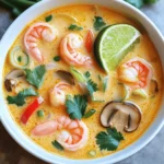 Diese Suppe hat viele leckere Zutaten. Die Shrimps geben einen süßen und zarten Geschmack. Kokosmilch sorgt für Cremigkeit und einen reichhaltigen Geschmack. Die rote Currypaste bringt einen Hauch von Schärfe und Tiefe. Zitronengras und Kaffir-Limettenblätter geben frische Aromen, die typisch für die thailändische Küche sind. Die frischen Chilis bringen die gewünschte Schärfe. Champignons und rote Paprika bringen Farbe und Textur in die Suppe. Koriander und Frühlingszwiebeln sind perfekte Garnituren, die das Gericht abrunden. Hier sind die Mengen für die Suppe: - 450 g mittelgroße Shrimps, geschält und entdarmt - 1 Dose (400 ml) Kokosmilch - 480 ml Hühner- oder Gemüsebrühe - 1 Esslöffel rote Currypaste - 1 Stange Zitronengras, leicht zerdrückt und grob gehackt - 3 Kaffir-Limettenblätter, in Stücke gerissen - 1-2 thailändische Vogelaugen-Chilis, in Scheiben geschnitten - 1 Esslöffel Fischsauce oder Sojasauce - 1 Esslöffel frischer Limettensaft - 1-2 Tassen Champignons, in Scheiben geschnitten - 1 rote Paprika, in Streifen geschnitten - Frischer Koriander, zur Garnitur - Frische Frühlingszwiebeln, zur Garnitur Frische Zutaten sind wichtig für den besten Geschmack. Wählen Sie Shrimps, die fest und glänzend sind. Sie sollten einen frischen Geruch haben. Kokosmilch sollte gut gemischt und ohne Klumpen sein. Achten Sie auf frische Kräuter. Das Zitronengras sollte grün und saftig sein. Kaffir-Limettenblätter sollten aromatisch riechen. Wählen Sie Gemüse, das knackig aussieht und keine Flecken hat. Diese kleinen Tipps helfen Ihnen, die besten Zutaten zu finden und Ihre Suppe noch besser zu machen. Zuerst nimm einen großen Topf. Gib die Hühner- oder Gemüsebrühe hinein. Füge dann die Kokosmilch hinzu. Rühre gut um, bis die beiden Flüssigkeiten gut vermischt sind. Schalte die Hitze auf mittlere Stufe. Lass die Mischung leicht köcheln. So verbinden sich die Aromen gut. Jetzt kommt der spannende Teil. Füge einen Esslöffel rote Currypaste hinzu. Verwende einen Schneebesen, um alles gut zu vermischen. Lass die Mischung etwa zwei Minuten köcheln. Das bringt die Aromen zur Geltung. Dann gib das zerdrückte Zitronengras dazu. Füge auch die Kaffir-Limettenblätter und die geschnittenen Chilis hinzu. Lass alles leicht köcheln. So entfalten sich die Kräuter und Gewürze. Jetzt wird es bunt! Füge die in Scheiben geschnittenen Champignons und die rote Paprika hinzu. Lass das Gemüse fünf bis sieben Minuten kochen, bis es weich ist. Erhöhe dann die Hitze leicht. Gib die Shrimps in den Topf. Koche sie für drei bis fünf Minuten. Sie sollten rosa und undurchsichtig sein. Rühre die Fischsauce und den Limettensaft unter. Schmecke die Suppe ab und nimm sie vom Herd. Verteile die Suppe in Schalen und garniere sie mit Koriander und Frühlingszwiebeln. Um die perfekten Shrimps zu kochen, achte auf die Zeit. Du solltest die Shrimps nur 3 bis 5 Minuten garen. Wenn sie rosa und undurchsichtig sind, sind sie bereit. Überkoche sie nicht, sonst werden sie zäh. Die Balance der Aromen ist wichtig. Die Kokosmilch bringt Süße. Die rote Currypaste und die Chilis geben Schärfe. Verwende frischen Limettensaft für einen spritzigen Kick. Schmecke die Suppe immer ab. So kannst du die Aromen anpassen. Falls du keine Kaffir-Limettenblätter hast, benutze Limettenschale. Anstelle von Fischsauce kannst du Sojasauce verwenden. Dies macht die Suppe vegetarisch. Für mehr Gemüse füge mehr Paprika oder andere Sorten hinzu. Sei kreativ mit dem, was du hast! {{image_4}} Um die Suppe vegetarisch oder vegan zu machen, ersetze die Shrimps. Du kannst Tofu oder Tempeh verwenden. Diese Optionen haben einen guten Biss und nehmen die Aromen gut auf. Verwende auch Sojasauce statt Fischsauce. Die Kokosmilch bleibt gleich und verleiht der Suppe einen cremigen Geschmack. Die Schärfe ist wichtig in dieser Suppe. Du kannst die Anzahl der Vogelaugen-Chilis anpassen. Für weniger Schärfe, nimm eine Chili oder lasse sie ganz weg. Möchtest du mehr Schärfe? Füge einfach eine weitere Chili hinzu. Du kannst auch Chili-Pulver oder Sriracha verwenden, um den Schärfegrad zu steuern. Für zusätzliche Einlagen kannst du Gemüse hinzufügen. Paprika und Champignons sind toll, aber auch Zucchini oder Brokkoli passen gut. Reisnudeln sind eine leckere Ergänzung. Sie machen die Suppe sättigender. Frische Kräuter wie Basilikum oder Minze geben einen besonderen Geschmack. So wird die Suppe noch bunter und schmackhafter. Um die Thai Kokos Lime Shrimps Suppe frisch zu halten, lagere ich sie in einem luftdichten Behälter. Ich lasse die Suppe zuerst abkühlen. Danach fülle ich sie in den Behälter. Achte darauf, die Suppe nicht zu heiß zu lagern, da dies die Qualität beeinträchtigen kann. Beim Aufwärmen der Suppe benutze ich einen Topf. Ich erwärme sie bei mittlerer Hitze. Gelegentlich umrühren hilft, eine gleichmäßige Wärme zu erreichen. Ich achte darauf, dass die Suppe nicht kocht, da dies die Shrimps zäh machen kann. Wenn die Suppe zu dick wird, füge etwas Brühe oder Wasser hinzu. Im Kühlschrank bleibt die Suppe bis zu drei Tage frisch. Wenn ich sie länger aufbewahren möchte, friere ich sie ein. In einem gefrierfesten Behälter kann die Suppe bis zu drei Monate haltbar sein. Vor dem Servieren sollte ich die Suppe über Nacht im Kühlschrank auftauen. Um die Suppe milder zu machen, können Sie die Menge der Chilis reduzieren. Verwenden Sie nur eine halbe Chili oder entfernen Sie die Kerne. Eine weitere Möglichkeit ist, mehr Kokosmilch hinzuzufügen. Dies macht die Suppe cremiger und weniger scharf. Vermeiden Sie auch die rote Currypaste oder nehmen Sie eine milde Variante. Das hilft, die Schärfe zu senken, ohne den guten Geschmack zu verlieren. Wenn Sie keine Limettenblätter haben, verwenden Sie Limettenschale. Ein Esslöffel Limettenschale gibt einen ähnlichen Geschmack. Sie können auch etwas frischen Limettensaft hinzufügen, um die Frische zu erhalten. Eine andere Option ist, etwas Zitronenabrieb zu verwenden. Zitronen haben einen ähnlichen Geschmack, sind aber weniger intensiv als Limetten. Ja, Sie können die Shrimps durch Hähnchen oder Tofu ersetzen. Wenn Sie Hähnchen verwenden, schneiden Sie es in kleine Stücke. Kochen Sie das Hähnchen, bis es durchgegart ist. Tofu kann ebenfalls verwendet werden. Nehmen Sie festen Tofu, schneiden Sie ihn in Würfel und fügen Sie ihn in der gleichen Zeit wie die Shrimps hinzu. Beide Optionen machen die Suppe lecker und abwechslungsreich. Diese Anleitung hat Ihnen die wichtigsten Zutaten, Schritte und Tipps für eine leckere Suppe gezeigt. Sie haben gelernt, frische Zutaten auszuwählen und eine perfekte Brühe zuzubereiten. Denken Sie daran, die Kochzeit für die Shrimps genau zu beachten und die Aromen gut abzustimmen. Variationen für Vegetarier und spezielle Zutaten helfen, die Suppe individuell zu gestalten. Mit den richtigen Aufbewahrungshinweisen bleibt sie frisch. Kochen macht Freude, und diese Suppe wird sicher viele begeistern!
