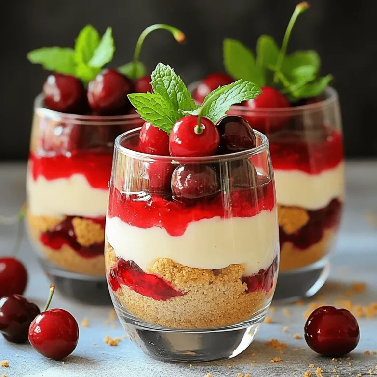 Für die No-Bake Cherry Cheesecake Parfaits brauchst du folgende Hauptzutaten: - 340 g Frischkäse, weich - 120 g Puderzucker - 1 Teelöffel Vanilleextrakt - 240 ml Schlagsahne - 120 g Graham-Cracker-Krümel - 115 g ungesalzene Butter, geschmolzen - 480 ml Kirschkuchenfüllung - Frische Kirschen zur Dekoration (optional) - Minzblätter zur Dekoration (optional) Diese Zutaten machen die Parfaits cremig und süß. Der Frischkäse gibt den Hauptgeschmack. Die Kirschen sorgen für einen fruchtigen Kick. Wenn du keine bestimmten Zutaten hast, gibt es gute Alternativen: - Verwende Ricotta statt Frischkäse für eine leichtere Variante. - Honig kann Puderzucker ersetzen, wenn du ihn gesünder magst. - Benutze Schlagsahne aus Kokosnuss für eine vegane Option. - Nimm Oreo-Kekse anstelle der Graham-Cracker für einen anderen Geschmack. Diese Alternativen helfen dir, das Rezept anzupassen. So bleibt das Dessert lecker. Für die Zubereitung benötigst du einige Utensilien: - Große Rührschüssel - Handmixer - Separates Schüssel für die Schlagsahne - Gabel oder Löffel zum Mischen - Serviergläser oder Parfaitbecher Mit diesen Hilfsmitteln wird die Zubereitung schnell und einfach. Sie helfen dir, die Zutaten gut zu vermengen und die Schichten schön anzurichten. Zuerst bereiten wir die Cheesecake-Mischung vor. Nimm eine große Rührschüssel und füge den weichen Frischkäse hinzu. Rühre ihn mit einem Handmixer glatt. Achte darauf, dass keine Klumpen bleiben. Füge dann nach und nach den Puderzucker und den Vanilleextrakt hinzu. Rühre weiter, bis die Masse schön cremig ist. In einer separaten Schüssel schlägst du die Schlagsahne. Schlage sie, bis sich steife Spitzen bilden. Das ist wichtig, denn die Sahne gibt der Mischung Luft und Leichtigkeit. Hebe die geschlagene Sahne vorsichtig unter die Frischkäsemischung. Mische beides, bis alles gleichmäßig ist und schön cremig aussieht. Jetzt kommt der spannende Teil: das Schichten! Beginne mit einer Schicht der Graham-Cracker-Krümel in den Serviergläsern. Die Krümel sorgen für einen knusprigen Biss. Danach füge eine Schicht der Cheesecake-Mischung hinzu. Löffle dann etwas von der Kirschkuchenfüllung darüber. Wiederhole diese Schritte, bis die Gläser voll sind. Achte darauf, mit einer Schicht Kirschfüllung abzuschließen. Diese letzte Schicht sieht toll aus und bringt Farbe in die Parfaits. Die Parfaits müssen jetzt für mindestens zwei Stunden in den Kühlschrank. So können sie fest werden und die Aromen verbinden sich gut. Kurz vor dem Servieren kannst du sie dekorieren. Frische Kirschen und Minzblätter sehen nicht nur schön aus, sie bringen auch einen frischen Geschmack. Stelle sicher, dass du die Parfaits in durchsichtigen Gläsern servierst, damit die schönen Schichten sichtbar sind. Ein kleiner Spritzer Schlagsahne oben drauf macht das Ganze noch eleganter. Ein häufiger Fehler ist, den Frischkäse nicht richtig zu mixen. Er sollte glatt und klumpenfrei sein. Wenn er noch klumpig ist, wird die Mischung nicht cremig. Achte darauf, die Schlagsahne nicht zu übermixen. Sie sollte steif, aber nicht trocken sein. Zu viel Luft aus der Sahne macht die Parfaits weniger leicht. Für gleichmäßige Schichten ist es wichtig, gleichmäßige Mengen zu verwenden. Nutze einen Esslöffel oder eine Spritztüte, um die Mischung zu verteilen. Beginne mit der Graham-Cracker-Mischung, dann die Cheesecake-Mischung und schließlich die Kirschfüllung. Achte darauf, die Schichten nicht zu dick oder zu dünn zu machen. Jede Schicht sollte etwa 1 bis 2 Zentimeter dick sein. Die Präsentation macht viel aus. Verwende durchsichtige Gläser, damit die Schichten gut sichtbar sind. Ein Klecks Schlagsahne obenauf macht das Dessert schöner. Frische Kirschen und Minzblätter sorgen für einen tollen Farbtupfer. Du kannst auch die Ränder der Gläser mit Schokolade oder Keksbröseln verzieren. So wird dein Dessert noch einladender. {{image_4}} Du kannst viele Obstfüllungen für deine Parfaits verwenden. Himbeeren, Erdbeeren oder Blaubeeren sind tolle Alternativen. Diese Früchte bringen frische Aromen und Farben. Du kannst auch gemischte Früchte verwenden. So erhältst du einen bunten Effekt. Einfach die Kirschfüllung durch dein Lieblingsobst ersetzen. Für glutenfreie Parfaits nutze glutenfreie Graham-Cracker. Diese sind in vielen Geschäften erhältlich. Sie geben den Parfaits die gleiche knusprige Textur. Du kannst auch Nüsse oder Haferflocken als Basis nutzen. Achte darauf, dass die Füllungen ebenfalls glutenfrei sind. So bleibt dein Dessert für alle geeignet. Um die Parfaits vegan zu machen, ersetze den Frischkäse mit einer veganen Option. Cashew-Creme oder Soja-Joghurt sind gute Alternativen. Verwende pflanzliche Sahne für die Schlagsahne. Achte auch darauf, dass der Puderzucker vegan ist. So kannst du ein leckeres, tierfreies Dessert genießen. Um die No-Bake Cherry Cheesecake Parfaits frisch zu halten, decken Sie sie gut ab. Verwenden Sie Frischhaltefolie oder einen luftdichten Behälter. So bleibt die Creme glatt und die Krümel knusprig. Lagern Sie die Parfaits im Kühlschrank, wenn Sie sie nicht sofort genießen. Im Kühlschrank halten sich die Parfaits etwa 3 bis 4 Tage. Je länger sie stehen, desto mehr vermischen sich die Schichten. Das kann den Geschmack verändern, aber die Parfaits bleiben lecker. Achten Sie darauf, die Parfaits vor dem Servieren zu überprüfen. Wenn sie gut riechen und frisch aussehen, sind sie bereit zum Genießen. Das Einfrieren ist eine gute Option, wenn Sie die Parfaits länger aufbewahren möchten. Sie können die Parfaits bis zu 2 Monate einfrieren. Stellen Sie sicher, dass sie gut verpackt sind. Nutzen Sie gefrierfeste Behälter oder Folie. Zum Auftauen legen Sie die Parfaits einfach in den Kühlschrank. Lassen Sie sie dort für mehrere Stunden oder über Nacht auftauen. Genießen Sie die Parfaits, sobald sie wieder weich sind! Die Parfaits müssen mindestens zwei Stunden im Kühlschrank stehen. So können sie fest werden. Je länger sie kühlen, desto besser schmecken sie. Ich empfehle, sie über Nacht kühlen. Dann sind sie perfekt, wenn du sie servierst. Ja, du kannst die Cheesecake-Mischung im Voraus zubereiten. Bereite sie einfach einen Tag vorher zu. Lagere sie in einem luftdichten Behälter im Kühlschrank. So sparst du Zeit, wenn du die Parfaits schichtest. Vergiss nicht, die Mischung gut zu rühren, bevor du sie verwendest. Du kannst viele Obstsorten statt Kirschen verwenden. Erdbeeren, Himbeeren oder Heidelbeeren passen gut. Auch Pfirsiche oder Mangos sind lecker. Wähle das Obst, das du magst. So machst du die Parfaits ganz nach deinem Geschmack. Zusammenfassend haben wir die Zutaten und die Schritt-für-Schritt-Anleitung für die No-Bake Cherry Cheesecake Parfaits besprochen. Außerdem habe ich einige Tipps gegeben, um häufige Fehler zu vermeiden und tolle Präsentationstechniken anzuwenden. Wir haben Variationen wie glutenfreie und vegane Optionen betrachtet und wichtige Lagerungshinweise gegeben. Jetzt bist du bestens gewappnet, um diese leckeren Parfaits zu machen. Probiere verschiedene Obstfüllungen aus und finde deinen Favoriten!