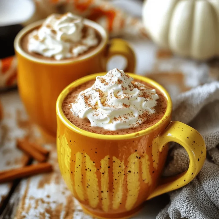 Hier sind die Zutaten für meine leckere Kürbis-Gewürz-Heißschokolade. Diese Mischung gibt Ihnen den perfekten herbstlichen Genuss. - 500 ml Milch (oder pflanzliche Alternative) - 240 g Kürbispüree aus der Dose - 30 g ungesüßtes Kakao-Pulver - 50 g Zucker (nach Geschmack anpassen) - 1 Teelöffel Vanilleextrakt - 1 Teelöffel Kürbiskonzentrat (Zimt, Muskatnuss, Ingwer, Nelken) - Eine Prise Salz - Schlagsahne (zum Garnieren) - Gemahlener Zimt (zum Bestreuen) Ich wähle oft die pflanzliche Milch, um den Geschmack zu verändern. Mandeln oder Hafer sind großartige Optionen. Das Kürbispüree aus der Dose macht alles einfacher. Es bringt die nötige Süße und den tollen Geschmack. Für den Kakao verwende ich ungesüßtes Pulver. So kann ich die Süße selbst steuern. Jeder hat einen anderen Geschmack. Daher ist es wichtig, den Zucker nach Ihrem Wunsch anzupassen. Ein Teelöffel Vanilleextrakt bringt eine tolle Note in die Mischung. Das Kürbiskonzentrat ist eine Mischung aus verschiedenen Gewürzen. Es gibt dem Getränk Tiefe und Wärme. Die Prise Salz hebt die Aromen hervor. Schlagsahne und gemahlener Zimt sind die perfekte Dekoration. Sie machen die Heißschokolade nicht nur schön, sondern auch lecker. Verwenden Sie eine große Tasse, um die Wärme zu genießen. 1. Milch und Kürbispüree vermengen: Beginne mit 500 ml Milch in einem mittelgroßen Topf. Füge 240 g Kürbispüree aus der Dose hinzu. Stelle den Herd auf mittlere Hitze. Rühre mit einem Schneebesen, bis die Mischung gut vermischt ist. Sie sollte eine homogene Basis bilden. Dies dauert etwa zwei Minuten. 2. Kakao und Zucker hinzufügen: Gib nun 30 g ungesüßtes Kakao-Pulver in den Topf. Füge auch 50 g Zucker hinzu. Rühre weiterhin, um Klumpen zu vermeiden. Achte darauf, dass die Mischung nicht kocht. Sie sollte warm, aber nicht sprudelnd sein. 3. Gewürze und Salz einrühren: Wenn die Mischung gut erwärmt ist, füge 1 Teelöffel Vanilleextrakt hinzu. Danach kommt 1 Teelöffel Kürbiskonzentrat dazu. Dies ist eine Mischung aus Zimt, Muskatnuss, Ingwer und Nelken. Streue eine Prise Salz hinein. Rühre alles gut durch, bis die Mischung glatt ist. 4. Servieren: Nimm den Topf vom Herd. Gieße die heiße Schokolade in Tassen. Toppe jede Tasse mit Schlagsahne. Bestreue die Sahne mit gemahlenem Zimt. Das gibt einen tollen Geschmack. - Rühre ständig, um Klumpen zu vermeiden. So bleibt die Mischung geschmeidig. - Achte darauf, die Hitze nicht zu hoch zu stellen. Die Schokolade soll warm sein, aber nicht kochen. - Probiere die Mischung und passe den Zucker nach deinem Geschmack an. Manche mögen es süßer, andere weniger. Temperaturkontrolle: So wird die richtige Wärme erreicht Die Temperatur ist wichtig. Erhitze die Mischung bei mittlerer Hitze. Rühre ständig, um ein Anbrennen zu verhindern. Achte darauf, dass die Mischung nicht kocht. Eine sanfte Erwärmung sorgt für eine cremige Textur. Klumpenfreie Mischung: Techniken zur Vermeidung von Klumpen Um Klumpen zu vermeiden, füge das Kakao-Pulver langsam hinzu. Rühre mit einem Schneebesen gut um. Eine gute Technik ist, das Kakao-Pulver zuerst mit dem Zucker zu mischen. So verteilt sich das Pulver besser und klumpt nicht. Anpassen der Süße: Wie die Geschmäcker variiert werden können Die Süße ist individuell. Beginne mit 50 g Zucker und schmecke dann ab. Du kannst mehr oder weniger hinzufügen, je nach Vorliebe. Wenn du es süßer magst, füge mehr Zucker hinzu. Für weniger Süße, nimm einfach weniger. {{image_4}} Ich liebe es, die Basis meiner Kürbis-Gewürz-Heißschokolade anzupassen. Wer mag, kann pflanzliche Milch nutzen. Almondmilch, Sojamilch oder Hafermilch sind tolle Optionen. Diese Milcharten geben der Schokolade eine neue Note und machen sie noch leckerer. Für zusätzlichen Geschmack kann ich andere Gewürze hinzufügen. Zum Beispiel mag ich eine Prise Muskatnuss oder eine kleine Menge Ingwer. Diese Gewürze passen gut zum Kürbis und bringen mehr Tiefe in den Geschmack. Die Garnierung meiner Heißschokolade ist wichtig. Ich verwende gerne Schlagsahne, um die Schokolade zu krönen. Das sieht nicht nur toll aus, sondern schmeckt auch köstlich. Für besondere Anlässe kann ich Kakaonibs oder Kürbiskerne als Topping verwenden. Diese geben einen knackigen Biss und machen das Getränk noch interessanter. Eine Prise gemahlener Zimt oben drauf sorgt für ein schönes Finish. - Kühlung und Haltbarkeit: Ihre Kürbis-Gewürz-Heißschokolade bleibt im Kühlschrank etwa 3 bis 5 Tage frisch. Stellen Sie sicher, dass Sie sie in einem luftdichten Behälter aufbewahren. So bleibt der Geschmack stark und lecker. - Wiedererwärmen: Um die Heißschokolade aufzuwärmen, gießen Sie sie in einen Topf. Erwärmen Sie sie bei mittlerer Hitze. Rühren Sie gut um, damit sie gleichmäßig warm wird. Vermeiden Sie es, die Mischung zum Kochen zu bringen, da sie sonst ihre cremige Textur verlieren kann. - Frisches vs. konserviertes Kürbispüree: Frisches Kürbispüree hat einen klaren, natürlichen Geschmack. Es ist oft etwas dicker. Allerdings braucht die Zubereitung Zeit. Konserviertes Kürbispüree ist praktisch und sofort einsatzbereit. Es hat auch eine längere Haltbarkeit. Bei der Wahl zwischen frisch und konserviert kommen persönliche Vorlieben ins Spiel. Beide Optionen können leckere Resultate liefern. Um die beste Kürbis-Gewürz-Heißschokolade zu machen, beginne mit hochwertiger Milch. Du kannst auch pflanzliche Milch verwenden. Mische 500 ml Milch mit 240 g Kürbispüree aus der Dose in einem Topf. Rühre gut um, damit alles gleichmäßig wird. Füge dann 30 g ungesüßtes Kakao-Pulver und 50 g Zucker hinzu. Rühre weiter, um Klumpen zu vermeiden. Wenn die Mischung warm ist, gib 1 Teelöffel Vanilleextrakt und 1 Teelöffel Kürbiskonzentrat dazu. Ein bisschen Salz macht den Geschmack besser. Rühre alles gut um und serviere es mit Schlagsahne und gemahlenem Zimt oben drauf. Ja, du kannst die Süße ganz weglassen, wenn du magst. Das Kakao-Pulver und das Kürbispüree bringen schon Geschmack. Du kannst den Zucker auch reduzieren, um weniger Süße zu haben. Probiere die Mischung einfach vor dem Servieren. So findest du den perfekten Geschmack für dich. Kürbiskonzentrat findest du in den meisten Supermärkten. Schau in der Abteilung für Gewürze oder Backzutaten nach. Manchmal gibt es auch spezielle Kürbiskonzentrat-Pakete. Wenn du keine findest, kannst du auch selbst eine Mischung aus Zimt, Muskatnuss, Ingwer und Nelken herstellen. Das gibt einen ähnlichen Geschmack. Ja, es gibt vegane Alternativen. Du kannst zuerst frische Kürbisse dämpfen und pürieren. Das gibt eine tolle Konsistenz und Frische. Du kannst auch andere Pürees ausprobieren, wie Süßkartoffel oder Apfel. Beide geben eine süße Note. Kürbis-Gewürz-Heißschokolade ist ein wunderbares Getränk für kalte Tage. Wir haben die besten Zutaten und Schritte geteilt, um es perfekt zuzubereiten. Die Tipps helfen dir, eine klumpenfreie Mischung zu erreichen und die Süße nach deinem Geschmack anzupassen. Für Abwechslung kannst du unterschiedliche Pflanzenmilch nutzen oder verschiedene Toppings ausprobieren. Wenn du die fertige Mischung richtig lagerst, bleibt sie frisch. Ich hoffe, diese Ideen bringen dir Freude und Wärme in die kühleren Monate. Genieß deine Heißschokolade!