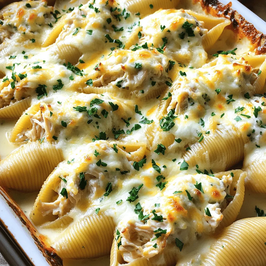 Für dieses Rezept brauchst du einige einfache und leckere Zutaten. Hier sind die Hauptzutaten: - 12 große Muschelpasta - 2 Tassen gekochtes Hühnchen, zerkleinert - 1 Tasse Ricotta-Käse - 1 Tasse Mozzarella-Käse, gerieben - 1/2 Tasse geriebener Parmesan-Käse - 1 1/2 Tassen Alfredo-Soße - 1 Esslöffel Olivenöl - 2 Knoblauchzehen, gehackt - 1 Teelöffel italienische Kräutermischung - Salz und Pfeffer nach Geschmack - Frische Petersilie, gehackt (zum Garnieren) Diese Zutaten sind leicht zu finden. Du kannst das Hühnchen auch selbst kochen oder Reste verwenden. Wenn du frische Kräuter hast, nutze sie, um den Geschmack zu verbessern. Käse spielt eine große Rolle in diesem Gericht. Der Ricotta-Käse sorgt für eine cremige Füllung. Mozzarella macht die Muscheln schön schmelzend. Parmesan verleiht dem Ganzen einen tollen Geschmack. Du kannst auch anderen Käse verwenden: - Feta für einen salzigen Kick. - Gouda für einen rauchigen Geschmack. - Vegane Käsealternativen, wenn du pflanzlich kochen möchtest. Wähle die Käsesorten, die dir am besten gefallen. Experimentiere ruhig mit verschiedenen Kombinationen! Die Gewürze bringen jede Menge Geschmack. Hier sind einige, die gut passen: - Italienische Kräutermischung - Knoblauch für einen herzhaften Geschmack - Salz und Pfeffer zum Würzen Du kannst auch andere Gewürze hinzufügen. Wie wäre es mit Paprika für etwas Schärfe oder Oregano für mehr Aroma? Verwende die Gewürze, die du magst. Sie machen die gefüllten Muscheln noch besser! Heize deinen Ofen auf 190°C vor. Dies ist wichtig, um die Muscheln gleichmäßig zu backen. Koche dann 12 große Muschelpasta gemäß der Anleitung auf der Verpackung. Achte darauf, dass sie al dente sind. Das bedeutet, sie sollen weich, aber noch bissfest sein. Gieße die Pasta ab und stelle sie beiseite. Erhitze 1 Esslöffel Olivenöl in einer Pfanne bei mittlerer Hitze. Füge 2 gehackte Knoblauchzehen hinzu und brate sie für etwa 1 Minute. Wenn der Knoblauch duftet, ist es Zeit für die Füllung. In einer großen Schüssel mische 2 Tassen zerkleinertes Hühnchen, 1 Tasse Ricotta, 1/2 Tasse geriebenen Mozzarella, 1 Teelöffel italienische Kräutermischung, Salz und Pfeffer. Mische alles gut, bis die Zutaten gleichmäßig verteilt sind. Nimm die gekochten Muscheln und fülle jede mit der Hühnchenmischung. Drücke leicht, damit die Füllung gut sitzt. Bereite eine Auflaufform vor, indem du 1/2 Tasse Alfredo-Soße gleichmäßig am Boden verteilst. Lege die gefüllten Muscheln mit der Öffnung nach oben in die Form. Gieße die restliche Alfredo-Soße über die Muscheln. Streue dann den restlichen Mozzarella und Parmesan darüber. Decke die Auflaufform mit Aluminiumfolie ab und backe die Muscheln für 25 Minuten. Nimm die Folie dann ab und backe für weitere 10-15 Minuten. Der Käse sollte blubbern und leicht goldbraun sein. Lass die Auflaufform einige Minuten abkühlen. Vor dem Servieren kannst du die Muscheln mit frisch gehackter Petersilie garnieren. Um die ideale Konsistenz für deine Alfredo-Soße zu erreichen, achte auf die Menge der Sahne. Eine gute Soße sollte cremig, aber nicht zu dick sein. Wenn du eine selbstgemachte Soße machst, füge langsam die Sahne hinzu und rühre gut um. Erhitze die Soße leicht, um den Geschmack zu intensivieren. Ein Spritzer Zitronensaft kann auch helfen, die Aromen aufzufrischen. Füge frische Kräuter wie Basilikum oder Thymian hinzu, um mehr Tiefe zu bekommen. Ein Hauch von Muskatnuss bringt einen warmen, nussigen Geschmack. Wenn du es würziger magst, kannst du auch etwas rote Paprikaflocken einstreuen. Diese kleinen Änderungen machen einen großen Unterschied im Geschmack. Um die Muscheln leicht zu füllen, benutze einen kleinen Löffel oder einen Spritzbeutel. Beide machen das Füllen einfach und schnell. Drücke die Füllung sanft in die Muschel, damit sie gut gefüllt ist. Achte darauf, die Muscheln nicht zu überfüllen, damit sie beim Backen nicht auslaufen. Lege die gefüllten Muscheln mit der Öffnung nach oben in die Auflaufform, damit die Soße gut einziehen kann. {{image_4}} Wenn Sie eine vegetarische Variante der Hühnchen Alfredo gefüllten Muscheln möchten, probieren Sie Spinat und Ricotta. Diese Mischung ist einfach und gesund. Nehmen Sie 2 Tassen frischen Spinat und 1 Tasse Ricotta-Käse. Mischen Sie den Spinat mit dem Ricotta, etwas Salz und Pfeffer. Diese Füllung ist leicht und voller Geschmack. Füllen Sie die Muscheln wie gewohnt mit dieser Mischung. Backen Sie sie dann in der Alfredo-Soße. Das ergibt ein tolles Gericht, das jedem schmeckt. Für mehr Abwechslung können Sie verschiedene Füllungen verwenden. Zum Beispiel können Sie gebratenes Gemüse hinzufügen. Zucchini, Paprika und Pilze passen gut. Sie können auch in Stücke geschnittenen Schinken oder Wurst verwenden. Fügen Sie bei der Zubereitung etwas italienische Kräutermischung hinzu. Das gibt der Füllung mehr Aroma. Denken Sie daran, die Füllung gut zu würzen, um den besten Geschmack zu erzielen. Wenn Sie eine glutenfreie Diät einhalten, sind diese Muscheln auch anpassbar. Suchen Sie nach glutenfreier Muschelpasta in Ihrem Geschäft. Diese Pasta hat oft einen ähnlichen Geschmack wie die normale. Auch die Alfredo-Soße kann glutenfrei sein. Prüfen Sie die Zutatenliste auf das Vorhandensein von Gluten. Wenn Sie selbst machen, verwenden Sie glutenfreie Zutaten. So können Sie das Gericht genießen, ohne auf den Geschmack zu verzichten. Wenn du Hühnchen Alfredo gefüllte Muscheln übrig hast, lagere sie in einem luftdichten Behälter im Kühlschrank. So bleiben sie frisch. Du kannst die Muscheln bis zu drei Tage aufbewahren. Achte darauf, die Muscheln nicht zu lange stehen zu lassen, um die beste Qualität zu erhalten. Um die gefüllten Muscheln einzufrieren, lass sie zuerst komplett abkühlen. Lege sie dann in einen gefrierfesten Behälter oder benutze Gefrierbeutel. Stelle sicher, dass sie nicht übereinander liegen, um das Aneinanderkleben zu vermeiden. Diese Muscheln können bis zu drei Monate eingefroren werden. Um die Muscheln aufzuwärmen, nimm sie aus dem Kühlschrank oder Gefrierfach. Heize den Ofen auf 180°C vor. Wenn gefroren, lasse sie zuerst im Kühlschrank auftauen. Lege die Muscheln in eine Auflaufform und decke sie mit Aluminiumfolie ab. Backe sie etwa 20 Minuten, bis sie heiß sind. Entferne die Folie und backe sie weitere 5 bis 10 Minuten, bis der Käse wieder blubbert. So bleiben die Muscheln saftig und lecker. Die Zubereitung von Hühnchen Alfredo gefüllten Muscheln dauert insgesamt 50 Minuten. Die Vorbereitungszeit beträgt etwa 15 Minuten. Danach backst du die Muscheln für 35 Minuten. Das ist schnell und einfach, perfekt für einen Wochentag. Ja, du kannst die Alfredo-Soße selbst machen. Du benötigst Butter, Sahne, Parmesan-Käse, Salz und Pfeffer. Schmelze die Butter in einem Topf, füge die Sahne hinzu und lasse es köcheln. Rühre dann den Parmesan ein, bis er schmilzt. So hast du eine frische, leckere Soße. Du kannst die Muscheln im Voraus vorbereiten. Koche die Muscheln und fülle sie mit der Hühnchenmischung. Lege sie in die Auflaufform und bedecke sie mit der Alfredo-Soße. Stelle die Form in den Kühlschrank. Vor dem Backen lasse die Muscheln 20 Minuten bei Raumtemperatur stehen. So sparst du Zeit beim Kochen. Hühnchen Alfredo gefüllte Muscheln sind einfach zuzubereiten und sehr lecker. Wir haben die wichtigsten Zutaten, die Zubereitung, Tipps sowie verschiedene Varianten und Lagerungshinweise behandelt. Denke daran, die Soße gut zu rühren und die Muscheln bedachtsam zu füllen. Mit diesen Ratschlägen machst du ein köstliches Gericht, das garantiert beeindruckt. Nutze die Ideen für deine nächsten Kochabenteuer!