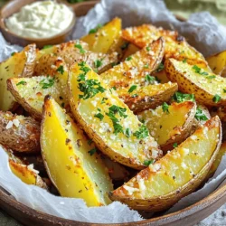 Für die perfekten Kartoffelspitzen brauchst du: - 4 mittelgroße Russet-Kartoffeln, gründlich gewaschen und in Spalten geschnitten - 3 Esslöffel Olivenöl - 4 Knoblauchzehen, fein gehackt - ½ Tasse geriebener Parmesan-Käse Diese Zutaten geben den Kartoffelspitzen den richtigen Biss und Geschmack. Die Russet-Kartoffeln sind ideal, weil sie eine gute Textur haben. Die Gewürze machen den Unterschied. Du benötigst: - 1 Teelöffel Paprika - ½ Teelöffel getrockneter Oregano - ½ Teelöffel Salz - ¼ Teelöffel schwarzer Pfeffer Diese Kombination bringt viel Aroma. Paprika gibt Farbe und einen milden Geschmack. Oregano fügt Frische hinzu. Das Salz und der Pfeffer runden alles ab. Garnierungen sind wichtig für die Präsentation. Verwende: - Frische Petersilie, gehackt Die frische Petersilie sieht nicht nur gut aus, sie bringt auch einen frischen Geschmack. Streue sie über die heißen Kartoffeln, um die Aromen zu verstärken und die Gäste zu beeindrucken. Zuerst nehme ich die Kartoffeln. Ich wasche sie gründlich. Dann schneide ich die Russet-Kartoffeln in gleichmäßige Spalten. So garen sie gleichmäßig. Ich lege die geschnittenen Wedges in kaltes Wasser. Das hilft, die Stärke zu entfernen. Ich lasse sie mindestens 30 Minuten einweichen. Danach lasse ich sie gut abtropfen und tupfe sie trocken. So werden sie extra knusprig. In einer großen Schüssel gebe ich das Olivenöl. Dann füge ich den fein gehackten Knoblauch hinzu. Paprika, Oregano, Salz und Pfeffer kommen auch in die Schüssel. Ich rühre alles gut um. So entsteht eine leckere Marinade. Nun gebe ich die Kartoffelspitzen in die Schüssel. Ich werfe sie in der Marinade, bis sie gleichmäßig bedeckt sind. Jetzt heize ich die Heißluftfritteuse auf 200 °C vor. Das dauert etwa 5 Minuten. Ich ordne die gewürzten Kartoffelspitzen in kleinen Portionen im Korb an. Wichtig: Den Korb nicht überfüllen! So bleiben die Wedges knusprig. Ich frittiere sie für 15 bis 20 Minuten. In der Mitte der Garzeit schüttle ich den Korb. So garen sie gleichmäßig und werden goldbraun. Nach dem Garen nehme ich die Kartoffelspitzen heraus. Während sie noch heiß sind, bestreue ich sie mit geriebenem Parmesan. Der Käse schmilzt leicht und haftet gut an den Wedges. Zum Servieren dekoriere ich die Kartoffeln mit frisch gehackter Petersilie. Ich serviere die Wedges in einer rustikalen Schale. Ein Dip wie Knoblauch-Aioli passt perfekt dazu! Um die Kartoffelspitzen wirklich knusprig zu machen, sollten Sie sie zuerst einweichen. Lassen Sie die geschnittenen Kartoffeln mindestens 30 Minuten in kaltem Wasser liegen. Das entfernt die Stärke. Nach dem Einweichen, trocknen Sie die Kartoffeln gut ab. Ein trockenes Finish hilft, die Knusprigkeit zu steigern. Verwenden Sie auch weniger Öl, um die Wedges leichter zu machen. Ein häufiger Fehler ist, die Heißluftfritteuse zu überfüllen. Wenn Sie zu viele Wedges auf einmal garen, können sie dampfen statt knusprig werden. Arbeiten Sie in kleinen Portionen. Auch das Schütteln des Korbs in der Mitte der Garzeit ist wichtig. So garen die Wedges gleichmäßig und werden goldbraun. Überprüfen Sie die Garzeit. Zu kurze Zeit kann zu weichen Wedges führen. Die Gewürze können leicht angepasst werden. Wenn Sie es schärfer mögen, fügen Sie etwas Cayennepfeffer hinzu. Für einen frischeren Geschmack, können Sie Zitronensaft verwenden. Experimentieren Sie mit verschiedenen Kräutern, wie Rosmarin oder Thymian. Diese geben den Wedges eine neue Note. Sie können auch verschiedene Käsesorten benutzen. Feta oder Cheddar sind gute Alternativen. {{image_4}} Wenn du eine glutenfreie oder vegane Variante der Kartoffelspitzen machen möchtest, ist das ganz einfach! Du kannst die Kartoffeln wie gewohnt vorbereiten. Verwende dann anstelle von Parmesan einen veganen Käse oder nutritional yeast. Diese Optionen sind oft glutenfrei. Achte darauf, dass alle Gewürze und Zutaten, die du verwendest, ebenfalls glutenfrei sind. Du kannst mit verschiedenen Käsesorten spielen, um den Geschmack zu verändern. Cheddar gibt einen herzhaften Geschmack. Feta bringt eine salzige Note. Mozzarella sorgt für eine cremige Textur. Du kannst die Käsesorten mischen, um neue Aromen zu entdecken. Denke daran, die Menge anzupassen, damit die Wedges nicht zu schwer werden. Um den Geschmack deiner Kartoffelspitzen zu verbessern, kannst du zusätzliche Zutaten hinzufügen. Probier zum Beispiel frische Kräuter wie Rosmarin oder Thymian. Diese geben einen frischen und duftenden Geschmack. Du kannst auch Chili-Flocken für etwas Schärfe einfügen. Eine Prise Zitronensaft kurz vor dem Servieren kann die Aromen aufhellen. Experimentiere mit verschiedenen Kombinationen, um deine perfekte Mischung zu finden! Um die übrig gebliebenen Kartoffelspitzen frisch zu halten, lege sie in einen luftdichten Behälter. Du kannst auch ein Papiertuch in den Behälter legen, um Feuchtigkeit zu absorbieren. So bleiben sie knuspriger. Bewahre die Kartoffeln bei Raumtemperatur auf, wenn du sie am selben Tag essen willst. Ansonsten leg sie in den Kühlschrank. Wenn du die Kartoffelspitzen aufwärmen möchtest, benutze die Heißluftfritteuse. Stelle sie auf 180 °C (350 °F) ein und erwärme sie für etwa 5-7 Minuten. So werden sie wieder knusprig. Du kannst auch eine Pfanne verwenden. Erhitze etwas Öl und lege die Kartoffeln hinein. Brate sie, bis sie warm sind und die Außenseite wieder knusprig wird. Im Kühlschrank sind die Kartoffelspitzen etwa 3-4 Tage haltbar. Stelle sicher, dass sie gut verpackt sind. Wenn du sie länger aufbewahren möchtest, kannst du sie einfrieren. Lege sie in einen gefrierfesten Behälter oder Beutel. So bleiben sie bis zu 2 Monate frisch. Achte darauf, die Kartoffeln gut abzukühlen, bevor du sie einfrierst. Die Kartoffelspitzen sollten 15 bis 20 Minuten in der Heißluftfritteuse garen. Ich empfehle, nach 10 Minuten den Korb zu schütteln. So garen sie gleichmäßig und werden schön knusprig. Achten Sie darauf, die Wedges nicht zu überladen, damit die heiße Luft gut zirkulieren kann. Ja, Sie können die Kartoffelspitzen auch im Ofen zubereiten. Heizen Sie den Ofen auf 220 °C vor. Legen Sie die Wedges auf ein Backblech und backen Sie sie 25 bis 30 Minuten. Wenden Sie sie nach der Hälfte der Zeit, um eine gleichmäßige Bräunung zu erreichen. Zu den Kartoffelspitzen passen viele leckere Dips. Ich empfehle Knoblauch-Aioli oder einen scharfen Ketchup. Auch Sour Cream mit frischen Kräutern ist eine tolle Wahl. Experimentieren Sie mit verschiedenen Dips, um Ihren Favoriten zu finden! Die Vorbereitung von Kartoffelspitzen ist einfach und macht Spaß. Du hast gelernt, welche Zutaten du benötigst und wie du sie zubereitest. Die richtigen Gewürze machen den Unterschied. Mit praktischen Tipps hast du jetzt das nötige Wissen, um Fehler zu vermeiden und die perfekte Konsistenz zu erreichen. Ob du glutenfreie oder vegane Varianten magst, der Genuss bleibt gleich. Denk daran, wie du die Reste lagerst, um sie frisch zu halten. Genieße die tollen Wedges, die du selbst zubereiten kannst!