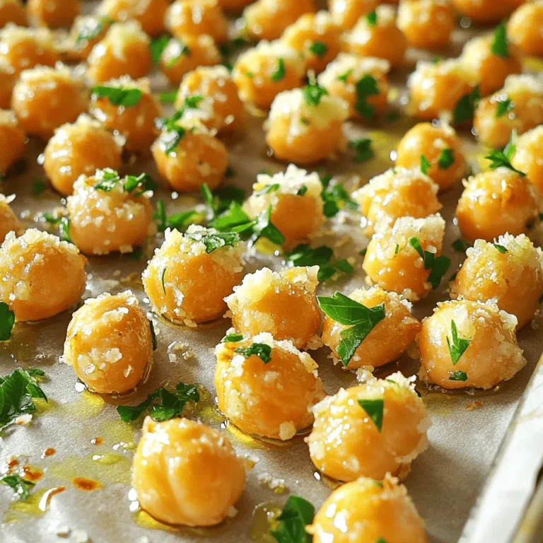 Für die Kichererbsen brauche ich folgende Hauptzutaten: - 1 Dose (15 oz) Kichererbsen, abgetropft und abgespült - 2 Esslöffel Olivenöl - 4 Knoblauchzehen, fein gehackt Die Kichererbsen sind die Basis. Sie sind nahrhaft und gut für die Gesundheit. Olivenöl bringt Geschmack und hilft beim Rösten. Der Knoblauch gibt den Kichererbsen einen tollen Duft und Geschmack. Um den perfekten Geschmack zu erzielen, füge ich einige Gewürze hinzu: - 1 Teelöffel italienische Gewürzmischung - 1/2 Teelöffel Paprika - 1/4 Teelöffel Cayennepfeffer (optional, für Schärfe) - Salz nach Geschmack Die italienische Gewürzmischung bringt viele Aromen zusammen. Paprika gibt eine süße Note und Farbe. Cayennepfeffer sorgt für einen kleinen Kick, wenn du etwas Schärfe magst. Salz hebt alle Geschmäcker hervor. Zum Schluss garniere ich die Kichererbsen mit: - 1/4 Tasse geriebener Parmesan - Frische Petersilie, gehackt (zur Garnierung) Der Parmesan schmilzt leicht auf den heißen Kichererbsen und gibt einen herrlichen Käsegeschmack. Die frische Petersilie sorgt für einen schönen Farbkontrast und frische Aromen. Du kannst die Kichererbsen auch ohne Käse zubereiten, wenn du es vegan magst. Heizen Sie Ihren Ofen auf 200 °C (400 °F) vor. Dies sorgt für eine perfekte Röstaroma. Während der Ofen arbeitet, legen Sie ein Backblech mit Backpapier aus. Das Backpapier macht die Reinigung leicht. Es hilft auch, dass die Kichererbsen nicht anbrennen. Öffnen Sie eine Dose Kichererbsen (15 oz) und spülen Sie sie gut ab. Tupfen Sie die Kichererbsen mit einem sauberen Tuch trocken. Trockenheit bedeutet Knusprigkeit. In einer Schüssel vermengen Sie die Kichererbsen mit 2 Esslöffeln Olivenöl. Fügen Sie 4 fein gehackte Knoblauchzehen, 1 Teelöffel italienische Gewürzmischung, 1/2 Teelöffel Paprika, und 1/4 Teelöffel Cayennepfeffer hinzu. Würzen Sie nach Geschmack mit Salz. Mischen Sie alles gut, bis die Kichererbsen gleichmäßig überzogen sind. Verteilen Sie die gewürzten Kichererbsen gleichmäßig auf dem Backblech. Achten Sie darauf, dass sie genug Platz haben. So kann die Luft zirkulieren. Rösten Sie die Kichererbsen 25-30 Minuten im Ofen. Schütteln Sie das Blech zur Mitte der Garzeit. So werden sie gleichmäßig braun. Behalten Sie sie im Auge, um ein Verbrennen zu vermeiden. Wenn die Kichererbsen fertig sind, nehmen Sie das Blech heraus. Streuen Sie sofort 1/4 Tasse geriebenen Parmesan über die heißen Kichererbsen. Mischen Sie vorsichtig, damit der Käse bleibt. Lassen Sie sie 5 Minuten abkühlen. Dies hilft ihnen, noch knuspriger zu werden. Garnieren Sie mit frischer, gehackter Petersilie vor dem Servieren. Um Kichererbsen knuspriger zu machen, sind einige Schritte wichtig. Zuerst müssen Sie die Kichererbsen gut abtropfen lassen. Ein sauberes Tuch hilft, überschüssige Feuchtigkeit zu entfernen. Je trockener die Kichererbsen sind, desto besser wird das Ergebnis. Verteilen Sie die Kichererbsen gleichmäßig auf dem Blech. Achten Sie darauf, dass sie sich nicht berühren. Dadurch kann die Luft zirkulieren und sie werden gleichmäßig knusprig. Die richtige Trocknung ist entscheidend. Nach dem Abspülen sollten Sie die Kichererbsen auf ein Küchentuch legen. Tupfen Sie sie vorsichtig trocken. Sie können auch die Kichererbsen für 30 Minuten bei niedriger Hitze im Ofen trocknen. Dies entfernt die letzte Feuchtigkeit. Wenn Sie Zeit haben, lassen Sie sie einfach an der Luft trocknen. So sind sie bereit für das Rösten. Die Ofentemperatur ist wichtig für knusprige Kichererbsen. 200°C (400°F) ist ideal. Überwachen Sie die Kichererbsen während des Garens. Schütteln Sie das Blech nach 15 Minuten, um eine gleichmäßige Bräunung zu erzielen. Die Garzeit variiert je nach Ofen. Beginnen Sie mit 25 Minuten und prüfen Sie regelmäßig. Wenn sie goldbraun und knusprig sind, sind sie fertig. Denken Sie daran, dass sie beim Abkühlen noch knuspriger werden. {{image_4}} Es gibt viele tolle Gewürze, die Sie für Kichererbsen nutzen können. Zum Beispiel, probieren Sie Curry-Pulver für einen würzigen Kick. Oder verwenden Sie Kreuzkümmel für einen erdigen Geschmack. Für einen frischen Touch, fügen Sie Zitronenschale hinzu. Manchmal mag ich es, etwas Zimt für eine süße Note hinzuzufügen. Experimentieren Sie mit dem, was Sie haben! Wenn Sie kein Parmesan mögen, gibt es viele Alternativen. Feta ist eine gute Wahl und bringt einen salzigen, cremigen Geschmack. Veganer können Hefeflocken verwenden, um einen käsigen Geschmack zu erhalten. Auch Cashewkäse ist lecker und cremig. Diese Optionen geben den Kichererbsen eine neue Note. Kichererbsen sind von Natur aus vegetarisch und vegan. Um das Rezept anzupassen, lassen Sie einfach den Käse weg. Verwenden Sie stattdessen Gewürze wie Räuchersalz für mehr Tiefe. Sie können auch geröstete Nüsse oder Samen hinzufügen. Diese geben einen nussigen Crunch und sind eine gesunde Ergänzung. So bleibt Ihr Snack köstlich und nahrhaft! Wenn du Reste von deinen Kichererbsen hast, lass sie zuerst abkühlen. Danach lege sie in einen luftdichten Behälter. So bleiben sie frisch. Du kannst sie bis zu drei Tage im Kühlschrank aufbewahren. Vermeide es, sie in einer offenen Schüssel zu lassen, da sie weich werden können. Wenn du die Kichererbsen wieder aufwärmen möchtest, nutze den Ofen. Heize ihn auf 180°C vor. Lege die Kichererbsen auf ein Backblech. Röste sie für etwa 10 Minuten. So werden sie wieder knusprig. Du kannst auch eine Pfanne nutzen, aber achte darauf, sie nicht zu lange zu erhitzen. Geröstete Kichererbsen halten sich gut, wenn sie richtig gelagert werden. Lagere sie in einem luftdichten Behälter. Feuchtigkeit ist der Feind der Knusprigkeit. Wenn du sie länger aufbewahren willst, friere sie ein. Das hilft, sie knusprig zu halten. Stelle sicher, dass sie vor dem Einfrieren gut abgekühlt sind. Geröstete Kichererbsen halten sich gut. Sie bleiben etwa 3 bis 4 Tage knusprig, wenn Sie sie richtig lagern. Bewahren Sie sie in einem luftdichten Behälter auf. So bleibt die Frische länger erhalten. Wenn die Kichererbsen weich werden, können Sie sie im Ofen oder Air Fryer kurz aufwärmen. Das macht sie wieder knusprig. Ja, Sie können Kichererbsen im Air Fryer zubereiten. Die Zubereitung ist schnell und einfach. Stellen Sie den Air Fryer auf 200°C ein. Rösten Sie die Kichererbsen für etwa 15 bis 20 Minuten. Schütteln Sie den Korb nach der Hälfte der Zeit. So bräunen die Kichererbsen gleichmäßig und werden schön knusprig. Diese Methode spart Zeit und gibt Ihnen eine tolle Textur. Zu gerösteten Kichererbsen passen viele Beilagen. Sie sind ein toller Snack oder eine gesunde Beilage. Servieren Sie sie mit einem Dip wie Hummus oder Joghurt. Sie können auch einen Salat damit aufpeppen. Kichererbsen bringen einen tollen Crunch in jedes Gericht. Experimentieren Sie mit verschiedenen Kombinationen, um Ihre perfekten Geschmäcker zu finden. Kichererbsen sind vielseitig und lecker. Sie sind einfach zuzubereiten und perfekt zum Snacken. Wir haben die besten Zutaten, Tipps und Varianten besprochen. Mit den richtigen Techniken kannst du knusprige Kichererbsen zaubern. Lagerungshinweise helfen dir, die Frische zu bewahren. Experimentiere mit Gewürzen und Anpassungen, um deinen eigenen Geschmack zu finden. Kichererbsen sind ein gesunder Genuss, den du lieben wirst. Probiere es aus und entdecke die Möglichkeiten!