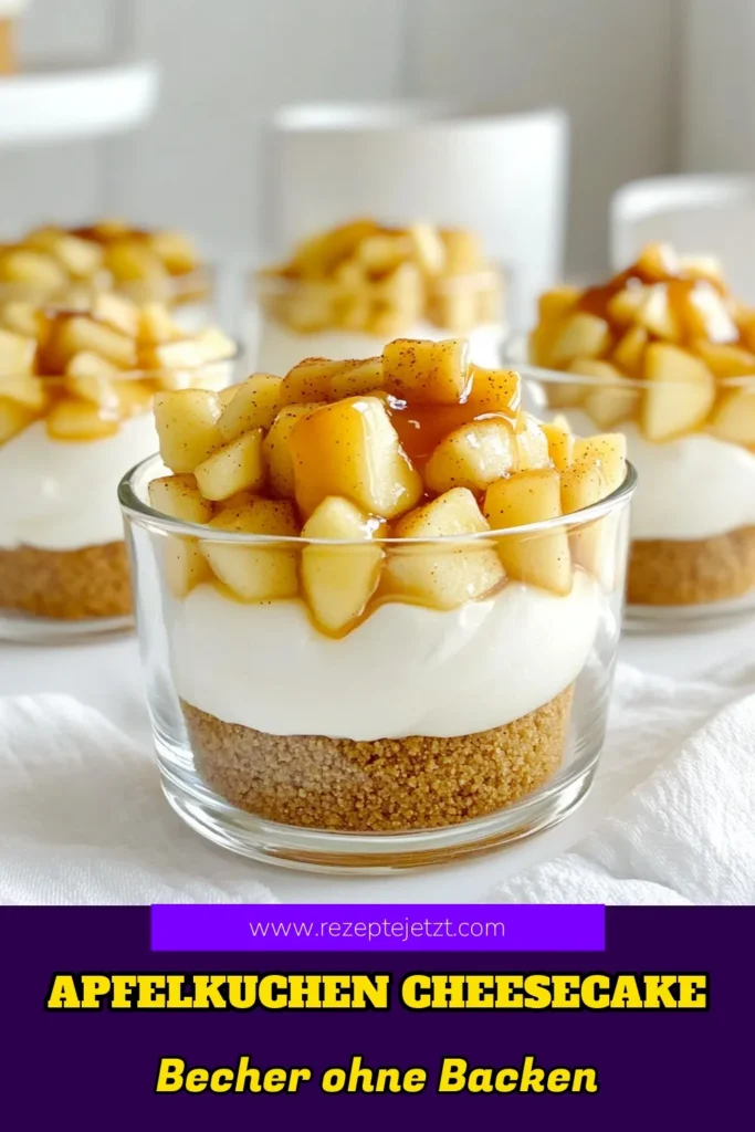 Entdecken Sie das perfekte Dessert mit diesen köstlichen No-Bake Apple Pie Cheesecake Cups! Diese einfachen, schichtenweise zubereiteten Becher vereinen die Aromen von frischen Äpfeln und cremigem Frischkäse – ganz ohne Backofen! Ideal für jede Gelegenheit, lassen Sie sich von dieser süßen Versuchung verführen. Klicken Sie jetzt, um das vollständige Rezept zu erkunden und Ihre Gäste zu beeindrucken! #NoBakeDessert #AppleCheesecake #SweetTreats #EasyRecipes
