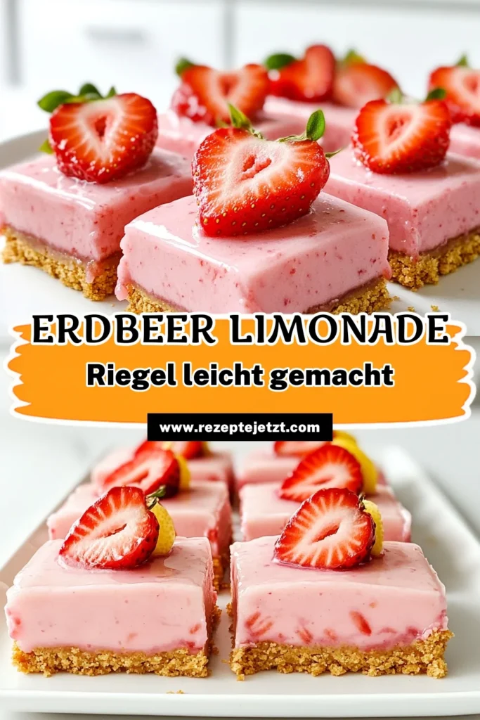 Entdecke das erfrischende Rezept für No Bake Erdbeer-Limonade Riegel! Diese köstlichen Riegel sind einfach zuzubereiten und perfekt für heiße Sommertage. Mit frischen Erdbeeren und spritzigem Zitronensaft sind sie eine wahre Gaumenfreude. Folge unserer Schritt-für-Schritt-Anleitung und verwandle deine Küche in ein Paradies für Naschkatzen. Klicke jetzt, um das vollständige Rezept auszuprobieren! #ErdbeerRiegel #NoBake #Süßigkeiten #Sommerrezepte