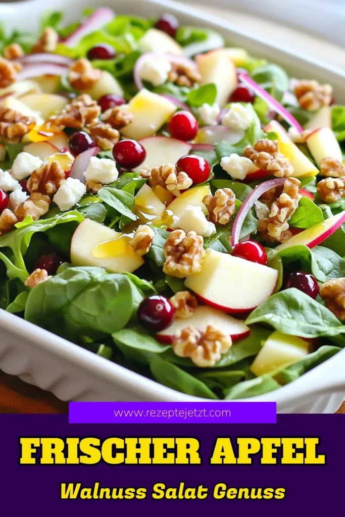 Entdecke das Rezept für einen köstlichen Apfel-Preiselbeeren-Walnuss-Salat, der perfekt für jede Gelegenheit ist! Mit frischem Blattgemüse, knackigen Äpfeln, süßen Preiselbeeren und gerösteten Walnüssen zauberst du in nur 15 Minuten eine gesunde und leckere Mahlzeit. Lass dich von der Kombination aus Aromen und Texturen begeistern und probiere es aus! Klicke jetzt für das komplette Rezept! #Salat #GesundeRezepte #ApfelSalat #Herbstgerichte