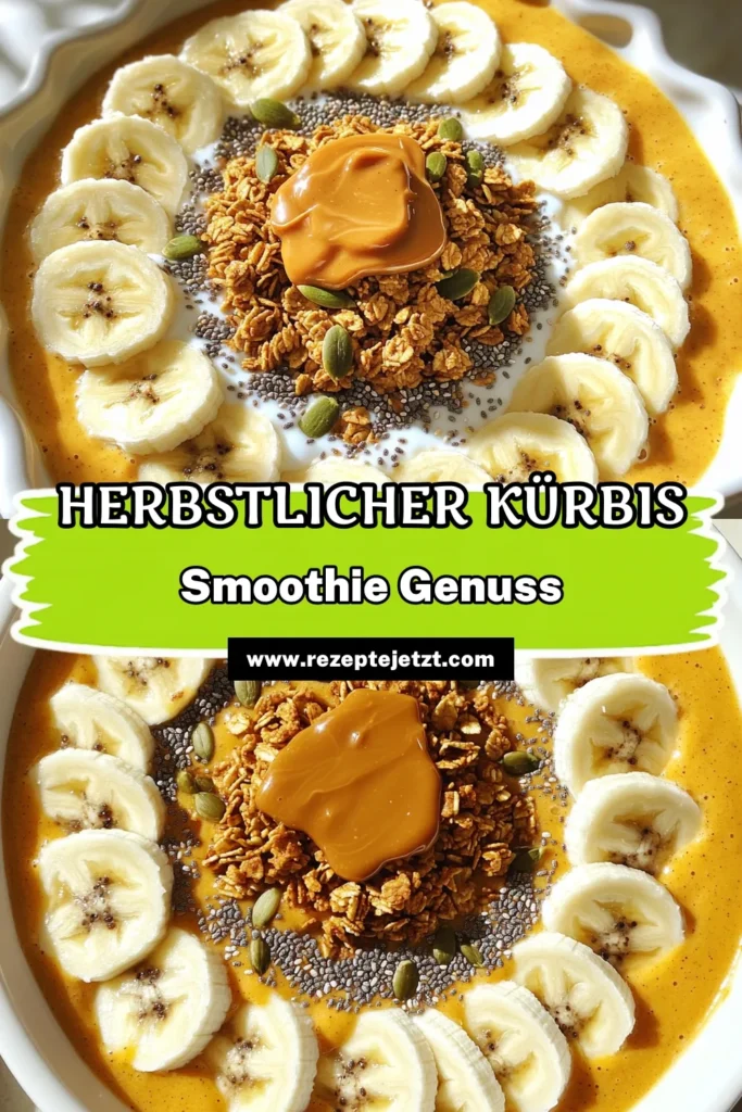 Entdecke die perfekte Kürbisgewürz Bliss Smoothie Schüssel für den Herbst! In nur 10 Minuten zauberst du einen cremigen Genuss aus Kürbispüree, gefrorener Banane und griechischem Joghurt – ideal für ein gesundes Frühstück oder einen Snack. Mit tollen Toppings wird deine Schüssel zum Hingucker! Klick jetzt durch und entdecke das Rezept und mehr tolle Ideen! #Kürbisgewürz #SmoothieSchüssel #Herbstrezepte #GesundeErnährung