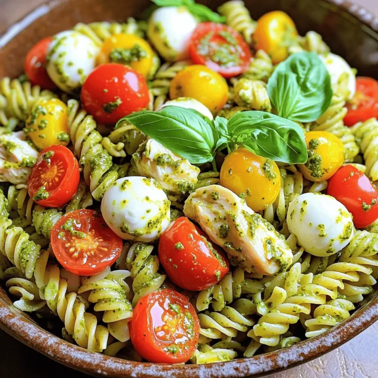 Für unser köstliches Pesto Chicken Caprese Pasta Gericht benötigen wir einige einfache Hauptzutaten: - 2 Hühnerbrustfilets, gewürfelt - 2 Tassen Rotini-Nudeln - 1 Tasse Kirschtomaten, halbiert - 1 Tasse Mozzarellakugeln, halbiert - 1 Tasse frischer Basilikumpesto - 3 Knoblauchzehen, fein gehackt Diese Zutaten sind leicht zu finden und sorgen für viel Geschmack. Die Kombination aus Hähnchen, Pesto und frischen Tomaten ist einfach unwiderstehlich. Um das Gericht perfekt abzurunden, brauchen wir einige Gewürze und Öle: - 2 Esslöffel Olivenöl - Salz und Pfeffer nach Geschmack Olivenöl gibt dem Gericht einen reichen Geschmack. Salz und Pfeffer helfen, die Aromen zu betonen. Diese Gewürze sind einfach, aber sehr wichtig. Frische Zutaten machen einen großen Unterschied! Ich empfehle, frische Kirschtomaten und Basilikum zu verwenden. - Wählen Sie reife, saftige Kirschtomaten. - Achten Sie auf einen kräftigen, duftenden Basilikum. Diese frischen Zutaten bringen Farbe und Geschmack in Ihr Gericht. Sie machen die Pesto Chicken Caprese Pasta zu einem echten Genuss! Kochen Sie zuerst die Rotini-Nudeln. Bringen Sie einen großen Topf mit gesalzenem Wasser zum Kochen. Kochen Sie die Nudeln gemäß der Packungsanweisung, bis sie al dente sind. Das dauert etwa 8 bis 10 Minuten. Danach gießen Sie die Nudeln ab, aber sparen Sie etwas Nudelwasser für später. Stellen Sie die Nudeln beiseite. Erhitzen Sie zwei Esslöffel Olivenöl in einer großen Pfanne bei mittlerer Hitze. Fügen Sie drei fein gehackte Knoblauchzehen hinzu. Sautieren Sie den Knoblauch etwa eine Minute lang, bis er duftet. Geben Sie die gewürfelten Hühnerbrustfilets in die Pfanne. Würzen Sie das Hähnchen mit Salz und Pfeffer. Braten Sie das Hähnchen für 6 bis 8 Minuten, bis es durchgegart und goldbraun ist. Sobald das Hähnchen gar ist, fügen Sie eine Tasse halbierte Kirschtomaten hinzu. Sautieren Sie diese Mischung für weitere 2 bis 3 Minuten, bis die Tomaten weich werden. Senken Sie die Hitze auf niedrig. Rühren Sie eine Tasse frischen Basilikumpesto unter. Wenn die Mischung zu dick ist, fügen Sie einen Spritzer des aufbewahrten Nudelwassers hinzu. Das macht die Sauce schön cremig. Jetzt ist es Zeit, die gekochten Nudeln hinzuzufügen. Werfen Sie die Nudeln vorsichtig mit der Hähnchen-Pesto-Mischung. Achten Sie darauf, dass alles gut vermischt ist. Fügen Sie eine Tasse halbierte Mozzarellakugeln hinzu. Lassen Sie die Mozzarella leicht schmelzen, während Sie alles sanft vermengen. Probieren Sie das Gericht und passen Sie die Würze nach Ihrem Geschmack an. Um die Sauce perfekt zu machen, achte darauf, die Pasta nicht zu lange zu kochen. Sie sollte al dente sein. Wenn die Pesto-Mischung zu dick ist, füge einen Spritzer Nudelwasser hinzu. Das Wasser gibt der Sauce eine schöne, cremige Konsistenz. So bleibt das Gericht leicht und frisch. Frische Kräuter bringen mehr Geschmack. Ich empfehle, frischen Basilikum zu verwenden. Die Aromen sind intensiver als getrocknete Kräuter. Du kannst die Blätter auch direkt vor dem Servieren hinzufügen. So bleibt der Geschmack frisch und lebendig. Effizientes Kochen spart Zeit. Koche die Nudeln zuerst, während du das Hähnchen anbrätst. So geht alles schneller. Halte alle Zutaten bereit, bevor du anfängst. Das macht den Kochprozess flüssiger. Wenn du die Schritte gut planst, ist die Pasta in weniger als 30 Minuten fertig! {{image_4}} Wenn Sie eine vegetarische Variante möchten, probieren Sie Tofu. Tofu hat eine tolle Textur und nimmt die Aromen gut auf. Schneiden Sie den Tofu in Würfel und braten Sie ihn in Olivenöl, bis er goldbraun ist. Fügen Sie dann die Kirschtomaten und den Pesto hinzu. So bleibt das Gericht lecker und gesund. Für eine glutenfreie Version wählen Sie glutenfreie Nudeln. Diese gibt es aus Reis, Mais oder Linsen. Kochen Sie die glutenfreien Nudeln nach Packungsanleitung. Sie schmecken genauso gut und sind eine tolle Alternative. Fügen Sie weitere Gemüsesorten hinzu, um das Gericht bunter zu machen. Zucchini, Paprika oder Spinat passen gut. Braten Sie das Gemüse zusammen mit dem Hähnchen oder dem Tofu an. So wird die Pesto Chicken Caprese Pasta noch gesünder und schmackhafter. Um die Reste Ihrer Pesto Chicken Caprese Pasta optimal zu lagern, sollten Sie sie in einem luftdichten Behälter aufbewahren. Lassen Sie die Pasta vor dem Lagern auf Raumtemperatur abkühlen. So vermeiden Sie Kondensation, die die Textur beeinträchtigen kann. Lagern Sie die Reste im Kühlschrank, wo sie bis zu drei Tage frisch bleiben. Wenn Sie die Pasta aufwärmen, nutzen Sie eine Pfanne oder die Mikrowelle. Für die Pfanne, geben Sie etwas Olivenöl hinzu und erhitzen Sie die Pasta bei mittlerer Hitze. Fügen Sie etwas Wasser oder Brühe hinzu, um die Sauce wieder cremig zu machen. In der Mikrowelle, verwenden Sie eine abgedeckte Schüssel. Erwärmen Sie die Pasta in 30-Sekunden-Intervallen und rühren Sie zwischendurch um. Im Kühlschrank hält sich die Pasta drei Tage. Wenn Sie sie länger aufbewahren möchten, können Sie die Pasta im Gefrierschrank lagern. Verwenden Sie einen gefrierfesten Behälter und stellen Sie sicher, dass sie gut verschlossen ist. So bleibt die Pasta bis zu drei Monate haltbar. Beim Auftauen, lassen Sie die Pasta über Nacht im Kühlschrank auftauen, bevor Sie sie aufwärmen. Ja, du kannst fertiges Pesto verwenden. Es spart Zeit und ist einfach. Achte darauf, dass es frisch und von guter Qualität ist. Fertiges Pesto hat oft einen starken Geschmack. Daher kann es den Geschmack deines Gerichts beeinflussen. Probiere verschiedene Marken aus, um deinen Favoriten zu finden. Die Schärfe kannst du leicht anpassen. Füge weniger Knoblauch hinzu, wenn du es milder magst. Alternativ kannst du auch weniger Pesto verwenden. Wenn du es würziger magst, füge mehr Knoblauch oder etwas Chili hinzu. Ein Spritzer Zitronensaft kann ebenfalls helfen, den Geschmack zu verbessern. Zu Pesto Chicken Caprese Pasta passen viele Beilagen gut. Ein einfacher grüner Salat ist eine gute Wahl. Gegrilltes Gemüse ergänzt die Pasta perfekt. Auch frisches Brot kann eine tolle Ergänzung sein. Denk daran, dass die Beilage leicht sein sollte, um den Geschmack der Pasta nicht zu überdecken. Pesto Chicken Caprese Pasta ist einfach zuzubereiten. Wir haben die Zutaten durchgesehen, die wichtigsten Schritte beschrieben und Tipps gegeben. Auch Variationen wie vegetarische Optionen sind möglich. Reste lassen sich wunderbar lagern und aufwärmen. Denke daran, das Gericht nach deinem Geschmack anzupassen. Probiere verschiedene Beilagen, um den Geschmack zu verbessern. Diese Pasta macht Freude beim Kochen und Essen. Lass deiner Kreativität freien Lauf und genieße jedes Gericht!