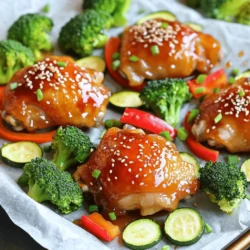 Für diesen leckeren Blech-Pfanne Honig-Sriracha-Hühnchen benötigen wir: - 680 g Hähnchenschenkel, entbeint und ohne Haut - 2 Esslöffel Honig - 2 Esslöffel Sriracha-Sauce - 1 Esslöffel Sojasauce - 1 Esslöffel Olivenöl Diese Zutaten bilden die Basis für einen tollen Geschmack. Die Hähnchenschenkel sind saftig und perfekt für das Backen. Um das Hühnchen noch besser zu machen, fügen wir einige Gewürze hinzu: - 1 Teelöffel Knoblauchpulver - 1 Teelöffel gemahlener Ingwer - 1 Teelöffel Sesamöl - Salz und Pfeffer nach Geschmack Diese Gewürze geben dem Hühnchen ein tolles Aroma. Die Marinade aus Honig, Sriracha und Sojasauce sorgt für eine süß-scharfe Note, die einfach unwiderstehlich ist. Für das Gemüse wählen wir: - 1 rote Paprika, in Scheiben geschnitten - 1 Zucchini, in Scheiben geschnitten - 1 Tasse Brokkoliblüten Das Gemüse bringt Frische und Farbe. Bevor wir es verwenden, sollten wir es mit etwas Olivenöl, Salz und Pfeffer vermengen. So schmeckt es noch besser und passt perfekt zu unserem Hühnchen. Heize deinen Ofen auf 220°C vor. Dies sorgt dafür, dass das Hähnchen knusprig wird. Bereite ein großes Backblech vor, indem du es mit Backpapier auslegst. So bleibt die Reinigung einfach und schnell. Nimm eine große Schüssel und vermische folgende Zutaten: - 2 Esslöffel Honig - 2 Esslöffel Sriracha-Sauce - 1 Esslöffel Sojasauce - 1 Esslöffel Olivenöl - 1 Teelöffel Knoblauchpulver - 1 Teelöffel gemahlener Ingwer - 1 Teelöffel Sesamöl Gib die Hähnchenschenkel in die Schüssel und wende sie gut. Lasse das Hähnchen mindestens 15 Minuten marinieren. So ziehen die Aromen gut ein. Während das Hähnchen mariniert, kannst du das Gemüse vorbereiten. Nimm eine separate Schüssel und füge hinzu: - 1 rote Paprika, in Scheiben geschnitten - 1 Zucchini, in Scheiben geschnitten - 1 Tasse Brokkoliblüten Mische das Gemüse mit etwas Olivenöl, Salz und Pfeffer. Achte darauf, dass es gut bedeckt ist. Lege die marinierten Hähnchenschenkel in die Mitte des Backblechs. Ordne das Gemüse schön um das Hähnchen an. Schiebe das Backblech in den vorgeheizten Ofen. Backe das Gericht etwa 25-30 Minuten lang. Die Innentemperatur des Hähnchens sollte 75°C erreichen. Das Gemüse wird zart und lecker. Für zusätzlichen Geschmack kannst du das Blech nach dem Backen 2-3 Minuten unter den Grill stellen. Achte darauf, es nicht zu verbrennen. Nehme das Blech aus dem Ofen, lasse es kurz abkühlen und garniere es mit Sesamkörnern und gehackten Frühlingszwiebeln. Jetzt ist dein Gericht bereit zum Servieren! Um das Hühnchen perfekt zu marinieren, beginne mit der Auswahl hochwertiger Zutaten. Ich empfehle dir, frischen Honig und Sriracha zu verwenden. Mische die Marinade gründlich. Achte darauf, das Hühnchen mindestens 15 Minuten einziehen zu lassen. Diese Zeit reicht, um die Aromen wirklich in das Fleisch zu bringen. Wenn du mehr Zeit hast, lasse das Hühnchen über Nacht im Kühlschrank marinieren. So wird das Fleisch noch zarter und aromatischer. Die Backzeit ist entscheidend für den perfekten Genuss. Stelle sicher, dass dein Ofen richtig vorgeheizt ist. Backe das Hühnchen für etwa 25 bis 30 Minuten. Nutze ein Fleischthermometer, um die Innentemperatur zu überprüfen. Das Hühnchen sollte mindestens 75°C erreichen. Wenn das Gemüse noch fest ist, verlängere die Backzeit um einige Minuten. Achte dabei darauf, das Gemüse nicht zu überbacken, damit es knackig bleibt. Die Garnierung macht das Gericht noch ansprechender. Verwende frische Sesamkörner, um einen nussigen Geschmack hinzuzufügen. Gehackte Frühlingszwiebeln sorgen für einen frischen Kick. Du kannst auch etwas frischen Koriander oder Petersilie darüber streuen. Diese Kräuter bringen Farbe und Geschmack. Sei kreativ mit deiner Garnierung! {{image_4}} Für dieses Gericht können Sie viele verschiedene Gemüsesorten wählen. Zucchini, Paprika und Brokkoli sind klassisch, aber Sie können auch andere Sorten ausprobieren. Hier sind einige Ideen: - Karotten, in Scheiben geschnitten - Rosenkohl, halbiert - Süßkartoffeln, gewürfelt - Grüne Bohnen, ganz - Blumenkohl, in Röschen Jedes Gemüse bringt seinen eigenen Geschmack mit. So bleibt Ihr Gericht immer spannend und frisch. Die Marinade kann leicht angepasst werden. Wenn Sie den Geschmack variieren wollen, probieren Sie diese Alternativen: - Fügen Sie Limettensaft für mehr Frische hinzu. - Verwenden Sie Honig-Diätersatz, um den Zuckergehalt zu senken. - Ersetzen Sie Sriracha mit einer milden Chilisauce für weniger Schärfe. - Fügen Sie frische Kräuter wie Koriander oder Basilikum hinzu. Das Experimentieren mit der Marinade macht das Gericht einzigartig und ganz nach Ihrem Geschmack. Dieses Gericht passt gut zu vielen Beilagen. Hier sind einige Vorschläge: - Servieren Sie das Hühnchen und Gemüse mit Reis für einen sättigenden Teller. - Quinoa ist eine gesunde und leckere Alternative. - Ein frischer Salat kann die Aromen ausgleichen. - Tortillas oder Pita-Brot sind auch eine tolle Beilage. Diese Optionen machen Ihr Essen abwechslungsreich und ansprechend. Genießen Sie das Kochen und die Vielfalt! Um die Reste des Blech-Pfanne Honig-Sriracha-Hühnchens und Gemüses frisch zu halten, lege sie in einen luftdichten Behälter. Stelle sicher, dass das Hühnchen und das Gemüse gut abgekühlt sind, bevor du sie verpackst. So bleibt der Geschmack erhalten und das Essen bleibt sicher. Im Kühlschrank halten sich die Reste bis zu drei Tage. Wenn du mehr Portionen zubereitet hast, kannst du sie einfrieren. Teile das Hühnchen und das Gemüse in einzelne Portionen auf. Verwende gefriergeeignete Behälter oder Beutel, um Gefrierbrand zu vermeiden. Beschrifte die Beutel mit dem Datum. So behältst du den Überblick. Eingefroren bleibt das Gericht bis zu drei Monate lecker. Um das Gericht wieder aufzuwärmen, kannst du den Ofen oder die Mikrowelle verwenden. Für den Ofen heize ihn auf 180°C vor. Lege das Hühnchen und Gemüse auf ein Blech und backe es für etwa 10-15 Minuten. In der Mikrowelle erwärmst du es für 2-3 Minuten bei mittlerer Leistung. Um den Geschmack zu verstärken, füge etwas frische Sriracha oder einen Spritzer Honig hinzu. So bleibt das Gericht voller Aromen. Um das Hühnchen saftig zu halten, mariniere ich es mindestens 15 Minuten. Die Marinade aus Honig, Sriracha und Sojasauce hilft, die Feuchtigkeit zu bewahren. Ich empfehle auch, die Hähnchenschenkel bei 220°C zu backen. Dies sorgt dafür, dass das Fleisch schnell gart und nicht austrocknet. Am Ende kann ich das Blech kurz unter den Grill stellen. So bekomme ich eine schöne Kruste, ohne das Hühnchen zu übergaren. Ja, du kannst das Gemüse ganz nach deinem Geschmack variieren. Ich liebe es, rote Paprika, Zucchini und Brokkoli zu verwenden. Du könntest auch Karotten, grüne Bohnen oder Blumenkohl probieren. Achte darauf, dass das Gemüse in gleich große Stücke geschnitten ist. So garen sie gleichmäßig. Du kannst auch saisonales Gemüse verwenden, um die Frische zu steigern. Das Gericht bleibt im Kühlschrank etwa 3 bis 4 Tage frisch. Achte darauf, die Reste in einem luftdichten Behälter aufzubewahren. So bleiben die Aromen und die Feuchtigkeit erhalten. Wenn du das Gericht länger aufbewahren möchtest, kannst du es auch einfrieren. Dann hält es sich bis zu 3 Monate. Die Zutaten und die Schritt-für-Schritt-Anleitung helfen dir, ein köstliches Gericht zuzubereiten. Du kannst verschiedene Gewürze und Gemüse nutzen, um mehr Geschmack zu erzielen. Freue dich an den Tipps für das perfekte Marinieren und die Anpassung der Backzeiten. Dachte auch an die Variationen, um dein Gericht spannend zu halten. Zum Schluss schau dir die Lagerungshinweise an, so bleiben die Reste frisch. Experimentiere und genieße dein selbstgemachtes Essen!
