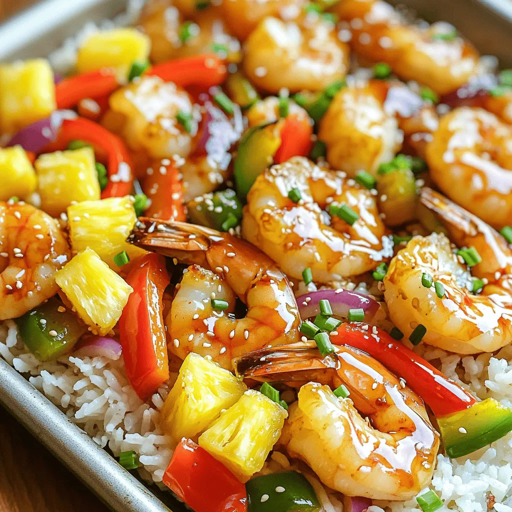 Für die perfekten Sheet-Pan Teriyaki Garnelen brauchst du einige frische Zutaten. Du benötigst: - 450 g große Garnelen, geschält und entdarmt - 240 g frische Ananas, gewürfelt - 1 rote Paprika, grob gehackt - 1 grüne Paprika, grob gehackt - 1 mittlere rote Zwiebel, in Ringe geschnitten Diese Zutaten bringen frische Aromen und eine schöne Farbe auf deinen Teller. Die Kombination aus Garnelen und Ananas ist ein echter Genuss. Um die Garnelen und das Gemüse zu marinieren, brauchst du einige wichtige Gewürze und Öl: - 60 ml Teriyaki-Sauce - 15 ml Olivenöl - 5 g Knoblauchpulver - 5 g gemahlener Ingwer - Eine Prise zerstoßene rote Pfefferflocken (optional) - Salz und Pfeffer nach Geschmack Die Marinade gibt dem Gericht einen tollen Geschmack. Der Ingwer und der Knoblauch bringen eine schöne Tiefe. Für die Beilage kannst du entweder gekochten Jasminreis oder Quinoa verwenden. Beide Optionen sind nahrhaft und lecker. Wenn du Quinoa wählst, erhältst du zusätzliches Protein. Reis ist weich und passt perfekt zu den Garnelen und dem Gemüse. Du kannst auch beides mischen, um etwas Abwechslung zu schaffen. Zuerst heize deinen Ofen auf 200 °C vor. Nimm eine große Schüssel. In diese Schüssel kommen die Garnelen, die gewürfelte Ananas, die rote und grüne Paprika sowie die Zwiebelringe. Jetzt gib das Olivenöl und die Teriyaki-Sauce dazu. Füge auch das Knoblauchpulver, den gemahlenen Ingwer, die zerstoßenen roten Pfefferflocken, Salz und Pfeffer hinzu. Mische alles gut. Achte darauf, dass die Garnelen und das Gemüse gleichmäßig mit der Sauce bedeckt sind. Verteile die Mischung auf einem großen Backblech. Achte darauf, dass alles gleichmäßig verteilt ist. Jetzt kommt das Blech in den vorgeheizten Ofen. Backe die Mischung für 12 bis 15 Minuten. Die Garnelen sollten rosa und durchgegart sein. Das Gemüse wird zart, aber knackig. Nimm das Blech aus dem Ofen und lasse es eine Minute abkühlen. Jetzt ist es Zeit zu servieren! Nimm eine Schüssel und lege eine Portion gekochten Jasminreis oder Quinoa hinein. Darauf kommt die Garnelen- und Gemüsemischung. Garniere das Gericht mit gehackten Frühlingszwiebeln und Sesam. Das gibt einen tollen Biss und extra Geschmack. So hast du eine leckere und bunte Bowl, die jeder lieben wird. Die Garzeit für Garnelen beträgt 12 bis 15 Minuten. Du erkennst, dass sie fertig sind, wenn sie rosa und fest werden. Gemüse braucht oft die gleiche Zeit, um zart zu sein. Stelle sicher, dass du die Mischung gleichmäßig auf dem Blech verteilst. So garen die Zutaten gleichmäßig. Wenn du die Garnelen und das Gemüse zu nah beieinander legst, garen sie nicht gut. Neben Knoblauchpulver und Ingwer kannst du auch Sojasauce hinzufügen. Das gibt einen tieferen Geschmack. Eine Prise Honig bringt etwas Süße. Wenn du es schärfer magst, probiere frischen Chili oder Sriracha. Diese Gewürze geben deinem Gericht mehr Tiefe und Vielfalt. Sei kreativ und finde deinen eigenen Geschmack. Frische Ananas ist der Schlüssel für einen tollen Geschmack. Wähle eine Ananas, die leicht druckbar und süß riecht. Schneide die Schale und das harte Innere ab. Würfle die Ananas in gleichmäßige Stücke. So vermischt sie sich gut mit den Garnelen und dem Gemüse. Wenn du keine frische Ananas hast, kannst du auch Dosenananas verwenden. Achte darauf, die Stücke gut abzutropfen, um das Gericht nicht zu wässern. {{image_4}} Für eine vegetarische oder vegane Variante kannst du die Garnelen durch Tofu ersetzen. Tofu ist reich an Protein und nimmt die Aromen der Teriyaki-Sauce gut auf. Schneide den Tofu in Würfel und mariniere ihn wie die Garnelen. Auch Kichererbsen sind eine tolle Option. Sie bringen einen schönen Biss und viel Geschmack. Füge mehr Gemüse wie Brokkoli oder Zucchini hinzu, um die Schüssel bunt und nährstoffreich zu machen. Wenn du es schärfer magst, füge mehr zerstoßene rote Pfefferflocken hinzu. Du kannst auch frische Chili oder Sriracha verwenden. Diese bringen nicht nur Schärfe, sondern auch eine interessante Geschmackstiefe. Ein Spritzer Limettensaft kurz vor dem Servieren kann die Schärfe ausgleichen und das Gericht aufhellen. Probiere es aus, um den perfekten Kick zu finden. Nutze saisonales Gemüse für mehr Frische und Geschmack. Im Frühling sind Spargel und Erbsen perfekt. Im Sommer sind Zucchini und Kirschtomaten eine tolle Wahl. Im Herbst kannst du Kürbis oder Süßkartoffeln verwenden. Diese Optionen bringen nicht nur Farbe, sondern auch Nährstoffe in deine Schüssel. Experimentiere mit verschiedenen Gemüsesorten, um deine Lieblingskombination zu finden. Nach dem Genuss der Teriyaki-Garnelen möchtest du sicher die Reste gut aufbewahren. Du solltest sie in einem luftdichten Behälter lagern. Achte darauf, dass die Garnelen und das Gemüse gut abgekühlt sind, bevor du sie einpackst. So bleibt der Geschmack frisch. Stelle den Behälter in den Kühlschrank. Vermeide direkte Sonne oder Wärmequellen. Um die Reste aufzuwärmen, gibt es einen einfachen Weg. Du kannst die Garnelen in einer Pfanne bei mittlerer Hitze leicht anbraten. Füge etwas Wasser oder Brühe hinzu, damit sie nicht trocken werden. Alternativ kannst du die Reste auch in der Mikrowelle aufwärmen. Stelle die Mikrowelle auf mittlere Leistung und erwärme sie in kurzen Intervallen. Überprüfe oft, damit die Garnelen nicht überkochen. Die Teriyaki-Garnelen halten sich im Kühlschrank etwa 2 bis 3 Tage. Wenn du sie länger aufbewahren möchtest, friere sie ein. Im Gefrierfach bleiben sie bis zu 3 Monate frisch. Verpacke die Garnelen in einem gefrierfesten Behälter. Vergiss nicht, das Datum auf den Behälter zu schreiben. So behältst du den Überblick über die Haltbarkeit. Die Zubereitung der Garnelen dauert etwa 10 Minuten. Das Backen im Ofen benötigt weitere 12 bis 15 Minuten. In kurzer Zeit kannst du eine leckere Mahlzeit genießen. Die Garnelen sind fertig, wenn sie rosa und durchgegart sind. Ja, du kannst andere Proteine nutzen. Hühnchen, Tofu oder Fisch sind gute Alternativen. Achte darauf, die Garzeit anzupassen. Tofu braucht weniger Zeit, während Hühnchen länger braucht. Experimentiere mit deinem Lieblingsprotein für neue Geschmäcker. Du kannst die Teriyaki-Sauce selbst machen oder kaufen. Eine gekaufte Sauce spart Zeit. Wenn du sie selbst machst, verwende Sojasauce, Honig und Ingwer. Das gibt dir einen frischen Geschmack. Probiere beide Varianten aus, um deinen Favoriten zu finden. In diesem Artikel haben wir die besten Zutaten für Sheet-Pan Teriyaki Garnelen besprochen. Wir haben die Zubereitung in einfachen Schritten erklärt und viele nützliche Tipps gegeben. Ich habe Ihnen gezeigt, wie Sie die Garzeit perfekt abstimmen und die Bowls anrichten. Experimentieren Sie mit verschiedenen Variationen und passen Sie das Rezept nach Ihrem Geschmack an. Beachten Sie die Lagerungshinweise, um Reste optimal zu nutzen. Mit diesen Ideen werden Sie köstliche Gerichte schaffen, die jeder liebt. Genießen Sie das Kochen!
