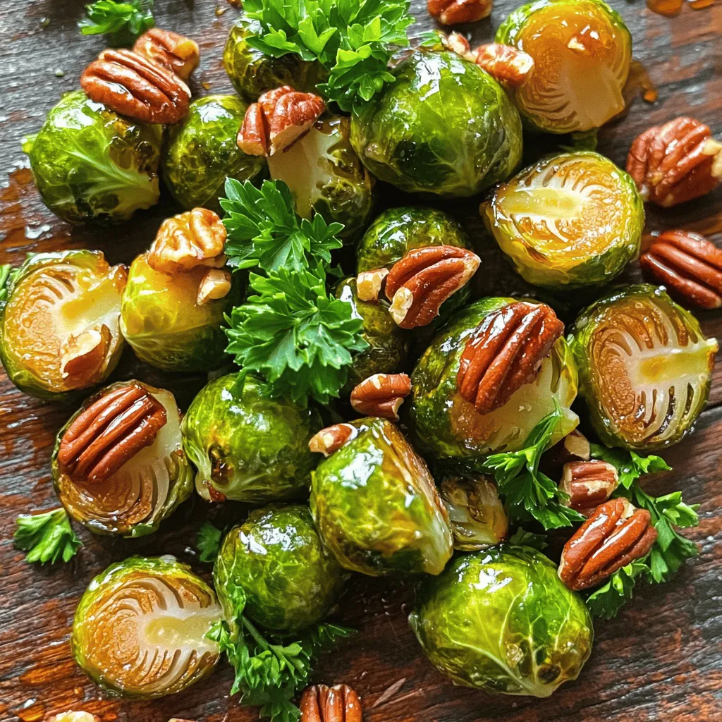 - Rosenkohl: Du brauchst 450 g frischen Rosenkohl. Reinige ihn gut und halbiere ihn. Rosenkohl hat einen leicht bitteren Geschmack, aber wenn du ihn richtig zubereitest, wird er süß und köstlich. - Ahornsirup und Olivenöl: Verwende 45 ml reinen Ahornsirup und 30 ml Olivenöl. Diese beiden Zutaten geben dem Gericht eine tolle Süße und einen feinen Geschmack. Ahornsirup sorgt für eine schöne Glasur, während Olivenöl hilft, den Rosenkohl zart zu machen. - Pekannüsse und frische Petersilie: Du benötigst 75 g grob gehackte Pekannüsse für den Crunch. Sie geben dem Gericht eine nussige Note. Frische Petersilie, etwa 30 g, sorgt für einen frischen Farbklecks und einen tollen Geschmack. Sie ist das i-Tüpfelchen für dein Gericht. Mit diesen einfachen und frischen Zutaten bereitest du ein leckeres Gericht zu, das sowohl gesund als auch schmackhaft ist. Heize deinen Ofen auf 200°C vor. Dies sorgt für eine gleichmäßige Röstung. Bereite alle Zutaten vor, damit du schnell arbeiten kannst. Du brauchst 450 g gereinigten und halbierten Rosenkohl. In einer großen Schüssel mische den Rosenkohl mit 30 ml Olivenöl, 45 ml Ahornsirup und 5 ml Balsamico-Essig. Füge 2,5 g Knoblauchpulver, 1,5 g Salz und 1,5 g schwarzen Pfeffer hinzu. Rühre alles gut um, bis der Rosenkohl gleichmäßig bedeckt ist. Verteile die marinierten Rosenkohlhälften auf einem großen Backblech. Achte darauf, dass sie in einer einzigen Schicht liegen. Dies hilft beim Rösten. Schiebe das Blech in den vorgeheizten Ofen und röste die Mischung für etwa 20 Minuten. Nach 10 Minuten wende die Rosenkohlhälften, damit sie gleichmäßig bräunen. So bekommst du eine tolle Farbe und Textur. Nach 20 Minuten nimm das Blech heraus und streue 75 g grob gehackte Pekannüsse gleichmäßig darüber. Die Nüsse verleihen dem Gericht einen knusprigen Biss. Schiebe das Blech wieder in den Ofen und röste alles für weitere 10 bis 15 Minuten. Achte darauf, dass die Pekannüsse nicht verbrennen. Der Rosenkohl sollte zart und karamellisiert sein, während die Nüsse goldbraun werden. Um perfekte Rosenkohl mit Pekannüssen zu rösten, sollten Sie die Garzeiten genau beachten. Rösten Sie die Rosenkohlhälften bei 200°C für etwa 20 Minuten. Wenden Sie die Rosenkohlhälften nach 10 Minuten. So bräunen sie gleichmäßig. Achten Sie darauf, die Rosenkohl nicht zu überladen. Eine einzelne Schicht auf dem Backblech sorgt für eine schöne Röstung. Um mehr Geschmack zu bekommen, können Sie verschiedene Gewürze verwenden. Zum Beispiel, fügen Sie einen Teelöffel Paprika oder Kreuzkümmel hinzu. Diese Gewürze bringen neue Aromen in das Gericht. Auch frische Kräuter wie Thymian oder Rosmarin sind tolle Optionen. Experimentieren Sie auch mit anderen Nüssen. Mandeln oder Walnüsse sind gute Alternativen zu Pekannüssen. Sie fügen eine andere Textur und einen neuen Geschmack hinzu. Seien Sie kreativ und passen Sie das Rezept an Ihren Geschmack an! {{image_4}} Um eine süß-saure Note zu erreichen, füge einfach ein paar Zutaten hinzu. Nutze 15 ml Honig oder einen Spritzer Zitrone. Ein wenig Sojasauce kann auch nicht schaden. Diese Zutaten bringen einen tollen Kontrast zum süßen Ahornsirup. Bei der Zubereitung mische diese Zutaten mit dem Olivenöl und dem Ahornsirup. Achte darauf, dass die Rosenkohlhälften gut in der Marinade gewendet sind. Röste sie dann wie im Rezept beschrieben. Durch die süß-saure Note wird der Geschmack noch spannender. Für eine vegane Version kannst du den Honig oder Ahornsirup ersetzen. Nutze stattdessen Agavendicksaft oder Reissirup. Diese Alternativen haben auch einen tollen Geschmack. Zudem kannst du pflanzliche Öle verwenden. Kokosöl oder Avocadoöl sind gute Optionen. Sie bringen einen eigenen Geschmack mit und machen das Gericht noch gesünder. Folge der gleichen Zubereitung wie im Rezept, und du hast eine leckere vegane Speise. Um die restlichen Ahornsirup-glasierten Rosenkohl mit Pekannüssen richtig zu lagern, gibt es zwei Optionen: den Kühlschrank oder den Gefrierschrank. - Kühlschrank: Bewahre die Reste in einem luftdichten Behälter auf. So bleiben sie frisch. Sie können die Reste bis zu drei Tage im Kühlschrank aufbewahren. - Gefrierschrank: Für eine längere Lagerung kannst du die Reste einfrieren. Verwende einen gefriergeeigneten Behälter. So bleiben die Aromen bis zu drei Monate erhalten. Wenn es Zeit zum Wiedererwärmen ist, hast du zwei gute Optionen: die Mikrowelle oder den Backofen. - Mikrowelle: Diese Methode ist schnell. Stelle die Reste in eine mikrowellengeeignete Schüssel. Erhitze sie in kurzen Intervallen, etwa 1 bis 2 Minuten, bis sie warm sind. - Backofen: Diese Methode bewahrt den besten Geschmack. Heize den Ofen auf 180°C vor. Lege die Reste auf ein Backblech und erwärme sie für etwa 10 bis 15 Minuten. Tipps für besten Geschmack: Füge einen Hauch von frischem Olivenöl oder etwas mehr Ahornsirup hinzu, um die Aromen aufzufrischen. So schmecken die Rosenkohl wie frisch zubereitet. Rosenkohl mit Pekannüssen bleibt im Kühlschrank etwa drei bis fünf Tage frisch. Bewahren Sie sie in einem luftdichten Behälter auf. Dies schützt vor Luft und Feuchtigkeit. Wenn Sie die Reste länger aufbewahren möchten, können Sie sie einfrieren. Im Gefrierschrank bleiben sie bis zu drei Monate haltbar. Denken Sie daran, die Rosenkohl vorher gut abzukühlen. So bleibt der Geschmack erhalten. Ja, gefrorene Rosenkohl sind eine gute Option. Sie sind oft schon vorbereitet. Allerdings kann die Textur sich leicht ändern. Gefrorene Rosenkohl werden oft weich, wenn sie gekocht werden. Um dies zu vermeiden, empfehlen wir, sie zuerst zu blanchieren. Blanchieren bedeutet, die Rosenkohl kurz in kochendem Wasser zu garen. Danach in kaltem Wasser abschrecken. So bleiben sie knackig. Passen Sie die Garzeit im Ofen an. Gefrorene Rosenkohl benötigen eventuell etwas länger zum Rösten. Gebratene Rosenkohl passen toll zu vielen Gerichten. Sie sind eine wunderbare Beilage zu gebratenem Hähnchen oder Lamm. Auch zu Quinoa oder Reis sind sie lecker. Für ein einfaches Abendessen können Sie sie mit einer herzhaften Pasta kombinieren. Fügen Sie etwas Parmesan hinzu, um den Geschmack zu verstärken. Experimentieren Sie mit verschiedenen Hauptgerichten und genießen Sie die Vielfalt! Rosenkohl mit Pekannüssen bietet viel Geschmack und eine einfache Zubereitung. Wir haben die Hauptzutaten wie Ahornsirup und Petersilie besprochen. Die Schritt-für-Schritt-Anleitung hilft dir, perfekte Ergebnisse zu erzielen. Mit unseren Tipps kannst du deine Rösttechnik verbessern und Variationen ausprobieren. Achte auch auf die richtige Lagerung und Aufwärmung deiner Reste. Diese Informationen machen das Kochen einfach und lecker. Probiere neue Ideen aus und genieße jede Biss!