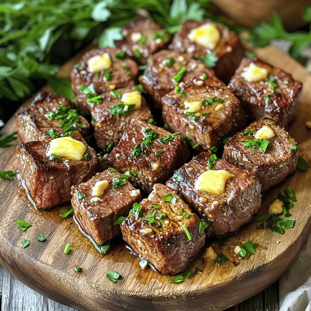 - Sirloin-Steak und seine Bedeutung für das Rezept Sirloin-Steak ist zart und geschmackvoll. Es hat eine gute Marmorierung, die beim Garen Saftigkeit bringt. Für diese Steakhäppchen ist es wichtig, gleichmäßige Würfel zu schneiden. So garen sie gleichmäßig und bleiben zart. - Welche Butter ist am besten geeignet? Ich empfehle ungesalzene Butter. Diese Butter lässt sich gut mit anderen Aromen mischen. Die geschmolzene Butter sorgt für einen tollen Geschmack und eine schöne Kruste. - Die Rolle von Knoblauch und Gewürzen Knoblauch ist der Star in diesem Rezept. Er gibt ein tolles Aroma ab. Die Gewürze wie Oregano und Paprika runden den Geschmack ab. Sie machen die Steakhäppchen noch leckerer und interessanter. Um die Steakhäppchen richtig zu marinieren, mische zuerst die geschmolzene Butter, den gehackten Knoblauch, den Oregano und das Paprikapulver in einer Schüssel. Rühre alles gut um, bis die Mischung gleichmäßig ist. Dann füge die Steakwürfel hinzu und werfe sie um. Achte darauf, dass jedes Stück gut mit der Marinade bedeckt ist. Lass die Steakhäppchen für etwa 15-20 Minuten marinieren. Dies bringt den vollen Geschmack heraus und macht das Steak zart. Beim Umrühren ist es wichtig, die Steakhäppchen sanft zu bewegen. So wird die Marinade gleichmäßig verteilt. Wenn du die Steakhäppchen zu lange in der Marinade lässt, kann der Geschmack zu intensiv werden. Das Vorheizen des Air Fryers ist ein wichtiger Schritt. Es sorgt dafür, dass die Steakhäppchen gleichmäßig garen. Heize den Air Fryer auf 200°C (400°F) für etwa 5 Minuten vor. Nach dem Vorheizen lege die marinierten Steakhäppchen in einer einzigen Schicht in den Korb. Überlade den Korb nicht, damit die Luft gut zirkulieren kann. So werden die Steakhäppchen knusprig und lecker. Schüttle den Korb nach der Hälfte der Garzeit. So garen die Steakhäppchen gleichmäßig. Du kannst das nach etwa 4-5 Minuten machen. Achte auf die Farbe und die Textur der Steakhäppchen. Sie sollten außen schön braun und innen saftig sein. Wenn du dein Steak medium magst, sind 8 Minuten perfekt. Für gut durchgebraten nimm 10 Minuten. Diese einfache Methode lässt dich die Steakhäppchen nach deinem Geschmack zubereiten. Häufige Fehler beim Air Fryer sind Überladung und falsche Temperaturen. Wenn du zu viele Steakhäppchen auf einmal kochst, bekommen sie nicht die richtige Hitze. Sie werden dann nicht knusprig. Daher solltest du den Korb nur halb voll machen. So kann die heiße Luft gut zirkulieren. Die richtige Füllhöhe ist wichtig. Wenn die Steaks zu dicht beieinander liegen, garen sie ungleichmäßig. Du kannst die Steakhäppchen in mehreren Chargen zubereiten. So bleiben sie saftig und lecker. Um den Geschmack deiner Steakhäppchen zu verbessern, kannst du zusätzliche Gewürze und Kräuter verwenden. Probiere zum Beispiel frischen Thymian oder Rosmarin. Diese Kräuter passen gut zu Steak und geben einen tollen Geschmack. Für Dips empfehle ich eine einfache Knoblauchsoße oder eine würzige BBQ-Sauce. Diese Dips ergänzen die Aromen der Steakhäppchen perfekt. Du kannst auch eine frische Salsa oder Guacamole dazu servieren. Die idealen Begleiter für Steakhäppchen sind einfache Beilagen. Ein frischer Salat oder knusprige Pommes sind immer eine gute Wahl. Du kannst auch gegrilltes Gemüse dazu reichen. Für kreative Servierideen kannst du die Steakhäppchen auf Spieße stecken. So sehen sie toll aus und sind einfach zu essen. Eine schöne Präsentation macht das Essen noch mehr Spaß! {{image_4}} Welche Alternativen gibt es zu Sirloin-Steak? Du kannst auch andere Fleischsorten verwenden. Rinderfilet ist zart und saftig. Du kannst auch Ribeye-Steak probieren. Beide Optionen bringen tollen Geschmack. Zubereitung mit Hähnchen oder Schweinefleisch Hähnchenbrust ist eine großartige Alternative. Schneide die Brust in Würfel und mariniere sie wie das Steak. Schweinefleisch kann ebenfalls verwendet werden. Nimm Schweinefilet für eine zarte Option. Sojafleisch als Option Für eine vegane Variante nimm Sojafleisch. Es hat eine ähnliche Textur wie Fleisch. Marinieren ist wichtig, um den Geschmack zu verbessern. Verwende die gleiche Knoblauchbutter-Mischung. Zubereitung von Gemüsehäppchen im Air Fryer Du kannst auch Gemüse verwenden. Zucchini, Paprika und Champignons sind perfekt. Schneide sie klein und mariniere sie mit Gewürzen. Das Gemüse wird knusprig und lecker im Air Fryer. Asiatische oder mexikanische Würze Experimentiere mit verschiedenen Gewürzen. Für asiatische Aromen füge Sojasauce und Ingwer hinzu. Für mexikanische Würze nutze Chipotle und Limette. Beide Optionen verleihen deinem Gericht einen neuen Twist. Verwendung von BBQ-Sauce oder Marinaden BBQ-Sauce ist eine tolle Option für einen rauchigen Geschmack. Du kannst auch deine Lieblingsmarinade verwenden. Lass das Fleisch länger marinieren, um den Geschmack zu intensivieren. Um die Steakhäppchen frisch zu halten, lege sie in einen luftdichten Behälter. So bleiben sie saftig und lecker. Du kannst sie auch in Frischhaltefolie wickeln. - Kühlen: Halte sie im Kühlschrank für bis zu drei Tage. - Einfrieren: Du kannst die Steakhäppchen bis zu drei Monate einfrieren. Das macht sie sehr praktisch für später. Die besten Methoden zum Aufwärmen sind im Air Fryer oder in der Pfanne. Der Air Fryer hält die Steakhäppchen knusprig. - Air Fryer: Stelle die Temperatur auf 180°C. Erhitze sie für 4-5 Minuten. - Pfanne: Erhitze etwas Butter in der Pfanne. Lege die Steakhäppchen hinein und erwärme sie bei mittlerer Hitze. Um die Zartheit zu erhalten, vermeide hohe Temperaturen und lange Garzeiten. So bleiben die Häppchen saftig. Die Reste sind im Kühlschrank drei Tage haltbar. Achte auf diese Anzeichen für Verderblichkeit: - Geruch: Wenn sie komisch riechen, wirf sie weg. - Farbe: Wenn sie grau werden, sind sie nicht mehr frisch. - Textur: Wenn sie klebrig oder schlaff sind, ist es besser, sie zu entsorgen. Die Garzeit für Steakhäppchen hängt vom gewünschten Gargrad ab. Für medium garen sie in etwa 8 Minuten. Wenn du sie gut durchgebraten magst, sind 10 Minuten ideal. Überprüfe die Steakhäppchen regelmäßig. So stellst du sicher, dass sie nicht übergart werden. Es ist wichtig, den Korb zur Hälfte zu schütteln. Das sorgt für eine gleichmäßige Garung. Ja, du kannst das Rezept leicht ändern. Zum Beispiel kannst du das Sirloin-Steak durch andere Fleischsorten ersetzen. Hähnchen oder Schweinefleisch funktionieren gut. Auch die Gewürze kannst du nach deinem Geschmack anpassen. Probiere frische Kräuter oder andere Gewürze aus. Das bringt neue Aromen in das Gericht. Ja, dieses Rezept ist glutenfrei. Alle Zutaten, die wir verwenden, enthalten kein Gluten. Achte darauf, dass die Butter und die Gewürze ebenfalls glutenfrei sind. So kannst du sicher sein, dass deine Steakhäppchen für alle geeignet sind. Wenn du eine glutenfreie Marinade möchtest, gehe sicher, dass alle Zutaten dafür passen. Das Rezept für Steakhäppchen im Air Fryer ist einfach und lecker. Wir haben die Hauptzutaten wie Sirloin-Steak, Butter, Knoblauch und Gewürze besprochen. Die Schritte zum Marinieren, Vorheizen und Garen sind klar und leicht verständlich. Tipps helfen, Fehler zu vermeiden und den Geschmack zu verbessern. Außerdem haben wir Variationen und Aufbewahrungshinweise gegeben. Mit diesem Wissen bereitest du perfekte Steakhäppchen zu. Probiere die verschiedenen Optionen aus und genieße die Vielfalt.