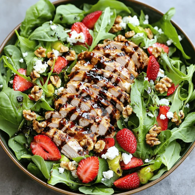 Für deinen Balsamico Erdbeer-Hühnchen-Salat benötigst du folgende Zutaten: - 2 Hähnchenbrustfilets, ohne Haut und Knochen - 2 Tassen gemischte Salatblätter (Rucola, Spinat oder Frischgemüse-Mischung) - 1 Tasse Erdbeeren, entstielt und in Scheiben geschnitten - 1/2 Tasse Feta-Käse, zerbröselt - 1/4 Tasse Walnüsse, geröstet - 1/3 Tasse Balsamico-Essig - 2 Esslöffel Honig - 2 Esslöffel Olivenöl - Salz und Pfeffer nach Geschmack - Frische Basilikumblätter zur Garnitur Frische Zutaten machen den Salat lebendig. Ich empfehle, frische Erdbeeren und Salatblätter zu verwenden. Gefrorene Erdbeeren können matschig sein und die Textur verändern. Bei Hähnchen ist frisch ideal. Du kannst jedoch auch gefrorenes Hähnchen verwenden. Achte darauf, es gut aufzutauen. Bei Feta-Käse hast du die Wahl. Frisch ist besser, aber auch der abgepackte Käse funktioniert. Du kannst den Salat nach deinem Geschmack anpassen. - Statt Hähnchen kannst du gegrillten Tofu verwenden. - Für eine nussfreie Variante lasse die Walnüsse weg oder ersetze sie durch Sonnenblumenkerne. - Feta kannst du durch Ziegenkäse ersetzen. Das gibt einen anderen Geschmack. - Für mehr Süße probiere Himbeeren oder Mango anstelle von Erdbeeren. Diese Optionen machen deinen Salat einzigartig und lecker! Zuerst würze ich die Hähnchenbrustfilets mit Salz und Pfeffer. Dann erhitze ich eine Pfanne auf mittlerer Hitze und gebe 1 Esslöffel Olivenöl hinein. Wenn das Öl heiß ist, lege ich die Hähnchenfilets hinein. Ich brate das Hähnchen 6 bis 7 Minuten pro Seite. Es sollte gründlich garen. Nach dem Braten nehme ich das Hähnchen aus der Pfanne. Dann lasse ich es für etwa 5 Minuten ruhen. Schließlich schneide ich das Hähnchen in dünne Streifen. Für das Dressing nehme ich eine kleine Schüssel. Ich gebe den Balsamico-Essig, den Honig und das restliche Olivenöl hinein. Mit einem Schneebesen verrühre ich die Zutaten gut. Danach schmecke ich das Dressing mit Salz und Pfeffer ab. Es sollte süß und sauer sein. In einer großen Schüssel lege ich die gemischten Salatblätter. Ich füge die geschnittenen Erdbeeren und den zerbröselten Feta-Käse dazu. Dann vermenge ich alles vorsichtig. Es soll gleichmäßig verteilt sein. Als Nächstes platziere ich die Hähnchenstreifen auf dem Salat. Jetzt träufle ich das Balsamico-Dressing gleichmäßig darüber. Ich vermenge alles ein letztes Mal vorsichtig. Zum Schluss streue ich die gerösteten Walnüsse darüber und füge frische Basilikumblätter als Garnitur hinzu. Ein häufiger Fehler ist, das Hähnchen nicht richtig zu würzen. Salz und Pfeffer sind wichtig, um den Geschmack zu heben. Achte darauf, das Hähnchen gleichmäßig zu braten, damit es saftig bleibt. Lass es nach dem Braten ruhen. Das ist wichtig, damit die Säfte bleiben. Hier sind einige nützliche Utensilien für diesen Salat: - Eine gute Pfanne für das Hähnchen - Ein scharfes Messer zum Schneiden der Erdbeeren - Eine große Schüssel für den Salat - Ein Schneebesen für das Dressing - Ein Holzlöffel zum Mischen der Zutaten Mit diesen Werkzeugen wird das Kochen einfacher und macht mehr Spaß. Um Zeit zu sparen, kannst du das Hähnchen im Voraus braten. Schneide die Erdbeeren und bereite das Dressing einfach vorher zu. Lagere alles im Kühlschrank. So hast du weniger Stress beim Kochen. Nutze auch vorgewaschene Salatblätter. Das spart viel Zeit. {{image_4}} Um eine vegetarische Version des Balsamico Erdbeer-Hühnchen-Salats zu machen, ersetzen Sie das Hähnchen. Tofu oder Kichererbsen sind tolle Alternativen. Beide bieten gutes Protein und passen super zu den Aromen. Marinieren Sie den Tofu in Balsamico-Essig, damit er mehr Geschmack aufnimmt. So bleibt der Salat leicht und frisch. Möchten Sie mehr Geschmack? Fügen Sie einige frische Kräuter wie Minze oder Petersilie hinzu. Sie geben dem Salat einen tollen Kick. Auch Avocado passt hervorragend. Sie macht den Salat cremig und nährstoffreich. Probieren Sie auch geröstete Pinienkerne oder Sonnenblumenkerne für mehr Crunch. Der Balsamico Erdbeer-Hühnchen-Salat kann leicht angepasst werden. Im Frühling sind Radieschen und junge Erbsen lecker. Im Sommer sind frische Pfirsiche oder Himbeeren eine tolle Wahl. Im Herbst können Sie geröstete Kürbiswürfel hinzufügen. Diese saisonalen Zutaten machen den Salat aufregend und vielfältig. Um den Balsamico Erdbeer-Hühnchen-Salat frisch zu halten, packe ihn in einen luftdichten Behälter. Lege ein Papiertuch zwischen den Salat und den Deckel. Das Papiertuch nimmt die Feuchtigkeit auf und hält den Salat knackig. Stelle den Behälter in den Kühlschrank. Vermeide es, den Salat zu lange stehen zu lassen. Das Dressing sollte separat aufbewahrt werden. Nutze ein kleines Glas oder einen Behälter mit Deckel. So bleibt der Geschmack frisch und das Dressing wird nicht dick. Vor der Verwendung schüttle den Behälter gut. Das sorgt für eine gleichmäßige Verteilung von Aromen. Der Salat ist im Kühlschrank etwa zwei Tage haltbar. Das Dressing bleibt bis zu einer Woche frisch, wenn du es gut verschließt. Achte darauf, vor dem Servieren nach frischen Zutaten zu schauen. Wenn etwas welkt oder schlaff aussieht, solltest du es wegwerfen. Du kannst das Rezept leicht anpassen. Probiere verschiedene Salatblätter. Rucola, Spinat oder eine Mischung sind toll. Wenn du keinen Feta magst, nimm Ziegenkäse oder Parmesan. Du kannst auch das Dressing ändern. Verwende weniger Honig für einen weniger süßen Geschmack. Wenn du Nüsse nicht magst, lass sie weg oder ersetze sie durch Sonnenblumenkerne. Experimentiere und finde deine Lieblingsversion! Verschiedene Gemüse passen gut zu diesem Salat. Gurken bringen Frische, während Paprika Farbe und Knackigkeit hinzufügen. Karottenstreifen geben Süße und Textur. Auch Avocado ist eine leckere Wahl. Sie macht den Salat cremiger. Denke daran, die Farben zu kombinieren. Das sieht nicht nur schön aus, sondern schmeckt auch besser. Ja, dieser Salat ist kalorienarm! Hähnchenfleisch ist eine gute Proteinquelle und hat wenig Fett. Die Erdbeeren bringen natürliche Süße, ohne viele Kalorien. Feta und Walnüsse fügen gesunde Fette hinzu, aber in kleinen Mengen. Das Dressing enthält Honig, aber du kannst die Menge anpassen. Insgesamt ist dieser Salat eine gesunde Wahl für jede Mahlzeit. Der Artikel hat gezeigt, wie man einen köstlichen Salat mit frischen und gefrorenen Zutaten zubereitet. Wir haben die Schritte zur Vorbereitung des Hähnchens, sowie die richtige Zubereitung des Dressings besprochen. Tipps vermeiden häufige Fehler und helfen, Zeit zu sparen. Variationen sorgen für Vielfalt. Schließlich stehen hilfreiche Lagerungshinweise bereit, um den Salat frisch zu halten. Qualität und Kreativität stehen beim Kochen an erster Stelle. So macht gesunde Kost Spaß und bleibt spannend!