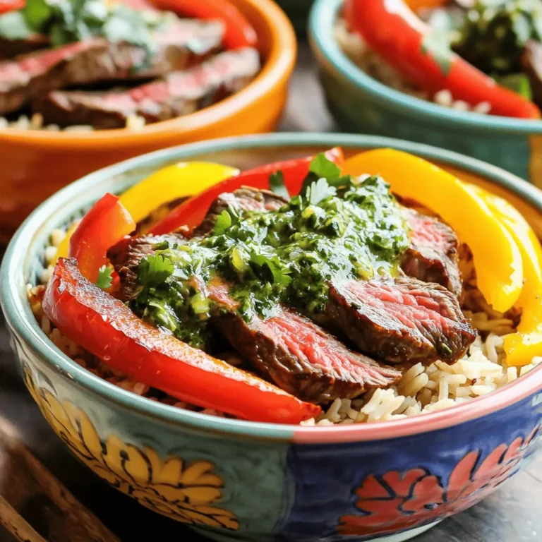 - 450 g Flankensteak - 1 rote Paprika - 1 gelbe Paprika - 1 rote Zwiebel - 240 ml Vollkornreis oder Quinoa - 1 Tasse frische Petersilie - 60 ml frischer Oregano - 2 Knoblauchzehen - 120 ml Olivenöl - 2 Esslöffel Rotweinessig - Chilipulver - Kreuzkümmel - Salz und Pfeffer - Frischer Koriander Jede Zutat in diesem Rezept bringt ihren eigenen Geschmack mit. Das Flankensteak sorgt für eine zarte Basis. Die Paprika geben Süße und Farbe. Die Zwiebel fügt einen kräftigen Biss hinzu. Reis oder Quinoa machen die Schale sättigend. Die Chimichurri-Sauce ist das Herzstück. Frische Petersilie und Oregano machen sie grün und aromatisch. Knoblauch bringt Schärfe, während Olivenöl und Essig eine feine Balance erzeugen. Die Gewürze sind einfach, aber stark. Chilipulver bringt Wärme, und Kreuzkümmel verleiht Tiefe. Salz und Pfeffer runden alles ab. Frischer Koriander ist das i-Tüpfelchen. Diese Zutaten machen Ihre Fajita-Bowls nicht nur lecker, sondern auch gesund. Es ist eine Mischung aus frischen und köstlichen Aromen. Heize den Ofen auf 220°C vor. Nimm ein großes Backblech und lege es mit Backpapier aus. Dies hilft, das Ankleben zu vermeiden und macht die Reinigung leichter. Gib das geschnittene Flankensteak, die rote und gelbe Paprika sowie die rote Zwiebel in eine große Schüssel. Füge 3 Esslöffel Olivenöl hinzu. Streue 2 Teelöffel Chilipulver, 1 Teelöffel Kreuzkümmel, Salz und Pfeffer nach Geschmack über die Mischung. Vermenge alles gut, bis das Steak und das Gemüse gleichmäßig benetzt sind. Diese Marinade gibt dem Gericht viel Geschmack. Verteile die Steak-Gemüse-Mischung auf dem Backblech. Röste die Zutaten im vorgeheizten Ofen für etwa 20 bis 25 Minuten. Wende die Mischung zur Hälfte der Garzeit. Während das Steak und das Gemüse rösten, bereite die Chimichurri-Sauce vor. Mische in einer kleinen Schüssel 1 Tasse frische Petersilie, 60 ml frischen Oregano, 2 gehackte Knoblauchzehen, 120 ml Olivenöl, 2 Esslöffel Rotweinessig, 1 Teelöffel rote Pfefferflocken, Salz und Pfeffer. Rühre alles gut um und lasse die Sauce mindestens 10 Minuten ruhen. So können sich die Aromen entfalten. Nach dem Rösten nimm das Backblech aus dem Ofen und lasse es leicht abkühlen, bevor du die Schalen anrichtest. - Garzeit anpassen: Die Zeit im Ofen ist wichtig. Wenn du dein Steak medium-rare magst, röste es 20 Minuten. Für eine festere Textur, verlängere die Garzeit auf 25 Minuten. - Steak vor dem Schneiden ruhen lassen: Lass das Steak nach dem Rösten fünf Minuten ruhen. So bleibt der Saft im Fleisch und es wird zart. - Austausch von Kräutern: Petersilie ist klassisch, aber du kannst auch Koriander oder Basilikum nutzen. Das gibt der Sauce einen neuen Geschmack. - Verwendung von Zwiebel oder Schalotte: Füge fein gehackte Zwiebel oder Schalotte zur Chimichurri-Sauce hinzu. Das bringt mehr Tiefe und Süße in die Sauce. - Servierung in bunten Schalen: Verwende farbige Schalen, um die Fajita-Bowls lebendiger zu machen. Das Auge isst mit! - Limettenkeil als Beilage verwenden: Ein Limettenkeil ist perfekt. Jeder kann frisch Saft drüber drücken. Das gibt einen tollen Geschmacksschub. {{image_4}} Für eine vegetarische Variante der Sheet-Pan Chimichurri Steak Fajita Bowls können Sie Tofu oder Tempeh verwenden. Schneiden Sie den Tofu in Würfel und marinieren Sie ihn wie das Steak. Das gibt dem Gericht eine schöne Textur. Sie können auch eine Vielzahl von Gemüsesorten verwenden. Denken Sie an Zucchini, Auberginen oder Champignons. Diese bieten tollen Geschmack und Farbe. Wenn Sie eine Low-Carb-Option suchen, tauschen Sie den Reis oder die Quinoa gegen Zucchini-Nudeln aus. Diese Nudeln sind leicht und gesund. Sie nehmen die Aromen der Füllung gut auf. Rösten Sie die Zucchini-Nudeln nicht, sondern fügen Sie sie frisch hinzu. So bleibt die Konsistenz knackig und frisch. Für ein wenig mehr Schärfe können Sie Habanero oder Jalapeños hinzufügen. Schneiden Sie die Paprika in feine Stücke. Fügen Sie sie in die Mischung aus Steak und Gemüse. Diese Peperoni verleihen dem Gericht eine zusätzliche Geschmacksschicht. Denken Sie daran, die Schärfe nach Ihrem Geschmack anzupassen. Um die Reste der Fajita-Bowls frisch zu halten, lagere sie in luftdichten Behältern. Du kannst die Schalen dann einfach in den Kühlschrank stellen. So bleiben sie bis zu drei Tage gut. Achte darauf, das Steak und das Gemüse nicht zu lange stehen zu lassen. Das hält sie frisch und schmackhaft. Wenn du die Fajita-Bowls aufwärmen möchtest, verwende die Mikrowelle oder den Ofen. Mikrowellen sind schnell und einfach. Stelle die Schalen in die Mikrowelle und erwärme sie in kurzen Intervallen. Wenn du den Ofen nutzt, heize ihn auf 180 Grad vor und wärme die Schalen etwa 10 bis 15 Minuten lang. Um Trockenheit zu vermeiden, füge einen kleinen Schuss Wasser hinzu. Das hilft, die Feuchtigkeit zu bewahren. Du kannst viel Zeit sparen, indem du das Steak im Voraus marinierst. Mische das Fleisch mit Olivenöl und Gewürzen und lasse es ein paar Stunden im Kühlschrank. So zieht der Geschmack besser ein. Auch die Chimichurri-Sauce kannst du vorher zubereiten. Lass sie für mindestens 10 Minuten ruhen, damit die Aromen sich gut entfalten. So bist du bestens vorbereitet, um die Fajita-Bowls schnell zu genießen! Die Zubereitung der Fajita-Bowls dauert insgesamt etwa 40 Minuten. Die Vorbereitungszeit beträgt etwa 15 Minuten. Währenddessen kannst du das Gemüse schneiden und die Zutaten bereitstellen. Die Garzeit im Ofen liegt bei 20 bis 25 Minuten. Achte darauf, die Mischung während des Röstens einmal umzurühren, damit alles gleichmäßig gart. Ja, du kannst die Fajita-Bowls auch ohne Chimichurri zubereiten. Eine gute Alternative ist eine einfache Salsa oder Guacamole. Du kannst auch eine Joghurt- oder Sour-Cream-Sauce verwenden. Diese Varianten bieten einen anderen Geschmack, sind aber ebenfalls lecker. Experimentiere mit verschiedenen Saucen, um herauszufinden, was dir am besten schmeckt. Ja, dieses Rezept ist glutenfrei. Das Flankensteak und das Gemüse enthalten kein Gluten. Achte jedoch darauf, dass der Vollkornreis oder die Quinoa ebenfalls glutenfrei sind. Wenn du Quinoa verwendest, ist das eine tolle glutenfreie Option. Überprüfe auch die Zutaten für die Chimichurri-Sauce, um sicherzustellen, dass sie glutenfrei sind. Diese Fajita-Bowls sind ein Genuss für jeden. Du nutzt frische Zutaten wie Flankensteak, Paprika und Zwiebeln. Die Chimichurri-Sauce bringt das Ganze zum Leben. Denke daran, dass die Garzeit das Steak perfekt macht. Experimentiere mit Variationen, um dein Gericht anzupassen. Reste sind einfach zu lagern und aufzuwärmen. Bereite einige Zutaten im Voraus vor, um Zeit zu sparen. So hast du eine leckere Mahlzeit schnell bereit. Mach dein eigenes Rezept zu einem Hit bei Familie und Freunden!