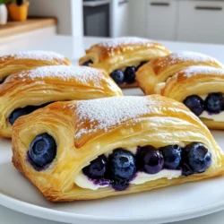 Für die Heidelbeer-Cremekäse-Danishs brauchst du: - 1 Blatt Blätterteig (aufgetaut) - 113 g Frischkäse, weichgestellt - 60 g Puderzucker - 1 Teelöffel Vanilleextrakt - 240 g frische Heidelbeeren - 1 Esslöffel Speisestärke - 1 Esslöffel Zitronensaft - 1 Ei (für die Ei-Waschung) - 1 Esslöffel Milch (für die Ei-Waschung) - Optional: zusätzliche Puderzucker zum Bestäuben Wenn du keinen Frischkäse hast, kannst du Ricotta verwenden. Er hat eine ähnliche Textur. Für Puderzucker kannst du normalen Zucker nehmen und ihn mahlen. Mahle ihn in einer Küchenmaschine, bis er fein ist. So bekommst du eine ähnliche Konsistenz. Frische Heidelbeeren sind wichtig für den Geschmack. Sie bringen eine natürliche Süße und eine frische Note. Sie sind auch saftig und geben der Füllung eine schöne Farbe. Gefrorene Heidelbeeren sind weniger intensiv im Geschmack. Wenn möglich, nutze immer frische Heidelbeeren. Sie machen deine Danishes noch leckerer und gesünder. Heize deinen Ofen auf 200°C vor. Lege ein Backblech mit Backpapier aus. So bleibt der Teig nicht kleben. Nimm 113 g Frischkäse und stelle ihn weich. Mische ihn mit 60 g Puderzucker und 1 Teelöffel Vanilleextrakt. Rühre alles gut, bis die Mischung glatt ist. Nimm 240 g frische Heidelbeeren. Mische sie mit 1 Esslöffel Speisestärke und 1 Esslöffel Zitronensaft. Rühre sanft um, bis die Beeren gleichmäßig bedeckt sind. Rolle 1 Blatt aufgetauten Blätterteig auf einer bemehlten Fläche aus. Mach ein großes Rechteck (ca. 30x40 cm). Schneide dann kleinere Rechtecke (ca. 10x15 cm). Gib in die Mitte jedes Rechtecks einen Esslöffel Frischkäsefüllung. Toppe dies mit einem Esslöffel Heidelbeerfüllung. Verquirle in einer kleinen Schüssel 1 Ei mit 1 Esslöffel Milch. Bestreiche die Oberseite der Teigstücke mit dieser Ei-Waschung. Lege die gefüllten Teigtaschen auf das Backblech. Backe sie 15-18 Minuten, bis sie goldbraun sind und aufgeblasen wirken. Lass die Danishes nach dem Backen einige Minuten auf einem Kuchengitter abkühlen. Bestäube sie nach Belieben mit Puderzucker. Um den Blätterteig perfekt zu nutzen, achte darauf, ihn richtig aufzutauen. Lasse ihn über Nacht im Kühlschrank. So bleibt er kühl und lässt sich besser verarbeiten. - Vermeide Überbearbeitung. Zu viel Kneten macht den Teig zäh. - Halte die Arbeitsfläche leicht bemehlt. Das verhindert das Kleben. - Wenn der Teig reißt, drücke ihn einfach wieder zusammen. Die richtige Temperatur und Zeit sind wichtig. Heize deinen Ofen auf 200°C vor. Das sorgt für eine schöne goldene Farbe. - Backe die Danishes für 15 bis 18 Minuten. - Beobachte die Oberfläche. Sie sollte schön aufgebläht und goldbraun sein. - Lass sie nicht zu lange im Ofen. Sonst werden sie trocken. Du kannst die Füllung nach deinem Geschmack anpassen. Heidelbeeren sind lecker, aber es gibt viele Optionen. - Probiere Erdbeeren oder Himbeeren für eine fruchtige Note. - Füge Nüsse oder Schokolade zur Frischkäsefüllung hinzu. - Experimentiere mit Gewürzen wie Zimt für einen besonderen Kick. Diese Tipps helfen dir, die besten Heidelbeer-Cremekäse-Danishs zu backen. {{image_4}} Danishes sind sehr vielseitig. Du kannst viele Obstsorten verwenden. Äpfel sind eine tolle Wahl. Schneide sie in kleine Stücke und mische sie mit Zimt. Kirschen bringen eine süß-saure Note. Himbeeren sind frisch und fruchtig. Auch Pfirsiche oder Birnen passen gut. Diese Früchte machen deine Danishes bunt und lecker. Wenn du Schokolade magst, probiere es aus! Statt der Frischkäsefüllung kannst du Schokoladenstückchen verwenden. Schmelze die Schokolade und füge sie der Füllung hinzu. Nutella ist auch eine süße Option. Diese Füllungen geben deinen Danishes einen besonderen Twist. Du kannst sogar Nüsse hinzufügen für mehr Textur. Blätterteig ist klassisch, aber nicht die einzige Option. Du kannst auch Hefeteig verwenden. Hefeteig macht die Danishes weich und fluffig. Mürbeteig ist eine weitere gute Wahl. Er gibt dir eine knusprige Basis. Jede Teigart bietet einen anderen Geschmack. Experimentiere mit verschiedenen Teigen, um deine perfekte Kombination zu finden. Um die frisch gebackenen Heidelbeer-Cremekäse-Danishs richtig zu lagern, lege sie in einen luftdichten Behälter. So bleiben sie frisch. Du kannst sie bei Raumtemperatur lagern, wenn du sie schnell isst. Wenn du sie länger aufbewahren willst, stelle den Behälter in den Kühlschrank. Um die Danishes aufzuwärmen, lege sie in den Ofen. Heize den Ofen auf 180°C vor. Backe die Danishes für etwa 5 bis 10 Minuten. So werden sie knusprig und lecker. Du kannst auch die Mikrowelle nutzen, aber sie werden nicht so knusprig. Erwärme sie in der Mikrowelle für 30 Sekunden. Im Kühlschrank halten die Danishes etwa 3 bis 4 Tage. Stelle sicher, dass sie gut verpackt sind. Wenn du sie länger aufbewahren möchtest, kannst du sie einfrieren. Im Gefrierfach halten sie bis zu 3 Monate. Lege sie in einen gefrierfesten Beutel und drücke die Luft heraus. Zum Auftauen lege die Danishes einfach in den Kühlschrank über Nacht. Die Zubereitung dauert etwa 20 Minuten. Das Backen benötigt weitere 15-18 Minuten. Insgesamt sind es also rund 40 Minuten. Das macht es einfach, diese Leckerei schnell zu zaubern. Du kannst sie auch gut vorbereiten, wenn du Gäste hast. Ja, gefrorene Heidelbeeren sind eine gute Option. Sie sind oft günstiger und das ganze Jahr über erhältlich. Du solltest sie jedoch nicht auftauen, bevor du sie verwendest. Das verhindert, dass sie zu matschig werden. Wenn du keinen Blätterteig hast, kannst du auch einen anderen Teig nutzen. Pizzateig oder Mürbeteig funktionieren gut. Diese Teige geben eine andere Textur, aber sie sind lecker. Experimentiere ruhig, um deinen Lieblingsgeschmack zu finden. Um die Danishes vegan zu machen, ersetze den Frischkäse durch veganen Frischkäse. Du kannst auch pflanzliche Milch für die Ei-Waschung verwenden. Anstelle des Eis kannst du einen Esslöffel Wasser oder Pflanzenmilch verwenden. So bleiben die Danishes lecker und pflanzlich. In diesem Blogbeitrag haben wir das Rezept für Blaubeer-Cremekäse-Danishes behandelt. Wir haben die wichtigen Zutaten, die Schritt-für-Schritt-Anleitung, sowie nützliche Tipps und Variationen durchgenommen. Frische Heidelbeeren geben dem Rezept besonderen Geschmack. Überlege, mit verschiedenen Früchten oder Teigen zu experimentieren. Die richtige Lagerung verlängert die Haltbarkeit. Du kannst also bald deine eigenen leckeren Danishes backen. Viel Spaß beim Ausprobieren!