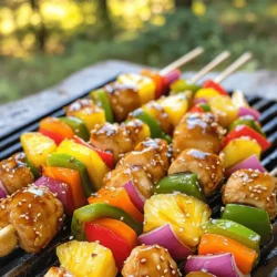 Für diese köstlichen Spieße brauchst du: - 450 g Hähnchenbrust ohne Knochen, in 2,5 cm große Würfel geschnitten - 250 g frische Ananas, in 2,5 cm große Würfel geschnitten - 1 rote Paprika, in 2,5 cm große Stücke geschnitten - 1 grüne Paprika, in 2,5 cm große Stücke geschnitten - 1 kleine rote Zwiebel, in Spalten geschnitten Um die Marinade zu machen, benötigst du: - 120 ml Sojasauce - 60 ml Honig - 30 ml Reisessig - 15 ml Sesamöl - 5 g Knoblauchpulver - 5 g Ingwerpulver - Salz und Pfeffer nach Geschmack Du kannst Holz- oder Metallspieße verwenden. Wenn du Holzspieße nimmst, weiche sie vorher ein. Das verhindert, dass sie beim Grillen verbrennen. Die Hauptzutaten sind wichtig für den Geschmack. Achte darauf, die genauen Maße zu verwenden. - Hähnchen: 450 g - Ananas: 250 g - Paprika: je 1 Stück rot und grün - Zwiebel: 1 kleine Für die Marinade sind die Flüssigkeiten und Gewürze entscheidend. Halte dich an die Mengen, um das beste Ergebnis zu erzielen. So bekommst du zarte und saftige Spieße. Zuerst bereite die Marinade vor. Mische in einer Schüssel Sojasauce, Honig, Reisessig, Sesamöl, Knoblauchpulver und Ingwerpulver. Rühre alles gut um. Nimm die Hähnchenwürfel und lege sie in einen großen Beutel oder eine Schüssel. Gieße die Hälfte der Marinade darüber. Verschließe den Beutel oder decke die Schüssel ab. Lass das Hähnchen mindestens 30 Minuten im Kühlschrank marinieren. Für einen intensiveren Geschmack kannst du es bis zu 2 Stunden marinieren. Wenn du Holzspieße benutzt, weiche sie 15 Minuten in Wasser ein. Das verhindert, dass sie beim Grillen verbrennen. Heize dann den Grill auf mittelhohe Hitze vor. Nimm die marinierten Hähnchenwürfel und stecke sie abwechselnd mit Ananas, roter Paprika, grüner Paprika und roten Zwiebeln auf die Spieße. Diese bunten Stücke sorgen für ein tolles Aussehen. Pinsel die restliche Marinade über die Spieße und würze sie mit Salz und Pfeffer. Lege die Spieße auf den Grill und grille sie 10 bis 12 Minuten. Wende sie dabei regelmäßig, bis das Hähnchen durchgegart ist. Nimm die Spieße vom Grill und lass sie einige Minuten ruhen. Serviere die Spieße warm. Du kannst sie nach Belieben mit übriggebliebener Teriyaki-Sauce beträufeln. Garnieren mit Sesamkörnern oder gehackten Frühlingszwiebeln gibt dem Gericht eine schöne Note. So sind die Teriyaki-Ananas-Hähnchen-Spieße bereit zum Genießen! Um die Teriyaki-Marinade wirklich gut zu machen, mische die Zutaten gut. Verwende frische Sojasauce für einen kräftigen Geschmack. Honig gibt der Marinade eine süße Note. Das Reisessig sorgt für eine leichte Säure. Füge Knoblauch- und Ingwerpulver hinzu, um Tiefe zu schaffen. Lass das Hähnchen mindestens 30 Minuten marinieren, besser sind aber zwei Stunden. So zieht der Geschmack richtig ein. Heize den Grill auf mittelhohe Hitze vor. Achte darauf, die Spieße gleichmäßig zu grillen. Wende die Spieße alle paar Minuten. So bekommst du schöne Grillstreifen. Achte darauf, dass das Hähnchen eine Innentemperatur von 75°C erreicht. Damit ist es sicher zu essen. Wenn du Holzspieße nutzt, weiche sie vorher in Wasser ein, damit sie nicht verbrennen. Um die Spieße schön zu präsentieren, lege sie auf einen großen Teller. Beträufle sie mit übrig gebliebener Teriyaki-Sauce. Streue Sesamkörner darüber für einen tollen Crunch. Gehackte Frühlingszwiebeln setzen einen frischen Akzent. Du kannst auch frische Ananas-Stücke daneben legen. So sieht alles appetitlich aus und begeistert deine Gäste. {{image_4}} Wenn du eine vegetarische Variante der Teriyaki-Ananas-Hähnchen-Spieße machen möchtest, gibt es viele leckere Möglichkeiten. Ersetze das Hähnchen durch Tofuwürfel. Tofu nimmt die Marinade gut auf und wird schön zart. Du kannst auch Tempeh verwenden, das etwas mehr Biss hat. Füge zusätzlich mehr Gemüse hinzu. Zucchini, Pilze und Auberginen sind großartige Optionen. Du kannst die Teriyaki-Marinade ganz nach deinem Geschmack anpassen. Probiere verschiedene Saucen aus. Füge Sriracha für einen scharfen Kick hinzu. Oder mische Erdnussbutter für eine nussige Note. Koriander oder Limettensaft geben einen frischen Touch. Experimentiere mit verschiedenen Kräutern. So kreierst du immer neue Geschmacksrichtungen. Wenn du keine Ananas magst, kannst du Mango oder Pfirsiche verwenden. Diese Früchte bringen eine süße Note. Bei den Gemüsesorten kannst du auch Brokkoli, Karotten oder Zucchini verwenden. Sie sind alle lecker und gesund. Denke daran, die Stücke gleich groß zu schneiden, damit sie gleichmäßig garen. So werden deine Spieße schön bunt und ansprechend. Wenn du noch Spieße übrig hast, lass sie zuerst abkühlen. Lege sie dann in einen luftdichten Behälter. So bleiben sie frisch. Du kannst sie im Kühlschrank für bis zu drei Tage aufbewahren. Achte darauf, die Spieße nicht direkt aufeinander zu stapeln. So bleibt die Form erhalten und sie kleben nicht zusammen. Um die Spieße einzufrieren, lasse sie vollständig abkühlen. Lege sie dann in einen Gefrierbeutel oder einen luftdichten Behälter. Vergiss nicht, das Datum und den Inhalt zu notieren. So kannst du sie bis zu drei Monate lang aufbewahren. Wenn du sie später zubereiten möchtest, lasse sie über Nacht im Kühlschrank auftauen. Um die Spieße wieder zu erwärmen, heize den Grill oder eine Pfanne vor. Lege die Spieße auf die Hitzequelle und wärme sie für etwa 5 bis 7 Minuten. Wende sie dabei öfter, damit sie gleichmäßig warm werden. Du kannst auch den Ofen nutzen. Stelle ihn auf 180°C ein und lege die Spieße auf ein Backblech. Erwärme sie für etwa 10 Minuten. So bleiben sie saftig und lecker. Die Hähnchenwürfel sollten mindestens 30 Minuten marinieren. Wenn du mehr Geschmack möchtest, lasse sie bis zu 2 Stunden im Kühlschrank. So ziehen die Aromen gut ein. Die optimale Grilltemperatur für Hähnchen liegt bei mittelhoher Hitze, etwa 190-200°C. Das sorgt dafür, dass das Hähnchen gleichmäßig gart. Du erreichst perfekte Grillstreifen und ein saftiges Ergebnis. Ja, du kannst die Spieße auch im Ofen zubereiten. Heize den Ofen auf 200°C vor. Lege die Spieße auf ein Backblech und grille sie etwa 15-20 Minuten. Wende die Spieße während des Garens, um eine gleichmäßige Bräunung zu erreichen. In diesem Blogbeitrag haben wir die besten Zutaten und Schritte für Teriyaki-Ananas-Hähnchen-Spieße besprochen. Ich habe Tipps gegeben, um die Marinade zu verbessern und die Grilltechnik zu optimieren. Außerdem haben wir Variationen und Lagerungshinweise behandelt. Ganz gleich, ob du ein einfaches Gericht suchst oder etwas Aufregendes ausprobieren möchtest, diese Spieße sind vielseitig und lecker. Experimentiere ruhig mit Zutaten und finde deinen eigenen Lieblingsgeschmack. Guten Appetit!