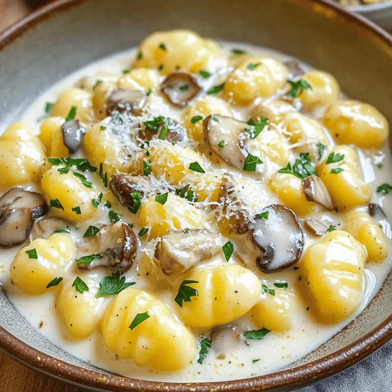 Um cremige Pilz-Knoblauch-Gnocchi zuzubereiten, benötigen Sie: - 450 g Kartoffelgnocchi - 200 g Pilze, in Scheiben geschnitten (nach Wahl) - 4 Knoblauchzehen, fein gehackt - 240 ml Schlagsahne - 240 ml Gemüsebrühe - 1 Esslöffel Olivenöl - 1 Teelöffel getrockneter Thymian - Salz und Pfeffer nach Geschmack - 50 g frisch geriebener Parmesan - Frische Petersilie, gehackt (zur Garnitur) Ich empfehle, frische Pilze wie Champignons oder Pfifferlinge zu wählen. Diese Pilze geben dem Gericht einen tollen Geschmack. Achten Sie darauf, dass die Gnocchi weich und frisch sind. Kaufen Sie sie am besten im Kühlregal. Verwenden Sie frischen Knoblauch, um das volle Aroma zu erhalten. Bio-Gemüsebrühe sorgt für mehr Geschmack und ist eine gute Wahl. Hochwertige Schlagsahne macht die Sauce besonders cremig und lecker. Wenn Sie eine vegane Option möchten, können Sie die Schlagsahne durch Kokosnusscreme ersetzen. Gnocchi aus Süßkartoffeln sind auch eine tolle Alternative. Für den Käse können Sie eine vegane Parmesan-Alternative verwenden. Wenn Sie Pilze nicht mögen, probieren Sie Zucchini oder Spinat. Diese Optionen bringen frischen Geschmack und Farbe in die Gnocchi. Beginnen Sie mit der Vorbereitung. Schneiden Sie die Pilze in dünne Scheiben. Ich empfehle, Champignons oder Shiitake-Pilze zu verwenden. Diese haben einen tollen Geschmack. Hacken Sie dann die Knoblauchzehen fein. Sehen Sie, wie der Knoblauch Ihre Hände parfümiert? Das wird später köstlich! 1. Erhitzen Sie in einer großen Pfanne bei mittlerer Hitze das Olivenöl. 2. Fügen Sie die geschnittenen Pilze hinzu. Braten Sie sie 5-7 Minuten an, bis sie goldbraun sind. Sie sollten ihre Feuchtigkeit verlieren und zart werden. 3. Geben Sie den gehackten Knoblauch dazu und braten Sie ihn eine Minute lang mit. Achten Sie darauf, dass er nicht verbrennt. 4. Jetzt kommen die Gnocchi in die Pfanne. Fügen Sie die Gemüsebrühe und den Thymian hinzu. Rühren Sie alles gut um. 5. Lassen Sie die Mischung aufkochen. Köcheln Sie sie 3-4 Minuten, damit die Gnocchi die Aromen aufnehmen. 6. Reduzieren Sie die Hitze und gießen Sie die Schlagsahne hinein. Rühren Sie vorsichtig. Lassen Sie die Mischung 2-3 Minuten köcheln, bis die Sauce dick wird. 7. Rühren Sie den frisch geriebenen Parmesan unter. Schmecken Sie die Sauce mit Salz und Pfeffer ab. Lassen Sie alles eine weitere Minute kochen. 8. Nehmen Sie die Pfanne vom Herd. Garnieren Sie die Gnocchi mit frisch gehackter Petersilie. Die Gnocchi brauchen nur wenige Minuten zum Kochen. Achten Sie darauf, die Hitze nicht zu hoch zu stellen. Die Sauce sollte cremig und nicht zu dick sein. Wenn sie zu dick wird, fügen Sie einen Schuss Gemüsebrühe hinzu. Das hilft, die richtige Konsistenz zu erreichen. Um die Sauce perfekt zu machen, beachten Sie Folgendes: - Nutzen Sie frische Zutaten. Frische Pilze und Knoblauch machen einen großen Unterschied. - Lassen Sie die Gnocchi gut ziehen. So nehmen sie die Aromen besser auf. - Achten Sie darauf, die Sahne nicht zu stark zu kochen. Sonst kann sie gerinnen. Gewürze verleihen dem Gericht Tiefe. Hier sind meine Tipps: - Verwenden Sie frischen Thymian, wenn möglich. Er hat mehr Aroma als getrockneter. - Fügen Sie etwas Muskatnuss hinzu. Das verstärkt den Geschmack der Sahne. - Experimentieren Sie mit Pfeffer. Ein Hauch von scharfem Pfeffer gibt einen guten Kick. Möchten Sie das Gericht aufpeppen? Hier sind einige Ideen: - Fügen Sie Spinat hinzu. Er bringt Farbe und Nährstoffe. - Servieren Sie die Gnocchi mit einem frischen Salat. Das sorgt für einen schönen Kontrast. - Braten Sie einige Pinienkerne an. Sie geben einen knusprigen Biss und einen nussigen Geschmack. {{image_4}} Diese Gnocchi sind einfach lecker und passen gut zu verschiedenen Diäten. Für eine vegetarische Option können Sie die Schlagsahne durch pflanzliche Sahne ersetzen. Mandelsahne oder Hafercreme funktionieren gut. Diese Varianten bieten einen ähnlichen cremigen Geschmack. Wenn Sie vegan essen, lassen Sie den Parmesan weg oder verwenden Sie eine vegane Käsealternative. Die Pilze sind der Star dieses Gerichts. Sie können Champignons, Steinpilze oder sogar Austernpilze verwenden. Jede Pilzsorte bringt ihren eigenen Geschmack mit. Champignons sind mild, während Steinpilze einen erdigen, intensiven Geschmack haben. Wenn Sie eine Mischung verwenden, wird das Gericht bunter und geschmackvoller. Experimentieren Sie und finden Sie Ihre Lieblingskombination! Kräuter machen das Gericht lebendig. Neben Thymian können Sie auch Rosmarin oder Basilikum verwenden. Diese Kräuter ergänzen die Pilze gut. Experimentieren Sie auch mit Gewürzen wie Paprika oder Muskatnuss. Ein Spritzer Zitronensaft am Ende bringt Frische ins Gericht. Versuchen Sie, die Aromen zu variieren, um immer neue Geschmackserlebnisse zu schaffen. Um die cremigen Pilz-Knoblauch-Gnocchi frisch zu halten, bewahre die Reste in einem luftdichten Behälter auf. Stelle sicher, dass die Gnocchi vollständig abgekühlt sind, bevor du sie in den Behälter gibst. So verhinderst du Kondensation und das Wachstum von Bakterien. Du kannst die Reste bis zu drei Tage im Kühlschrank lagern. Beim Aufwärmen ist es wichtig, die Gnocchi sanft zu behandeln. Verwende eine Pfanne bei niedriger Hitze. Füge einen Schuss Gemüsebrühe oder Sahne hinzu, um die Sauce wieder cremig zu machen. Rühre die Gnocchi vorsichtig um, damit sie gleichmäßig erhitzt werden. So bleibt der Geschmack frisch und die Textur angenehm. Im Kühlschrank halten sich die Gnocchi, wie erwähnt, etwa drei Tage. Wenn du sie länger aufbewahren möchtest, friere sie ein. Fülle die Gnocchi in einen gefriersicheren Behälter und achte darauf, dass sie gut verschlossen sind. So bleiben sie bis zu drei Monate frisch. Zum Auftauen kannst du die Gnocchi einfach über Nacht im Kühlschrank lassen oder sie direkt in einer warmen Pfanne erhitzen. Die Zubereitung der cremigen Pilz-Knoblauch-Gnocchi dauert insgesamt etwa 25 Minuten. Die Vorbereitungszeit beträgt 10 Minuten. Die Kochzeit ist schnell, etwa 15 Minuten. Diese Zeit reicht, um die Aromen zu vereinen und eine köstliche Sauce zu schaffen. Du kannst sowohl frische als auch vorgepackte Gnocchi verwenden. Frische Gnocchi haben oft einen weicheren Biss und schmecken toll. Die vorgepackten Gnocchi sind praktisch und einfach zu finden. Beide Optionen funktionieren gut in diesem Rezept. Achte nur darauf, die Kochzeit anzupassen, falls nötig. Wenn die Sauce zu dick ist, füge etwas Gemüsebrühe oder Sahne hinzu. Rühre gut um, bis die Konsistenz passt. Wenn die Sauce zu flüssig ist, lasse sie länger köcheln. Du kannst auch etwas mehr Parmesan hinzufügen, um sie zu binden. So erhältst du die perfekte Cremigkeit für deine Gnocchi. In diesem Blogbeitrag haben wir alles Wichtige zu deinem Gericht behandelt. Du hast die Zutatenliste sowie frische und hochwertige Optionen gesehen. Die Schritt-für-Schritt-Anleitung zeigt dir, wie du perfekt kochst. Tipps und Variationen helfen dir, kreativ zu sein. Auch die Aufbewahrung und häufige Fragen sind geklärt. Experimentiere mit den Rezeptideen. So machst du dein Gericht noch besser. Viel Spaß beim Kochen!
