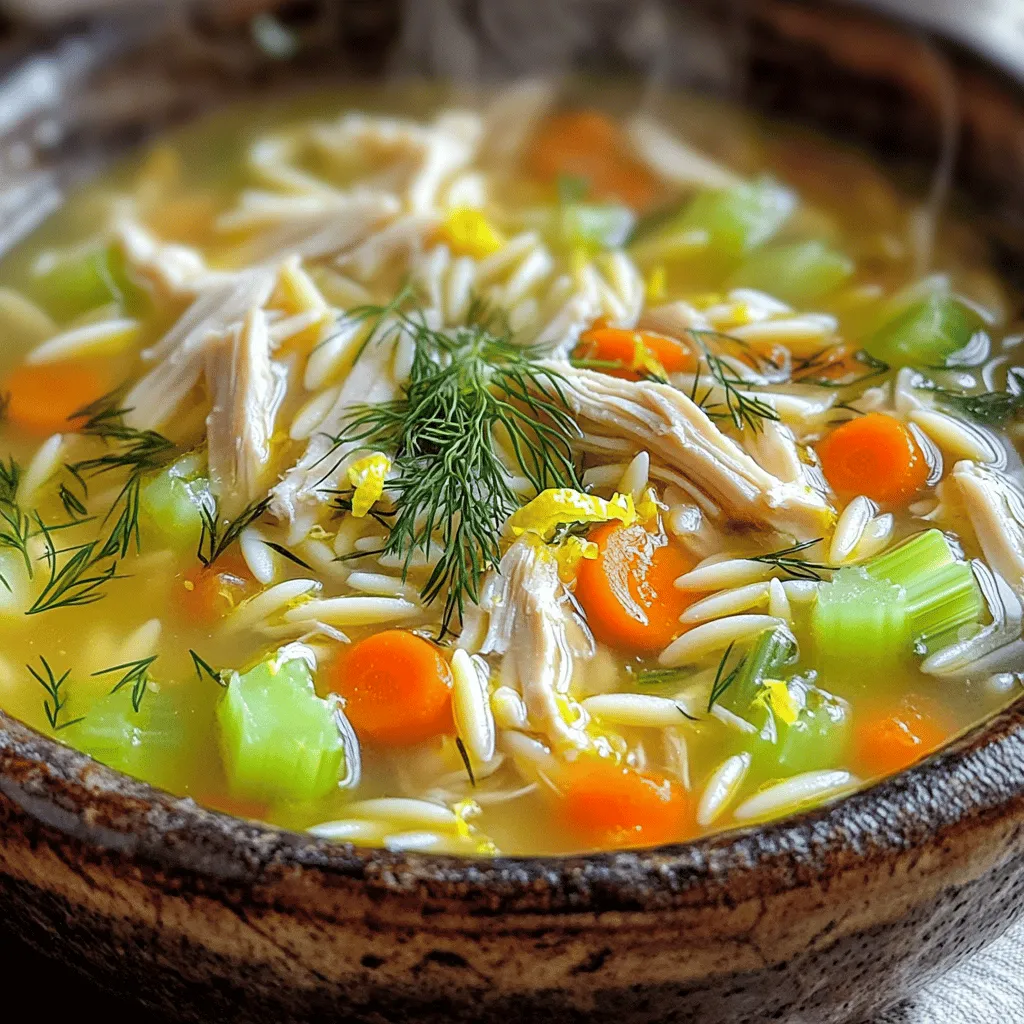 Die Hauptzutaten sind einfach und lecker. Hier ist, was du brauchst: - 450 g Hähnchenbrustfilets, ohne Haut und Knochen - 1,5 l Hühnerbrühe - 250 g ungekochte Orzo-Pasta - 2 große Karotten, gewürfelt - 2 Selleriestangen, gewürfelt - 1 mittlere Zwiebel, gehackt - 3 Knoblauchzehen, fein gehackt - 60 ml frischer Zitronensaft (ca. 2 Zitronen) - 1 Esslöffel Zitronenschale - 2 große Eier - Salz und Pfeffer nach Geschmack - 2 Esslöffel Olivenöl Diese Zutaten sorgen für guten Geschmack und eine schöne Textur. Das Hähnchen gibt Protein, während das Gemüse Nährstoffe und Farbe bringt. Für die Garnitur verwende frischen Dill oder Petersilie. Diese Kräuter bringen Frische in die Suppe. Sie geben nicht nur Geschmack, sondern auch ein schönes Aussehen. Schneide die Kräuter fein und streue sie über die Suppe, bevor du servierst. Achte beim Einkaufen auf frische Zutaten. Wähle Hähnchen, das rosa und fest aussieht. Die Gemüse sollten knackig und ohne Flecken sein. Frische Zitronen geben den besten Saft. Wenn du gute Zutaten hast, wird die Suppe viel besser schmecken. Zuerst müssen wir alle Zutaten bereitstellen. Du benötigst: - 450 g Hähnchenbrustfilets - 1,5 l Hühnerbrühe - 250 g ungekochte Orzo-Pasta - 2 große Karotten, gewürfelt - 2 Selleriestangen, gewürfelt - 1 mittlere Zwiebel, gehackt - 3 Knoblauchzehen, fein gehackt - 60 ml frischer Zitronensaft - 1 Esslöffel Zitronenschale - 2 große Eier - Salz und Pfeffer - 2 Esslöffel Olivenöl - Frischer Dill oder Petersilie für die Garnitur Stelle sicher, dass du frisches Gemüse verwendest. Das macht einen großen Unterschied im Geschmack. Nimm einen großen Topf und erhitze das Olivenöl bei mittlerer Hitze. Füge die gehackte Zwiebel, Karotten und Sellerie hinzu. Dünste das Gemüse für etwa 5-7 Minuten, bis es weich ist. Dann kommt der Knoblauch dazu. Brate ihn für 1-2 Minuten an, bis er duftet. Jetzt ist es Zeit, die Hühnerbrühe in den Topf zu gießen. Bring die Mischung zum Simmern. Füge die Hähnchenbrustfilets und die Orzo-Pasta in den Topf. Koche die Suppe für etwa 15-20 Minuten. Prüfe, ob das Hähnchen durchgegart und die Orzo zart ist. Nimm das Hähnchen aus dem Topf. Lass es ein wenig abkühlen und zupfe es dann in mundgerechte Stücke. Gib das zerkleinerte Hähnchen zurück in den Topf. In einer Schüssel verquirle die Eier, den Zitronensaft und die Zitronenschale. Füge langsam eine Tasse heiße Brühe hinzu, um die Eier zu temperieren. Dies verhindert das Gerinnen der Eier. Rühre diese Mischung vorsichtig zurück in den Suppentopf. Lass die Suppe für weitere 3-5 Minuten sanft erhitzen, aber nicht kochen. Schmecke die Suppe mit Salz und Pfeffer ab. Serviere die Suppe in Schalen und garniere sie mit frischem Dill oder Petersilie. Um die richtige Konsistenz zu erreichen, achte auf das Verhältnis von Brühe zu Orzo. Zu viel Orzo macht die Suppe dick. Beginne mit 250 g Orzo in 1,5 l Hühnerbrühe. Wenn du eine dünnere Suppe magst, koche weniger Orzo. Rühre die Suppe gut um, während sie kocht. So verteilt sich die Pasta gleichmäßig und die Suppe bleibt cremig. Das Hinzufügen der Eier kann knifflig sein. Um das Gerinnen zu vermeiden, temperiere die Eier. Schlage die Eier mit dem Zitronensaft in einer Schüssel. Nimm eine Tasse heiße Brühe aus der Suppe. Gieße sie langsam in die Eimischung und rühre ständig. Dann gib die temperierte Mischung zurück in den Topf. Dies hilft, die Eier sanft zu erhitzen. Du kannst den Geschmack der Suppe leicht ändern. Füge mehr Zitronensaft hinzu, wenn du es sauer magst. Für mehr Würze benutze frischen Dill oder Petersilie. Auch ein Hauch von Paprika kann die Suppe aufpeppen. Experimentiere mit Gewürzen und finde deinen perfekten Geschmack. {{image_4}} Wenn du die Hühnchenbrust vermeiden möchtest, gibt es tolle Alternativen. Du kannst Kichererbsen oder Tofu verwenden. Diese geben der Suppe eine schöne Textur. Auch Gemüse wie Zucchini oder Pilze sind gute Optionen. Sie bringen frische Aromen in dein Gericht. Denke daran, die Gewürze anzupassen, um den Geschmack zu verbessern. Orzo ist in dieser Suppe beliebt, aber du kannst auch andere Sorten verwenden. Reisnudeln oder kleine Muschelnudeln passen gut dazu. Diese Varianten können die Suppe verändern, ohne die Essenz zu verlieren. Probiere auch Quinoa aus; es macht die Suppe nahrhafter und glutenfrei. Griechische Zitronen-Hühnchensuppe hat viele regionale Varianten. In einigen Teilen Griechenlands geben Köche Feta-Käse hinzu, um die Suppe cremiger zu machen. In anderen Regionen wird Safran verwendet, was der Suppe eine goldene Farbe verleiht. Jede Variante hat ihren eigenen Charme und erzählt von der Kultur. Lass deiner Kreativität freien Lauf und experimentiere! Um die griechische Zitronen-Hühnchensuppe frisch zu halten, lagere ich die Reste in einem luftdichten Behälter. Achte darauf, dass die Suppe vollständig abgekühlt ist, bevor du sie in den Kühlschrank stellst. Sie bleibt dort bis zu drei Tage frisch. So kannst du die leckeren Aromen auch später genießen. Möchtest du die Suppe länger aufbewahren? Dann friere sie ein! Ich empfehle, die Suppe in Portionen abzufüllen. Verwende dafür gefriergeeignete Behälter oder Beutel. So kannst du nur die Menge aufwärmen, die du brauchst. Die Suppe bleibt bis zu drei Monate im Gefrierfach. Um die Suppe aufzuwärmen, gieße sie in einen Topf. Erhitze sie bei mittlerer Hitze und rühre gelegentlich um. Achte darauf, dass du die Suppe nicht kochen lässt, um die Eiercreme zu schützen. Wenn du sie aus dem Gefrierschrank nimmst, lasse sie zuerst im Kühlschrank auftauen. So bleibt der Geschmack am besten erhalten. Um die Suppe glutenfrei zu machen, ersetzen Sie die Orzo-Pasta. Verwenden Sie stattdessen glutenfreie Pasta oder Reis. Achten Sie auf die Zutaten der Brühe, um sicherzustellen, dass sie kein Gluten enthält. Zu dieser Suppe passen frisches Brot oder ein einfacher grüner Salat. Auch eine Scheibe Zitronenkuchen ist eine leckere Ergänzung. Diese Beilagen bringen die Aromen der Suppe gut zur Geltung. Die Suppe bleibt im Kühlschrank etwa drei bis vier Tage frisch. Lagern Sie sie in einem luftdichten Behälter. Achten Sie darauf, die Suppe gut abzukühlen, bevor Sie sie in den Kühlschrank stellen. Ja, Sie können die Brühe selbst machen. Kochen Sie Hühnerknochen mit Gemüse und Gewürzen. Lassen Sie die Brühe mindestens eine Stunde köcheln. Dadurch erhält sie mehr Geschmack und ist gesünder. Ihr Rezept für griechische Zitronen-Hühnchensuppe ist klar und einfach zu folgen. Wir haben die Hauptzutaten, Schritte und Tipps besprochen. Variationen und Lagerhinweise geben Ihnen viele Optionen. Denken Sie daran, frische Zutaten sorgen für den besten Geschmack. Mit diesen Ratschlägen können Sie selbst Suppe zubereiten, die allen schmeckt. Genießen Sie die vielfältigen Möglichkeiten, die diese leckere Suppe bietet!