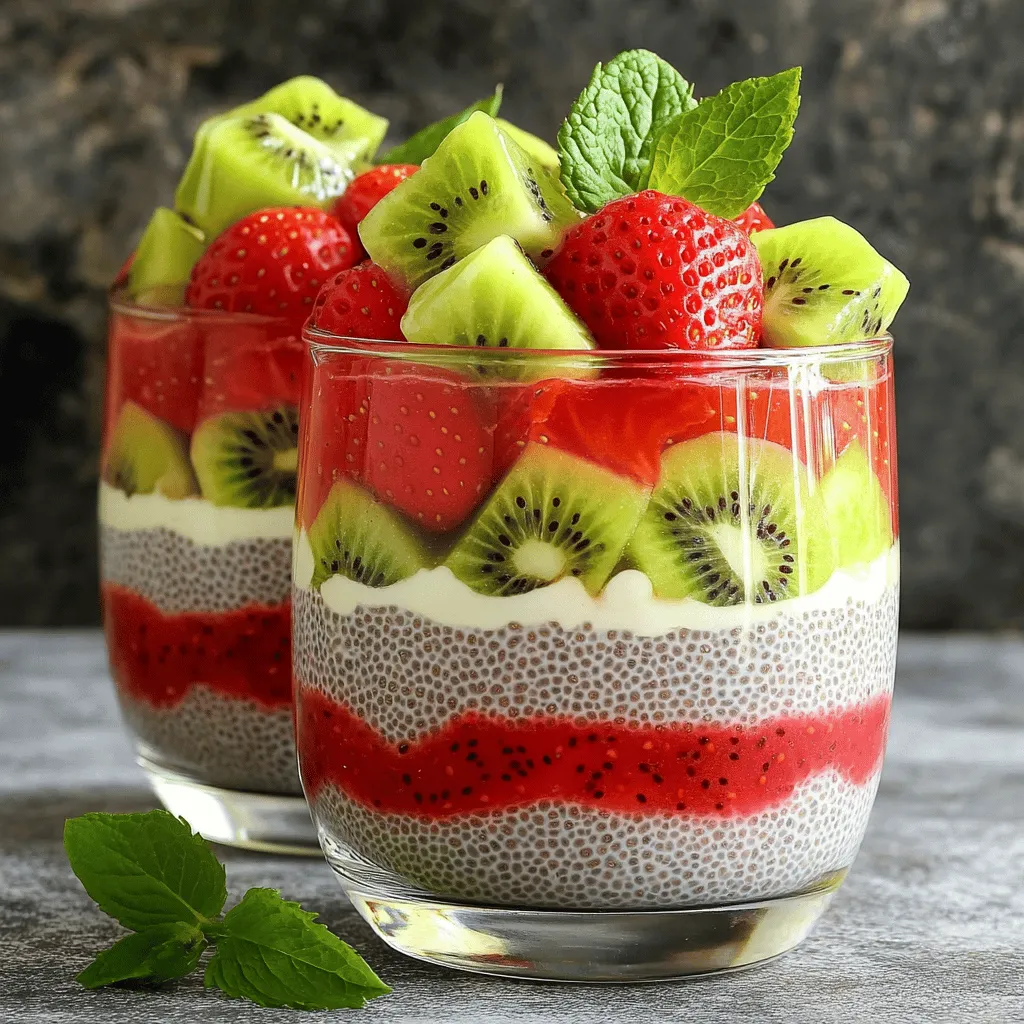 Um einen köstlichen Erdbeer-Kiwi-Chia-Pudding zuzubereiten, benötigen Sie folgende Zutaten: - 1 Tasse Mandelmilch (oder jede andere pflanzliche Milch) - 1/4 Tasse Chiasamen - 2 Esslöffel Ahornsirup (oder Honig) - 1 Teelöffel Vanilleextrakt - 1/2 Tasse frische Erdbeeren, gewürfelt - 1/2 Tasse frische Kiwi, geschält und gewürfelt - Frische Minzblätter zur Dekoration Diese Zutaten sind einfach zu finden. Mandelmilch ist eine beliebte Wahl, aber jede pflanzliche Milch funktioniert. Chiasamen sind die Hauptzutat, die den Pudding dick macht. Ahornsirup oder Honig geben die nötige Süße. Vanilleextrakt sorgt für einen tollen Geschmack. Frische Erdbeeren und Kiwis bringen Farbe und Frische in das Dessert. Und die Minze oben drauf gibt einen schönen Look und Geschmack. Stellen Sie sicher, dass alle Zutaten bereit sind. Frische Früchte bringen mehr Geschmack und Vitamine. So wird Ihr Pudding nicht nur lecker, sondern auch gesund! Zuerst nimmst du eine mittelgroße Schüssel. Dort gibst du die Mandelmilch, Chiasamen, Ahornsirup und Vanilleextrakt hinein. Verquirle die Zutaten gut. Es ist wichtig, dass die Mischung gleichmäßig wird. So wird der Pudding später schön cremig. Nun deckst du die Schüssel ab. Lass die Mischung für mindestens 4 Stunden im Kühlschrank ruhen. Am besten ist es, wenn du sie über Nacht stehen lässt. So erreicht der Pudding die beste Konsistenz. Nach der Kühlzeit rührst du den Pudding gut um. Dann nimmst du klare Serviergläser. Fülle die Hälfte der Chia-Pudding-Mischung gleichmäßig am Boden der Gläser. Danach legst du eine Schicht gewürfelte Erdbeeren darauf. Gefolgt von einer Schicht gewürfelter Kiwi. Gieße dann die restliche Chia-Pudding-Mischung vorsichtig über die Obstschichten. Zum Abschluss dekoriere mit einer weiteren Schicht Erdbeeren und Kiwi. Die frischen Minzblätter oben drauf geben dem Dessert das gewisse Etwas. Um die perfekte Konsistenz zu erreichen, ist das Verhältnis von Flüssigkeit zu Chiasamen wichtig. Verwende 1 Tasse Mandelmilch für 1/4 Tasse Chiasamen. Das sorgt für einen cremigen Pudding. Klumpen sind nicht schön. Rühre die Mischung gut um, bevor du sie in den Kühlschrank stellst. Nach der Kühlzeit rühre den Pudding nochmals gut durch. So vermeidest du Klumpen und erhältst eine glatte Textur. Die Süße kannst du leicht anpassen. Du kannst Ahornsirup durch Honig ersetzen. Auch andere Süßungsmittel wie Agavendicksaft sind möglich. Probiere verschiedene Süßungsmittel aus, um deinen perfekten Geschmack zu finden. Manche mögen es süßer, andere weniger. Achte darauf, die Menge nach deinem persönlichen Geschmack anzupassen. Serviere den Chia-Pudding in klaren Gläsern. So sieht das Dessert schön aus und die Schichten kommen gut zur Geltung. Dekorative Garnituren machen das Dessert noch ansprechender. Verwende frische Minzblätter für einen Farbklecks. Du kannst auch essbare Blüten oder geröstete Nüsse als Garnitur verwenden. Das sieht toll aus und bringt zusätzlichen Geschmack. {{image_4}} Du kannst viele verschiedene Früchte für deinen Chia-Pudding verwenden. Probiere andere Beeren wie Himbeeren oder Blaubeeren. Diese Früchte geben dem Pudding eine andere Note. Wenn du exotische Aromen magst, nutze Tropenfrüchte. Mango oder Ananas passen sehr gut. Sie bringen Frische und Süße in das Rezept. Wenn du vegan isst, ersetze den Honig mit einem sicheren Süßungsmittel. Ahornsirup ist eine tolle Wahl, aber auch Agavendicksaft funktioniert gut. Achte darauf, glutenfreie Zutaten zu verwenden. Die meisten Chiasamen sind von Natur aus glutenfrei. So kannst du sicher sein, dass dein Pudding für alle geeignet ist. Du kannst die Basis für andere Geschmäcker nutzen. Füge Kakaopulver hinzu, um einen schokoladigen Pudding zu machen. Auch Gewürze wie Zimt oder Ingwer geben deinem Chia-Pudding mehr Tiefe. Experimentiere mit verschiedenen Aromen, um deinen perfekten Pudding zu finden. Um deinen Erdbeer-Kiwi-Chia-Pudding frisch zu halten, bewahre ihn in einem luftdichten Behälter auf. So bleibt der Geschmack erhalten. Der Pudding hält sich bis zu 5 Tagen im Kühlschrank. Das ist ideal, wenn du im Voraus vorbereiten möchtest. Du kannst den Pudding auch einfrieren. Fülle ihn einfach in gefrierfreundliche Behälter. Achte darauf, etwas Platz zu lassen, da sich der Pudding beim Gefrieren ausdehnt. Für die Wiederherstellung der Textur tau ihn langsam im Kühlschrank auf. Rühre ihn gut um, um Klumpen zu vermeiden. Die Wahl des richtigen Behälters ist wichtig. Wiederverschließbare Behälter helfen, die Frische zu bewahren. Sie schützen vor Luft und Feuchtigkeit. So bleibt dein Pudding länger lecker und frisch. Der Chia-Pudding sollte mindestens 4 Stunden im Kühlschrank ruhen. Ich empfehle, ihn über Nacht stehen zu lassen. So erreicht er die beste Konsistenz. Wenn du es eilig hast, nutze die minimale Zeit, aber die längere Kühlung hilft wirklich. Ja, du kannst andere Pflanzenmilch verwenden. Mandelmilch ist beliebt, aber du kannst auch Sojamilch, Hafermilch oder Kokosmilch nehmen. Jede Milch hat ihren eigenen Geschmack. Probiere verschiedene Sorten aus, um deinen Favoriten zu finden. Ja, Chia-Pudding ist sehr gesund. Chiasamen sind reich an Ballaststoffen, Omega-3-Fettsäuren und Proteinen. Diese Nährstoffe sind gut für dein Herz und deine Verdauung. Dazu sind Erdbeeren und Kiwi voll von Vitaminen und Antioxidantien. Es ist eine nahrhafte Wahl für einen Snack oder ein Frühstück. Um den Pudding weniger süß zu machen, kannst du einfach weniger Ahornsirup oder Honig verwenden. Du kannst auch ganz darauf verzichten. Stattdessen kannst du die Süße mit frischen Früchten ausgleichen. Das gibt dem Pudding auch einen leckeren, fruchtigen Geschmack. Chia-Pudding ist einfach zuzubereiten und voller gesunder Zutaten. Wir haben die besten Tipps für die perfekte Konsistenz geteilt und Variationen für jeden Geschmack vorgestellt. Denke daran, mit verschiedenen Früchten und Süßungsmitteln zu experimentieren. Ob du ihn kühlst oder einfrierst, Chia-Pudding bleibt frisch und lecker. Nutze die verschiedenen Serviervorschläge, um deine Kreationen zu präsentieren. Probiere es aus und genieße alle Möglichkeiten, die dir Chia-Pudding bietet.