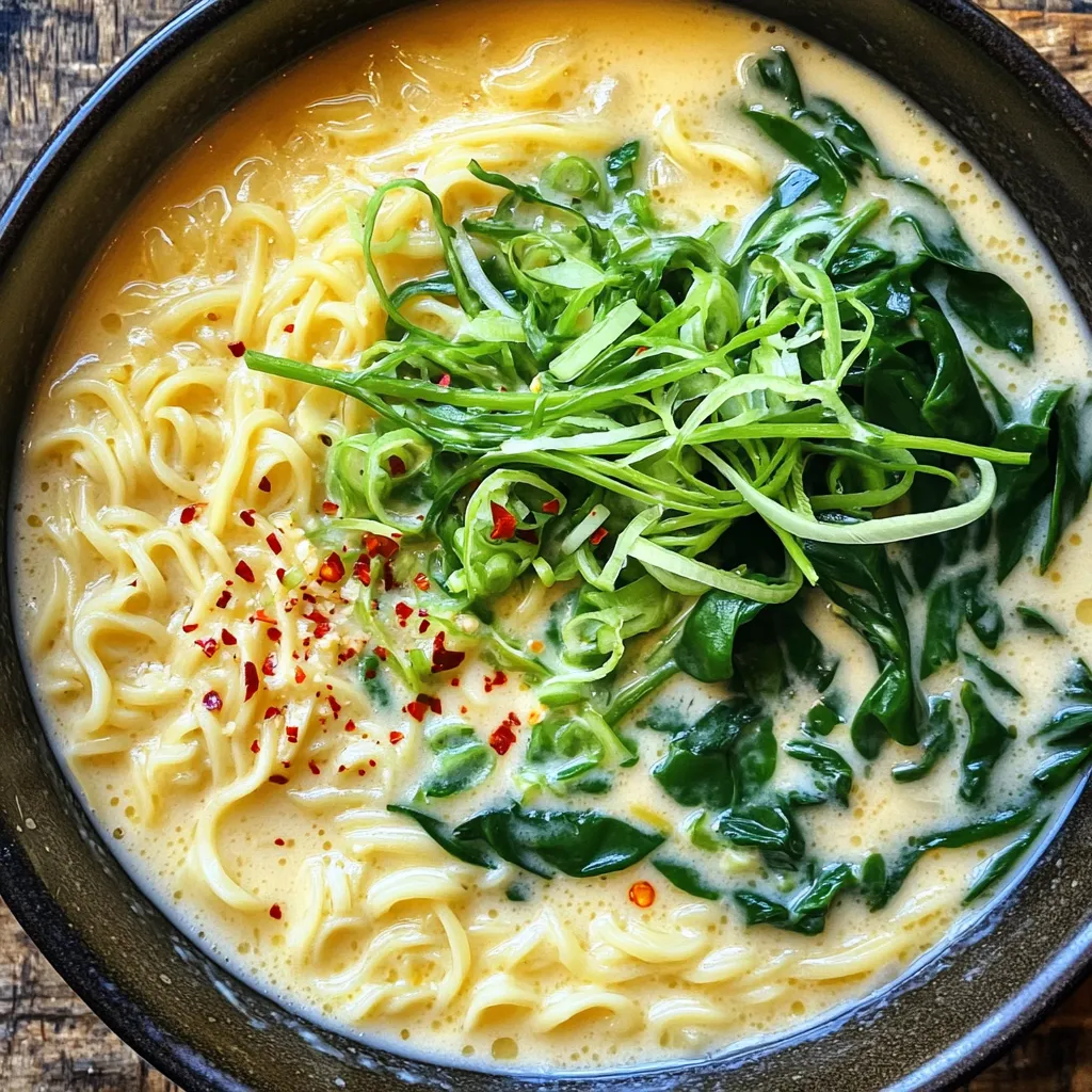 - 2 Pakete Instant-Ramen-Nudeln (Würzmischungen entsorgen) - 4 Tassen Gemüsebrühe - 4 Knoblauchzehen, fein gehackt Die Basis für mein One-Pot Garlic Parmesan Ramen sind die Instant-Ramen-Nudeln. Diese Nudeln sind schnell und einfach zuzubereiten. Die Gemüsebrühe bringt viel Geschmack. Frischer Knoblauch macht das Gericht besonders aromatisch. Er gibt einen starken, leckeren Geschmack, der perfekt zu den anderen Zutaten passt. - 1 Esslöffel Olivenöl - 1 Tasse frisch geriebener Parmesan - 1 Teelöffel rote Chiliflocken (optional) Olivenöl sorgt dafür, dass der Knoblauch schön bräunt. Parmesan ist der Star, der das Gericht cremig macht. Die Chiliflocken geben einen kleinen Kick. Wenn du es scharf magst, sind sie eine tolle Ergänzung. - 2 Frühlingszwiebeln, in Ringe geschnitten - 1 Tasse Baby-Spinat - Salz nach Geschmack - 1 Teelöffel schwarzer Pfeffer Frühlingszwiebeln bringen Frische und Farbe ins Gericht. Baby-Spinat ist gesund und welkt schnell. Salz und Pfeffer bringen die Aromen gut zusammen. Ich empfehle, die Gewürze nach deinem Geschmack anzupassen. So wird das Rezept ganz dein eigenes. - Hacke vier Knoblauchzehen fein. - Schneide zwei Frühlingszwiebeln in Ringe. - Spüle eine Tasse Baby-Spinat gründlich ab. Diese Schritte sind wichtig. Sie helfen, die Aromen freizusetzen. Frischer Knoblauch bringt einen tollen Duft. Frühlingszwiebeln fügen eine milde Süße hinzu. Spinat gibt der Suppe Farbe und Nährstoffe. - Erhitze einen Esslöffel Olivenöl in einem großen Topf bei mittlerer Hitze. - Füge den gehackten Knoblauch hinzu und brate ihn für etwa eine Minute an. Sei vorsichtig, dass der Knoblauch nicht verbrennt. Ein verbrannter Knoblauch kann bitter schmecken. Wenn der Knoblauch duftet, ist es Zeit für die Brühe. - Gieße vier Tassen Gemüsebrühe in den Topf und bringe sie zum sanften Simmern. - Lege die Ramen-Nudeln in die Brühe und koche sie nach den Anweisungen (meist 2-3 Minuten). Rühre die Nudeln gelegentlich um. So garen sie gleichmäßig. Nach dem Kochen reduziere die Hitze. Füge dann eine Tasse frisch geriebenen Parmesan hinzu. Rühre, bis der Käse schmilzt und eine cremige Sauce bildet. Jetzt kannst du schwarzen Pfeffer und Chiliflocken nach Geschmack hinzufügen. Schließlich unterhebe den Spinat für eine Minute. So wird er schön zart. Garniere den Ramen mit den geschnittenen Frühlingszwiebeln. - Die Kochzeit für Ramen liegt bei 2-3 Minuten. - Achte darauf, die Nudeln regelmäßig umzurühren. So garen sie gleichmäßig. - Halte die Hitze auf mittlerer Stufe, damit die Brühe nicht kocht. - Füge Gemüse wie Paprika oder Pilze hinzu. Das bringt mehr Geschmack. - Probiere auch andere Käsesorten wie Gouda oder Feta. - Ein Spritzer Zitronensaft kann die Aromen aufhellen. - Verwende frische Kräuter wie Koriander oder Petersilie. - Rote Paprika oder Karotten bringen Farbe ins Gericht. - Serviere die Ramen in einer schönen Schüssel. Das macht das Essen noch mehr Spaß. {{image_4}} Um das Rezept vegan zu machen, ersetzen Sie die Gemüsebrühe. Verwenden Sie eine pflanzliche Brühe oder Wasser mit Gewürzen. Für den Käse, nehmen Sie eine vegane Käsealternative oder Hefeflocken. Diese geben einen ähnlichen Geschmack. Sie können auch mehr Gemüse hinzufügen, wie Karotten oder Zucchini. Diese passen gut zu den Ramen und machen das Gericht bunter. Wenn Sie mehr Protein wollen, fügen Sie Hähnchen oder Tofu hinzu. Kochen Sie das Hähnchen vorher und schneiden Sie es klein. Tofu kann in Würfel geschnitten werden und wird leicht in die Brühe gegeben. Sie können auch Eier hinzufügen. Ein weich gekochtes Ei passt perfekt auf die Nudeln und gibt extra Geschmack. Für eine schärfere Variante, fügen Sie mehr Chili hinzu. Sie können frische Chilis oder mehr Chiliflocken verwenden. Probieren Sie auch verschiedene Pfeffersorten. Peperoni oder Jalapeños bringen einen anderen Kick. Diese Variationen machen das Gericht spannend und anpassbar für jeden Geschmack. - Kühlschranklagerung: Wenn du Reste hast, lass die Ramen abkühlen. Fülle sie in einen luftdichten Behälter. So halten sie sich bis zu drei Tage im Kühlschrank. Achte darauf, die Brühe gut abzudecken. - Tiefkühlen der Ramen: Du kannst die Ramen auch einfrieren. Gib sie in einen gefrierfesten Behälter. Sie bleiben bis zu zwei Monate frisch. Zum Auftauen lege die Ramen einfach über Nacht in den Kühlschrank. - Mikrowelle oder Herd: Du kannst die Ramen in der Mikrowelle oder auf dem Herd aufwärmen. Wenn du die Mikrowelle benutzt, stelle die Leistung auf mittlere Stufe. Erwärme sie in kurzen Abständen, bis sie heiß sind. Auf dem Herd einfach in einem Topf bei niedriger Hitze erhitzen. - Zeichen, dass es noch frisch ist: Achte darauf, dass die Ramen gut riechen und die Brühe klar ist. Wenn sie seltsam riechen oder die Farbe verändert haben, entsorge sie besser. Ja, du kannst andere Nudelsorten verwenden. Ich empfehle, Udon- oder Soba-Nudeln auszuprobieren. Diese sind dicker und bieten einen anderen Geschmack. Auch Reisnudeln passen gut. Achte darauf, die Kochzeit anzupassen. Mache einen kurzen Test, um sicherzustellen, dass die Nudeln gut garen. Um matschige Nudeln zu vermeiden, koche sie nicht zu lange. Ramen-Nudeln brauchen meist nur 2-3 Minuten. Rühre die Nudeln während des Kochens um. So bleiben sie gleichmäßig und klumpen nicht. Die Brühe sollte leicht simmern, nicht sprudelnd kochen. Ja, das Rezept ist leicht anpassbar. Du kannst die Zutaten einfach verdoppeln oder verdreifachen. Achte darauf, einen größeren Topf zu verwenden. Wenn du mehr Brühe machst, die Menge der Gewürze anpassen. So bleibt der Geschmack immer gut! Dieses Rezept für Instant-Ramen mit Gemüse ist einfach und lecker. Wir haben die Hauptzutaten wie Knoblauch und Gemüsebrühe verwendet. Die Zubereitung ist schnell und leicht verständlich. Mit Tipps zur perfekten Garzeit und verschiedenen Variationen bleibt es spannend. Egal, ob du vegan kochen oder mehr Protein hinzufügen möchtest, die Möglichkeiten sind vielfältig. Bewahre Reste richtig auf und genieße sie später. Setze dein Wissen um und kreiere deine eigene leckere Ramen-Version!