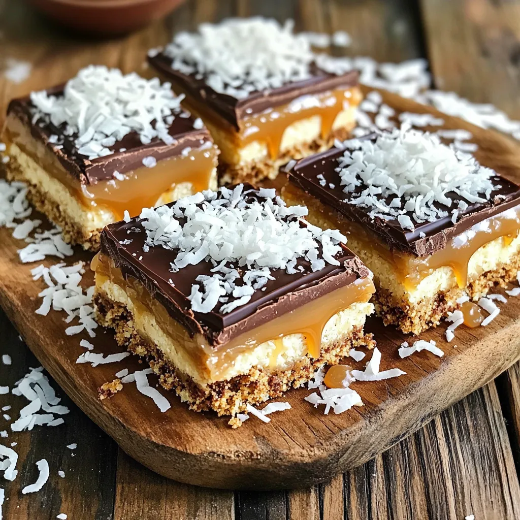 Um die No-Bake Samoa Cookie Bars zuzubereiten, benötigst du folgende Hauptzutaten: - 1 ½ Tassen zerbröselte Graham-Cracker - 1 Tasse geraspelter süßer Kokosnuss - ½ Tasse ungesüßtes Kakaopulver - ½ Tasse cremige Erdnussbutter - ⅓ Tasse Honig oder Ahornsirup - ½ Teelöffel Vanilleextrakt - 1 Tasse Schokoladenstückchen - ¼ Tasse Karamellsauce - Meersalz zum Bestreuen Diese Zutaten bringen den klassischen Geschmack der Samoa-Kekse in eine einfache Bar-Form. Die süße Kokosnuss und die cremige Erdnussbutter sorgen für einen tollen Biss. Um die Bars zu machen, brauchst du einige spezielle Küchengeräte: - Eine große Rührschüssel - Eine mikrowellengeeignete Schüssel - Einen Messbecher - Backpapier - Eine 20 cm x 20 cm große Backform Mit diesen Geräten wird die Zubereitung einfach und schnell. Du kannst alles gut mischen und gleichmäßig in die Form drücken. Für ein wenig extra Flair kannst du einige optionale Toppings hinzufügen: - Zusätzliche geraspelte Kokosnuss - Mehr Karamellsauce zum Drizzeln - Herzhafte Nüsse oder Schokoladenstückchen Diese Toppings geben den Bars einen schönen Look und mehr Geschmack. Du kannst sie nach deinem Wunsch anpassen, um dein persönliches Rezept zu kreieren. Beginnen Sie mit der Keksmasse. Nehmen Sie eine große Rührschüssel. Geben Sie 1 ½ Tassen zerbröselte Graham-Cracker, 1 Tasse geraspelte Kokosnuss und ½ Tasse ungesüßtes Kakaopulver hinein. Mischen Sie alles gut, bis es gleichmäßig aussieht. In einer mikrowellengeeigneten Schüssel, erhitzen Sie ½ Tasse cremige Erdnussbutter. Fügen Sie ⅓ Tasse Honig oder Ahornsirup hinzu und wärmen Sie beides für 30 Sekunden. Rühren Sie die Mischung gut um, bis sie glatt ist. Geben Sie ½ Teelöffel Vanilleextrakt dazu und mischen Sie erneut. Gießen Sie die Erdnussbutter-Mischung über die trockenen Zutaten. Vermengen Sie alles, bis eine leicht klebrige Masse entsteht. Nehmen Sie eine kleine mikrowellengeeignete Schüssel. Fügen Sie 1 Tasse Schokoladenstückchen hinzu. Erhitzen Sie die Schokolade in 20-Sekunden-Intervallen. Rühren Sie nach jeder Runde um, bis die Schokolade ganz geschmolzen ist. Sie sollte glatt und glänzend aussehen. Belegen Sie eine 20 cm x 20 cm große Backform mit Backpapier. Lassen Sie etwas Überhang. Drücken Sie die Keksmasse gleichmäßig auf den Boden. Nutzen Sie den Rücken eines Messbechers oder Ihre Hände. Gießen Sie die geschmolzene Schokolade gleichmäßig über die Keksmasse. Träufeln Sie die Karamellsauce darüber und streuen Sie eine Prise Meersalz darauf. Stellen Sie die Form für mindestens 1 Stunde in den Kühlschrank. Nach dem Festwerden, heben Sie die Bars aus der Form. Schneiden Sie sie in Quadrate oder Streifen. Genießen Sie diese leckeren Köstlichkeiten! Ein Fehler, den viele machen, ist, die Erdnussbutter nicht richtig zu erwärmen. Wenn die Erdnussbutter zu fest ist, lässt sie sich schwer vermengen. Erwärmen Sie sie nur kurz, bis sie flüssig wird. Ein weiterer Fehler ist, die Keksmasse nicht fest genug zu drücken. Achten Sie darauf, die Mischung gut in die Form zu drücken, damit die Bars später stabil bleiben. Um die perfekte Konsistenz zu erreichen, sollten Sie die Mischung gut vermengen. Sie sollte leicht klebrig sein, aber gut formbar. Wenn die Masse zu trocken wirkt, fügen Sie etwas Honig oder Ahornsirup hinzu. So bleibt die Keksmasse zusammen und die Bars lassen sich leicht schneiden. Präsentieren Sie die Bars ansprechend auf einem Dessertteller. Träufeln Sie etwas Karamellsauce über die Oberseite für einen schönen Look. Garnieren Sie die Bars mit zusätzlichen Kokosflocken. Diese kleinen Details machen das Dessert noch einladender. {{image_4}} Für vegane No-Bake Samoa Cookie Bars kannst du einige Zutaten ersetzen. Nutze Mandelbutter oder Cashewbutter anstelle von Erdnussbutter. Ersetze den Honig durch Agavendicksaft oder einen anderen pflanzlichen Sirup. Achte darauf, dass die Schokoladenstückchen vegan sind. So schaffst du eine leckere vegane Variante dieser Bars. Um glutenfreie Samoa Cookie Bars zu machen, wähle glutenfreie Graham-Cracker. Diese sind oft in Supermärkten erhältlich. Achte darauf, dass alle anderen Zutaten ebenfalls glutenfrei sind. So kannst du diese süßen Leckerbissen ohne Sorgen genießen. Du kannst die Aromen ganz nach deinem Geschmack anpassen. Füge etwas Zimt oder Muskatnuss zu den trockenen Zutaten hinzu, um mehr Tiefe zu schaffen. Wenn du Schokolade liebst, probiere eine Mischung aus dunkler und heller Schokolade. Für einen fruchtigen Kick füge getrocknete Früchte wie Cranberries oder Aprikosen hinzu. So bleibt das Rezept spannend und frisch! Die No-Bake Samoa Cookie Bars sollten in einem luftdichten Behälter aufbewahrt werden. So behalten sie ihren Geschmack und ihre Frische. Lege die Bars mit Backpapier zwischen die Schichten, um ein Ankleben zu verhindern. Stelle den Behälter in den Kühlschrank oder an einen kühlen Ort. Im Kühlschrank halten die Bars bis zu einer Woche. Wenn du sie länger aufbewahren möchtest, friere sie ein. Im Gefrierschrank bleiben sie bis zu drei Monate frisch. Achte darauf, sie gut einzuwickeln, um Gefrierbrand zu vermeiden. Überprüfe die Bars regelmäßig. Wenn sie einen unangenehmen Geruch haben oder die Schokolade sich verfärbt, sind sie nicht mehr gut. Auch eine klebrige oder wässrige Textur kann ein Zeichen für Verderb sein. Es ist besser, auf Nummer sicher zu gehen und verdorbene Bars zu entsorgen. Ja, du kannst Erdnussbutter ersetzen. Nutze Mandelbutter oder Cashewbutter. Diese Alternativen geben den Bars einen anderen Geschmack. Achte darauf, dass die Textur ähnlich bleibt. Cremige Sorten funktionieren am besten. Die Bars brauchen etwa eine Stunde im Kühlschrank, um fest zu werden. Dies hilft, die perfekte Konsistenz zu erreichen. Du kannst sie auch länger im Kühlschrank lassen, wenn du mehr Zeit hast. Je kälter, desto fester werden sie. Ja, du kannst andere Schokoladensorten nutzen. Milchschokolade oder weiße Schokolade geben einen süßeren Geschmack. Dunkle Schokolade hat weniger Zucker und mehr Kakao. Experimentiere mit verschiedenen Sorten, um deinen Liebling zu finden! Die No-Bake Samoa Cookie Bars sind einfach zuzubereiten und lecker. Wir haben die Hauptzutaten besprochen und notwendige Küchengeräte aufgezählt. Die Schritt-für-Schritt-Anleitung hilft dir, die Bars perfekt zu machen. Tipps und Tricks zeigen, wie du häufige Fehler vermeidest und die beste Konsistenz erreichst. Du kannst sogar Variationen ausprobieren, um deine Bars anzupassen. Denke daran, die Cookie Bars richtig zu lagern. Wenn du Fragen hast, findest du Antworten in den FAQs. Viel Spaß beim Ausprobieren dieser leckeren Süßigkeit!