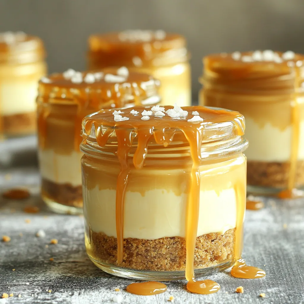 Für deine No Bake Salted Caramel Cheesecake Jars benötigst du: - 1 Tasse Graham-Cracker-Brösel - 1/4 Tasse ungesalzene Butter, geschmolzen - 450 g Frischkäse, weich (Raumtemperatur) - 1 Tasse Puderzucker - 1 Teelöffel Vanilleextrakt - 1 Tasse Schlagsahne - 1/2 Tasse gesalzene Karamellsauce (fertig gekauft oder selbstgemacht) - Meersalzflocken, zum Garnieren Wähle die besten Zutaten für ein köstliches Ergebnis. Nutze frischen Frischkäse, um einen cremigen Geschmack zu erzielen. Achte darauf, dass die Butter ungesalzen ist, damit die Süße der Karamellsauce gut zur Geltung kommt. Hochwertige Karamellsauce macht den Unterschied. Du kannst sie auch selbst herstellen, wenn du Zeit hast. Achte auf die Schlagsahne. Sie sollte kalt sein, damit sie gut steif wird. Kühle die Schüssel vorher, um bessere Ergebnisse zu erzielen. Wenn du spezielle Diäten beachtest, gibt es Alternativen. Für glutenfreie Cheesecake-Jars kannst du glutenfreie Kekse verwenden, um die Kruste zu machen. Wenn du eine vegane Option suchst, ersetze den Frischkäse durch pflanzlichen Frischkäse und die Butter durch vegane Margarine. Verwende Kokosnusscreme anstelle von Schlagsahne für die Füllung. Diese Alternativen schmecken gut und machen das Dessert für jeden zugänglich. Um die Kruste für die Cheesecake-Jars zu machen, brauchen Sie nur zwei Zutaten. Die Graham-Cracker-Brösel und die geschmolzene Butter. Geben Sie beide in eine mittelgroße Schüssel. Mischen Sie sie gut mit einer Gabel oder einem Löffel. Die Brösel sollten gleichmäßig mit der Butter bedeckt sein. Nehmen Sie etwa zwei Esslöffel der Mischung. Fügen Sie diese in jedes Glas. Drücken Sie die Mischung sanft nach unten. So entsteht eine feste Basis. Wiederholen Sie diesen Schritt für alle Gläser. Dies ist die perfekte Grundlage für Ihren Cheesecake. Jetzt kommt der spaßige Teil: die Cheesecake-Füllung! Nehmen Sie eine große Rührschüssel. Geben Sie den weichen Frischkäse hinein. Schlagen Sie ihn mit einem elektrischen Mixer, bis er glatt ist. Fügen Sie dann den Puderzucker und das Vanilleextrakt hinzu. Mixen Sie weiter, bis die Mischung fluffig ist. In einer separaten Schüssel schlagen Sie die Schlagsahne. Sie sollte steife Spitzen bilden. Falten Sie die geschlagene Sahne vorsichtig unter die Frischkäse-Mischung. Achten Sie darauf, dass alles gut vermischt ist. Ihre Cheesecake-Füllung ist jetzt perfekt! Jetzt schichten wir die Cheesecake-Füllung in die Gläser. Löffeln Sie eine großzügige Schicht der Füllung auf die Kruste in jedem Glas. Glätten Sie die Oberfläche mit einem Löffel. Dann kommt die gesalzene Karamellsauce. Geben Sie eine Schicht Karamell über die Füllung. Lassen Sie es an den Seiten hinuntertröpfeln. Falls noch Platz ist, wiederholen Sie die Schichten. Nutzen Sie die restliche Graham-Cracker-Mischung, Cheesecake-Füllung und Karamellsauce. Füllen Sie die Gläser bis zum Rand. Stellen Sie sie dann für mindestens vier Stunden in den Kühlschrank. So verbinden sich die Aromen und der Cheesecake wird fest. Vor dem Servieren streuen Sie Meersalzflocken auf jede Schicht. Dies gibt einen tollen Kontrast zur süßen Karamellsauce. Jetzt sind Ihre No Bake Salted Caramel Cheesecake Jars bereit zum Genießen! Um den perfekten No Bake Salted Caramel Cheesecake zu kreieren, gibt es einige häufige Fehler, die man vermeiden sollte: - Frischkäse nicht weich genug: Achte darauf, dass der Frischkäse Raumtemperatur hat. Kalter Käse macht die Füllung klumpig. - Schlagsahne zu lange schlagen: Schlage die Sahne nur bis steife Spitzen entstehen. Übermäßiges Schlagen kann die Textur ruinieren. - Zu wenig Karamell: Eine dünne Schicht Karamell schmeckt oft nicht. Sei großzügig, aber nicht übertrieben. Die richtige Lagerung hält deinen Cheesecake frisch und lecker: - Kühlschrank: Bewahre die Gläser im Kühlschrank auf. Das sorgt dafür, dass die Füllung fest bleibt. - Abdecken: Decke die Gläser mit Frischhaltefolie ab. Das verhindert, dass Gerüche eindringen. - Verzehr: Am besten genießt du die Cheesecake-Gläser innerhalb von drei Tagen nach der Zubereitung. Du kannst den Geschmack deines Cheesecakes ganz leicht verbessern: - Zartbitterschokolade: Füge geschmolzene Zartbitterschokolade zur Cheesecake-Füllung hinzu. Das gibt einen tollen Geschmack. - Karamell selbst machen: Selbstgemachte Karamellsauce schmeckt oft besser als gekaufte. Probiere es aus! - Experimentiere mit Aromen: Füge einen Hauch von Zimt oder Espresso hinzu. Das gibt deinem Dessert eine besondere Note. {{image_4}} Du kannst deinen Cheesecake einfach anpassen. Füge Schokoladenstückchen zur Füllung hinzu. Schmelze dunkle Schokolade und rühre sie ein. Das gibt einen reichen, schokoladigen Geschmack. Wenn du eine fruchtige Note magst, probiere pürierte Erdbeeren oder Himbeeren. Vermische sie mit der Cheesecake-Füllung für eine leckere Beeren-Variante. Wenn du glutenfrei leben musst, ist es kein Problem. Verwende glutenfreie Kekse anstelle der Graham-Cracker. Viele Marken bieten tolle Alternativen an. Die Füllung bleibt gleich, also keine Sorge. Diese kleinen Änderungen machen den Cheesecake für jeden zugänglich. Toppings machen das Dessert spannend. Du kannst verschiedene Nüsse, wie gehackte Mandeln oder Walnüsse, darüber streuen. Das gibt einen schönen Crunch. Auch frische Früchte sind eine tolle Wahl. Probiere Kiwis oder Bananen für mehr Farbe und Geschmack. Meersalzflocken sind auch super. Sie liefern den perfekten salzigen Kick zum süßen Karamell. Um die No Bake Salted Caramel Cheesecake Jars frisch zu halten, bewahre sie im Kühlschrank auf. Stelle sicher, dass die Gläser gut abgedeckt sind. Verwende Frischhaltefolie oder einen Deckel, um die Feuchtigkeit zu schützen. Dies hilft, die Textur zu bewahren und verhindert, dass die Cheesecake-Füllung austrocknet. Die Cheesecake-Gläser halten sich in der Regel bis zu fünf Tage im Kühlschrank. Achte darauf, die Gläser in den hinteren Teil des Kühlschranks zu stellen, wo die Temperatur stabil bleibt. Wenn du Karamellsauce verwendest, die bereits geöffnet ist, überprüfe das Haltbarkeitsdatum. Frische Zutaten verlängern die Haltbarkeit der Gläser. Das Einfrieren ist eine gute Option, wenn du die Gläser länger aufbewahren möchtest. Stelle sicher, dass die Gläser luftdicht verschlossen sind. Du kannst die Cheesecake-Gläser bis zu drei Monate im Gefrierfach lagern. Wenn du sie essen möchtest, lasse sie über Nacht im Kühlschrank auftauen. So bleibt die Textur cremig und lecker. Du kannst die Cheesecake-Gläser bis zu drei Tage im Voraus zubereiten. Das gibt den Aromen Zeit, sich gut zu vermischen. Stelle sicher, dass du die Gläser gut abdeckst, damit sie frisch bleiben. So hast du mehr Zeit, um deine Gäste zu genießen. Ja, du kannst die gesalzene Karamellsauce ganz einfach selbst zubereiten. Erhitze 1 Tasse Zucker in einem Topf, bis er schmilzt. Rühre dann 1/2 Tasse Sahne und 1/2 Teelöffel Meersalz unter. Lass die Mischung aufkochen und dann abkühlen. So hast du eine leckere, hausgemachte Sauce. Wenn die Füllung nicht fest wird, kann es an der Schlagsahne liegen. Stelle sicher, dass du die Sahne gut schlägst, bis steife Spitzen entstehen. Eine andere Möglichkeit ist, die Gläser länger im Kühlschrank zu lassen. Manchmal braucht es einfach mehr Zeit, um die perfekte Konsistenz zu erreichen. Zusammengefasst haben wir die besten Zutaten für deinen Cheesecake behandelt. Du weißt nun, wie du die perfekte Kruste zubereitest und die Füllung optimal herstellst. Ich habe auch Tipps gegeben, um häufige Fehler zu vermeiden, und wie du deinen Cheesecake frisch hältst. Denke daran, dass Anpassungen den Geschmack verbessern können. Probiere verschiedene Variationen und Toppings aus. Dein Cheesecake wird so immer besonders. Lass deiner Kreativität freien Lauf, genieße den Prozess und teile deine leckeren Gläser mit anderen!