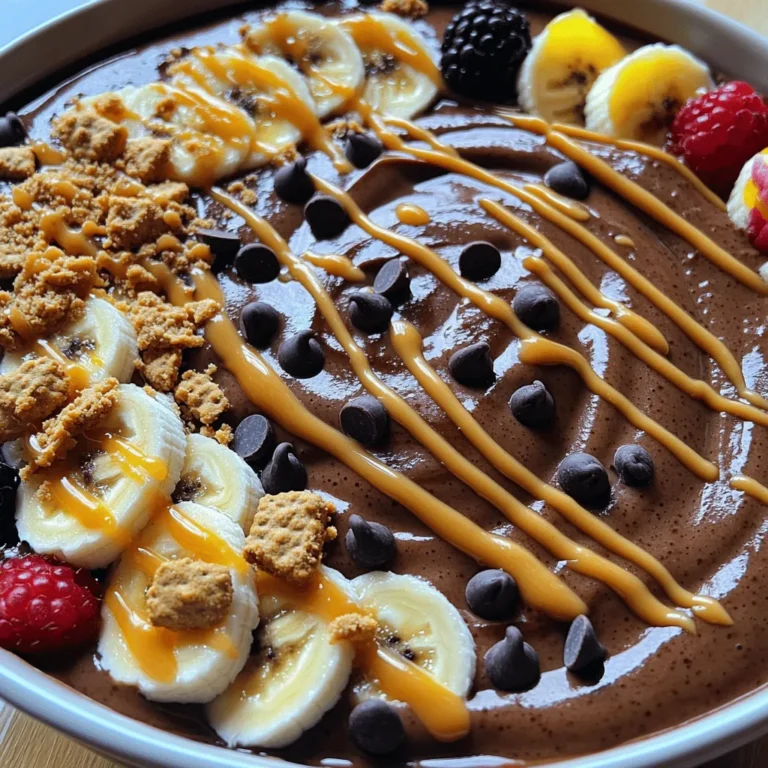 Um die Schokoladen-Erdnussbutter-Pie-Smoothie-Bowl zu machen, benötigst du: - 1 gefrorene Banane - 1 Tasse ungesüßte Mandelmilch (oder Milch nach Wahl) - 2 Esslöffel Schokoladen-Proteinpulver - 2 Esslöffel natürliche Erdnussbutter - 1 Esslöffel Kakaopulver - 1 Esslöffel Honig oder Ahornsirup (nach Belieben für Süße) - ¼ Teelöffel Vanilleextrakt - 2 Esslöffel zerbröselte Graham-Cracker (zur Dekoration) - 1 Esslöffel mini dunkle Schokoladenstückchen (zur Dekoration) - In Scheiben geschnittene Bananen und Beeren (zum Garnieren) Die Maßeinheiten sind einfach zu verstehen. Du kannst die Zutaten nach deinen Vorlieben anpassen. Zum Beispiel: - Nutze Kokosmilch statt Mandelmilch. - Ersetze Honig durch Agavensirup für eine vegane Option. - Verwende Erdnussbutter mit Schokolade für einen intensiveren Geschmack. Gefrorene Bananen sind der Schlüssel zu einer cremigen Textur. Frische Bananen sind nicht so dick. Wenn du frische Bananen verwendest, füge mehr Eis hinzu. Das macht die Bowl kühler und cremiger. Gefrorene Früchte sind oft süßer und einfacher zu verarbeiten. Achte darauf, dass die Zutaten gut gekühlt sind. So bleibt die Smoothie-Bowl frisch und lecker. Um die Smoothie Bowl zuzubereiten, sammeln Sie zuerst alle Zutaten. Sie brauchen: - 1 gefrorene Banane - 1 Tasse ungesüßte Mandelmilch - 2 Esslöffel Schokoladen-Proteinpulver - 2 Esslöffel natürliche Erdnussbutter - 1 Esslöffel Kakaopulver - 1 Esslöffel Honig oder Ahornsirup - ¼ Teelöffel Vanilleextrakt - 2 Esslöffel zerbröselte Graham-Cracker - 1 Esslöffel mini dunkle Schokoladenstückchen - In Scheiben geschnittene Bananen und Beeren Stellen Sie sicher, dass die Banane gefroren ist. Dies macht die Bowl schön cremig. Geben Sie alle vorbereiteten Zutaten in den Mixer. Stellen Sie den Mixer auf hohe Stufe. Mixen Sie, bis die Mischung glatt ist. Es kann helfen, die Seiten des Mixbehälters mit einem Spatel abzuschaben. So vermengen sich die Zutaten besser. Die Konsistenz ist wichtig. Sie wollen, dass die Mischung dick ist, aber auch löffelbar. Wenn es zu dick ist, fügen Sie mehr Mandelmilch hinzu. Mixen Sie weiter, bis die gewünschte Konsistenz erreicht ist. Gießen Sie die Mischung in eine Schüssel und garnieren Sie sie nach Belieben. Die Garnierungen machen Ihre Smoothie-Bowl lebendig. Verwenden Sie eine Mischung aus Farben und Texturen. Beginnen Sie mit zerbröselten Graham-Crackern als Basis. Dann fügen Sie die mini dunklen Schokoladenstückchen gleichmäßig darauf hinzu. Schneiden Sie Bananen in Scheiben und legen Sie sie in einem Halbkreis an den Rand. Fügen Sie dann die Beeren in die Mitte. So sieht die Bowl toll aus und schmeckt noch besser. Die Süße ist wichtig für den Geschmack. Verwenden Sie Honig oder Ahornsirup, um die Süße zu steigern. Beginnen Sie mit einem Esslöffel. Probieren Sie die Mischung und fügen Sie nach Belieben mehr hinzu. Wenn Sie es weniger süß mögen, reduzieren Sie die Menge. Auch die Auswahl des Schokoladen-Proteinpulvers kann die Süße beeinflussen. Achten Sie auf ungesüßte Varianten. Die Qualität der Zutaten macht einen großen Unterschied. Wählen Sie reife Bananen für die beste Süße. Achten Sie bei der Erdnussbutter auf natürliche Marken ohne Zuckerzusatz. Für die Mandelmilch sollten Sie ungesüßte Sorten wählen. Das Kakaopulver sollte rein sein, ohne Zusätze. Frische Beeren bringen Farbe und Geschmack. Wenn möglich, nutzen Sie Bio-Produkte für mehr Geschmack und weniger Chemikalien. {{image_4}} Erdnussbutter ist lecker, aber es gibt viele gesunde Alternativen. Mandelbutter ist eine gute Wahl. Sie hat einen nussigen Geschmack und enthält gesunde Fette. Cashewbutter ist eine weitere Option. Sie macht die Smoothie-Bowl cremig und süß. Sonnenblumenkernbutter ist ideal, wenn du Allergien hast. Sie hat einen milden Geschmack und ist reich an Vitaminen. Du kannst die Smoothie-Bowl leicht anpassen. Füge einen Esslöffel Chiasamen für Ballaststoffe hinzu. Das macht die Bowl nahrhafter. Wenn du Schokolade magst, probiere Kakaonibs. Sie geben extra Crunch und Schokoladengeschmack. Für eine fruchtige Note kannst du gefrorene Beeren oder Mango hinzufügen. Diese Zutaten sind frisch und bringen Farbe in die Bowl. Experimentiere mit verschiedenen Toppings, um deinen eigenen Stil zu finden. Wenn du Detox machen möchtest, ersetze die Banane durch Avocado. Avocado macht die Bowl cremig und ist gesund. Für eine Low-Carb-Option kannst du die Erdnussbutter durch Kokosnussbutter ersetzen. Diese hat weniger Kohlenhydrate und gibt einen tollen Geschmack. Verwende ungesüßte Mandelmilch und lass den Honig weg, um Zucker zu reduzieren. Diese Variationen helfen dir, deine Ernährung zu optimieren, ohne auf den Geschmack zu verzichten. Um die Smoothie-Bowl frisch zu halten, bewahre sie im Kühlschrank auf. Nutze einen luftdichten Behälter. So bleibt sie bis zu zwei Tage genießbar. Wenn du sie länger aufbewahren möchtest, friere sie in einem geeigneten Behälter ein. Achte darauf, Platz für die Ausdehnung zu lassen. Meal Prep ist eine tolle Idee! Du kannst die Zutaten im Voraus vorbereiten. Schneide die Bananen und Beeren und lagere sie in kleinen Behältern. Mische die trockenen Zutaten wie das Proteinpulver und Kakaopulver in einer Schüssel. Das spart Zeit am Morgen und macht es einfacher, die Bowl schnell zu machen. Die haltbaren Zutaten wie Proteinpulver und Kakaopulver halten lange. Erdnussbutter bleibt in der Regel mehrere Monate gut. Frische Zutaten wie Bananen und Beeren haben eine kürzere Haltbarkeit. Die fertige Bowl sollte innerhalb von zwei Tagen gegessen werden. Achte darauf, die Bowl gut zu decken, um Luft und Feuchtigkeit fernzuhalten. Ja, du kannst andere Pflanzenmilch nutzen. Soja-, Hafer- oder Kokosmilch sind gute Alternativen. Jede Milch hat ihren eigenen Geschmack. Experimentiere, um deine Lieblingskombination zu finden. Achte darauf, ungesüßte Varianten zu wählen, um die Süße zu kontrollieren. Die Kalorienzahl hängt von den Zutaten ab. Eine Portion hat etwa 350 bis 400 Kalorien. Eine gefrorene Banane, Mandelmilch und Erdnussbutter sorgen für die Hauptkalorien. Wenn du weniger Süßes hinzufügst, kannst du die Kalorien senken. Ja, dieses Rezept ist vegan. Nutze einfach pflanzliche Milch und ersetze Honig durch Ahornsirup. Alle anderen Zutaten sind pflanzlich. So kannst du die Smoothie-Bowl ohne Bedenken genießen. In diesem Blogbeitrag haben wir die wichtigsten Aspekte einer Smoothie-Bowl behandelt. Wir erklären die Zutaten und deren Alternative. Die Schritt-für-Schritt-Anleitung zeigt Ihnen, wie Sie die perfekte Konsistenz erreichen. Tipps zur Garnierung und zur Anpassung der Süße runden die Anleitung ab. Variationen für unterschiedliche Geschmäcker machen das Rezept spannend. Zum Schluss haben wir Tipps zur Aufbewahrung und Antworten auf häufige Fragen gegeben. Experimentieren Sie mit diesen Ideen und gestalten Sie Ihre eigenen köstlichen Smoothie-Bowls!