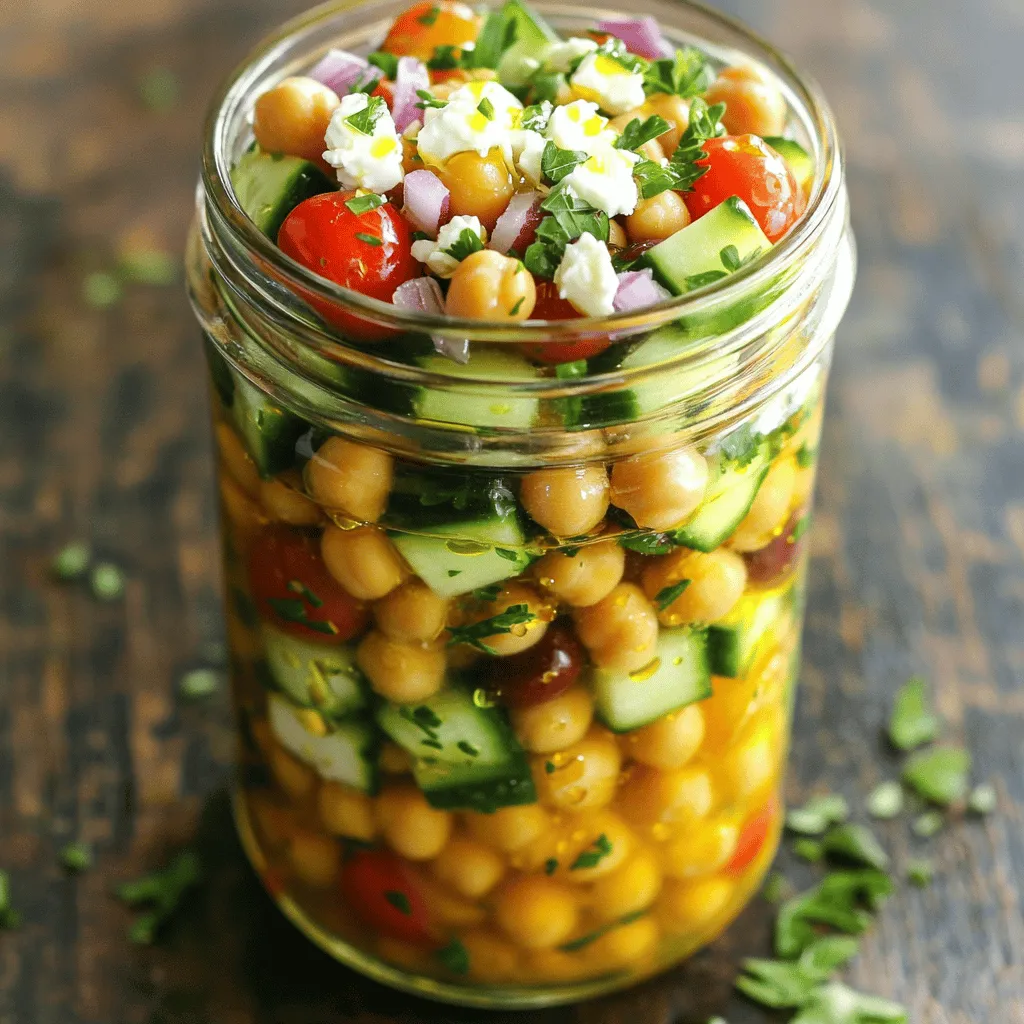 Für diesen leckeren Kichererbsensalat brauchst du einige frische Zutaten. Hier sind die Hauptzutaten: - 1 Dose (425 g) Kichererbsen, gut abgespült und abgetropft - 1 Salatgurke, gewürfelt - 250 g Kirschtomaten, halbiert - 1/2 rote Zwiebel, fein gehackt - 1/2 Tasse Kalamata-Oliven, entsteint und halbiert - 1/2 Tasse Feta-Käse, zerbröckelt - 1/4 Tasse frische Petersilie, gehackt Diese Zutaten bringen den frischen Geschmack des Mittelmeers in dein Glas. Das Dressing macht den Salat besonders schmackhaft. Du benötigst: - 1/4 Tasse Olivenöl - 2 Esslöffel Zitronensaft - 1 Teelöffel getrockneter Oregano - Salz und Pfeffer nach Geschmack Mit diesen Zutaten erhält der Salat einen tollen, herzhaften Geschmack. Falls du den Salat anpassen willst, gibt es viele Optionen. Hier sind einige Ideen: - Avocado für eine cremige Textur - Paprika für mehr Farbe - Quinoa für extra Protein - Nüsse oder Samen für einen Crunch Diese zusätzlichen Zutaten machen deinen Kichererbsensalat noch spannender und nährstoffreicher. Probiere, was dir am besten schmeckt! Um das Dressing zu machen, nimm eine mittlere Schüssel. Gib das Olivenöl, den Zitronensaft, den Oregano, Salz und Pfeffer hinein. Rühre mit einem Schneebesen gut um. Mach das Dressing gleichmäßig. Ein gutes Dressing macht den Salat frisch und lecker. Nimm eine große Schüssel und füge die Kichererbsen hinzu. Dann füge die gewürfelte Gurke, die halbierten Kirschtomaten, die gehackte Zwiebel und die Kalamata-Oliven hinzu. Bröckele den Feta-Käse darüber. Mische alles vorsichtig. So verbinden sich die Aromen gut. Beginne mit dem Dressing. Gib es als erste Schicht in die Gläser. Danach kommt die Kichererbsenmischung. Beende mit frischer Petersilie oben drauf. Schraube die Gläser dicht zu. Sie bleiben bis zu vier Tage frisch im Kühlschrank. Vor dem Servieren schütteln, damit alles gut vermischt ist. Um das Dressing perfekt zu machen, mische ich Olivenöl, Zitronensaft und Oregano. Ich füge Salz und Pfeffer hinzu, um den Geschmack zu verbessern. Rühre alles gut mit einem Schneebesen. Das Dressing sollte glatt und einladend sein. Ich lasse es gerne einige Minuten ruhen. So können die Aromen gut verschmelzen. Du kannst das Rezept ganz einfach anpassen. Füge zum Beispiel Avocado für mehr Cremigkeit hinzu. Wenn du mehr Protein möchtest, probiere Kichererbsen oder Quinoa. Auch frisches Gemüse wie Paprika oder Karotten passt gut. Experimentiere mit verschiedenen Käsesorten wie Ziegenkäse oder Mozzarella. Diese Anpassungen machen den Salat spannend und lecker. Ich empfehle, die Salatgläser direkt nach dem Schütteln zu servieren. Das sorgt für einen frischen Geschmack. Du kannst auch geröstetes Brot oder Pita dazu reichen. Das gibt dem Essen einen tollen Crunch. Wenn du Gäste hast, stelle die Gläser auf den Tisch. So können alle selbst entscheiden, wie viel sie essen möchten. {{image_4}} Du kannst diesen Salat leicht vegan machen. Lass den Feta-Käse weg. Stattdessen füge Avocado hinzu. Avocado gibt eine cremige Textur. Du kannst auch Nüsse für mehr Crunch verwenden. Mandeln oder Walnüsse passen gut. Wenn du mehr Protein willst, füge Quinoa oder Tofu hinzu. Quinoa ist eine großartige Quelle für pflanzliches Protein. Koche sie vor dem Hinzufügen. Tofu sollte in Würfel geschnitten und angebraten werden. Das gibt mehr Geschmack und Textur. Nutze saisonales Gemüse für frische Aromen. Im Frühling sind Spargel und Radieschen toll. Im Sommer kannst du Paprika und Zucchini verwenden. Im Herbst sind Kürbis und Rüben lecker. Im Winter sind grüne Bohnen und Karotten perfekt. So bleibt dein Salat immer spannend! Bewahre die Salatgläser im Kühlschrank auf. Schließe sie gut, um Luft fernzuhalten. So bleibt der Salat frisch und lecker. Stelle die Gläser auf die oberste oder mittlere Ablage. Diese Bereiche sind kühler und ideal für Salate. Die Salatgläser sind bis zu vier Tage haltbar. Achte darauf, sie rechtzeitig zu essen. Nach vier Tagen können die Zutaten weich werden. Überprüfe Geruch und Aussehen, bevor du sie isst. Wenn etwas komisch aussieht, wirf es weg. Du kannst Reste für neue Rezepte nutzen. Verwende Kichererbsen in Suppen oder Eintöpfen. Die Gurke passt gut in Sandwiches. Kirschtomaten sind lecker in Pasta-Saucen. Feta-Käse kann auf Salaten oder Pizza verwendet werden. So vermeidest du Lebensmittelverschwendung und schaffst neue Gerichte. Die Salatgläser sind bis zu 4 Tage haltbar. Bewahre sie im Kühlschrank auf. Achte darauf, dass die Gläser dicht verschlossen sind. So bleiben die Zutaten frisch und knackig. Je länger sie stehen, desto weicher wird das Gemüse. Ja, du kannst das Rezept im Voraus zubereiten. Die Salatgläser sind perfekt für Meal Prep. Bereite sie einen Tag oder zwei vorher vor. Achte darauf, das Dressing unten zu platzieren. So bleibt das Gemüse frisch und knusprig. Es gibt viele Dressing-Varianten, die gut zu diesem Salat passen. Du kannst Balsamico-Essig anstelle von Zitronensaft verwenden. Auch Joghurt-Dressings sind lecker. Für einen würzigeren Geschmack probiere Tahini oder eine Avocado-Creme. Sei kreativ und finde deinen Favoriten! Der Kichererbsensalat ist einfach zuzubereiten und sehr vielseitig. Wir haben die Hauptzutaten und das Dressing besprochen. Ich habe Tipps gegeben, um das Dressing perfekt zu machen. Variationen wie vegane Optionen und saisonale Gemüse helfen Ihnen, das Rezept anzupassen. Denken Sie daran, die Salatgläser richtig zu lagern, um Frische zu erhalten. Ein gut gemachter Kichererbsensalat ist nicht nur lecker, sondern auch gesund. Trauen Sie sich, zu experimentieren und genießen Sie jede Bissen!