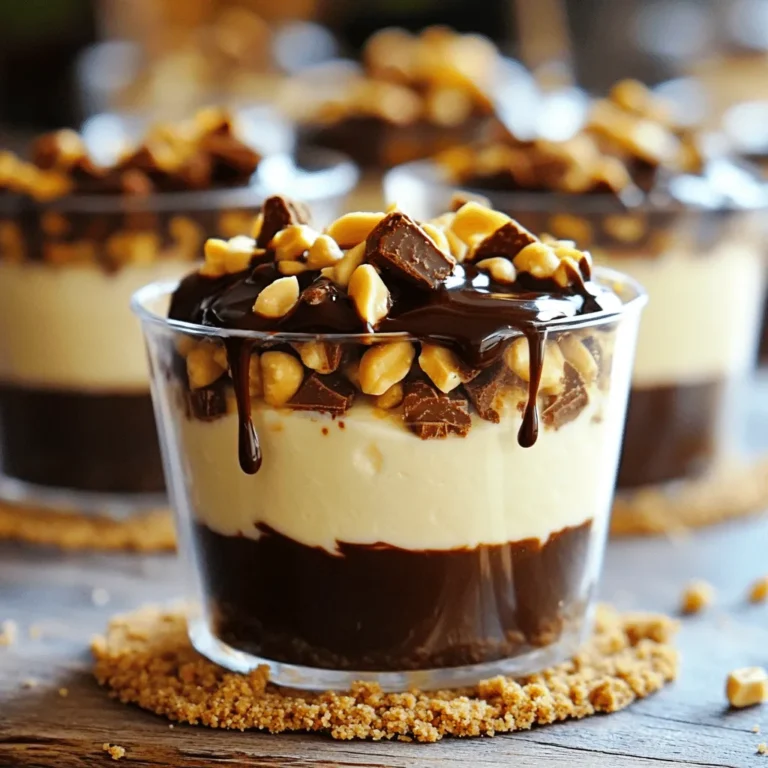 Um die No-Bake Snickers Cheesecake Cups zu machen, brauchen Sie: - 1 Tasse Graham-Cracker-Brösel - 4 Esslöffel ungesalzene Butter, geschmolzen - 2 Packungen Frischkäse, weich - 1 Tasse Puderzucker - 1 Teelöffel Vanilleextrakt - 1 Tasse Schlagcreme - 5 Mini-Snickers-Riegel, grob gehackt - Optional: Schokoladensauce zum Beträufeln - Optional: gehackte Erdnüsse zur Garnierung Falls Sie keine Graham-Cracker haben, nutzen Sie Kekse oder zerbröselte Haferkekse. Diese geben einen anderen, aber leckeren Geschmack. Sie können auch gesalzene Butter nehmen, um einen salzigen Kontrast zu schaffen. Wenn Sie keinen Frischkäse mögen, probieren Sie Mascarpone oder einen pflanzlichen Frischkäse für eine leichtere Variante. Die Schlagcreme kann durch Kokoscreme ersetzt werden, wenn Sie eine vegane Option möchten. Hochwertige Zutaten machen einen großen Unterschied. Wählen Sie frischen Frischkäse, der eine cremige Textur hat. Achten Sie darauf, dass die Butter ungesalzen ist, um den Geschmack nicht zu stören. Bei den Snickers-Riegeln verwenden Sie die besten, die Sie finden können. Frische Erdnüsse sind ebenfalls wichtig, um den besten Geschmack zu erzielen. Wenn Sie Schokoladensauce verwenden, entscheiden Sie sich für eine, die reichhaltig und dickflüssig ist, um ein perfektes Finish zu erreichen. Um die Basis zu machen, mische die Graham-Cracker-Brösel mit der geschmolzenen Butter. Rühre sie gut um, bis sie gleichmäßig feucht sind. Nimm Dessertbecher oder Gläser und verteile die Mischung gleichmäßig. Drücke die Brösel fest, damit sie stabil bleiben. Dies gibt deinem Cheesecake die perfekte Grundlage. Jetzt kommt der spaßige Teil! Nimm eine Schüssel und rühre den weichen Frischkäse glatt. Es dürfen keine Klumpen bleiben. Füge dann nach und nach den Puderzucker und den Vanilleextrakt hinzu. Mixe alles gut zusammen. In einer anderen Schüssel schlage die Schlagcreme auf, bis sie fest wird. Hebe die geschlagene Creme vorsichtig unter die Frischkäse-Mischung. Dies macht die Füllung schön luftig und leicht. Vergiss nicht, die gehackten Snickers unterzuheben, aber spare ein paar Stücke für das Topping. Jetzt ist es Zeit, alles zusammenzustellen. Löffle die Käsefüllung gleichmäßig auf die Graham-Cracker-Böden in den Bechern. Glätte die Oberfläche mit einem Spatel. Stelle die Becher für mindestens zwei Stunden in den Kühlschrank. Das hilft der Füllung, fest zu werden. Vor dem Servieren kannst du sie mit Schokoladensauce beträufeln. Garniere die Cups mit den restlichen Snickers-Stücken und gehackten Erdnüssen. Voilà! Dein No-Bake Snickers Cheesecake ist bereit, genossen zu werden. Ein häufiger Fehler ist, die Graham-Cracker-Basis nicht fest genug zu drücken. Wenn die Basis locker ist, fällt sie leicht auseinander. Achte darauf, die Brösel gut anzudrücken. Ein weiterer Fehler ist, die Füllung zu stark zu rühren. Dadurch kann die Luft entweichen und die Creme wird nicht fluffig. Mixe die Zutaten sanft zusammen, um die Luftigkeit zu bewahren. Auch das Kühlen sollte nicht übersprungen werden. Die Cheesecake Cups brauchen Zeit, um fest zu werden. Mindestens zwei Stunden im Kühlschrank sind wichtig. Für dieses Rezept brauchst du einige einfache Utensilien. Du benötigst: - Eine Rührschüssel - Einen Handmixer - Messbecher und Löffel - Dessertbecher oder Gläser - Einen Spatel zum Glätten der Füllung Diese Geräte helfen dir, die Cheesecake Cups einfach und schnell zuzubereiten. Eine gute Rührschüssel macht das Mischen viel einfacher. Die Präsentation macht viel aus. Du kannst die Cheesecake Cups mit Schokoladensauce beträufeln, um ihnen einen schönen Glanz zu geben. Außerdem kannst du die Cups mit gehackten Erdnüssen garnieren. Das gibt einen tollen Crunch. Verwende kleine Schokoladenstücke oben drauf für einen schönen Look. Stelle die Cups auf einen hübschen Teller oder ein Tablett. So sehen sie festlich aus und beeindrucken deine Gäste. {{image_4}} Du kannst mit verschiedenen Schokoladensorten spielen. Dunkle Schokolade bringt eine reiche Note. Milchschokolade macht alles süßer. Auch weiße Schokolade passt gut. Probiere, die Schokolade zu schmelzen und in die Käsefüllung zu geben. Das gibt deinem Dessert eine neue Dimension. Wenn du Lust auf etwas Neues hast, ändere die Inhaltsstoffe. Füge Erdnussbutter zur Käsefüllung hinzu. Das gibt einen leckeren Erdnussgeschmack. Du kannst auch Karamellsauce einrühren. Für einen fruchtigen Twist, füge pürierte Erdbeeren oder Himbeeren hinzu. Diese Veränderungen bringen frische Aromen in deine Cheesecake Cups. Für vegane Cheesecake Cups tausche den Frischkäse gegen eine pflanzliche Option aus. Kokoscreme ist eine gute Wahl. Verwende vegane Butter für die Graham-Cracker-Basis. Für glutenfreie Cups nimm glutenfreie Kekse. Achte darauf, dass alle Zutaten glutenfrei sind. So kannst du alle glücklich machen, egal welche Diät sie haben. Um die No-Bake Snickers Cheesecake Cups frisch zu halten, decke sie gut ab. Du kannst Frischhaltefolie oder einen luftdichten Behälter verwenden. So bleibt die Creme schön weich und der Boden knusprig. Lagere die Cups immer im Kühlschrank, um die beste Textur zu behalten. Diese Cheesecake Cups halten sich im Kühlschrank etwa 3 bis 5 Tage. Nach den ersten zwei Tagen kann die Frische etwas abnehmen. Achte darauf, sie gut abzudecken, damit sie keine anderen Gerüche aufnehmen. Wenn du sie länger aufbewahren möchtest, solltest du sie einfrieren. Wenn du die Cheesecake Cups einfrierst, lasse sie vor dem Servieren im Kühlschrank auftauen. Dies dauert etwa 4 bis 6 Stunden. Sie können auch in der Mikrowelle kurz erwärmt werden, aber achte darauf, dass sie nicht zu weich werden. Garnierungen wie Schokoladensauce und Erdnüsse sollten frisch hinzugefügt werden, um den besten Geschmack zu erhalten. Ja, du kannst die Cheesecake Cups im Voraus zubereiten. Sie schmecken sogar besser, wenn sie etwas Zeit im Kühlschrank haben. Bereite sie einfach einen Tag vorher zu. Stelle sicher, dass du sie gut abdeckst, damit sie frisch bleiben. So sparst du Zeit, wenn du Gäste hast. Ja, du kannst die Snickers durch andere Süßigkeiten ersetzen. M&Ms oder Reese's Erdnussbutterbecher sind großartige Alternativen. Experimentiere auch mit anderen Schokoladen oder Karamellbonbons. Die Möglichkeiten sind endlos, und du kannst deinen persönlichen Geschmack einbringen. Die Cheesecake Cups brauchen mindestens 2 Stunden, um fest zu werden. Stelle sie in den Kühlschrank, damit die Füllung gut durchziehen kann. Wenn du mehr Zeit hast, lasse sie länger im Kühlschrank. So werden sie noch cremiger und fester. In diesem Artikel habe ich die wichtigsten Schritte zum Zubereiten von Cheesecake Cups erklärt. Wir haben die benötigten Zutaten, eine klare Anleitung und hilfreiche Tipps besprochen. Ob du Zutaten ersetzen oder Varianten probieren willst, macht keinen Unterschied. Die Cheesecake Cups sind einfach anpassbar und lecker. Denke an die Aufbewahrung, um die Frische zu erhalten. Mit diesen Ideen gelingt dir das Dessert perfekt. Probiere es aus, und genieße die Freude beim Zubereiten!