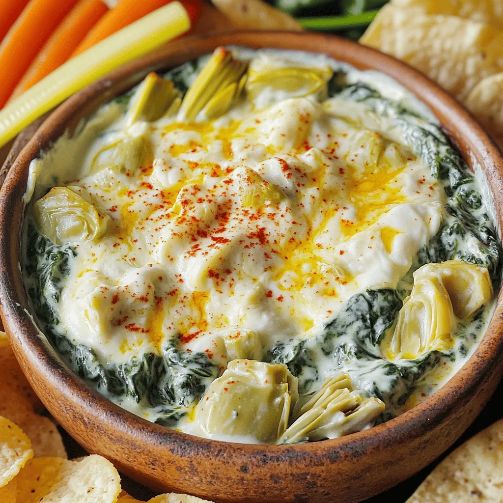 - 1 Paket tiefgefrorener, gehackter Spinat (280 g), aufgetaut und abgetropft - 1 Dose Artischockenherzen (400 g), abgetropft und gehackt - 240 g weicher Frischkäse Diese Hauptzutaten sind der Kern des Spinach Artichoke Dip. Der Spinat bringt eine schöne grüne Farbe und ist voll von Vitaminen. Artischockenherzen fügen eine zarte Textur und einen einzigartigen Geschmack hinzu. Der Frischkäse sorgt für die cremige Basis des Dips. - 120 g Sauerrahm - 120 g Mayonnaise - 100 g geriebener Parmesan-Käse - 100 g geriebener Mozzarella-Käse Sauerrahm und Mayonnaise verleihen dem Dip eine reichhaltige und samtige Konsistenz. Parmesan gibt einen salzigen, nussigen Geschmack. Mozzarella schmilzt schön und macht den Dip extra lecker. - 2 Knoblauchzehen, fein gehackt - 1/4 Teelöffel rote Pfefferflocken (optional) - Salz und Pfeffer nach Geschmack Knoblauch bringt ein tolles Aroma. Rote Pfefferflocken fügen eine leichte Schärfe hinzu, die viele Leute mögen. Salz und Pfeffer sind wichtig, um den Geschmack zu runden. Diese Zutaten machen den Dip besonders schmackhaft und einladend. Zuerst bereite die Hauptzutaten vor. Nimm den gefrorenen Spinat und tau ihn auf. Danach drücke das Wasser gut aus. Die Artischockenherzen kommen aus der Dose. Lass sie abtropfen und hacke sie klein. Jetzt stell die Käse und Gewürze bereit. Du brauchst Frischkäse, Sauerrahm, Mayonnaise, Parmesan und Mozzarella. In einer großen Schüssel vermenge zuerst den weichen Frischkäse, Sauerrahm und Mayonnaise. Rühre gut, bis alles glatt ist. Füge dann den Spinat und die Artischocken hinzu. Gib auch den gehackten Knoblauch, Parmesan und die Hälfte des Mozzarella dazu. Mische alles gründlich, bis du eine gleichmäßige Masse hast. Würze die Mischung mit Salz, Pfeffer und optional roten Pfefferflocken. Rühre erneut gut um. Jetzt kommt die Mischung in den Slow Cooker. Verteile sie gleichmäßig. Setze den Deckel auf und stelle den Slow Cooker auf niedrige Stufe. Lasse den Dip für 2 bis 3 Stunden kochen. Rühre gelegentlich um, damit alles gleichmäßig erhitzt wird. In den letzten 15 Minuten streue den restlichen Mozzarella darüber. Setze den Deckel wieder auf, bis der Käse geschmolzen ist. Jetzt ist dein Dip bereit zum Servieren! Um die Cremigkeit des Dips anzupassen, benutze einfach mehr oder weniger Frischkäse. Wenn du einen dickeren Dip willst, füge mehr Frischkäse hinzu. Möchtest du ihn cremiger, dann gib mehr Sauerrahm oder Mayonnaise dazu. Das sorgt für eine tolle, glatte Textur. Die Mischung der Zutaten ist ebenfalls wichtig. Achte darauf, die Zutaten gründlich zu vermengen, damit alles gut verteilt ist. So schmeckt jeder Bissen gleich gut. Für Beilagen sind Tortilla-Chips eine tolle Wahl. Sie schmecken super zu diesem Dip. Geröstetes Brot oder Gemüsesticks sind auch lecker dazu. Wenn du glutenfreie Optionen suchst, probiere Reis-Cracker oder Gurkenscheiben. Für vegane Alternativen kannst du einen veganen Frischkäse verwenden und die saure Sahne durch pflanzlichen Joghurt ersetzen. So hat jeder etwas zum Dippen. Ein häufiger Fehler ist, zu viel Flüssigkeit hinzuzufügen. Das macht den Dip dünn und weniger lecker. Achte darauf, den Spinat gut abzutropfen, bevor du ihn hinzufügst. Ein weiterer Fehler ist das Überkochen. Stelle sicher, dass du den Slow Cooker auf niedriger Stufe verwendest und die Zeit im Auge behältst. Rühre gelegentlich um, damit nichts am Boden festklebt oder anbrennt. So bleibt dein Dip perfekt! {{image_4}} Für diesen Dip können Sie verschiedene Käsesorten verwenden. Der Kombination aus Parmesan und Mozzarella verleiht der Mischung eine köstliche Cremigkeit und einen tollen Geschmack. Sie könnten auch Cheddar oder Gouda ausprobieren. Diese Käsesorten bringen neue Aromen in den Dip. Wenn Sie vegane Alternativen suchen, gibt es tolle Optionen. Veganer Frischkäse, Hefeflocken oder Cashew-Käse sind gute Alternativen. Sie geben dem Dip eine ähnliche Konsistenz und einen leckeren Geschmack. Möchten Sie dem Dip mehr Geschmack verleihen? Fügen Sie gehackte Jalapeños oder frische Kräuter wie Basilikum hinzu. Diese Zutaten bringen frische Akzente. Auch geröstete Paprika passen gut in diesen Dip. Für mehr Schärfe können Sie andere Gewürze hinzufügen. Chili-Pulver oder Cayenne-Pfeffer geben dem Dip einen Kick. Seien Sie vorsichtig mit der Menge, um die Balance zu halten. Dieser Dip ist perfekt für Partys. Servieren Sie ihn in einer großen Schüssel mit Tortilla-Chips. So können alle einfach dippen. Wenn Sie kleine Portionen möchten, füllen Sie die Mischung in Mini-Schalen. So können die Gäste ihren eigenen Dip genießen. Diese kleinen Portionen sind auch ideal für Snacks oder Vorspeisen. Um den Dip gut aufzubewahren, nutze einen luftdichten Behälter. Achte darauf, dass er gut verschlossen ist. Du kannst den Dip im Kühlschrank oder im Gefrierschrank lagern. Wenn du ihn im Kühlschrank aufbewahrst, bleibt er frisch und lecker. Im Kühlschrank bleibt der Dip etwa 3-4 Tage frisch. Wenn du ihn im Gefrierschrank lagerst, hält er bis zu 2 Monate. Um die Konsistenz zu verbessern, taue den Dip im Kühlschrank auf. Rühre ihn nach dem Auftauen gut durch, um ihn cremig zu halten. Die besten Methoden zum Aufwärmen sind die Mikrowelle oder der Herd. Erhitze den Dip langsam, um Trockenheit zu vermeiden. Füge eventuell einen kleinen Schuss Milch oder Sahne hinzu, um die Cremigkeit zu erhalten. Rühre gut um, um Klumpenbildung zu vermeiden. Die Vorbereitung dauert etwa 10 Minuten. Dann kochst du den Dip im Slow Cooker für 2 bis 3 Stunden. Insgesamt benötigst du also bis zu 2 Stunden und 30 Minuten. Ja, du kannst frischen Spinat nutzen. Frischer Spinat hat einen tollen Geschmack. Er braucht jedoch mehr Zeit zum Kochen. Du musst ihn zuerst blanchieren und gut abtropfen lassen. Gefrorener Spinat ist einfacher und schneller. Er hat auch weniger Wasser, was den Dip cremiger macht. Ja, dieser Dip ist glutenfrei. Alle Zutaten, die wir verwenden, enthalten kein Gluten. Achte darauf, dass die verwendeten Produkte, wie die Mayonnaise und die Käse, auch glutenfrei sind. Das macht den Dip perfekt für alle, die glutenfrei essen müssen. Dieser Dip vereint einfach zu beschaffende Zutaten und schnelle Zubereitung. Gefrorener Spinat, Artischockenherzen und eine cremige Mischung machen ihn unwiderstehlich. Mit Tipps zur perfekten Konsistenz und Variationen kannst du ihn an jeden Anlass anpassen. Denk daran, den Dip richtig zu lagern, um die Frische zu erhalten. Egal ob für Partys oder ein schnelles Snack, dieser Dip wird immer gut ankommen. Probier ihn aus und genieße jeden Bissen!