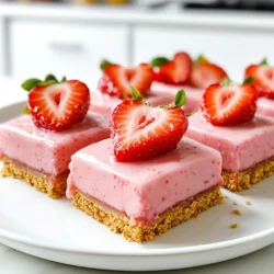 Für die No Bake Erdbeer-Limonade Riegel benötige ich folgende Zutaten: - 1 Tasse Graham-Cracker-Brösel - 1/2 Tasse ungesalzene Butter, geschmolzen - 1/4 Tasse Zucker - 1 Tasse frische Erdbeeren, püriert - 1/2 Tasse frisch gepresster Zitronensaft (etwa 4-5 Zitronen) - 1 Tasse gesüßte Kondensmilch - 1/2 Teelöffel Zitronenabrieb - Frische Erdbeeren zur Garnierung Diese Zutaten sind einfach zu finden und bringen viel Geschmack. Um die Riegel zuzubereiten, brauche ich: - Eine mittelgroße Schüssel - Einen Schneebesen - Eine 23x23 cm große Backform - Frischhaltefolie - Einen Messbecher - Einen Spatel Diese Geräte helfen mir, die Schritte einfach zu folgen. Ich achte darauf, frische Erdbeeren und Zitronen zu wählen. Sie geben den Riegeln einen tollen Geschmack. Ungesalzene Butter sorgt für die beste Kruste. Gesüßte Kondensmilch bringt die perfekte Süße. Wenn ich frische Zutaten verwende, mache ich die Riegel noch besser. Zuerst brauchst du eine mittelgroße Schüssel. Vermenge die Graham-Cracker-Brösel, die geschmolzene Butter und den Zucker. Mische alles gut, bis die Mischung feucht aussieht. Sie sollte wie feiner Sand wirken. Nimm eine 23x23 cm große Backform und drücke die Krümelmischung gleichmäßig auf den Boden. Benutze die Rückseite eines Messbechers, um sie fest zu drücken. Dies hilft, die Kruste stabil zu machen. Stelle die Form dann in den Kühlschrank, während du die Füllung zubereitest. In einer separaten Schüssel vermischst du das Erdbeerpüree, den frisch gepressten Zitronensaft, die gesüßte Kondensmilch und den Zitronenabrieb. Rühre alles mit einem Schneebesen gut durch, bis die Mischung glatt ist. Es ist wichtig, dass alle Zutaten gut vermischt sind, damit der Geschmack gleichmäßig ist. Gieße die Erdbeer-Limonade-Mischung vorsichtig über die vorbereitete Kruste. Verteile die Mischung gleichmäßig mit einem Spatel. Decke die Backform mit Frischhaltefolie ab, damit nichts in die Mischung gelangt. Stelle die Riegel für mindestens 4 Stunden in den Kühlschrank. So können sie fest werden. Wenn die Riegel fest sind, nimm die Form heraus und schneide sie in Quadrate oder Riegel. Garniere jeden Riegel mit einer frischen Erdbeere. Das sieht toll aus und schmeckt frisch! Ein häufiger Fehler ist, die Kruste nicht fest genug zu drücken. Wenn die Kruste locker ist, zerbricht sie leicht. Verwende die Rückseite eines Messbechers, um die Kruste gut zu pressen. Achte darauf, die Mischung gleichmäßig und kompakt zu machen. Ein weiterer Fehler ist, die Füllung nicht gut zu vermischen. Bei unzureichendem Mischen bleibt die Konsistenz klumpig. Rühre die Füllung gut, bis sie glatt ist. Die perfekte Konsistenz kommt von der richtigen Menge an Zutaten. Achte darauf, die angegebenen Mengen genau zu messen. Zu viel Zitronensaft macht die Mischung zu flüssig. Wenn du das Erdbeerpüree hinzufügst, sollte es die richtige Dicke haben. Eine gute Mischung ergibt einen cremigen und dichten Riegel. Lasse die Riegel mindestens vier Stunden im Kühlschrank, damit sie fest werden. Für die Garnierung verwende frische Erdbeeren. Eine Scheibe oben auf jedem Riegel sieht toll aus. Du kannst auch Zitronenschalenstreifen verwenden. Diese verleihen einen schönen Farbkontrast. Serviere die Riegel auf einem hübschen Teller. So wird das Dessert ein echter Blickfang. Wenn du möchtest, serviere dazu etwas Sahne. So wird das Ganze noch cremiger und leckerer. {{image_4}} Du kannst mit verschiedenen Früchten spielen. Himbeeren sind eine tolle Wahl. Sie geben einen frischen Geschmack. Du kannst auch Mango oder Pfirsiche probieren. Diese Früchte passen gut zu Zitrone. Mische die pürierten Früchte mit dem Zitronensaft. So erhältst du neue, leckere Geschmäcker. Für eine glutenfreie Version nutze glutenfreie Graham-Cracker. Diese sind leicht zu finden. Du kannst auch gemahlene Mandeln verwenden. Sie geben der Kruste eine nussige Note. Achte darauf, dass alle anderen Zutaten glutenfrei sind. So kannst du die Riegel ohne Sorgen genießen. Um die Riegel vegan zu machen, ersetze die Butter. Nutze Kokosöl oder vegane Margarine. Du kannst die gesüßte Kondensmilch durch Kokoscreme ersetzen. Achte darauf, dass sie ungesüßt ist. Diese Anpassungen machen die Riegel perfekt für Veganer. Sie schmecken trotzdem frisch und lecker. Um die No Bake Erdbeer-Limonade Riegel frisch zu halten, lege sie in einen luftdichten Behälter. Achte darauf, dass die Riegel nicht aneinanderkleben. Du kannst auch Wachspapier zwischen die Riegel legen. So bleiben sie schön und frisch. Im Kühlschrank halten sich die Riegel etwa fünf bis sieben Tage. Nach dieser Zeit können sie an Geschmack verlieren. Wenn du sie länger aufbewahren möchtest, ziehe das Einfrieren in Betracht. Du kannst die Riegel auch einfrieren. Schneide sie in Stücke und lege sie in einen gefrierfesten Behälter. Sie bleiben bis zu drei Monate frisch. Wenn du sie servieren möchtest, lasse sie einfach über Nacht im Kühlschrank auftauen. So sind sie schnell wieder bereit zum Genießen. Ja, du kannst andere Kekse nutzen. Oreo-Kekse sind eine gute Wahl. Sie geben einen schokoladigen Geschmack. Butterkekse funktionieren auch gut. Achte darauf, die Menge ähnlich zu halten. Die Kruste muss fest sein, um die Füllung zu halten. Es dauert mindestens vier Stunden, bis die Riegel fest sind. Du kannst sie auch über Nacht im Kühlschrank lassen. So sind sie sicher und gut durchgezogen. Wenn du es eilig hast, plane etwas mehr Zeit ein. Die Riegel brauchen Zeit, um die richtige Textur zu erreichen. Ja, Limetten sind eine gute Alternative zu Zitronen. Sie geben einen anderen, aber frischen Geschmack. Der Prozess bleibt gleich, und du kannst die gleiche Menge verwenden. Limetten bringen einen tollen Twist in die Riegel. Probiere es aus und erlebe etwas Neues! Diese Anleitung zeigt dir, wie du leckere No Bake Erdbeer-Limonade Riegel machst. Wir haben die Hauptzutaten, die Zubereitung und hilfreiche Tipps besprochen. Denke daran, die richtigen Zutaten zu wählen und häufige Fehler zu vermeiden. Du kannst sogar mit verschiedenen Früchten und Aromen experimentieren. Achte auf die Lagerung für maximalen Genuss. Ich hoffe, du probierst dieses Rezept aus und freust dich über deine köstlichen Riegel. Viel Spaß beim Zubereiten und Genießen!