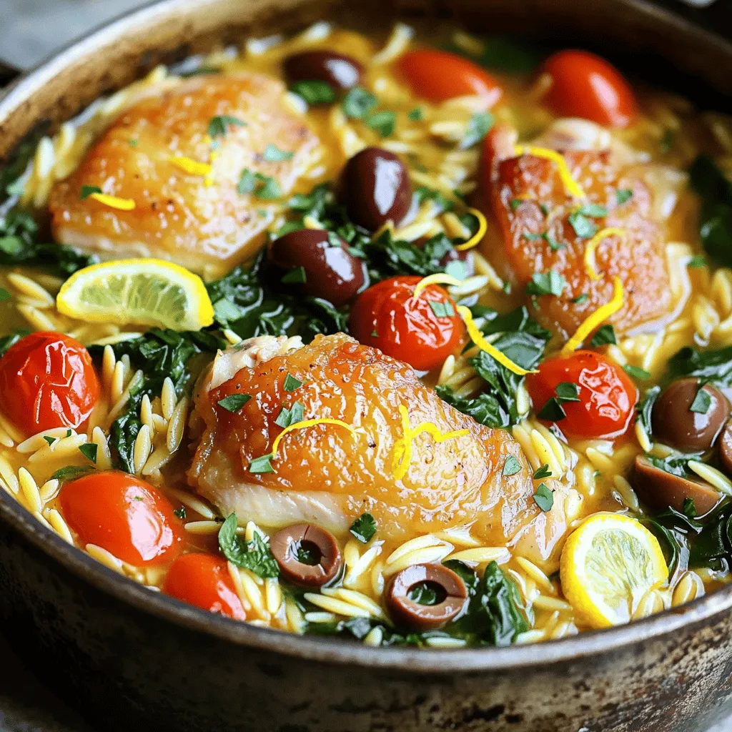 - 450 g Hähnchenschenkel ohne Knochen - 150 g Orzo-Pasta - 1 mittelgroße Zwiebel - 3 Knoblauchzehen Ich nutze Hähnchenschenkel, weil sie saftig und voller Geschmack sind. Die Orzo-Pasta bringt eine schöne Textur ins Gericht. Eine Zwiebel und Knoblauch sorgen für die Basisaromen. Diese Zutaten geben deinem Gericht die richtige Tiefe. - Getrockneter Oregano und Thymian - Salz und Pfeffer - Zitrone (Schale und Saft) Oregano und Thymian sind klassisch in der griechischen Küche. Sie fügen einen aromatischen Touch hinzu. Salz und Pfeffer sind wichtig, um den Geschmack zu heben. Die Zitrone bringt Frische und Säure. Diese Aromen machen das Rezept besonders und lecker. - Kirschtomaten und Kalamata-Oliven - Frischer Babyspinat - Olivenöl und Petersilie zur Garnitur Kirschtomaten fügen Süße hinzu, während Kalamata-Oliven einen salzigen Kontrast bieten. Babyspinat ist gesund und bringt Farbe. Das Olivenöl sorgt für einen schönen Glanz. Petersilie als Garnitur rundet das Gericht ab. Diese Zutaten machen das Gericht nicht nur köstlich, sondern auch ansprechend. Zuerst erhitze ich das Olivenöl in einem großen Topf. Ich wähle mittlere bis hohe Hitze. Dann gebe ich die Hähnchenstücke hinein. Ich würze sie mit Salz und Pfeffer. Nach etwa fünf bis sieben Minuten sind sie goldbraun. Ich nehme das Hähnchen aus dem Topf und lege es beiseite. Jetzt füge ich die gewürfelte Zwiebel in den gleichen Topf hinzu. Ich dünste sie, bis sie glasig ist. Das dauert etwa drei bis vier Minuten. Danach gebe ich den gehackten Knoblauch dazu. Ich brate ihn für eine weitere Minute, bis er gut riecht. Ich rühre die Orzo-Pasta ein und röste sie für ein bis zwei Minuten. So bekommt sie einen tollen Geschmack. Dann gieße ich die Hühnerbrühe hinein. Ich füge die Zitronenschale, den Zitronensaft, Oregano und Thymian hinzu. Jetzt lasse ich alles aufkochen. Ich lege das Hähnchen wieder in den Topf. Dann kommen die halbierten Kirschtomaten und die Kalamata-Oliven dazu. Ich decke den Topf ab und lasse das Gericht zehn bis zwölf Minuten köcheln. So wird die Orzo-Pasta zart und nimmt die Flüssigkeit auf. Ich rühre den frischen Babyspinat unter, bis er zusammengefallen ist. Dann schmecke ich das Gericht ab und würze es nach Bedarf mit Salz und Pfeffer. Ich nehme den Topf vom Herd. Jetzt lasse ich das Gericht einige Minuten ruhen. So können die Aromen gut ziehen. Vor dem Servieren garnieren ich das Gericht nach Belieben mit frischer Petersilie. - Tipps für das Anbraten des Hähnchens: Beginne mit einem heißen Topf. Das Olivenöl sollte gut erhitzt sein. Lege die Hähnchenstücke in eine Schicht. So braten sie gleichmäßig an und werden goldbraun. Wende sie nach 5-7 Minuten. So bleibt der Saft im Fleisch. - Ideale Kochzeiten für Orzo: Die Orzo-Pasta braucht etwa 10-12 Minuten, um weich zu werden. Rühre sie gut um, damit sie nicht klebt. Achte darauf, die Flüssigkeit rechtzeitig zu kontrollieren. - Verwendung frischer Kräuter: Frische Kräuter bringen mehr Geschmack. Probiere Petersilie oder Basilikum hinzu. Diese Kräuter passen gut zu Zitronen-Hähnchen und Orzo. - Anpassungen der Gewürze nach Geschmack: Fühle dich frei, die Gewürze zu variieren. Mehr Oregano oder Thymian kann gut sein. Du kannst auch Paprika oder Kreuzkümmel hinzufügen, um neue Aromen zu schaffen. - Warnungen vor zu viel Flüssigkeit: Achte darauf, nicht zu viel Brühe zu verwenden. Zu viel Flüssigkeit macht die Orzo matschig. Beginne mit den angegebenen 480 ml Hühnerbrühe. - Umgang mit angebranntem Orzo: Wenn der Orzo am Boden klebt, schalte die Hitze aus. Versuche, ihn vorsichtig zu lösen. Du kannst etwas Brühe hinzufügen, um ihn zu lockern. {{image_4}} Eine vegane Version von One-Pot Greek Lemon Chicken Orzo ist einfach. Ersetzen Sie Hähnchen durch Tofu oder Champignons. Tofu hat eine schöne Textur und nimmt Aromen gut auf. Champignons geben einen herzhaften Geschmack. Beide Optionen sind lecker und gesund. Für glutenfreie Optionen können Sie Reis oder Quinoa verwenden. Reis kocht gut mit der Brühe und wird weich. Quinoa hat mehr Protein und einen nussigen Geschmack. Beide sind tolle Alternativen für Menschen mit Glutenunverträglichkeit. Saisonale Zutaten machen das Gericht noch besser. Im Frühling sind Spargel und Erbsen frisch und lecker. Diese können Sie leicht hinzufügen. Im Sommer sind Zucchini und Paprika toll. Im Herbst können Sie Kürbis oder Wurzelgemüse verwenden. Passen Sie das Rezept einfach nach der Jahreszeit an. Feta-Käse ist eine großartige Ergänzung. Er hat einen salzigen und cremigen Geschmack. Fügen Sie ihn am Ende hinzu, damit er leicht schmilzt. Sie können auch verschiedene Olivenarten ausprobieren. Grüne Oliven haben einen anderen Geschmack als Kalamata-Oliven. Experimentieren Sie mit verschiedenen Sorten für neue Aromen. Die Reste von One-Pot Griechischem Zitronen-Hähnchen mit Orzo sind einfach zu lagern. Lass das Gericht zuerst abkühlen. Fülle es dann in einen luftdichten Behälter. So bleibt es frisch. Du kannst die Reste im Kühlschrank bis zu drei Tage aufbewahren. Wenn du das Gericht länger aufbewahren möchtest, friere es ein. Verwende einen gefrierfesten Behälter. Achte darauf, etwas Platz zu lassen, da sich das Gericht beim Gefrieren ausdehnt. So bleibt das Aroma erhalten, und du hast immer ein schnelles Abendessen bereit. Um die Reste aufzuwärmen, gibt es einige gute Methoden. Du kannst das Gericht in einer Pfanne bei mittlerer Hitze aufwärmen. Füge etwas Hühnerbrühe oder Wasser hinzu, um das Gericht feucht zu halten. Rühre es häufig um, damit es gleichmäßig warm wird. Eine Mikrowelle ist auch eine schnelle Option. Stelle das Gericht in eine mikrowellengeeignete Schüssel. Bedecke es locker mit einem Deckel oder einem Mikrowellen-Abdeckhaube. Erwärme es in Intervallen von 1 Minute, bis es heiß ist. So bleibt der Geschmack gut erhalten. Im Kühlschrank hält sich das Gericht bis zu drei Tage. Achte darauf, dass es gut verpackt ist. Wenn du es im Gefrierfach hast, kann es bis zu drei Monate halten. Prüfe das Gericht vor dem Essen. Wenn du einen unangenehmen Geruch bemerkst oder die Farbe sich verändert hat, wirf es weg. Das sind Anzeichen von Verderb. So stellst du sicher, dass du immer frische und sichere Speisen genießt. Die Zubereitung dauert insgesamt etwa 30 Minuten. Die Vorbereitungszeit beträgt nur 10 Minuten. Die Kochzeit liegt bei 20 Minuten. In dieser kurzen Zeit zaubern Sie ein leckeres Gericht. Ja, Sie können das Rezept im Voraus zubereiten. Kochen Sie das Gericht und lassen Sie es abkühlen. Füllen Sie es dann in einen Behälter. Lagern Sie es im Kühlschrank bis zu drei Tage. Wenn Sie bereit sind, es zu essen, wärmen Sie es einfach auf. Das Gericht passt gut zu einem frischen Salat. Ein griechischer Salat mit Feta und Oliven ist ideal. Auch knuspriges Brot oder Fladenbrot sind eine gute Wahl. Diese Beilagen ergänzen das Gericht perfekt und bringen noch mehr Geschmack. Dieses Gericht vereint einfaches Hähnchen, Orzo-Pasta und frisches Gemüse. Wir haben die Hauptzutaten und die Schritte geteilt, um es zuzubereiten. Die Tipps helfen dir, den Geschmack zu verbessern und Fehler zu vermeiden. Variationen bieten dir Flexibilität, um das Rezept anzupassen. Reste kannst du leicht aufbewahren und wiedererwärmen. Egal, ob du es für Gäste machst oder für dich selbst kochst, die Arbeit lohnt sich. Genieß die Aromen und die Vielfalt an Möglichkeiten!