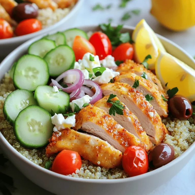 Für die Gyro Schalen benötigst du folgende Hauptzutaten: - 4 Hähnchenschenkel, ohne Knochen und Haut - 3 Esslöffel Olivenöl - 3 Esslöffel griechischer Joghurt - 2 Knoblauchzehen, fein gehackt - 1 Teelöffel geräuchertes Paprikapulver - Salz und Pfeffer nach Geschmack Diese Zutaten sind die Basis für den leckeren Geschmack. Das Hähnchen sorgt für eine saftige Proteinquelle. Der griechische Joghurt macht die Marinade cremig und leicht. Die Gewürze geben den Gyro Schalen ihren einzigartigen Geschmack. Du brauchst: - 2 Teelöffel getrockneter Oregano Mische das Olivenöl, den griechischen Joghurt, den gehackten Knoblauch, Oregano, Paprikapulver, Salz und Pfeffer in einer Schüssel. Diese Marinade macht das Hähnchen zart und voller Aromen. Lass das Hähnchen mindestens 15 Minuten marinieren oder noch besser, bis zu 2 Stunden im Kühlschrank. So zieht der Geschmack richtig ein. Für die frische Note in deinen Gyro Schalen benötigst du: - 1 große Gurke, gewürfelt - 1 Tasse Kirschtomaten, halbiert - 1 kleine rote Zwiebel, dünn geschnitten - 1 Tasse gekochtes Quinoa - 1/2 Tasse Feta-Käse, zerbröckelt - 1/2 Tasse Kalamata-Oliven, entsteint und halbiert - Frische Petersilie, gehackt (zur Garnitur) - Zitronenschnitze (zum Servieren) Das Gemüse bringt Farbe und Frische. Quinoa ist eine gesunde Basis. Feta-Käse und Oliven geben den Schalen einen salzigen Kick. Frische Petersilie und Zitronenschnitze sorgen für den letzten Schliff. Zuerst heizen Sie den Ofen auf 200°C vor. Legen Sie ein Backblech mit Backpapier aus. Dadurch bleibt alles schön sauber. Dann nehmen Sie eine große Schüssel und geben Sie Olivenöl und griechischen Joghurt hinein. Fügen Sie fein gehackten Knoblauch, Oregano, geräuchertes Paprikapulver, Salz und Pfeffer hinzu. Mischen Sie alles gut, bis eine cremige Marinade entsteht. Jetzt kommen die Hähnchenschenkel ins Spiel. Geben Sie die Hähnchenschenkel in die Schüssel mit der Marinade. Stellen Sie sicher, dass jedes Stück gut umhüllt ist. Dies gibt dem Hähnchen viel Geschmack. Lassen Sie das Hähnchen mindestens 15 Minuten marinieren. Wenn Sie mehr Zeit haben, marinieren Sie es bis zu 2 Stunden im Kühlschrank. Lege die marinierten Hähnchenschenkel auf das Backblech. Verteilen Sie die gewürfelte Gurke, die halbierten Kirschtomaten und die rote Zwiebel rundherum. Beträufeln Sie das Gemüse mit der restlichen Marinade. Das macht das Gemüse noch schmackhafter. Backen Sie alles 25-30 Minuten im Ofen. Das Hähnchen sollte eine Innentemperatur von 75°C erreichen. Wenn das Hähnchen fertig ist, lassen Sie es ein paar Minuten ruhen. Schneiden Sie es dann in Streifen. Zum Anrichten nehmen Sie eine Schicht gekochtes Quinoa als Basis. Fügen Sie die Hähnchenstreifen, das Gemüse, zerbröckelten Feta-Käse und Kalamata-Oliven hinzu. Garnieren Sie die Schalen mit frischer Petersilie und servieren Sie sie mit Zitronenschnitzen. So erhalten Sie einen frischen, spritzigen Geschmack. Um Zeit zu sparen, bereite die Marinade im Voraus zu. Mische Olivenöl, griechischen Joghurt und Gewürze in einer Schüssel. Marinieren kann auch über Nacht geschehen. So wird das Hähnchen zarter und voller Geschmack. Während das Hähnchen mariniert, kannst du das Gemüse schneiden und das Quinoa kochen. Dies gibt dir einen guten Zeitpuffer. Für dieses Rezept ist Olivenöl die beste Wahl. Es gibt Geschmack und gesunde Fette. Du kannst auch Avocado- oder Sonnenblumenöl verwenden. Diese Öle sind hitzebeständig und passen gut zu den Aromen. Vermeide Butter, da sie bei hohen Temperaturen verbrennen kann. Die ideale Temperatur für das Backen ist 200°C. Backe das Hähnchen für 25 bis 30 Minuten. Überprüfe die Innentemperatur mit einem Fleischthermometer. Sie sollte 75°C erreichen. Das Gemüse sollte zart, aber nicht matschig sein. Lasse das Hähnchen nach dem Backen kurz ruhen, bevor du es schneidest. So bleibt es saftig. {{image_4}} Wenn Sie eine vegetarische Option suchen, ersetzen Sie das Hähnchen durch Kichererbsen. Kichererbsen sind proteinreich und sehr sättigend. Verwenden Sie die gleiche Marinade, um ihnen Geschmack zu verleihen. Sie können auch Tofu oder Tempeh verwenden. Diese Alternativen nehmen die Aromen gut auf und bieten eine tolle Textur. Sie können viele Zutaten nach Ihrem Geschmack austauschen. Statt Quinoa können Sie auch Reis oder Couscous verwenden. Feta-Käse kann durch cremigen Ziegenkäse ersetzt werden. Für eine schärfere Note fügen Sie einige Jalapeños oder Peperoni hinzu. Seien Sie kreativ mit dem Gemüse. Paprika oder Zucchini passen gut dazu. Jeder hat andere Vorlieben. Wenn Sie es süßer mögen, fügen Sie einige getrocknete Cranberries oder Rosinen hinzu. Für einen rauchigen Geschmack können Sie geräucherten Käse verwenden. Experimentieren Sie mit verschiedenen Kräutern wie Thymian oder Basilikum. So machen Sie die Schalen zu Ihrem eigenen Gericht. Nachdem Sie die griechischen Hähnchen Gyro Schalen genossen haben, können Sie die Reste aufbewahren. Lassen Sie die Schalen zuerst auf Raumtemperatur abkühlen. Füllen Sie dann die Reste in einen luftdichten Behälter. Diese können bis zu drei Tage im Kühlschrank bleiben. Achten Sie darauf, das Hähnchen und das Gemüse getrennt vom Quinoa zu lagern. So bleibt alles frisch und lecker. Wenn Sie die Gyro Schalen für später aufbewahren möchten, können Sie sie auch einfrieren. Teilen Sie die Schalen in Portionen auf. Verwenden Sie gefrierfreundliche Behälter oder Beutel. Achten Sie darauf, die Luft herauszudrücken, um Gefrierbrand zu vermeiden. Die Schalen halten sich bis zu drei Monate im Gefrierschrank. Zum Aufwärmen, tauen Sie die Schalen über Nacht im Kühlschrank auf. Dann erwärmen Sie sie in der Mikrowelle oder im Ofen. Wenn Sie Meal Prep machen möchten, ist dieses Rezept perfekt. Bereiten Sie die Hähnchenschenkel und das Gemüse im Voraus zu. Marinieren Sie das Hähnchen am besten am Abend vorher. So zieht der Geschmack gut ein. Sie können auch das Quinoa im Voraus kochen. Lagern Sie alles getrennt, bis Sie bereit sind, die Schalen zusammenzustellen. So sparen Sie Zeit und genießen gesunde Mahlzeiten während der Woche. Die Gyro Schalen können bis zu drei Tage im Kühlschrank aufbewahrt werden. Achte darauf, sie in einem luftdichten Behälter zu lagern. Das Hähnchen und das Gemüse bleiben frisch und lecker. Wenn du sie länger aufbewahren möchtest, kannst du die Schalen auch einfrieren. Ja, du kannst das Rezept leicht anpassen. Verdopple einfach die Zutaten, um mehr Portionen zu erhalten. Stelle sicher, dass du genug Platz auf dem Backblech hast. Wenn du mehr Gemüse hinzufügst, achte darauf, dass es gleichmäßig verteilt ist. So garen alle Zutaten gleichmäßig. Um die Gyro Schalen glutenfrei zu machen, ersetze das Quinoa durch eine glutenfreie Alternative. Du kannst auch Reis oder Linsen verwenden. Achte darauf, dass alle anderen Zutaten, wie Gewürze und Joghurt, glutenfrei sind. So erhältst du ein köstliches Gericht ohne Gluten. Die Gyro Schalen sind einfach zuzubereiten und voller Geschmack. Wir haben die wichtigsten Zutaten besprochen, von Hähnchen bis zu frischem Gemüse. Die Schritt-für-Schritt-Anleitung erleichtert dir die Zubereitung. Die Tipps helfen dir, Zeit zu sparen und die besten Garzeiten zu finden. Zudem bieten Variationen und Lagerungshinweise mehr Flexibilität. Denke daran, deine Gyro Schalen ganz nach deinem Geschmack zu gestalten. Variiere die Zutaten und genieße deine Kreationen!