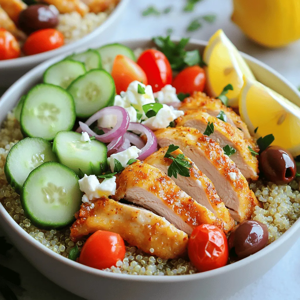 Für die Gyro Schalen benötigst du folgende Hauptzutaten: - 4 Hähnchenschenkel, ohne Knochen und Haut - 3 Esslöffel Olivenöl - 3 Esslöffel griechischer Joghurt - 2 Knoblauchzehen, fein gehackt - 1 Teelöffel geräuchertes Paprikapulver - Salz und Pfeffer nach Geschmack Diese Zutaten sind die Basis für den leckeren Geschmack. Das Hähnchen sorgt für eine saftige Proteinquelle. Der griechische Joghurt macht die Marinade cremig und leicht. Die Gewürze geben den Gyro Schalen ihren einzigartigen Geschmack. Du brauchst: - 2 Teelöffel getrockneter Oregano Mische das Olivenöl, den griechischen Joghurt, den gehackten Knoblauch, Oregano, Paprikapulver, Salz und Pfeffer in einer Schüssel. Diese Marinade macht das Hähnchen zart und voller Aromen. Lass das Hähnchen mindestens 15 Minuten marinieren oder noch besser, bis zu 2 Stunden im Kühlschrank. So zieht der Geschmack richtig ein. Für die frische Note in deinen Gyro Schalen benötigst du: - 1 große Gurke, gewürfelt - 1 Tasse Kirschtomaten, halbiert - 1 kleine rote Zwiebel, dünn geschnitten - 1 Tasse gekochtes Quinoa - 1/2 Tasse Feta-Käse, zerbröckelt - 1/2 Tasse Kalamata-Oliven, entsteint und halbiert - Frische Petersilie, gehackt (zur Garnitur) - Zitronenschnitze (zum Servieren) Das Gemüse bringt Farbe und Frische. Quinoa ist eine gesunde Basis. Feta-Käse und Oliven geben den Schalen einen salzigen Kick. Frische Petersilie und Zitronenschnitze sorgen für den letzten Schliff. Zuerst heizen Sie den Ofen auf 200°C vor. Legen Sie ein Backblech mit Backpapier aus. Dadurch bleibt alles schön sauber. Dann nehmen Sie eine große Schüssel und geben Sie Olivenöl und griechischen Joghurt hinein. Fügen Sie fein gehackten Knoblauch, Oregano, geräuchertes Paprikapulver, Salz und Pfeffer hinzu. Mischen Sie alles gut, bis eine cremige Marinade entsteht. Jetzt kommen die Hähnchenschenkel ins Spiel. Geben Sie die Hähnchenschenkel in die Schüssel mit der Marinade. Stellen Sie sicher, dass jedes Stück gut umhüllt ist. Dies gibt dem Hähnchen viel Geschmack. Lassen Sie das Hähnchen mindestens 15 Minuten marinieren. Wenn Sie mehr Zeit haben, marinieren Sie es bis zu 2 Stunden im Kühlschrank. Lege die marinierten Hähnchenschenkel auf das Backblech. Verteilen Sie die gewürfelte Gurke, die halbierten Kirschtomaten und die rote Zwiebel rundherum. Beträufeln Sie das Gemüse mit der restlichen Marinade. Das macht das Gemüse noch schmackhafter. Backen Sie alles 25-30 Minuten im Ofen. Das Hähnchen sollte eine Innentemperatur von 75°C erreichen. Wenn das Hähnchen fertig ist, lassen Sie es ein paar Minuten ruhen. Schneiden Sie es dann in Streifen. Zum Anrichten nehmen Sie eine Schicht gekochtes Quinoa als Basis. Fügen Sie die Hähnchenstreifen, das Gemüse, zerbröckelten Feta-Käse und Kalamata-Oliven hinzu. Garnieren Sie die Schalen mit frischer Petersilie und servieren Sie sie mit Zitronenschnitzen. So erhalten Sie einen frischen, spritzigen Geschmack. Um Zeit zu sparen, bereite die Marinade im Voraus zu. Mische Olivenöl, griechischen Joghurt und Gewürze in einer Schüssel. Marinieren kann auch über Nacht geschehen. So wird das Hähnchen zarter und voller Geschmack. Während das Hähnchen mariniert, kannst du das Gemüse schneiden und das Quinoa kochen. Dies gibt dir einen guten Zeitpuffer. Für dieses Rezept ist Olivenöl die beste Wahl. Es gibt Geschmack und gesunde Fette. Du kannst auch Avocado- oder Sonnenblumenöl verwenden. Diese Öle sind hitzebeständig und passen gut zu den Aromen. Vermeide Butter, da sie bei hohen Temperaturen verbrennen kann. Die ideale Temperatur für das Backen ist 200°C. Backe das Hähnchen für 25 bis 30 Minuten. Überprüfe die Innentemperatur mit einem Fleischthermometer. Sie sollte 75°C erreichen. Das Gemüse sollte zart, aber nicht matschig sein. Lasse das Hähnchen nach dem Backen kurz ruhen, bevor du es schneidest. So bleibt es saftig. {{image_4}} Wenn Sie eine vegetarische Option suchen, ersetzen Sie das Hähnchen durch Kichererbsen. Kichererbsen sind proteinreich und sehr sättigend. Verwenden Sie die gleiche Marinade, um ihnen Geschmack zu verleihen. Sie können auch Tofu oder Tempeh verwenden. Diese Alternativen nehmen die Aromen gut auf und bieten eine tolle Textur. Sie können viele Zutaten nach Ihrem Geschmack austauschen. Statt Quinoa können Sie auch Reis oder Couscous verwenden. Feta-Käse kann durch cremigen Ziegenkäse ersetzt werden. Für eine schärfere Note fügen Sie einige Jalapeños oder Peperoni hinzu. Seien Sie kreativ mit dem Gemüse. Paprika oder Zucchini passen gut dazu. Jeder hat andere Vorlieben. Wenn Sie es süßer mögen, fügen Sie einige getrocknete Cranberries oder Rosinen hinzu. Für einen rauchigen Geschmack können Sie geräucherten Käse verwenden. Experimentieren Sie mit verschiedenen Kräutern wie Thymian oder Basilikum. So machen Sie die Schalen zu Ihrem eigenen Gericht. Nachdem Sie die griechischen Hähnchen Gyro Schalen genossen haben, können Sie die Reste aufbewahren. Lassen Sie die Schalen zuerst auf Raumtemperatur abkühlen. Füllen Sie dann die Reste in einen luftdichten Behälter. Diese können bis zu drei Tage im Kühlschrank bleiben. Achten Sie darauf, das Hähnchen und das Gemüse getrennt vom Quinoa zu lagern. So bleibt alles frisch und lecker. Wenn Sie die Gyro Schalen für später aufbewahren möchten, können Sie sie auch einfrieren. Teilen Sie die Schalen in Portionen auf. Verwenden Sie gefrierfreundliche Behälter oder Beutel. Achten Sie darauf, die Luft herauszudrücken, um Gefrierbrand zu vermeiden. Die Schalen halten sich bis zu drei Monate im Gefrierschrank. Zum Aufwärmen, tauen Sie die Schalen über Nacht im Kühlschrank auf. Dann erwärmen Sie sie in der Mikrowelle oder im Ofen. Wenn Sie Meal Prep machen möchten, ist dieses Rezept perfekt. Bereiten Sie die Hähnchenschenkel und das Gemüse im Voraus zu. Marinieren Sie das Hähnchen am besten am Abend vorher. So zieht der Geschmack gut ein. Sie können auch das Quinoa im Voraus kochen. Lagern Sie alles getrennt, bis Sie bereit sind, die Schalen zusammenzustellen. So sparen Sie Zeit und genießen gesunde Mahlzeiten während der Woche. Die Gyro Schalen können bis zu drei Tage im Kühlschrank aufbewahrt werden. Achte darauf, sie in einem luftdichten Behälter zu lagern. Das Hähnchen und das Gemüse bleiben frisch und lecker. Wenn du sie länger aufbewahren möchtest, kannst du die Schalen auch einfrieren. Ja, du kannst das Rezept leicht anpassen. Verdopple einfach die Zutaten, um mehr Portionen zu erhalten. Stelle sicher, dass du genug Platz auf dem Backblech hast. Wenn du mehr Gemüse hinzufügst, achte darauf, dass es gleichmäßig verteilt ist. So garen alle Zutaten gleichmäßig. Um die Gyro Schalen glutenfrei zu machen, ersetze das Quinoa durch eine glutenfreie Alternative. Du kannst auch Reis oder Linsen verwenden. Achte darauf, dass alle anderen Zutaten, wie Gewürze und Joghurt, glutenfrei sind. So erhältst du ein köstliches Gericht ohne Gluten. Die Gyro Schalen sind einfach zuzubereiten und voller Geschmack. Wir haben die wichtigsten Zutaten besprochen, von Hähnchen bis zu frischem Gemüse. Die Schritt-für-Schritt-Anleitung erleichtert dir die Zubereitung. Die Tipps helfen dir, Zeit zu sparen und die besten Garzeiten zu finden. Zudem bieten Variationen und Lagerungshinweise mehr Flexibilität. Denke daran, deine Gyro Schalen ganz nach deinem Geschmack zu gestalten. Variiere die Zutaten und genieße deine Kreationen!