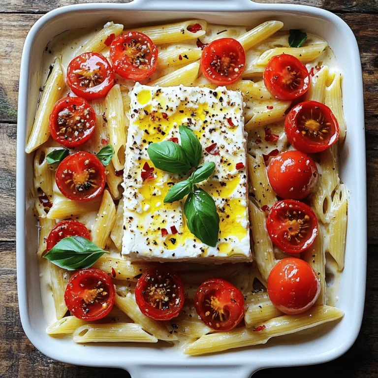 Für dieses Rezept benötigst du einige einfache, aber leckere Zutaten: - 200 g Pasta (wie Penne oder Fusilli) - 200 g Feta-Käse im Block - 400 g Kirschtomaten, halbiert - 4 Knoblauchzehen, fein gehackt - 3 Esslöffel Olivenöl - 1 Teelöffel getrockneter Oregano - 1 Teelöffel rote Pfefferflocken - Salz und Pfeffer nach Geschmack - Frische Basilikumblätter zur Garnitur - Geriebener Parmesan (optional) Du kannst einige Zutaten leicht ersetzen. Probiere diese Alternativen: - Statt Feta kannst du Ziegenkäse verwenden. Er gibt einen anderen, aber tollen Geschmack. - Verwende frische Tomaten, wenn Kirschtomaten nicht verfügbar sind. - Wenn du keinen Oregano hast, benutze italienische Gewürzmischung. - Für mehr Schärfe kannst du Jalapeños statt roter Pfefferflocken nehmen. Die Qualität deiner Zutaten macht viel aus. Hier sind einige Tipps: - Wähle reife Kirschtomaten. Sie sollten fest und süß sein. - Achte auf frischen Feta. Er sollte cremig und nicht bröckelig sein. - Kaufe hochwertiges Olivenöl. Es sollte kaltgepresst und grünlich sein. - Frischer Basilikum verleiht deinem Gericht einen schönen Duft und Geschmack. Heizen Sie den Ofen auf 200°C vor. Das ist wichtig, damit alles gleichmäßig gart. Nehmen Sie eine Auflaufform. Platzieren Sie den Block Feta-Käse in die Mitte. Halten Sie die Kirschtomaten bereit. Sie müssen halbiert werden, damit sie besser garen. Legen Sie die halbierten Kirschtomaten um den Feta. Verteilen Sie den gehackten Knoblauch gleichmäßig über die Tomaten und den Feta. Das gibt den besten Geschmack. Träufeln Sie das Olivenöl darüber. Bestreuen Sie alles mit Oregano und roten Pfefferflocken. Geben Sie großzügig Salz und Pfeffer dazu. Diese Schritte sind wichtig für den perfekten Geschmack. Kochen Sie die Pasta nach Packungsanweisung, bis sie al dente ist. Vergessen Sie nicht, ½ Tasse Nudelwasser aufzuheben. Nach dem Backen nehmen Sie die Auflaufform aus dem Ofen. Zerdrücken Sie den Feta mit einer Gabel. Mischen Sie ihn mit den Tomaten, um eine cremige Sauce zu machen. Geben Sie die abgeseihten Nudeln in die Auflaufform. Vermengen Sie alles gut. Wenn die Sauce zu dick ist, fügen Sie etwas Nudelwasser hinzu. Probieren Sie die Pasta und passen Sie die Gewürze an. Ein häufiger Fehler ist, die Pasta zu lange zu kochen. Sie sollte al dente sein. Zu weich wird sie matschig. Auch beim Feta kann man Fehler machen. Wenn er nicht frisch ist, schmeckt die Sauce nicht gut. Verwenden Sie immer frische Zutaten für den besten Geschmack. Die Konsistenz ist wichtig für das Gericht. Wenn die Sauce zu dick ist, fügen Sie langsam etwas Nudelwasser hinzu. Das Wasser hilft, die Sauce cremig zu machen. Mischen Sie alles gut, bis es schön glatt ist. Probieren Sie die Pasta, um sicherzugehen, dass die Sauce gut ist. Die Gewürze machen das Gericht besonders. Sie können den Oregano durch Thymian ersetzen. Auch frische Kräuter bringen guten Geschmack. Fügen Sie mehr rote Pfefferflocken hinzu, wenn Sie es scharf mögen. Experimentieren Sie mit Gewürzen, um Ihren eigenen Stil zu finden. {{image_4}} Um diese Pasta noch bunter zu machen, füge frisches Gemüse hinzu. Zucchini oder Paprika passen gut. Schneide sie in kleine Stücke. Du kannst auch Spinat verwenden. Gib ihn einfach in die Auflaufform zu den Tomaten. Das gibt mehr Geschmack und Nährstoffe. Wenn du mehr Protein möchtest, probiere Hühnchen oder Kichererbsen. Koche das Hühnchen vorher und schneide es klein. Füge es zu den Tomaten und dem Feta hinzu. Für eine vegane Option sind Kichererbsen ideal. Sie sind eine tolle Eiweißquelle und machen die Pasta sättigender. Für eine glutenfreie Variante benutze glutenfreie Pasta. Es gibt viele Sorten, die gut schmecken. Achte darauf, die Kochanweisungen auf der Packung zu lesen. Du kannst auch Zucchini-Nudeln verwenden. Sie sind leicht und gesund. Einfach die Zucchini spiralisieren und kurz garen. So bleibt alles frisch und lecker! Wenn Sie nach dem Essen Reste haben, bewahren Sie sie in einem luftdichten Behälter auf. Lassen Sie die Pasta zuerst auf Raumtemperatur abkühlen. Dann decken Sie den Behälter gut ab. So bleibt die Pasta frisch. Sie können die Reste bis zu drei Tage im Kühlschrank aufbewahren. Um die Reste wieder aufzuwärmen, gibt es einfache Wege. Sie können die Pasta in der Mikrowelle erhitzen. Geben Sie einen Spritzer Wasser hinzu, damit die Pasta nicht austrocknet. Decken Sie die Schüssel ab und erhitzen Sie sie in kurzen Intervallen. Rühren Sie zwischendurch um. Eine andere Möglichkeit ist, die Pasta in einer Pfanne bei mittlerer Hitze zu erwärmen. Das gibt der Pasta einen tollen Geschmack. Die Haltbarkeit der Zutaten spielt eine große Rolle. Kirschtomaten halten sich etwa eine Woche im Kühlschrank. Feta-Käse bleibt frisch, wenn er gut verpackt ist. Er hält sich bis zu zwei Wochen. Pasta kann lange gelagert werden, solange sie trocken bleibt. Überprüfen Sie das Haltbarkeitsdatum auf der Verpackung. Die Zubereitung dauert insgesamt etwa 40 Minuten. Die Vorbereitungszeit ist nur 10 Minuten. Dann backen Sie die Feta-Tomaten-Mischung für etwa 25 bis 30 Minuten. Währenddessen kochen Sie die Pasta. Es ist einfach und schnell! Ja, Sie können frische Tomaten nutzen. Sie sollten sie jedoch klein schneiden. Kirschtomaten sind süßer und saftiger, aber frische Tomaten geben auch einen tollen Geschmack. Achten Sie darauf, die Haut zu entfernen, um eine bessere Textur zu haben. Ja, Baked Feta Tomato Pasta kann gesund sein. Sie enthält frisches Gemüse wie Tomaten und Knoblauch. Feta-Käse bietet Protein und Kalzium. Achten Sie auf die Menge an Öl und Salz, die Sie verwenden. Mit Vollkornnudeln wird das Gericht noch gesünder. Baked Feta Tomato Pasta ist einfach zuzubereiten und voll lecker. Wir haben die Hauptzutaten und Alternativen besprochen, um jede Mahlzeit zu verbessern. Die Schritt-für-Schritt-Anleitung hilft dir, Fehler zu vermeiden. Tipp: Wähle frische Zutaten für den besten Geschmack. Denke daran, die Reste richtig zu lagern, damit du länger etwas davon hast. Ob vegetarisch oder proteinreich, dieses Gericht bietet Vielfalt. Probiere es einfach aus und genieße die köstlichen Möglichkeiten!