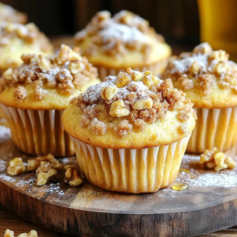 Für die Muffins brauchen Sie: - 2 Tassen Weizenmehl - 1 Tasse Kristallzucker - 1 Esslöffel Backpulver - 1/2 Teelöffel Natron - 1/2 Teelöffel Salz - 1 Tasse Buttermilch - 1/2 Tasse ungesalzene Butter, geschmolzen - 2 große Eier - 1 Teelöffel Vanilleextrakt - 1 Tasse Walnüsse, gehackt - 1/2 Tasse Honig Diese Zutaten machen die Muffins schön saftig und süß. Durch die Buttermilch bekommen sie eine tolle Konsistenz. Für die Streuseldecke benötigen Sie: - 1/2 Tasse Weizenmehl - 1/4 Tasse brauner Zucker, fest verpackt - 1/4 Tasse ungesalzene Butter, kalt und gewürfelt - 1/2 Tasse Walnüsse, gehackt - 1 Teelöffel gemahlener Zimt Die Streuseldecke gibt den Muffins einen knusprigen Biss. Der Zimt bringt eine warme Note. Achten Sie auf frische Zutaten. Verwenden Sie frische Eier und gute Butter. Hochwertige Walnüsse schmecken besser. Bio-Zutaten können mehr Geschmack bieten. So werden Ihre Muffins besonders lecker. Heizen Sie Ihren Ofen auf 175°C vor. Bereiten Sie ein Muffinblech mit Papierförmchen vor oder fetten Sie es ein. Dies hilft, das Ankleben der Muffins zu verhindern. In einer großen Schüssel mischen Sie die trockenen Zutaten. Geben Sie 2 Tassen Weizenmehl, 1 Tasse Kristallzucker, 1 Esslöffel Backpulver, 1/2 Teelöffel Natron und 1/2 Teelöffel Salz hinein. Rühren Sie alles gut um, bis es gleichmäßig verteilt ist. In einer anderen Schüssel vermengen Sie die feuchten Zutaten. Nehmen Sie 1 Tasse Buttermilch, 1/2 Tasse geschmolzene Butter, 2 große Eier und 1 Teelöffel Vanilleextrakt. Rühren Sie die Mischung, bis sie glatt ist. Gießen Sie die feuchten Zutaten in die Schüssel mit den trockenen Zutaten. Falten Sie die Zutaten vorsichtig zusammen, bis sie gerade vermischt sind. Übermixen Sie den Teig nicht, um zarte Muffins zu erhalten. Für die Streuseldecke kombinieren Sie 1/2 Tasse Weizenmehl, 1/4 Tasse braunen Zucker, 1/4 Tasse kalte, gewürfelte Butter, 1/2 Tasse gehackte Walnüsse und 1 Teelöffel Zimt. Verwenden Sie eine Gabel oder Ihre Finger, um alles zu einer krümeligen Mischung zu verarbeiten. Teilen Sie den Muffinteig gleichmäßig auf die Muffinförmchen. Füllen Sie jedes Förmchen zu etwa 2/3. Streuen Sie dann die Streuseldecke großzügig über den Teig. Backen Sie die Muffins 18-22 Minuten lang. Überprüfen Sie mit einem Zahnstocher, ob sie fertig sind. Lassen Sie sie 5 Minuten in der Form abkühlen, bevor Sie sie auf ein Gitter setzen. Um die beste Konsistenz zu erhalten, ist es wichtig, die Zutaten nicht zu übermixen. Nach dem Hinzufügen der feuchten Zutaten zu den trockenen, falten Sie den Teig vorsichtig. Wenn Sie die Mischung zu stark bearbeiten, wird der Teig zäh. Verwenden Sie auch frische Zutaten. Alte Backmittel können das Aufgehen der Muffins beeinflussen. Achten Sie darauf, dass die Butter geschmolzen ist, aber nicht heiß. Das hilft, die Zutaten gut zu vermischen. Backen Sie die Muffins bei 175°C für 18 bis 22 Minuten. Die genaue Zeit kann variieren. Überprüfen Sie die Muffins mit einem Zahnstocher. Wenn er sauber herauskommt, sind sie fertig. Lassen Sie die Muffins nicht zu lange im Ofen. Sonst werden sie trocken. Nach dem Backen sollten die Muffins 5 Minuten in der Form stehen. Das hilft, sie leichter herauszunehmen. Es gibt viele Möglichkeiten, diese Muffins zu variieren. Fügen Sie zum Beispiel Schokoladenstückchen hinzu. Das gibt einen süßen Geschmack. Sie können auch Früchte wie Äpfel oder Bananen verwenden. Diese passen gut zu Honig. Für eine nussfreie Option können Sie Sonnenblumenkerne verwenden. So bleibt der Crunch, aber ohne Nüsse. Experimentieren Sie mit verschiedenen Aromen. Zimt oder Muskatnuss geben einen warmen, würzigen Geschmack. {{image_4}} Wenn du keine Nüsse magst oder Allergien hast, kannst du sie einfach weglassen. Ersetze die Walnüsse durch zusätzliche Haferflocken oder Sonnenblumenkerne. Diese geben den Muffins eine schöne Textur. Du kannst auch Kürbiskerne nutzen. Sie bieten einen tollen Crunch und sind gesund. Anstelle von Kristallzucker kannst du Honig oder Ahornsirup verwenden. Diese Süßungsmittel geben den Muffins eine besondere Note. Du kannst auch Stevia oder andere Zuckerersatzstoffe verwenden, wenn du weniger Zucker möchtest. Achte darauf, die Menge anzupassen, da sie oft süßer sind. Obst macht die Muffins saftiger und fruchtiger. Füge frische Blaubeeren, Himbeeren oder Bananen hinzu. Sie passen gut zu Honig und Walnüssen. Wenn du Schokolade magst, kannst du Schokoladenstückchen verwenden. Diese bringen eine süße Note und machen die Muffins noch leckerer. Muffins schmecken frisch am besten. Lagern Sie sie an einem kühlen, trockenen Ort. Ein Brotkasten ist ideal. Vermeiden Sie direkte Sonneneinstrahlung. Das kann die Muffins austrocknen. Wenn Sie keinen Brotkasten haben, nutzen Sie ein luftdichtes Behältnis. Um die Frische zu erhalten, lassen Sie die Muffins abkühlen. Wickeln Sie sie in Frischhaltefolie. Alternativ können Sie auch eine luftdichte Tüte verwenden. Stellen Sie sicher, dass die Muffins nicht übereinander liegen. So bleiben sie weich und lecker. Wenn Sie die Muffins länger aufbewahren möchten, frieren Sie sie ein. Packen Sie die Muffins einzeln in Frischhaltefolie. Legen Sie sie dann in einen Gefrierbeutel. So bleiben sie bis zu drei Monate frisch. Wenn Sie sie essen möchten, lassen Sie sie bei Raumtemperatur auftauen. Sie können sie auch kurz im Ofen aufwärmen. Um trockene Muffins zu vermeiden, achte auf zwei Dinge. Mische die feuchten und trockenen Zutaten nur bis sie gerade vermengt sind. Übermixen macht den Teig zäh. Nutze frische Zutaten, besonders die Eier und die Butter. Zu viel Backen kann auch die Muffins austrocknen. Prüfe sie mit einem Zahnstocher nach 18 Minuten. Wenn der Zahnstocher sauber herauskommt, sind sie fertig. Ja, du kannst Buttermilch leicht ersetzen. Verwende einen Esslöffel weißen Essig oder Zitronensaft. Fülle die Tasse dann mit normaler Milch auf. Lass die Mischung 5 Minuten stehen. Alternativ kannst du Joghurt oder saure Sahne verwenden. Diese Optionen sorgen auch für die nötige Feuchtigkeit in den Muffins. Die Muffins bleiben frisch für etwa 3 Tage bei Raumtemperatur. Lagere sie in einem luftdichten Behälter. Wenn du sie länger aufbewahren möchtest, lege sie in den Kühlschrank. Dort halten sie bis zu einer Woche. Achte darauf, sie in einem verschlossenen Behälter zu lagern, um das Austrocknen zu verhindern. Ja, das Einfrieren der Muffins ist eine tolle Idee! Lass sie zuerst vollständig abkühlen. Wickel sie dann einzeln in Frischhaltefolie. Lege sie in einen gefrierfesten Behälter oder einen Gefrierbeutel. So bleiben sie bis zu 3 Monate frisch. Zum Auftauen lege sie einfach bei Raumtemperatur für ein paar Stunden. In diesem Blogbeitrag haben wir alle wichtigen Punkte für perfekte Muffins behandelt. Wir haben die Hauptzutaten, die Streuseldecke und Tipps für die Qualität der Zutaten besprochen. Zudem führten wir Sie Schritt für Schritt von den Vorbereitungen bis zum Backen. Denken Sie an die Variationen, um Ihre Muffins noch kreativer zu gestalten. Bewahren Sie Ihre Muffins richtig auf, damit sie frisch bleiben. Mit diesen Tipps und Tricks gelingen Ihnen immer köstliche Muffins, die jeden begeistern!