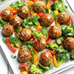 Für die Fleischbällchen brauchen Sie einige einfache Zutaten. Diese sind: - 450 g gemahlenes Hähnchen - 120 g Semmelbrösel (vorzugsweise Panko) - 60 g Frühlingszwiebeln, fein gehackt - 1 Knoblauchzehe, gehackt - 1 Teelöffel Ingwer, gerieben - 1 Esslöffel Sojasauce (low sodium) - 1 Esslöffel Sesamöl - 1 großes Ei, verquirlt - Salz und Pfeffer nach Geschmack Diese Zutaten machen die Bällchen saftig und voll Geschmack. Gemahlenes Hähnchen gibt es in jedem Supermarkt. Panko sorgt für eine knusprige Textur. Das Gemüse bringt Farbe und Nährstoffe ins Gericht. Verwenden Sie: - 150 g Paprika, gewürfelt (gemischte Farben) - 150 g Brokkoliröschen - Sesamkörner, zum Garnieren - Frischer Koriander, zum Garnieren Paprika gibt einen süßen Geschmack, während Brokkoli für einen gesunden Crunch sorgt. Garnieren Sie mit Sesam und Koriander für das perfekte Finish. Sojasauce ist der Schlüssel zu vielen asiatischen Gerichten. Ich empfehle eine low sodium Variante. Diese hat weniger Salz und lässt sich besser dosieren. Die Teriyaki-Sauce kann fertig gekauft oder selbst gemacht werden. Wenn Sie sie selbst machen, können Sie die Süße und die Aromen anpassen. So schmeckt das Gericht immer frisch und lecker. Heizen Sie den Ofen auf 200°C vor. Dies dauert nur ein paar Minuten. Während der Ofen heizt, bereiten Sie Ihre Zutaten vor. Stellen Sie sicher, dass Sie alles bereit haben. Das macht das Kochen schneller und einfacher. In einer großen Schüssel kombinieren Sie das gemahlene Hähnchen, die Semmelbrösel, die Frühlingszwiebeln, den Knoblauch, den Ingwer, die Sojasauce, das Sesamöl, das Ei, Salz und Pfeffer. Mischen Sie alles gut, aber überarbeiten Sie das Fleisch nicht. Es sollte gut gemischt, aber locker bleiben. Nehmen Sie eine kleine Menge der Mischung und formen Sie daraus Bällchen von etwa 2,5 cm Durchmesser. Legen Sie die Bällchen auf ein mit Backpapier ausgelegtes Backblech. Verteilen Sie dann die gewürfelte Paprika und die Brokkoliröschen um die Bällchen. Träufeln Sie etwas Sesamöl darüber und würzen Sie das Gemüse mit Salz und Pfeffer. Diese Schritte sorgen für ein leckeres und buntes Gericht. Um die perfekten Fleischbällchen zu backen, heize deinen Ofen auf 200°C vor. Mische das gemahlene Hähnchen mit Semmelbröseln, Frühlingszwiebeln, Knoblauch, Ingwer, Sojasauce, Sesamöl und dem Ei. Achte darauf, alles gut zu vermengen, aber überarbeite das Fleisch nicht. Forme die Mischung in kleine Bällchen, etwa 2,5 cm groß. Lege sie auf ein mit Backpapier ausgelegtes Blech. Verteile die gewürfelten Paprika und Brokkoli um die Bällchen. Träufle etwas Sesamöl darüber und würze mit Salz und Pfeffer. Backe alles für 15 bis 20 Minuten. Die Bällchen sollten eine Innentemperatur von 74°C erreichen. Sobald die Bällchen fertig sind, nimm das Blech aus dem Ofen. Bestreiche die Fleischbällchen mit Teriyaki-Sauce. Wende das Gemüse leicht in der Sauce, damit es gut überzogen ist. Dies gibt den Bällchen einen tollen Geschmack und macht das Gemüse noch schmackhafter. Setze das Blech wieder in den Ofen. Grill die Bällchen für 2 bis 3 Minuten. Dies karamellisiert die Teriyaki-Sauce und intensiviert die Aromen. Achte darauf, dass es nicht anbrennt. Wenn die Bällchen goldbraun sind, sind sie bereit zum Servieren. {{image_4}} Um die besten Fleischbällchen zu machen, nutzen Sie Ihre Hände. Nehmen Sie etwa 2,5 cm große Portionen der Mischung. Rollen Sie die Portionen sanft zwischen Ihren Händen. Achten Sie darauf, nicht zu fest zu drücken. So bleiben die Bällchen zart und saftig. Bei der Formung ist auch eine gleichmäßige Größe wichtig. So garen alle Bällchen gleichmäßig im Ofen. Sie können das Rezept anpassen. Probieren Sie verschiedene Gemüsesorten wie Zucchini oder Karotten. Auch grüne Bohnen passen gut dazu. Für mehr Geschmack fügen Sie Chili oder Koriander hinzu. Diese Zutaten bringen frische Aromen. So wird Ihr Gericht noch interessanter. Nutzen Sie saisonales Gemüse, um die besten Ergebnisse zu erzielen. Die Sauce ist das Herzstück dieses Gerichts. Wählen Sie eine hochwertige Teriyaki-Sauce. Diese sorgt für einen reichen, süßen Geschmack. Sie können auch eine selbstgemachte Sauce verwenden. Mischen Sie Sojasauce, Honig und Knoblauch. Achten Sie darauf, die Bällchen nach dem Backen gut zu glasieren. So bleibt die Textur angenehm klebrig und die Aromen intensiv. Um den Blech-Pfanne Teriyaki-Hähnchen-Bällchen mehr Geschmack zu verleihen, füge asiatische Gewürze hinzu. Du kannst z.B. fünf Gewürze verwenden. Es macht die Bällchen würziger und spannender. Koriander, Chili oder Zitronengras sind auch tolle Ergänzungen. Du kannst auch frischen Ingwer oder Knoblauch verwenden. So wird das Aroma noch intensiver. Wenn du nach Alternativen suchst, probiere gemahlenes Rindfleisch oder Pute. Für eine vegetarische Option kannst du Tofu oder schwarze Bohnen verwenden. Diese Optionen sind gesund und lecker. Sie geben den Bällchen eine ganz andere Note. Achte darauf, die Konsistenz zu halten, damit die Bällchen gut formen. Serviere die Fleischbällchen auf Reis oder Quinoa. Das macht die Mahlzeit abwechslungsreich. Du kannst auch einen frischen Salat dazu anbieten. Ein knackiger Gurkensalat ist eine gute Wahl. So bleibt das Gericht leicht und frisch. Auch gedämpfter Brokkoli oder Karotten passen gut. Sei kreativ und genieße die Vielfalt! Um die Reste der Blech-Pfanne Teriyaki-Hähnchen-Bällchen gut zu lagern, folge diesen Schritten: - Lass die Bällchen abkühlen. - Lege sie in einen luftdichten Behälter. - Du kannst auch das Gemüse dazugeben. - Stelle den Behälter in den Kühlschrank. - Die Reste halten sich bis zu vier Tage. Wenn du die Bällchen länger aufbewahren möchtest, friere sie ein. Lege sie in einen Gefrierbeutel und entferne die Luft. So bleiben sie bis zu drei Monate frisch. Diese Teriyaki-Hähnchen-Bällchen passen zu vielen Beilagen. Hier sind einige Ideen: - Serviere sie über gedämpften Reis oder Quinoa. - Mische sie in Salate für einen herzhaften Snack. - Füge sie zu Wraps mit frischem Gemüse hinzu. - Verwende sie als Füllung für Tacos. Deine Familie wird die Vielseitigkeit lieben. Was ist Teriyaki? Teriyaki ist eine japanische Kochtechnik. Man mariniert Fleisch in einer süßen Sojasauce und grillt es. Kann ich die Fleischbällchen mit anderem Fleisch machen? Ja, du kannst auch Rindfleisch oder Pute verwenden. Achte darauf, die Garzeit anzupassen. Wie kann ich die Sauce selbst machen? Mische Sojasauce, Honig, Knoblauch und Ingwer. Koche alles kurz, bis es dick wird. Sind die Bällchen gesund? Ja, sie sind proteinreich und enthalten viel Gemüse. Achte auf die Menge der Sauce. Kann ich die Bällchen im Ofen braten? Ja, du kannst sie auch braten. Das macht sie knuspriger, aber achte auf die Temperatur. Die Zutaten für die Teriyaki-Fleischbällchen sind einfach und lecker. Du hast gelernt, welche Hauptzutaten du brauchst und wie du sie vorbereitest. Die Schritt-für-Schritt-Anleitung zeigt, wie du die Bällchen perfekt machst. Backe sie, glasieren sie und serviere sie mit Gemüse. Tipps und Variationen helfen dir, den Geschmack zu verändern. Zum Schluss hast du jetzt auch wichtige Lagerungshinweise. Probiere dieses Rezept aus und entdecke, wie leicht es ist, köstliche Fleischbällchen zuzubereiten. Lass deiner Kreativität freien Lauf!