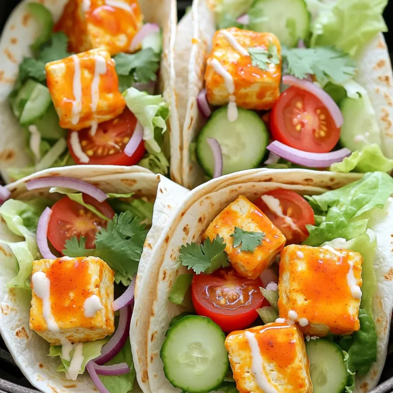 Für die leckeren Air Fryer Buffalo Tofu Wraps benötigst du folgende Zutaten: - 1 Block fester Tofu, abgetropft und gepresst - 1 Tasse Buffalo-Sauce (fertig oder selbstgemacht) - 4 Vollkornwraps oder Tortillas - 1 Tasse Kopfsalat, gehackt - 1 mittelgroße Gurke, in Scheiben geschnitten - 1 Tasse Kirschtomaten, halbiert - 1/2 Tasse rote Zwiebel, dünn geschnitten - 1/2 Tasse Ranch-Dressing (vegan, wenn gewünscht) - Olivenölspray - Salz und Pfeffer nach Geschmack - Optional: Frischer Koriander zur Garnierung Tofu ist die Hauptzutat in diesem Rezept. Er bietet eine tolle Basis und nimmt den Geschmack der Buffalo-Sauce gut auf. Achte darauf, festen Tofu zu wählen. Er hat die beste Konsistenz für dieses Gericht. Buffalo-Sauce gibt es in vielen Geschäften. Du kannst sie auch selbst machen, wenn du Zeit hast. Ranch-Dressing sorgt für einen tollen Kontrast zur Schärfe der Sauce. Du kannst auch veganes Dressing verwenden, um es pflanzlich zu halten. Wenn du Allergien hast, gibt es einige Alternativen: - Statt Tofu kannst du Tempeh oder Seitan verwenden. - Verwende glutenfreie Tortillas, wenn du glutenfrei essen musst. - Für die Buffalo-Sauce kannst du milde Varianten wählen, um die Schärfe zu verringern. - Statt Ranch-Dressing kannst du auch Joghurt oder Avocado-Creme verwenden. Diese Alternativen machen das Rezept anpassbar für verschiedene Diäten. Zuerst schneide den gepressten Tofu in kleine Würfel. Das hilft, ihn gleichmäßig zu garen. Lege die Tofu-Würfel in eine große Schüssel. So bleibt alles übersichtlich und einfach. Gieße die Buffalo-Sauce über den Tofu. Achte darauf, dass jede Seite gut bedeckt ist. Lass den Tofu für etwa 15 Minuten marinieren. Dies gibt dem Tofu viel Geschmack. Heize deinen Air Fryer auf 190°C vor. Sprühe den Korb leicht mit Olivenöl ein. Platziere die marinierten Tofu-Würfel gleichmäßig im Korb. Gare sie 15 bis 20 Minuten lang. Schüttle den Korb zur Halbzeit. So wird der Tofu knusprig und goldbraun. Lege die Vollkornwraps auf eine saubere Fläche. Verteile eine Schicht Ranch-Dressing auf jedem Wrap. Füge dann den gehackten Salat, Gurkenscheiben, Kirschtomaten und rote Zwiebel hinzu. Wenn der Tofu fertig ist, nimm ihn aus dem Air Fryer. Lass ihn kurz abkühlen. Dann verteile den knusprigen Tofu auf den Wraps. Streue frischen Koriander über die Wraps, wenn du möchtest. Rolle die Wraps straff zusammen. Schneide sie dann diagonal in zwei Hälften. Serviere sie mit zusätzlicher Buffalo-Sauce und Ranch-Dressing. Guten Appetit! Die Marinierzeit ist wichtig für den Geschmack. Ich empfehle, den Tofu mindestens 15 Minuten in der Buffalo-Sauce zu lassen. So nimmt der Tofu den vollen Geschmack auf. Wenn du mehr Zeit hast, lasse ihn bis zu einer Stunde marinieren. Das macht den Tofu noch würziger. Um knusprigen Tofu zu bekommen, gibt es ein paar Tricks. Erstens, drücke den Tofu gut aus. So entfernst du überschüssige Feuchtigkeit. Zweitens, sprühe etwas Olivenöl auf den Tofu, bevor du ihn in den Air Fryer gibst. Das hilft, ihn knusprig zu machen. Schüttle den Korb während des Garens. So wird der Tofu gleichmäßig braun und knusprig. Der Air Fryer ist toll, aber du musst ihn richtig nutzen. Heize ihn immer vor. Das sorgt für eine bessere Garung. Wenn du viele Tofu-Würfel hast, gare sie in kleinen Portionen. So wird jeder Stück knusprig. Vergiss nicht, den Korb zur Hälfte zu schütteln. So verteilst du die Hitze gut und vermeidest, dass der Tofu aneinander klebt. {{image_4}} Für ein veganes Ranch-Dressing kannst du einfach pflanzliche Joghurtalternativen verwenden. Mische ungesüßten Sojajoghurt mit Knoblauchpulver, Zwiebelpulver und frischen Kräutern. Du kannst auch einen Spritzer Zitronensaft hinzufügen, um mehr Frische zu bekommen. Dies gibt deinen Wraps eine cremige und leckere Note, die perfekt zu dem würzigen Tofu passt. Die Wraps sind sehr anpassbar. Du kannst andere Gemüse wie Paprika, Avocado oder Spinat hinzufügen. Wenn du es gerne scharf magst, füge einige Jalapeños hinzu. Für mehr Protein kannst du Kichererbsen oder schwarze Bohnen einfügen. Diese Variationen machen die Wraps noch nahrhafter und interessanter. Um den Geschmack zu verstärken, kannst du Gewürze wie Paprika, Kreuzkümmel oder Chili-Pulver verwenden. Streue sie über den Tofu vor dem Garen. Frische Kräuter wie Petersilie oder Dill bringen zusätzliches Aroma. Diese kleinen Änderungen geben deinen Wraps einen neuen und aufregenden Geschmack. Probiere es aus! Um die Reste deiner Buffalo Tofu Wraps gut zu lagern, lege sie in einen luftdichten Behälter. Du kannst die Wraps auch einzeln in Frischhaltefolie wickeln. Stelle sicher, dass sie vollständig abgekühlt sind, bevor du sie in den Kühlschrank stellst. So bleiben sie frisch und der Geschmack bleibt erhalten. Um die Wraps aufzuwärmen, benutze den Air Fryer oder eine Pfanne. Stelle den Air Fryer auf 160°C (320°F) ein und erwärme die Wraps für etwa 5 Minuten. In einer Pfanne kannst du sie bei niedriger Hitze langsam aufwärmen. So bleibt der Tofu knusprig und der Wrap wird weich, aber nicht zäh. Die Hauptzutaten der Wraps halten sich gut. Der Tofu bleibt im Kühlschrank etwa 3 bis 5 Tage frisch. Die Buffalo-Sauce und das Ranch-Dressing sind ebenfalls haltbar und können bis zu einer Woche aufbewahrt werden. Salat und Gemüse solltest du innerhalb von 2 bis 3 Tagen verwenden, um die Frische zu gewährleisten. Ja, du kannst andere Proteine verwenden. Hähnchen, Tempeh oder Seitan sind gute Alternativen. Diese Optionen geben einen anderen Geschmack und Textur. Achte darauf, die Garzeit anzupassen. Hähnchen braucht mehr Zeit, während Tempeh ähnlich wie Tofu zubereitet werden kann. Um Buffalo-Sauce selbst zu machen, mische 1/2 Tasse scharfe Sauce mit 1/4 Tasse geschmolzener Butter. Du kannst auch vegane Butter benutzen. Füge etwas Knoblauchpulver und Paprika hinzu für mehr Geschmack. Rühre gut um, bis alles vermischt ist. Das Rezept kann glutenfrei sein, wenn du glutenfreie Tortillas verwendest. Achte darauf, dass die Buffalo-Sauce kein Gluten enthält. Viele Marken bieten glutenfreie Optionen an. Überprüfe die Zutatenlisten, um sicherzugehen. Zu diesen Wraps passen viele Beilagen gut. Probiere einen frischen Salat oder Gemüse-Sticks. Auch Süßkartoffel-Pommes sind eine tolle Wahl. Du kannst auch etwas extra Ranch-Dressing zum Dippen bereitstellen. Zusammenfassend haben wir die Zutaten für Buffalo Tofu Wraps besprochen und verschiedene Tipps gegeben. Du hast gelernt, wie man den Tofu richtig vorbereitet, mariniert und im Air Fryer zubereitet. Wir haben auch Variationen und Lagerungstipps behandelt, die dir helfen. Das Rezept ist einfach und macht Spaß. Mit den richtigen Zutaten und Techniken wirst du leckere Wraps genießen. Probier es aus und teile deine Ergebnisse!