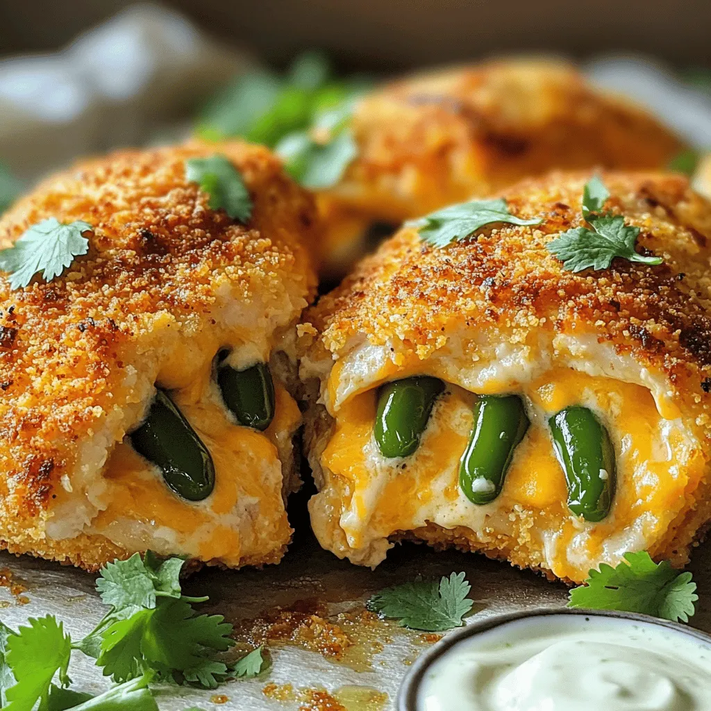 - 4 Hähnchenbrustfilets, ohne Knochen und Haut - 113 g Frischkäse, weich - 120 g geriebener Cheddarkäse - 120 g Jalapeños, fein gewürfelt (frisch oder eingelegt) - 1 Teelöffel Knoblauchpulver - 1 Teelöffel Zwiebelpulver - 1 Teelöffel Paprika - Salz und Pfeffer nach Geschmack Die Hauptzutaten machen dieses Gericht besonders. Hähnchenbrust ist saftig und zart. Frischkäse und Cheddar sorgen für Cremigkeit. Jalapeños bringen den nötigen Kick. Gewürze wie Knoblauch- und Zwiebelpulver runden den Geschmack ab. Paprika gibt eine süße Note. - 60 g Semmelbrösel (Panko für extra Knusprigkeit) - Olivenöl-Spray Panko ist der Schlüssel für eine knusprige Textur. Es ist leichter und luftiger als normale Semmelbrösel. Das Olivenöl-Spray verbessert die Bräunung. So wird die Kruste goldbraun und lecker. Heize deinen Airfryer auf 190 °C (375 °F) vor. Das sorgt für eine gleichmäßige Garung. Die richtige Temperatur ist wichtig, um die Hähnchenbrust knusprig zu machen. Lass den Airfryer einige Minuten laufen. So kannst du sicher sein, dass er bereit ist, wenn dein Hähnchen gefüllt ist. Vermische in einer Schüssel die folgenden Zutaten: - 113 g Frischkäse, weich - 120 g geriebener Cheddarkäse - 120 g Jalapeños, fein gewürfelt - 1 Teelöffel Knoblauchpulver - 1 Teelöffel Zwiebelpulver - 1 Teelöffel Paprika - Salz und Pfeffer nach Geschmack Rühre alles gut um. Die Mischung sollte gleichmäßig und cremig sein. Das gibt der Füllung einen tollen Geschmack. Du kannst frische oder eingelegte Jalapeños verwenden. Beides schmeckt lecker! Nimm die Hähnchenbrustfilets und schneide vorsichtig ein längliches Fach hinein. Achte darauf, nicht ganz durchzuschneiden. Fülle jede Hähnchenbrust großzügig mit der Jalapeño-Creme-Käsemischung. Wenn du willst, kannst du die Öffnungen mit Zahnstochern sichern. Sprühe etwas Olivenöl auf die gefüllten Hähnchenbrüste. Tauche jede Seite in die Semmelbrösel. Das gibt eine knusprige Kruste. Verwende Panko für Extra-Knusprigkeit. Lege die gefüllten Hähnchenbrustfilets in den Korb des Airfryers. Lass genug Platz zwischen ihnen, damit sie gleichmäßig garen. Koche die Hähnchenbrustfilets für 15-18 Minuten. Wende sie zur Hälfte der Garzeit. So werden sie gleichmäßig goldbraun. Achte darauf, dass die Innentemperatur 75 °C (165 °F) erreicht. Wenn sie fertig sind, nimm sie aus dem Airfryer und lass sie einige Minuten ruhen. Danach kannst du sie in Scheiben schneiden. Um die Füllung cremig zu halten, ist die Wahl der Zutaten wichtig. Verwenden Sie weichen Frischkäse. Der Frischkäse sorgt für eine schöne Konsistenz. Mischen Sie ihn gut mit dem geriebenen Cheddar und den Jalapeños. Fügen Sie Knoblauchpulver, Zwiebelpulver und Paprika hinzu. Diese Gewürze bringen tollen Geschmack. Achten Sie darauf, die Mischung nicht zu trocken zu machen. Wenn die Füllung zu dick ist, können Sie einen kleinen Spritzer Sahne hinzufügen. Um eine knusprige Textur zu bekommen, nutzen Sie Panko-Semmelbrösel. Diese sind grober als normale Semmelbrösel und machen das Hähnchen knuspriger. Tauchen Sie die gefüllten Hähnchenbrustfilets zuerst in Olivenöl. Dann wenden Sie sie in den Panko-Bröseln. Stellen Sie sicher, dass die Brösel gleichmäßig auf den Hähnchenbrüsten verteilt sind. Ein leichtes Sprühen mit Olivenöl hilft ebenfalls, die Brösel gut zu verbinden. Die Garzeiten können je nach Dicke der Hähnchenbrust variieren. Für dünnere Hähnchenbrüste sind 15 Minuten oft genug. Dickere Stücke benötigen bis zu 18 Minuten. Nutzen Sie ein Fleischthermometer, um die Innentemperatur zu überprüfen. Diese sollte 75 °C (165 °F) betragen. So stellen Sie sicher, dass das Hähnchen durchgegart ist. Wenn Sie dickere Stücke verwenden, drehen Sie sie nach der Hälfte der Garzeit um. {{image_4}} Wenn du eine vegane Variante von Air Fryer Jalapeño Popper Stuffed Chicken machen möchtest, gibt es tolle Alternativen. Statt Hähnchen kannst du Seitan oder Tofu verwenden. Diese Produkte haben eine ähnliche Textur und nehmen gut den Geschmack auf. Für den Käse ersetze Frischkäse und Cheddar durch pflanzliche Alternativen. Es gibt viele leckere Optionen aus Nüssen oder Soja. So bleibt der Geschmack intensiv und cremig. Du kannst das Rezept nach deinem Geschmack anpassen. Probiere andere Gemüsesorten wie Spinat oder Paprika. Diese bringen frische Farben und Aromen. Du kannst auch verschiedene Käsesorten verwenden. Mozzarella oder Gouda schmecken ebenfalls toll. Die Möglichkeiten sind fast endlos! Lass deiner Kreativität freien Lauf und entdecke neue Kombinationen. Die Schärfe ist wichtig für den perfekten Genuss. Wenn du es milder magst, nimm weniger Jalapeños oder verwende milde Paprikas. Du kannst auch die Kerne entfernen, da diese den meisten Schärfegrad haben. Für Fans von scharfen Aromen, füge mehr Jalapeños hinzu oder verwende scharfen Käse. Ein Spritzer scharfe Sauce kann ebenfalls helfen! Passe die Schärfe einfach nach deinem Geschmack an. Um die gefüllten Hähnchenbrustfilets frisch zu halten, bewahren Sie sie in einem luftdichten Behälter auf. Lassen Sie die Hähnchen vor dem Lagern auf Raumtemperatur abkühlen. So bleibt die Füllung cremig und die Hähnchenbrust saftig. Sie können die Reste auch mit etwas Frischhaltefolie abdecken, falls Sie keinen Behälter haben. Lagern Sie sie im Kühlschrank für bis zu drei Tage. Die besten Methoden zum Wiedererwärmen sind der Airfryer oder der Ofen. Wenn Sie den Airfryer verwenden, stellen Sie ihn auf 160 °C (320 °F). Legen Sie die Hähnchenbrust für etwa 10 Minuten hinein. Dies hält die Kruste knusprig. Im Ofen können Sie die Hähnchen bei 180 °C (350 °F) für 15-20 Minuten erwärmen. Decken Sie die Hähnchenbrust mit Folie ab, um ein Austrocknen zu verhindern. Die Reste sind im Kühlschrank bis zu drei Tage haltbar. Wenn Sie die Hähnchen länger aufbewahren möchten, können Sie sie einfrieren. Wickeln Sie jede Hähnchenbrust gut in Frischhaltefolie ein und legen Sie sie in einen gefrierfreundlichen Behälter. Im Gefrierschrank halten sie sich bis zu drei Monate. Achten Sie darauf, sie gründlich aufzutauen, bevor Sie sie wieder erwärmen. Die Zubereitungszeit für das gefüllte Hähnchen beträgt etwa 15 Minuten. Die Kochzeit im Airfryer dauert 15 bis 18 Minuten. Insgesamt sollten Sie also mit rund 30 Minuten rechnen, um ein köstliches Gericht zu genießen. Ja, Sie können andere Käsesorten verwenden. Mozzarella gibt eine schöne, schmelzende Textur. Gouda hat einen süßen, nussigen Geschmack. Frischkäse bleibt eine gute Basis für die Füllung. Nutzen Sie, was Ihnen am besten gefällt! Zu diesem Gericht passen viele Beilagen. Ein frischer grüner Salat bringt Farbe und Frische. Reis oder Quinoa sind tolle Optionen, um das Gericht zu ergänzen. Auch knusprige Pommes oder Gemüse sind eine gute Wahl. Um die perfekte Garstufe zu erreichen, messen Sie die Innentemperatur. Hähnchenbrust sollte 75 °C (165 °F) erreichen. Wenn Sie keinen Thermometer haben, schneiden Sie das Hähnchen auf. Es sollte ganz durchgegart und nicht mehr rosa sein. Zusammenfassend haben wir die besten Zutaten für gefüllte Hähnchenbrust besprochen. Wir haben auch eine Schritt-für-Schritt-Anleitung für die Zubereitung im Airfryer gegeben. Tipps für die perfekte Füllung und knackige Textur helfen Ihnen, das Gericht zu perfektionieren. Variationen bieten Ihnen kreative Alternativen, während unsere Lagerungshinweise dafür sorgen, dass Reste frisch bleiben. Experimentieren Sie mit den Rezepten und genießen Sie jede köstliche Biss. Kochen kann einfach und spaßig sein!