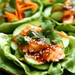 Für die Marinade brauchst du einige wichtige Zutaten. Diese geben dem Lachs seinen tollen Geschmack. Hier sind die Zutaten, die du benötigst: - 3 Esslöffel Süßchilisauce - 1 Esslöffel Sojasauce - 1 Teelöffel Sesamöl - 1 Knoblauchzehe, fein gehackt - 1 Esslöffel frischer Ingwer, gerieben - 1 Esslöffel Limettensaft Diese Mischung sorgt für die perfekte Balance zwischen süß und herzhaft. Der Knoblauch und der Ingwer bringen eine schöne Schärfe. Die Sojasauce fügt Tiefe hinzu. Jetzt kommen die frischen Zutaten für die Wraps. Diese Zutaten bringen Textur und Frische. Du brauchst: - 1 Kopf Butterkopfsalat, Blätter getrennt - 1 kleine Gurke, fein geschnitten - 1 Karotte, julienniert Die Salatblätter dienen als leckere Hülle. Sie sind knackig und frisch. Gurken bringen eine kühle Note und Karotten sind süß und knackig. Diese Kombination macht die Wraps leicht und lecker. Um deine Wraps noch aufregender zu machen, kannst du sie garnieren. Hier sind einige Ideen: - Frische Korianderblätter - Sesamkörner Koriander bringt ein frisches Aroma. Sesamkörner fügen einen nussigen Crunch hinzu. Du kannst auch mehr Süßchilisauce darüber träufeln, wenn du es süßer magst. Diese kleinen Extras machen einen großen Unterschied! Zuerst bereiten wir die Marinade vor. Mischen Sie in einer kleinen Schüssel die Süßchilisauce, Sojasauce, Sesamöl, den gehackten Knoblauch, den geriebenen Ingwer und den Limettensaft. Diese Mischung gibt dem Lachs einen tollen Geschmack. Legen Sie die Lachsfilets in eine flache Schüssel. Gießen Sie die Marinade gleichmäßig über die Filets. Lassen Sie das Ganze mindestens 20 Minuten ziehen. So kann der Lachs die Aromen gut aufnehmen. Heizen Sie Ihren Grill oder eine Pfanne auf mittlerer Hitze vor. Nehmen Sie die Lachsfilets aus der Marinade, aber bewahren Sie die Marinade für später auf. Braten Sie den Lachs etwa 4-5 Minuten auf jeder Seite. Der Lachs sollte sich leicht mit einer Gabel zerteilen lassen, wenn er gar ist. In den letzten Minuten des Kochens bestreichen Sie den Lachs mit der aufbewahrten Marinade. Das bringt noch mehr Geschmack. Während der Lachs kocht, waschen Sie die Butterkopfsalatblätter. Tupfen Sie sie mit einem Küchentuch trocken. Legen Sie die Blätter dekorativ auf ein Serviergericht. Sobald der Lachs gar ist, zerteilen Sie ihn in mundgerechte Stücke. Verteilen Sie den Lachs auf den Salatblättern. Fügen Sie die geschnittenen Gurken, die juliennierten Karotten und die frischen Korianderblätter hinzu. Zum Schluss streuen Sie Sesamkörner über die Wraps. Wenn Sie möchten, träufeln Sie etwas zusätzliche Süßchilisauce darüber. Servieren Sie die Wraps sofort mit Limettenspalten an der Seite. So bleibt alles frisch und lecker. Die Marinade macht den Lachs besonders lecker. Mischen Sie Süßchilisauce, Sojasauce, Sesamöl, Knoblauch, Ingwer und Limettensaft. Diese Zutaten geben dem Lachs einen tollen Geschmack. Legen Sie die Lachsfilets in die Marinade. Lassen Sie sie mindestens 20 Minuten ziehen. So ziehen die Aromen gut ein. Wenn Sie mehr Zeit haben, lassen Sie den Lachs länger marinieren. Das macht ihn noch geschmackvoller. Für das Kochen des Lachses können Sie einen Grill oder eine Pfanne nutzen. Ein Grill gibt dem Lachs ein tolles Aroma. Er sollte auf mittlerer Hitze sein, damit der Lachs gleichmäßig gart. Wenn Sie eine Pfanne nutzen, wählen Sie eine mit Antihaftbeschichtung. So bleibt der Lachs nicht kleben. Erhitzen Sie die Pfanne gut, bevor Sie den Lachs hinzufügen. Die ideale Temperatur zum Kochen von Lachs liegt bei etwa 62 Grad Celsius. Sie können ein Fleischthermometer verwenden, um sicherzustellen, dass der Lachs gut durch ist. Achten Sie darauf, dass der Lachs leicht zart ist und sich mit einer Gabel teilen lässt. Vermeiden Sie es, den Lachs zu lange zu garen. So bleibt er saftig und zart. Wenn Sie diese Tipps befolgen, gelingt Ihnen der perfekte Lachs in Ihren Sweet Chili Salmon Lettuce Wraps. {{image_4}} Sie können die Wraps nach Ihrem Geschmack anpassen. Hier sind einige Ideen: - Salatblätter: Verwenden Sie auch Romanasalat oder Mangold. - Gemüse: Fügen Sie geschnittene Paprika oder Avocado hinzu. - Nüsse: Streuen Sie einige gehackte Erdnüsse oder Cashewkerne darüber. Diese Variationen bieten neue Texturen und Geschmäcker. Experimentieren Sie, um Ihre perfekte Kombination zu finden. Die Marinade ist der Schlüssel zu diesem Gericht. Hier sind einige Varianten: - Scharf: Fügen Sie eine Prise Chili oder Sriracha hinzu. - Süß: Ersetzen Sie einen Teil der Süßchilisauce mit Honig oder Ahornsirup. - Fruchtig: Probieren Sie Ananassaft oder Orangenmarmelade für einen fruchtigen Kick. Diese Anpassungen sorgen für einen besonderen Geschmack und machen das Rezept interessanter. Wenn Sie spezielle Diätbedürfnisse haben, gibt es viele Anpassungen: - Glutenfrei: Verwenden Sie glutenfreie Sojasauce anstelle der normalen. - Vegan: Tauschen Sie den Lachs gegen Tofu oder Tempeh. - Paleo: Verwenden Sie frische Kräuter und verzichten Sie auf die Sojasauce. Diese Anpassungen ermöglichen es jedem, die Wraps zu genießen. Sie sind flexibel und leicht abwandelbar. Wenn du Lachsreste hast, bewahre sie gut auf. Lege die Reste in einen luftdichten Behälter. Du kannst sie bis zu drei Tage im Kühlschrank aufbewahren. Stelle sicher, dass der Lachs kühl bleibt. So bleibt der Geschmack frisch und lecker. Die Wraps sind am besten frisch. Wenn du sie aufbewahren musst, packe sie sorgfältig ein. Nutze Frischhaltefolie oder einen luftdichten Behälter. Lagere sie im Kühlschrank. Du solltest die Wraps innerhalb von zwei Tagen essen. So bleibt der Salat knusprig und der Lachs saftig. Die Wraps halten sich etwa zwei Tage im Kühlschrank. Wenn du sie aufwärmen möchtest, benutze die Mikrowelle. Lege die Wraps auf einen Teller. Decke sie mit einem feuchten Papiertuch ab. Erhitze sie für 30 Sekunden. Prüfe, ob sie warm sind. Wenn nicht, erhitze sie weiter in 15-Sekunden-Intervallen. So bleiben sie lecker. Die Lachsfilets sollten mindestens 20 Minuten mariniert werden. Diese Zeit hilft, die Aromen gut aufzunehmen. Wenn Sie mehr Zeit haben, lassen Sie den Lachs bis zu einer Stunde marinieren. Das macht den Geschmack noch intensiver und leckerer. Ja, Sie können die Wraps im Voraus zubereiten, aber nicht ganz fertigstellen. Bereiten Sie den Lachs und die Marinade im Voraus zu. Wickeln Sie die Salatblätter und die Füllungen getrennt ein. So bleiben die Blätter frisch und knusprig. Bauen Sie die Wraps kurz vor dem Servieren zusammen. Zu den Wraps passen viele Beilagen gut. Eine frische Avocado-Salsa bringt Cremigkeit. Ein einfacher Reis oder Quinoa-Salat ergänzt die Wraps. Auch eine scharfe Dip-Sauce kann toll sein. Experimentieren Sie mit verschiedenen Beilagen, um Ihre Lieblingskombination zu finden! Um leckere Lachs-Wraps zu genießen, brauchen Sie frische Zutaten und eine gute Marinade. Sie haben gelernt, wie Sie die Marinade zubereiten, den Lachs richtig kochen und die Wraps zusammenstellen. Denken Sie an die Tipps, um den Lachs perfekt zu marinieren und zuzubereiten. Variieren Sie mit verschiedenen Zutaten, um neue Geschmäcker zu entdecken. Bewahren Sie Reste richtig auf, um die Frische zu erhalten. Kochen macht Spaß und mit diesen einfachen Schritten wird es noch besser! Viel Freude beim Ausprobieren!