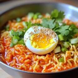 - 200g Instant-Nudeln - 1 Tasse Kimchi, grob gehackt - 2 Esslöffel Gochujang - 1 Esslöffel Sesamöl - 1 Teelöffel Sojasauce - 1 Teelöffel Zucker Ich liebe, was ich koche. Jedes Mal, wenn ich diese Zutaten sehe, freue ich mich. Die Instant-Nudeln sind einfach und schnell. Kimchi bringt viel Geschmack. Gochujang gibt die nötige Schärfe. Sesamöl fügt einen nussigen Geschmack hinzu. Sojasauce gibt einen salzigen Kick, und Zucker balanciert alles aus. - 1 weichgekochtes Ei - Frischer Koriander zur Garnierung - 1 Frühlingszwiebel, in Ringe geschnitten - 1 Esslöffel geröstete Sesamsamen Wenn du etwas mehr willst, kannst du ein weichgekochtes Ei hinzufügen. Es macht die Nudeln noch besser. Frischer Koriander sieht toll aus und schmeckt frisch. Die Frühlingszwiebel gibt einen tollen Crunch. Die gerösteten Sesamsamen sind perfekt für zusätzlichen Geschmack. Mit diesen Zutaten wird dein Gericht noch besser. Zuerst müssen Sie die Instant-Nudeln kochen. Bringen Sie einen Topf mit Wasser zum Kochen. Fügen Sie die Nudeln hinzu und kochen Sie sie etwa 3 bis 4 Minuten. Achten Sie darauf, sie nicht zu lange zu kochen. Sie sollen weich, aber nicht matschig sein. Nach dem Kochen gießen Sie das Wasser ab und stellen die Nudeln beiseite. Jetzt machen wir die Kimchi-Sauce. Nehmen Sie eine große Schüssel und geben Sie das gehackte Kimchi, Gochujang, Sesamöl, Sojasauce und Zucker hinein. Mischen Sie alles gut. Die Mischung sollte scharf, aber auch ausgewogen schmecken. Das richtige Verhältnis macht den Unterschied. Jetzt kommen die Nudeln in die Schüssel mit der Sauce. Seien Sie vorsichtig und vermengen Sie alles gut. Rühren Sie die Nudeln langsam um, damit die Sauce gleichmäßig verteilt wird. Fügen Sie dann die Frühlingszwiebel und die gerösteten Sesamsamen hinzu. Diese geben einen tollen Crunch. Wenn Sie möchten, können Sie auch ein weichgekochtes Ei hinzufügen. Um die Schärfe deiner Kimchi-Nudeln anzupassen, kannst du die Menge von Gochujang ändern. Wenn du es milder magst, benutze weniger. Für mehr Hitze, füge mehr hinzu. Es ist wichtig, die Schärfe nach deinem Geschmack zu regulieren. Gönn dir etwas Zeit, um die perfekte Balance zu finden. Frisches Kimchi ist ein echter Genuss. Es hat einen knackigen Biss und mehr Geschmack. Wenn du frisches Kimchi verwendest, achte darauf, dass es gut fermentiert ist. Das gibt den Nudeln eine tolle Tiefe. Du kannst auch verschiedene Sorten ausprobieren. Die Anrichtung macht viel aus. Verwende eine schöne Schüssel, um deine Nudeln zu servieren. Eine einfache, aber effektive Idee ist, die Nudeln spiralförmig zu stapeln. Das wirkt frisch und einladend. Frische Kräuter bringen Farbe und Geschmack. Koriander passt perfekt zu den scharfen Aromen. Du kannst auch Frühlingszwiebeln oder Basilikum verwenden. Diese Kräuter machen deine Nudeln noch leckerer. Ein häufiger Fehler ist, die Nudeln zu lange zu kochen. Dies macht sie matschig. Achte auf die Kochzeit auf der Verpackung. Halte dich immer an die Anweisungen. Ein weiterer Fehler ist, die Sauce nicht gut zu mischen. Das führt dazu, dass einige Nudeln ungewürzt bleiben. Mische die Nudeln und die Sauce gründlich. So bekommst du einen gleichmäßigen Geschmack. Wenn das Kimchi zu salzig ist, füge etwas Zucker hinzu. Das gleicht die Aromen aus. Mit diesen Tipps gelingt dir eine perfekte Portion Kimchi-Nudeln. {{image_4}} Wenn du nach einer proteinreicheren Option suchst, kannst du Tofu oder Hähnchen hinzufügen. Tofu ist einfach zuzubereiten. Du kannst es in Würfel schneiden und anbraten. Hähnchen passt gut, wenn du es würzend brätst. Beide Optionen machen das Gericht nahrhafter. Wenn du vegetarisch essen möchtest, sind Pilze oder Erbsen eine tolle Wahl. Sie fügen Geschmack und Textur hinzu. Du musst nicht nur bei Instant-Nudeln bleiben. Soba-Nudeln oder Reismehl-Nudeln sind lecker und gesund. Soba-Nudeln sind aus Buchweizen und haben einen nussigen Geschmack. Sie brauchen etwas länger zum Kochen. Achte darauf, die Kochzeit in der Anleitung zu überprüfen. Reismehl-Nudeln sind glutenfrei und kochen schnell. Sie sind perfekt für eine schnelle Mahlzeit. Kimchi gibt es in vielen Sorten. Du kannst verschiedene Arten nutzen, wie mildes oder scharfes Kimchi. Wenn du ein Fan von frischem Geschmack bist, probiere selbstgemachtes Kimchi. Es ist einfach und macht viel Spaß. Du kannst die Schärfe und die Zutaten nach deinem Geschmack anpassen. Das macht deine Kimchi-Nudeln noch spezieller. Um Reste der Kimchi-Nudeln zu lagern, benutze einen luftdichten Behälter. Stelle sicher, dass die Nudeln abgekühlt sind, bevor du sie einpackst. So bleiben sie frisch. Im Kühlschrank halten sie sich etwa drei Tage. Achte darauf, die Nudeln vor dem Essen zu überprüfen. Wenn sie schlecht riechen oder anders aussehen, wirf sie weg. Wenn du die Nudeln einfrieren möchtest, gehe so vor: 1. Lass die Nudeln vollständig abkühlen. 2. Teile sie in Portionen auf. 3. Packe jede Portion in einen Gefrierbeutel. 4. Drücke die Luft heraus und verschließe den Beutel gut. Du kannst die gefrorenen Nudeln später in Suppen oder Pfannengerichten verwenden. Sie sind schnell und einfach zuzubereiten. Um die Kimchi-Nudeln aufzuwärmen, gibt es einige Methoden. Am besten ist, sie in einer Pfanne bei mittlerer Hitze zu erhitzen. Füge etwas Wasser oder Sesamöl hinzu, damit sie nicht kleben. - Zeit: Erhitze die Nudeln etwa 5 bis 7 Minuten lang. - Temperatur: Achte darauf, dass sie heiß, aber nicht verbrannt sind. Alternativ kannst du die Nudeln in der Mikrowelle aufwärmen. Stelle sie in eine mikrowellengeeignete Schüssel. Decke die Schüssel ab und erhitze sie in 1-Minuten-Intervallen. Rühre die Nudeln zwischendurch um. Kimchi-Nudeln sind nicht nur lecker, sondern auch gesund. Hier sind einige Vorteile: - Kimchi ist reich an Probiotika. Diese guten Bakterien fördern die Verdauung. - Es enthält viele Vitamine, wie Vitamin C und K. Diese stärken das Immunsystem. - Gochujang hat Antioxidantien. Diese helfen, den Körper zu schützen. - Die Nudeln bieten schnell Energie. Ideal für einen aktiven Lebensstil. Insgesamt sind Kimchi-Nudeln eine nährstoffreiche Wahl für jede Mahlzeit. Ja, Sie können die Nudeln im Voraus zubereiten. Hier sind einige Tipps: - Kochen Sie die Nudeln und lassen Sie sie abkühlen. - Lagern Sie die gekochten Nudeln in einem luftdichten Behälter. - Sie können die Kimchi-Sauce auch vorher machen. Mischen Sie alles kurz vor dem Servieren. - Reste können bis zu drei Tage im Kühlschrank bleiben. So sparen Sie Zeit und genießen trotzdem ein schnelles, scharfes Gericht. Viele Beilagen passen gut zu Kimchi-Nudeln. Hier sind einige Vorschläge: - Ein frischer Salat mit Gurken und Karotten. Das bringt Crunch. - Gegrilltes Gemüse, wie Zucchini oder Paprika. Das ergänzt die Nudeln gut. - Ein einfaches Getränk, wie grüner Tee oder Wasser. Das hilft, die Schärfe auszugleichen. - Ein weichgekochtes Ei obendrauf macht das Gericht vollwertiger. Diese Beilagen machen Ihre Mahlzeit noch besser. Kimchi-Nudeln sind ein schnelles und schmackhaftes Gericht, das jeder zubereiten kann. Wir haben die Hauptzutaten und deren Zubereitungsschritte besprochen. Außerdem lernst du, wie du die perfekten Kimchi-Nudeln präsentierst und häufige Fehler vermeidest. Variationen und Lagerungshinweise bieten dir kreative Optionen. Diese Nudeln sind nicht nur lecker, sie sind auch gesund und vielseitig. Probier sie aus und bring frischen Wind in deine Küche!